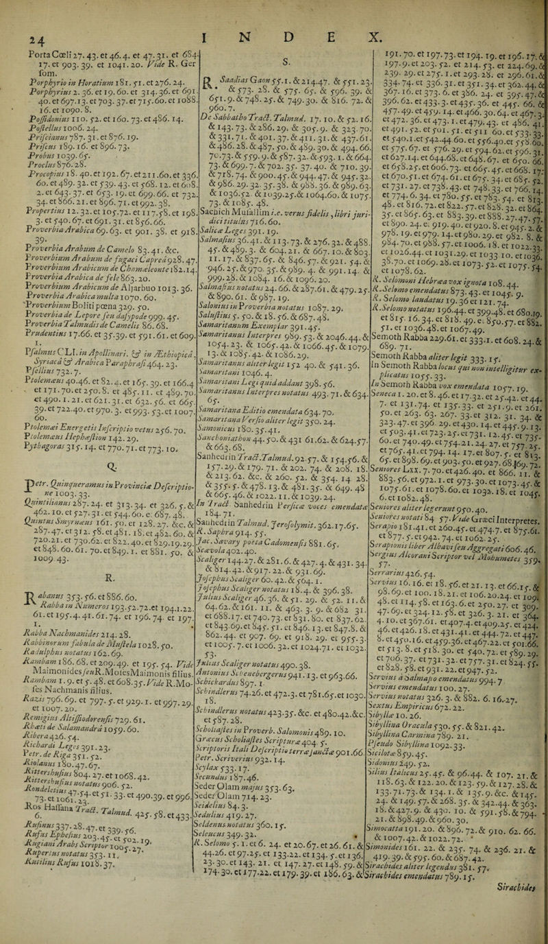 Porta Coeli 27.43. et 46.4. et 47.31. et 684. 17. et 903. 39. et 1041.20. R. Ger fom. Porphyrio in Horatium 181. 71. et 276. 24. Porphyrius 2. f6. et 19.60. et 314.36. et 691. 40. et 697.13. et 703. 37. et 715.60. et 1088. 16. et 1090. 8. Pojjidonius 110. 72. et 160. 73. et 486.14. Pojiellus 1006. 24. Prifcianus 787. 31. et 876.19. Prifcus 189.16. et 896. 73. Probus 103,9.6$. Procius 876. 28. Procopius 18. 40. et 192. 67. et 211.60. et 336. 60. et 489. 32. et 539. 43. et 5-68.12. et 608. 2. et 643. 37. et 653. 19. et 699.66. et 732 34. et 866.21. et 896. 71. et 992.38. Propertius 12.32.et 107.72. et 117.78. et 198. 3. et 5-40.67. et 691.31. et 85-6.66. Proverbia Arabica 69.63. et 901. 38. et 918. s. 39* Proverbia Arabum de Camelo 83.4 r. &c> Proverbium Arabum de fugaci Caprea 928. 47 Proverbium Arabicum de Chamceleonte 182.14. Proverbia Arabica de feleS6^. 20. Proverbium Arabicum de Aljarbuo 1013. 36. Proverbia Arabicamulta 1070. 60. ProverbiumBoliti pcena 329. 5-0. Proverbia de Lepore feu dajypode 999. 45. Proverbia Talmudisde Camelis 86. 68. Prudentius 17.66. et 37.39. et 791.61. et 609. 1. Pfalmus C. Ll* in Apollinari. in Ahthiopicd. Syriaca Arabica P araphrafi 464. 23. Pfellius 732. 7. Ptolernceus 40.46. et 82.4. et 165. 39. et 166.4 . et i7i.7o.et27Q.8. er 487.11. et 489.70. et 490.1.21. et 621.31. et 632.76. et 667. 39.et 722.40* et 970.3. et993. 73.et 1007 Ptolemai EuergetisInfcriptto vetus 276. 70. Ptolemaus Hephaflion 142. 29. Pyth agor as 317.14. et 770.71. et jyf 10, QL- ~P£tr- Qftn fueramus in Provincia Defer iptio ^ 1003.33. r Quintilianus 287. 24. et 313.34. et 326. 7. & 462. IO. et 727.31. et 734.6(). e: 687.48.. yuintus Smyrnaus 161.70. et 128.27. &c. & 287.47. et 312. 78. et 481.18.et 482. 60. & 7^.2!.et 730.62. et 822.40.et 829.19.29. et 848. 60. 61. 70. et 849.1. et 881. 70. & 100943. R. R' ab anus 373. 76. et 886.60. ‘ Rabbam Numeros i93.72.72.Ct 194.1.22. 61. et 197.4.41.61.74. et 196. 74, et 197. I ♦ Rabba Nachmanides 214. 28. Rabbinorum fabula de Muftela 1028. 70. Radulphus notatus 162. 69. Rambam 186. 68. et 209.49. et 197.74. Vide Maimonides/e/*R.MoIesMairnonis filius. Rambam 1.9. ct 7.48. et 608.37. Vide R.Mo- les Nachmanis filius. Razis 796.69. et 797. 7. et 929.1. et 997.29. et 1007. 20. Remigius Altijfiodorenjis 729. 61. Rbceti de Salamandrd 1079. 60. Ribera 426. 74. Richardi Leges 391.22. Vpetrpde Rigari. S2jf dii olanus 180.47.67. Rht7rhhMfirMS 8°4'27> ct io68-42* 73- et io64v7'i7 33' “ 49°'39- “ 99« *°6. Haflana W. r«/W. 427. 78. et433. ffVV >l8'47-et33 s,.^ Pphefius 203.4/g5; Rngiani ArabsScripsi i00l ^ 9‘ Ruper tus notatus 373.11, Rutilius Rufus 1018.37. Saadias Gaongg.i. &214.47. & 771.23. & 773. 28. & 777. 67. & 796. 39. & 671.9. & 748. 27. & 749.30. & 816. 72. & 960.7. De Sabbatho fradl. Palrnud. 17. 10. & 72.16. & J43- 73- &2,86.29. & 307.9. & 323.70. & 331.71. &40I. 37. &4II. 31. & 437.61. &486.28.61487. 70. & 489.30. & 494.66. 70.73. & 779. 9. & 5*87.32. <§0793.1 • & 664. 73. & 699.7. & 702. 37. 37.40. & 710.39 & 718.74. & 900.47.& 944.47. & 947.32 & 986. 29.32. 37.38. & 988.36. & 989.63. & 1036.72. &1039.27.& 1064.60.& 1077. 73. & 1087. 48. Sachich JVlulallim 1 .e. verus fidelis 5 libri juri dici titulus 716. 60. SalicaLeges 3,91. 19. S almafius 3,6.41.6:113.73. & 276. 32: & 488. 47. 6:489. 3. & 604. 21. & 667. 10. & 803. II. 17. & 837. 67. & 846. 77. &921. 74. & 946.27.6:970. 37. 6:989. 4. & 991.14. & 999. 28.6:1084. 16.6:1096. 20. Salmafiusnotatus24. 66. 6:287.61.6:470. 20. 6:890. 61. 61987.19. SaloniusinProverbia notatus 1087. 29. Salufiius 7. 70.6:18.76.6:687.48. Samaritanum Exemplar 391.47.' Samaritanus Interpres 989. 73. 6: 2046.44. 6t 1074.23. 6: 1067.42.6:1066.47.6:1079. i 13. & 1087.42. & 1086.29. Samaritanus aliter legit 172 ’ 40. & 741. ->6. Samaritani 1046. 4.. Samaritani Legi quid addant 398. 76. Samaritanus Interpres notatus 493.71.6: 634. Samaritana Editio emendata 634. 70. Samaritana Verfio aliter legit 370. 24. Samonicus 180.37.41. Sanchoniathon 44. 70.6:431 61.62. 6: 624.07. 6:663.68. Sanhedrin 7radi.Talmud.92.59. & 174.76. 6: 177-29-& 179- 71- &202. 74. & 208. 18. & 213.62. &c. 6: 260. 72. 6: 374. 14 28. ^35*5'*7* &478.13.6: 481.37. 6c 649. 48 6: 667.46. 6:1022.11.6:1039.24. In ‘Irati Sanhedrin Perfica voces emendata i84- 71* Sanhedrin 7'almud. Jerofolymit. 362.17.67. /C. Saphra 914. 77. Jac- bavary poeta Cadomenfs 881.67. Scavola402.40. Scaliger 144.27. 6: 281.6. 6: 427. 4. 6:431. 34. 6: 814.42.6:917.22.& 931.69. jofephus9caliger 60. 42. 6: 764. I. f ofephus Scaliger notatus 18.4. 6: 396.38. Julius Scaliger 46.36. 6:71. 29. & 72^1 r.& 64.62.&161. 11. & 463. 3. 9. 6:682 31. et 688.17. et 740.73. er 831.80. et 837.62. et 843.69.et 847. 71. et 846.13. et 847.8. 6t 862.44. 9°7- 69. et 918. 29. et 977.3 et 1007. 7. et 1006. 32. et 1024.71. et 1032 53- Julius Scaliger notatus 490. 38. Antonius Schenebergerus941.13. et 96^.66. Schickardus%99. j Schindlerus 74.26.et 472.3. et 781.67.et 1030. 18. J Schindlerus' notatus423.35. &c. et 480.42.&C. ^ et 787.28. T Scholiajies in Proverb. Salomonis 489. 10. vjracus Scholtafles Scriptura404. 5. Scriptoris Itali Dejcriptie terraJ an Sta 901.66 rerr. Scriverius 932.14. Scylax 733.17. Secundus 187.46. Seder Olam majus 373.63. Seder Olam 714.23. Seidelius 84.3. Sedulius 419. 27. Seldenus notatus 360. 17. Seleucus 349. 32. , R.Selomo 7.1. et 6. 24. et 20.67. et 26.61. & 44*26- et 97.27. et 133.22. et 134. 7. et 136. 2-3- 30. et 143. 21. et, 147. 27. et 148. 79.6t 4 J ‘ “J ‘ • 1t/* x A40, 3 9* ot oiradoiaes altter legendus 3ol. 74- o°. et -i 77*22* et 179.39. et 186.63.6: Strackides emendatus 789.17. I9I-70. et 197.73.et 194.19. et 196.17. 197- 9-et 2°3- 72- et 2,14. 73. et 224.69. 239. 29. et 277.1. et 293.28. et 296.61. 334- 74- 336- 31-et 37*- 34- et 362.44. 367.16. et 373. 6. et 386. 24. et 397.47. 396.62. et 433.3. et 437.36. et 447. 66. 4) 7- 49*et 45*9* J4- et 4^6.30.64. et 467. 3. et 472. 36. et 473.1. et479.43. et 486. 41 et 740.1.et 742.44.60. et 776.40.et 778.60 et 777.67. et 776. 29. et 794.62. et 796. 31* et 627.14. et 644.68.ct 648.67. et 670. 66 et 678.27. et 606.73. et 667.47. et 668.17- et 670.71. et 674. 61. et 677. 34. et 687. eW-34.et 78o. 77. et 783. 74. et 813 48. et 816. 72. et 822.77. et 828.32. et 864. 37. et 867. 63. et 883.39. et 888.27.47. 4 978. 19. et979 14.et 980.29.et 982. 8. & 904.70. et 988. 77.et 1006. 18. et 1022 33 et1026.44. et 1031.29. et 1033 10. et 1036 30.70. et 1069.28*et 1073. 72-et 1077. 54 et 1078.62. n •>4* . Selomoni Hebraa vox ignota 108.44 R.Selomo emendatus 873. 43. et 1047.'9. a. oelorno laudatus 19. 36et 121. 74 R.Selomo notatus 196.44. et 399.48 et 680.19, et 817. 16.j4. ee 818. 49. ei 870.77. et 882. 71. et 1036.48. et 1067.49. Semoth Rabba 229.61. et 333.1. et 608.24. & ^ 689. 71. ^ Semoth Rabba aliter legit 333.17/ in Semoth Rabba locus qui non intelligitur ex* plicatus 1077 • 33- * /«Semoth Rabba vox emendata 1077 10 Sel“a 1'20'eI 8- ^4«-«i7.3i. ec zf.4i. „ 44. 7- « 131.74 et i3j.33. et ij-i.9.et 261. 70. et 263. 63. 267. 33.et 312. 3t. 34. & 323-47-ec 396 29- et43o. 14. et447. g I5 et 703.41.et 723.27. et 731. i2. ^ ety 60. et 740.49. et 774.21.24.27. et 777 4 «767 4I.et794.14. 17.et 807.7. et 813! 67. et 898.69. et 903.70. et 927.68.I69. yl. bemorc, Lxx. 7.70.et426.40. et 866. 11 & 883.76. et 972.1 et 973.30. et 1073.47. & 1077.61.et1078.60.et 1032.18.et 1047. 6.et 1082.48. ^4 Seniores aliter legerunt 950.40. Saniores notati 84 59. Vide Graeci Interpretes. Serapio 181.41. et 260.4^ et 474.7. et 877.61. et 577. 7. et 942. 74. et 1062.27. Serapionis liber Alhavifeu Aggregati 606.46. Sergius Alcoram Scriptor vel Mohumetes -cg Ser rarius 426.74. Servius 16.16. et 18.76. et 21.13. et 66.1 r & 9S.69.et ioo. 18.21. et 106.20.24. et lon 48.et 114.78. et 163.6.et 270.27^^ ££ *+7- 69. et 324.12.78. et 326.3. 21. et 364. 4aI°' er407-4-et4°9-25'* et424. 46. ct426.18. et 431.4l. et 444.72. et 447. S. er470.16.et479.36.et467.22.ee 501.66. et 713.8. et 718. 30. et 740. 72. et 789. 29. 3V et 731 • et 777.31 • et 824.77. . ct 02,8. 78. et 931.22. et 947.72. bervtus a 'Scilrnajto emendatus 994. J pervius emendatus ioo. 29. Servius notatus 326. 3. & 882. 6.16-27. Sextus Empiricus 692. 22. Sibylla 10. 26. Sibyllina Oracula 730. 77. & 821.42. Sibyllina Carmina 789. 21. Pjeudo Sibyllina IO92. 33. Sicilota 879.47. Sidonius I49. 72. Silius Italicus 25.45. & 96.44. & 107. 21. & I18.63.& 122.20.&123.79.&127.28& I33-7i-73-& I34*i*& J37-9-&C. &147. i4. & 149.37 & 268.37. & 342.44. & 363. 18.&427 9.& 430. IO. & 791.78.& 794. ■ 21. & 898. 49.&960. 30. Simo catta 191.20. 6C896.72.& 910. 62. 66. & 1007.42. & 1022.72. ' Simonides 161. 22. & 237. 74. & 236. 21. & .419-39* & 797* 60. & 687.42. Sirachides aliter legendus 381. 77,- Siracbidi fi» at