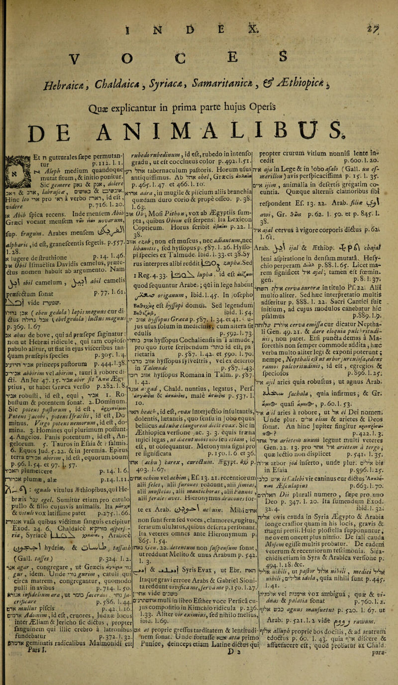 tur p. 112. 1* I • r&gt;&lt; Alepb medium quandoque mutat litum, &amp; initio ponitur. Si c gemere pNJ &amp; p3N, doler e ain &amp; 3iN, labrufcce, D'Bn»a &amp; Hinc leo nx pro 'Ni a verbo nNi, id eft, videre p. 716. 1.20. x Abib fpica recens. Indemenlem^^ Graeci vocant menfein rm non novarum, fup. frugum. Arabes menfem ,id eft, granefcentis fegetis. pT57- I.28. . • , s N lugere deftruthione p. 14. 1.40. 31N Obii Urnaelita Davidis camelus, praste dius nomen habuit ab argumento. Nam abii camelis praefedlum fonat P- 77* E ^1 !\&gt;Oj vide npDi? V S o N E S ip C E S Hebraica, Chaldaica &gt; Syriaca, Samaritanica, 0* Asthiopick Qiix explicantur in prima parte hujus Operis animalibus D E tbil camelum y?nj pN ( eben gedola) lapis magnus C ur di dius nbru Sun ^ ebelgedola) ludius magnus p. 369. I.67 3N abus de bove, qui ad praefepe faginatur: non ut Hebraei ridicule, qui tam copiolo pabulo alitur, ut fiat in ejus vifceribus tan- quam praefepisfpecies P-3°5',1,4- 3pnn tsx princeps pallorum p. 444-1 • 38• D'*v3x abhirim\e\abirim , tauri a robore di¬ di. Anjer 47.15*. vixabir Jit ’'A;rtfiEg\ ptius, ut habet Graeca ver lio p. 282.1.8. T3N robulli, id e(l, equi , T3X 1. Ro- bullum &amp; potentem fonat. 2. Dominum. Sic potens paftorum , id eft , Potens j acobi, potens Ifiraciis, id elt, Do minus. Virgo potens nemorum, id eft ^do¬ mina. 3. Homines qui plurimum poliunt. 4. Angelos. Panis potentum , id elt ^An¬ gelorum. 5-. Tauros in Efaia &amp; ffalmis 6. Equos Jud. 5-. 22. &amp;in Jeremia. Epirus terra on-att abirtm , id eft, equorum boum p.96. 1.5-4. et 97. \. $7. V3xn plurhetcere 14. 1. 6. nnax plumae, alae p.14.1.11 : ogualo vitulus /Ethiopibus,quiHe- braeis bjy egel. Sumitur etiam pro catulo pullo &amp; filio cujusvis animalis. Ita Vt&lt;TX-* &amp; vitult vox latifiime patet p^yy.L 66 nmx vafa quibus vidtimse fanguis excipitur Exod. 24. 6. Chaldaice x^ira afiperj ■- ria, Syriace |_LxX %ix.dvec, , Arabice hydrias, &amp; tafifiath ( Gall. tafifet) p. 324. 1.2. 1HN agar , congregare , ut Grascis ayilp» m gur, idem. Unde nu gurim , catuli qui circa matrem, congregantur, quomodo pulli in avibus p.714. 1» 50. XhUN infidelium ara , Ut 1D13 fiat er dos „ mu Ja- cnficare p. 5-86.1.44. C1N mullus pifcis p. 42.1.16. C*din Adomim , id eft, cruores, Judaeae locus inter ZEliam &amp; Jericho lic didlus , propter fanguinem qui illic crebro a latronibus fundebatur p.372.1.32 fihDlK geminatis radicalibus Maimonidi elt Pars I. rubedo rubedinum, id eft, rubedo in intenfo gradu, ut elt coccineus color p. 492il.fi. jn brfx tabernaculum paftoris. Horum ufus antiquiffimus. Ab bnx ohel^Graecis xvXxix p. 465-. I.47 et 466.I.10; niin adra, in mugile &amp; pilcium aliis btanchia quaedam duro corio &amp; prope olfeo. p. 38. I.63; 31N Ob\ Moli Pitbon^voxab JEgyptus fum- pta j quibus Obion eft ferpens. Ita Lexicon Copticum. Horus fcribit p.22. 1. 38. 3iix ezob, non eft mufcus, nec adiantum,nec libanotis, fed hyllopus p. 5'87- E 26. Hylfo pifpecies ex Talmude. ibid. 1. 33. et 38.Sy rus interpres alibi reddit zupha:Sed lReg.4.33. ) °in\ lupba, id eft «»£«« quod fequuntur Arabe^; qfii in lege habent JIA3.AO origanum , Ibid. 1.45-. In jofepho BxS-txfiz eft Joyfifopi domus» Sed legendum BvSitfip, ibid. 1.5-4. 3UX hyjfiopus Grceca p.5'87. 1. 34. et 41. v u- jus ulusfolum in medicinis', cum altera fit edulis p. 5-92.1.73- Snn 3i?x hylTopus Cochalienfis in 1 almude , pro quo forte fcrjbendum 'bnu id eft, pa rietaria p. 5-87. I.42. et 5-90. I.70. idiD 3HN hylTopus lylveltris i velexdelcrto in Talmude ., p. 5-87.1.43 on 3NX hyllopus Romana in Talm. p.5'87. 1. 42 ijtn a'gad , Chald. nuntius, legatus, Perf. 'a&lt;rywlv&gt;s uvxotilHS, male xrctih\s p. 5-37. 1 IO. iiNn heach, id eft, evax interjedio inlultantis, dolentis, laetantis, quo fenfu in jobo equus bellicus adtubce clangorem dicit evax. Sic in .ZEthiopica verfione jac. 3. 3. equis trama injici legas, ut dicent nobis oho leu etiam, id eft, ut oblequantur. Metonyrma ligni pro re fignificata p. 15-0.1.6 er 36. inx (achu ) carex, cnredlum. Tgypt. p. 403. I.671 D'nx ocbim \e\achim , Ef. 13. 21. recentiorum alii feles, alii furones reddunt, alii fimias, alii muftelas , alii mantichoras , aliibaunos , alii Jerales aves. Hieronymus dracones t or- \ propter crurum Vitium nonnili lente in=&gt; cedit p. 600.1.20. rrx aja in Lege &amp; in lobo afiald (Gall. Un ef- j^m//o»)avisperl]picaciffima p. 156 1. 35*. dvn ijim , animalia in defertis gregatim co¬ euntia. Quaeque alternis clainoribus libi refpondent Ef. 13. 22. Arab. filice l£j\ Gr. $Sis. p. 62. 1. 5-0. et p. 845*01. awi. 38. te ex Arab. achuin; MihioTix non funt ferae fed voces , clamores,rugitus, ferarum ululatus,quibus deferta perfonant Ita veteres omnes ante Hieronymum p 86y. 1.5-4. tsiNi Gen. 22. detentum non fiufipenfium fonat, ut reddunt Melito &amp; unus Arabum p. 5-42 L 3* &amp; jJLog&gt;| Syris Evax, ut Ebr. nxn Itaquegravi errore Arabs &amp; Gabriel Sioni- tareddunt vivificamejervame p.i 5-0.1.27.' pna vide □'iincnNmuli in libro Efther voce Perfica cu¬ jus compolitio in Kimchio ridicula p. 236. E33. Aliter vir eximius, fed nihilo melius, ibid. I.69. □N at proprie grefifus tarditatem &amp; lentitudi nem fonat. Unde fortalfe non atta primo 8-n ajal cervus a vigore corporis didus po62i. 1.61. Arab. &amp; ijai&amp;c Tthiop, ApA 'chajal leni afpirationein denfammutatas Hefy- chio perperam p. 88.1.65. Licet ma¬ rem fignincet 8’N ajal\ tamen eft foemin. geri. f . P-8; 11^71 inKtn nS'N cervadurorce in titulo Pf. 22I Alii multo aliter. Sed hscc interpretatio multis adferitur p. 888. 1. 22. Sacri Cantici fuit initium, ad cujus modulos canebatur hic pfalmus p.889.1.9. nni1?^ nb^N cerva emififia cur dicatur Neptha- li Gen. 49.21. &amp; dare eloquia pulchritudi¬ nis , non patet. Etfi puntta demas a Ma- forethis non femper commode addita j haec verba multo aliter legi &amp; exponi poterunt; nempe, Nepthali eft ut arboryurculofia^edens ramos pulchritudinis, id elt, egregios &amp; fpeciolos p. 896.1.25*. b’N ajil aries quia robuftus, ut agnus Arab» 2el.su* fiachala, quia infirmus j &amp; Gr» quali dpsv®, p. 60.I. 53. b'N a il aries a robore, ut Sn el Dei nomen» Unde plur. D’8n ehm &amp; arietes &amp; Deos fonat. An hinc Jupiter fingitur xyovrfra- 71&amp;’} p.422.1.3; inN b’N arietem unurti legfint multi veteres Gen. 22. 13. pro inN b’N arietem d tergo j quae ledtio non displicet P-TT* 1.35-. nb'N atbor jdd inferto, unde plur. d4&gt;’n bis in Efaia , p. 396.1.25-. 'obo e/'N isCalebi vir caninus cur diclus’Ao-xXH- su»s JEfculapius p.663.1.70. ,0'nbNn Dii plurali numero , faepe pro uno Deo p. 347. 1. 20. Ita fumendqrn Exod. 32.4. ibid J. 32! rvbx ovis calida in Syria ZEgypto &amp; Arabia longecralfior quam in his locis, gravis &amp; rriagni pretii. Huic plofrella fupponuntur ^ ne ovem oneret plus ninlio. De tali cauda Mojem egilfe multis probatur. De eaderri veterum &amp; recentiorum teftimonia. Sira- chidis etiam in Syra &amp;: Arabica verfione p. 494.1.18. &amp;c. , , b^N nihili, ut paftor blb&gt;N nihili, medici S4&gt;K nihili, 0’b'bN idola, quia nihili funt p.445%. I.41. . nbnbN vel nutjiN vox ambigud , qua? &amp; vi¬ duas &amp; palatia fonat p. 760.1. 2'.' qibx 1^23 agnus manfiuetuS p. 5-20. 1. 67. ut Arab. p. 521.1.2 vide rutuum. qlbx alluph proprie bos docilis, &amp; ad aratrum edodlus p. 60. 1. 43. quia qbN dilcere &amp; Punice, deinceps etiam Latinedidlas quij alfuefacere efc, quod probatur ex Cfiafd D z para-