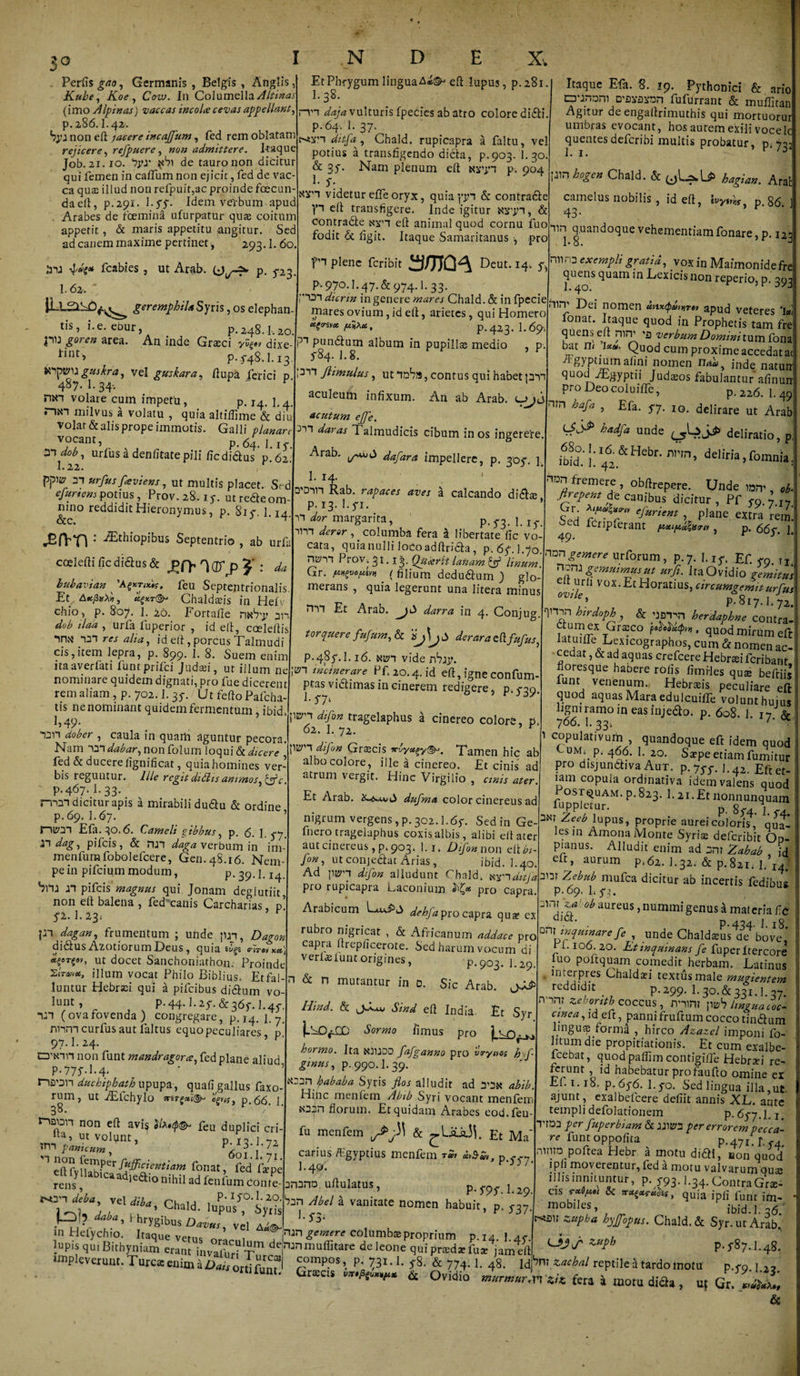 Perforo, Germanis, Belgis, Anglis, Kube, Koe, Covj. In Columella^f/Aiwr (imo Alpinas) vaccas incola cevas appellant p. 286.1.42. byi non eft tacere incaffum, led rem oblatam rejicere, refpuere, non admittere. Itaque Job. 21.10. tyJ* $61 de tauro non dicitur qui femen in callum non ejicit, fed de vac¬ ca quae illud non refpuit,ac proinde fcecun daeft, p.291. \.ff- Idem verbum apud . Arabes de fcemina ufurpatur quae coitum appetit, &amp; maris appetitu angitur. Sed ad canem maxime pertinet, 293.1. 60 b-u Wc* fcabies , ut Arab. p. 5-23 I.62. “ geremphiD Syris, os elephan- tis, i. e. enur, p. 248.1,20. P» &amp;0ren area- An inde Graeci yipt dixe- *,nt&gt; p.748.1.13 kymigtukra, vel guskara, ftupa ferici p 487.I.34, v nxn volare cum impetu, p. 14. 1.4. r-nn milvus a volatu , quia altiffime &amp; diu volat &amp; alis prope immotis. Galli p lanare vocant, p.64. 1 K *\dob, urfus a denlitate pili /icdidus p 62 I.22. PP’8v 31 urfus faviens, ut multis placet. Srd efurtem potius, Prov.28.15-. utredeom- mno reddidit Hieronymus, p. 815-. 1.14 UL L» .EfVn : jEthiopibus Septentrio , ab urfa ccelefti fic diflus &amp; ^ qj-j, f . da bubavian feu Septentrionalis Et , A*/3sA*, ue&gt;x.T&lt;&amp; Chaldasis in Hei' chio, p. 807. I. 26. Fortalle rixb’^ 21. dob ilaa , urfa luperior , id elt, ccelellis •'n» 131 res alta, id eft, porcus Talmudi cis,item lepra, p. 899. I. 8. Suem enim jtaaverfati funtprifci Judsei, utilium ne nominare quidem dignati, pro fue dicerent rem aliam , p. 702.1. 35-. Ut fefto Pafcha- tis ne nominant quidem fermentum, ibid 1,49. ‘OH dober , caula in quam aguntur pecora. Nam nn dabar, non folum loqui &amp; dicere fed &amp; ducere lignificat, quia homines ver¬ bis reguntur. Ille regit didis animos, &amp;c p. 467. I.33. mm dicitur apis a mirabili dudu &amp; ordine p. 69. I.67. FlSJCn Efa. 30.6. Cameli gibbus, p. 6. 1.5-7. T\dag, pifeis, &amp; rui daga verbum in im- menfurafobolefcere, Gen. 48.16. Nem¬ pe in pifeium modum, p. 39.1.14. Shj n pifeis magnus qui. Jonam deglutiit, non e 11 balena , fed'canis Carcharias p’ 5-2.1.23, ’ jn dagan, frumentum ; unde jm, Dagon didlus Azotiorum Deus, quia citov km) ut docet Sanchoniathon. Proinde 'Zirom, illum vocat Philo Biblius* Et fal¬ luntur Hebrsei qui a pifeibus didum vo¬ lunt , p.44.1.2j-.&amp;36f.l.45' (ova fovenda) congregare, p.14. 1. y nnmcurfusautfaltus equo peculiares p cd^ih non funt mandragora, fed plane aliud P-77f-l-4- mtjon duchiphath upupa, quali gallus faxo- rum, ut fElchylo MTgcti®-’ 'egnq, p.66 1 38. V non eft avis feu duplici cri na, ut volunt, D I3 1 .. ™ panicum, &lt;5x1 ■ 1 eftfvf^ah*Per&amp;ffLCtentta™ Ponat, fed fjpe remy “ad,eai0 nihil tofum come Et Phrygum linguaeft lupus, p.281. I.38. n daja vulturis fpecies ab atro colore didi. p.64. 1. 37. ditfa, Chald. rupicapra a faltu, vel potius a transfigendo dida, p.903. I.30 &amp; 35-. Nam plenum eft terjn p. 904 l. 5-. w^xh videtur effe oryx, quia yjn &amp; contrade fT eft transfigere. Inde igitur , &amp; contrade kxh eft animal quod cornu fuo fodit &amp; figit. Itaque Samaritanus , pro fH plene feribit Dcut. 14. Itaque Efa. 8. 19. Pythonici &amp; ario mnam a^vaxan fufurrant &amp; muffitan Agitur de engaftrimuthis qui mortuorur umbras evocant, hos aurem exili voceIc quentes deferibi multis probatur, p. 732 1 • I • Chald. &amp; hagian. Arat camelus nobilis , id eft, foywk p.85 A ^ ' * 43- mn quandoque vehementiamfonare,p. 123 !• 8. ^ p. 970.1.47. &amp; 974.1.33. 62T durin in genere mares Chald. &amp; in fpecie mares ovium, id eft, arietes, qui Homero ec^ivet p^Xet, p. 423. 1.69. ^h pundum album in pupillae medio , p. 5-84. 1.8. pin ftimulus, ut haba , contus qui habet pYi aculeum infixum. An ab Arab. acutum effe. m daras Talmudicis cibum in os ingerere Arab. ^6 dafara impellere, p. 305-. 1. 14. 0’Din Rab. rapaces aves a calcando didae p. 13. 1.5-1. rt dor margarita, p.53, p I;f_ deror, columba fera a libertate fic vo¬ cata, quia nulli loco adftrida, p. 6f. 3.70 ntyn ProVi 31.13. Quarit lanam &amp; linum Gr. ( filium dedudum ) glo¬ merans , quia legerunt una litera minus n11ro exempli gratia, vox in Maimonidefre quens quam in Lexicis non reperio, p. 393 iiirr Dei nomen uvixtyat»re» apud veteres 'i«( fonat. Itaque quod in Prophetis tam fre quens eft rnrr ^ verbum Domini tumfona bat w Quod cum proxime accedat ai Agyptium afini nomen na*9 jnde natun quod^gyptii Judaeos fabulantur afinun proDeocoluifte, p. 226. I.45 ntn hafa , Efa. 5-7. io. delirare ut Arat hadfa unde deliratio, p i65id°;!:I462&amp;Hebr' mn’ deli^,romnia n°2/rfnierf ’ obftrePere. Unde wrr , ol firefent de canibus dicitur , Pf 5-9.7.1- cjj furient , plane, extra ren ^ d fcnpferant psttpwiisvn , p. 665*. ] fTH Et Arab. ^76 darra in 4. Conjug. torquere fufum, &amp; der ara eft fufus, p. 48 f. L16. ti&amp;i vide nbjg. pn munerare P£ 20.4. id eft, igne confum- ptas vidimas in cinerem redigere, p^5*39- \wn dfon tragelaphus a cinereo colore, p 62. I. 72. r pen difon Gr$cis Tamen hic ab albo colore , ille a cinereo. Et cinis ad atrum vergit. Hinc Virgilio , anis ater. Et Arab. dufma color cinereus ad nigrum vergens,p.302.1.6y. Sed in Ge- fnero tragelaphus coxis albis, alibi elt ater aut cinereus, p. 903. l.i. Difon non dtbi- fon, utconjedatArias, ibid. 1.40. Ad ptsrn difon alludunt Chald. n^hditfa pro rupicapra Gaconium pro capra. Arabicum dehfa pro capra qua ex rubro nigricat , &amp; Africanum addace pro capra ureplicerote. Sed harum vocum di verl^luntorigines, p.903. j.29. n &amp; n mutantur in o. Sic Arab. Hind. &amp; jAaw Sind eft India. Et Syr Uo ^.CD Sormo fimus pro hormo. Ita NnjDD fafganno pro vrytws b f gmus, p-990.1.39. Ipababa Syris flos alludit ad yix abib. Hinc menfem Abib Syri vocant menfem florum. Et quidam Arabes eod.fen- fu menfem ^Et Ma' carius Agyptius menfem t£, D I.40. y'*sv' jnano uftulatus, p-79f 1 -&gt;9 ben Abel a vanitate nomen habuit, p. 737. Ky-\ deba. vel diU* n ,1 P-lfO.1.20 in Helychio. Itaque vetus nrL 1 TinJn &amp;emere columb® proprium p.14. 1.47. lupis qui Bithyniam erant invalui T™ derunmuffitare leone quipradaefua jameft lupis qu, Bithyniam«InlTnvSx' deflm ^Suflitare de leone quipr^d* fuiV^ft ^ *** P' r8M-4 impleverunt. Turea enim a Oait orti funt* ??mp-°s’. P1 ?3*-1- f8. &amp; 774.1. 48. u^zaeial reptile a tardo motu p.fn | , orti funt. &amp; Ovidio « fera 1 ruo, u dich . u. Gr. congemere urforum, p.7. Lif. Ef. m. n noni gemuimus ut urfl. ita Ovidio gemitu elt urii vox. Et Horatius, circumgemiturCu °vj' p 8.7.1 f eln2n hirdoPh y &amp; '3ST&gt;n herdaphne contra f Gr^co quod mirum ei latui fle Lex 1 cogr aph os, cum d nomen ac cedat, &amp; ad aquas crefeere Hebr^i feribant floresque habere rotis fimiles qu$ beftii lunt venenum. Hebraeis peculiare ei quod aquas Maraedulcuifle volunthuju ligni ramo m eas inje&amp;oi p. 608. 1 17 766. 1. 33» /* 1 copulativum , quandoque eft idem quoc Cum» p. 466. 1. 20. Sa?peetiamfumitui pro disjunctiva Aur. p.777. I.42. Eft et¬ iam copula ordinativa idem valens quod Postquam, p. 823. 1.21.Et nonnunquam luppletur. p j 2NT Zeeb lupus, proprie aurei coloris' qua¬ les in Amona Monte Syriae deferibit Od- pianus. Alludit enim ad sni Zahab fd elt, aurum p»62. 1.32. &amp; p.821. 1.\4i 2HT Zebub mufea dicitur ab incertis fedibus p. 69. L 73. jinr za ob aureus, nummi genus a mal cria f e d,&lt;a- . p.434. 1.18 ;T\\ inquinarefe , unde Chald^us de bove' n.106. 20. Et inquinans fe fuper itercore luo pol t quam comedit herbam. Latinus interpres Chalda?i textus male mugientem reddidit p. 299- I.30.&amp; 331.1.-17 nnnr zebqntb coccus, nnim \vth Ititguacoe* emea, id eft, panni fruftum cocco tindlum nngute formi , hirco Azazcl imponi fo- litumdie propitiationis. Et cum exalbe- Icebat, quod paflim contigiife Hebrxi re- ftrunt , id habebatur pro faufto omine ex Ef 1.18. p.676. I.70. Sed lingua illa,ut ajunt, exalbefcere deliit annis XL. ante templi defolationem P-^77-1.1. T1D2 per fuperbiam &amp; jji»a per errorem pecca- re funtoppofita p-47i.r.74. niiure poftea Hebr a motu didi, oon quod ipli moverentur, led a motu valvarum quae illis innituntur, p 793.1.34. Contra Grx- cis raApt &amp; 9T«g«r«&amp;r, quia ipli funr itn- rnobdes, ibid.]. 36. zupba hyffopus. Chald. &amp; Syr. ut Arab