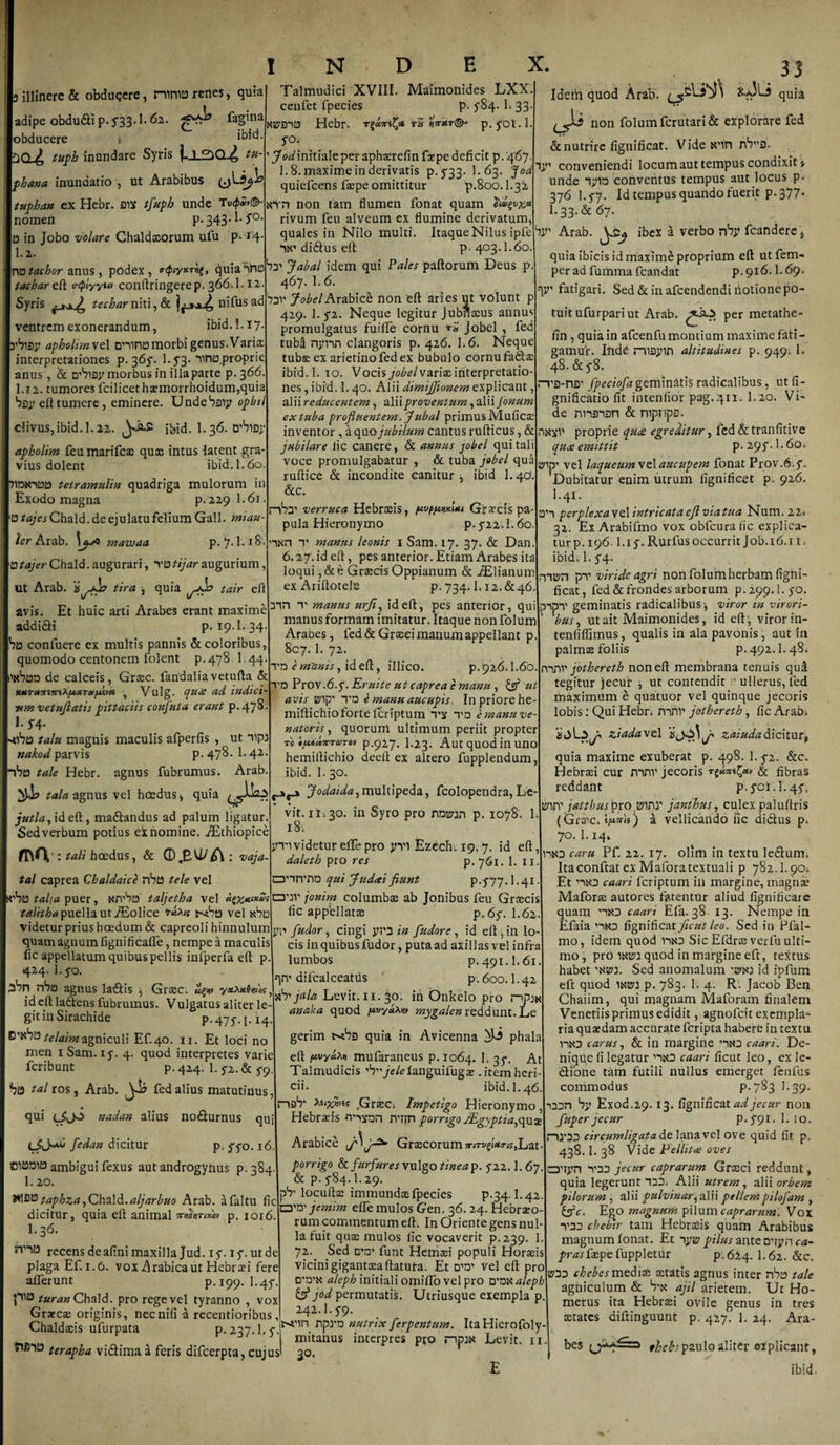 adipe obdudti p. y33.fi 62. fagina obducere i ibid. ^ inundare Syris tu- /&gt;£&lt;*#* inundatio , ut Arabibus tuphan ex Hebr. eix unde Tv&lt;p£&gt;&amp; nomen p. 343* ^ ^°' 0 in Jobo volare Chaldaeorum ufu p-14- 1.2. xxatachor anus, podex, rQtyx,t«$, quia^no tachareft &lt;r(f&gt;iyyuv conftringerep. 366.1.12. Syris ^2 techarniti,&amp; ]dj, nifusadtav JobelArabici non eft aries ut r ^ r .. 429. 1. y2. Neque legitur JubflG ventrem exonerandum, ibid. i. 17. rbiajr apholim vel o^inta morbi genus.Varias interpretationes p. 365*. 1.54. “iino proprie anus, &amp; D^iay morbus in illa parte p.366. I.12. tumores fcilicethaemorrhoidum,quia bsy eft tumere, eminere. Undebaip ophil clivus,ibid.l.22. ibid. L36. trbisy apholim feumarifcae quae intus latent gra¬ vius dolent ibid. I.60. 7lDtnt3D tetramulin quadriga mulorum in Exodo magna p.229 I.61. D tajes Chald. de ejulatu felium Gall. mi au¬ fer Arab. 1\j^ mawaa p. 7.1.18. OtajerChald.augurari, 'ratijaraugurium, ut Arab. atira j quia tair eft avis. Et huic arti Arabes erant maxime addi&amp;i I N D Talmudici XVIII. Maimonides LXX. cenfet fpecies p. y8q. 1.33. Hebr, rek-xtXyc tS 5iV*t©- p. yot.l. y°. ’ Jodinitiale per aphaerefinfaepe deficit p. 467. 1.8. maxime in derivatis p.5'33. 1.63. Jod quiefeens faepe omittitur p.8oo. 1.3^ «in non tam flumen fonat quam rivum feu alveum ex flumine derivatum, quales in Nilo multi. Itaque Nilus iple nto di dius eft P' 403.1.60. by Jabal idem qui Pales paftorum Deus p. 467. 1.6. volunt p acus annus promulgatus fuiffe cornu rS Jobel , fed tuba npnn clangoris p. 426. fi 6. Neque tubae ex arietino fed ex bubulo cornufadac ibid. 1. 10. Vocis jobel variae interpretatio¬ nes , ibid. 1.40. Alii dimiffionem explicant, alii reducentem, d[\\proventum ,2l\\\ Jonum ex tuba profluentem. Jubal primus Mufic inventor, a quo jubilum cantus rufticus, &amp; jubilare lic canere, &amp; annus jobel qui tali voce promulgabatur , &amp; tuba jobel qua ruftice &amp; incondite canitur, ibid 1.40 &amp;c. nbu’ verruca Hebraeis, ftvppwm Graecis pa¬ pula Hieronymo p. 5-22.1.60. T manus leonis 1 Sam.17. 37. &amp; Dan. 6.27. id eft, pes anterior. Etiam Arabes ita loqui ,&amp;e GraecisOppianum &amp; AElianum ex AriftotelS p.734. L12.&amp;46. mn i manus urfi, ideft, pes anterior, qui manus formam imitatur. Itaque non folum x. 33 non folum fcrutari&amp; explorare fed &amp; nutrire fignificat. Vide x’in ijt conveniendi locum aut tempus condixit» unde “jjrtn conventus tempus aut locus p. 376 l.yy. Id tempus quando fuerit p. 377* I.33.&amp; 67. br Arab. ibex a verbo nby fcandere, quia ibicis id maxime proprium eft utfem» per ad fumma fcandat p.916.1.69, V' fatigari. Sed &amp; in afeendendi fictione po- , _ ...... Arabes, fed &amp; Graeci manum appellant p bt3 confuere ex multis pannis &amp; coloribus, gc7&gt; ^ 72 rr r _ _1 ~ ^ ~t-N j1 i 4 I /* * / p. 19.1.34. coloribus, quomodo centonem folent p.478 1.44-|TDim-anis, iddl&gt; mico. Vulg. quie ad indici • _ _ | » &lt;«» C f9wW&gt;F6m&lt;j ^ Ivi V IL y ii ii L, L/ • ’Nbt3D de calceis, Graec. fandalia vetufta &amp; p , t- •. . A xHruTnrratMTvplm Vnl tr. au* ad indici-V D .6. J. Eruite ut caprea p.'926.1.6'o ut e manu 7TT-T7, V '“K.YZZTZk I avis^ rolInpriorehe- »»*vetujlatupttacm coxfuta erart p.478. miftichiofortefcriptum 4 ,,D lmattave. 1. f4* iibta talu magnis maculis afperfis ut UpJ nateris, quorum ultimum periit propter T* J&lt;tM«5TT0TM p.927. I.23. Aut quod in uno Q 1 *- \ ‘7 / * ^ J ’ vjuv/u ui uui nakod parvis p.475. I.42. hemiftichio deefl ex altero fupplendum ibta tale Hebr. agnus fubrumus. Arab. ibid. 1.30. tala agnus vel hbedusj quia , multipeda, fcolopendra, Le jutla, ideft, madlandus ad palum ligatur. 111 ^yro Pr0 p. 1078. 1 Sed verbum potius ex nomine. iEthiopice . , o aimua • PTividetureflepro pTl Ezech. 19.7. id eft ’ tali hcedus, &amp;c ©^EU/oi : vaja-\ daleth pro res p.761. 1. II tal caprea Chaldaice nbt3 tele vel OHTVfiD qui Judcei fiunt p.5-77.1.41 'bts talja puer, Nn^bo taljetha vel jonim columbas ab Jonibus feu Graecis talitha puella ut /Eolice i-dxis s^b0 vel xboj hc appellatae p.6y. I.62 videtur prius bcedum&amp; capreoli hinnulumU, fudor, cingi in fudore, id eft ^ in Io quam agnum fignificafle, nempe a maculis^ ‘ ' • - ■ • - lic appellatum quibus pellis infperfa eft p. 424. l.yo. cis in quibus fudor, puta ad axillas vel infra lumbos p. 491.1.61 , , . .qn&gt; difcalceatiis p.6oo. I.42 37n n7i3 agnus ladlis j Graec. llew ynXxims 1, t TT i_ •- , __ ideftlfl&amp;nQr«Kr«,««c Dev1t.11.30. mOnkelopro npj« id eft ladens fubrumus. Vulgatus aliter le¬ git in Sirachide P- 47 y. I-14 CPKbft telaimagniculi Ef.40. ii. Et loci no anaka quod pvyuM* mygalen reddunt. Le gerim t^tbs quia in Avicenna phala men 1 Sam. iy. 4. quod interpretes varie eft pvy&amp;M mufaraneus p. 1064. L 35-. At fcribunt p.424. 1. 5*2. &amp; 5*9, Talmudicis^ye/Hanguifugas.itemheri- ba tal ros, Arab. U? fed alius matutinus J c”'* m ibid. 1.46. nsb* 2s&lt;^»£s ^Graeci Impetigo Hieronymo, qui (JJO nadan alius nofturnus qui Hebrads nnjn p arrigo Mgyptia,quz fedan dicitur p. fyo. 16.1 Arabice Graecorum srm^Ucr^Lat. OianiD ambigui fexus aut androgynus p.384. por^g°6cfurfuresv\i\gotineap.-pz2.1.6y. 1.20 &amp; p. 5-84.1.29. nsOtaphza^ChM.aljarbuo Arab. afaltu licj7' 1,0fafta imnmndxfpecies p.34;l.4i dicitur, quia elt animal p. mulosCenj&amp;H-Hcoraro I.36. recens deaflni maxillajud. iy. iy. utde rum commentum eft. In Oriente gens nul¬ la fuit quae mulos lic vocaverit p.239. 1. 72. Sed funt Hemaei populi Horaeis plaga Ef. 1.6. vox trabica ut Hebraei fere vicini gigantaeaftatuta. Et D,n’ vel eft pro afferunt p.199. 1.4y. aleph initiali ornilfo vel pro wnalepb pi£3 turan Chald. pro rege vel tyranno , vox Graecae originis, nec nili -a recentioribus, Chaldaeis ufurpata p. 237. l.y ttSiD terapha vidtima a feris difeerpta, cujus &amp; jod permutatis. Utriusque exempla p. 242.I. y9 npro nutrix ferpentum. ItaHierofoly- mitanus interpres pro np:« Levit, n.1 2°* E tuitufurpariut Arab. per metathe- lin, quia in afcenfu montium maxime fati - gamuf. Itide niDpin altitudines p. 949.1. 48. &amp; y8. 'S-riEr fpeciofageminatis radicalibus, utfi- gnifleatio fit intenlior pag.411. I.20. Vi¬ de nnsnan &amp; mpnps. nxxv proprie qu(S egreditur, fed &amp;tranfitive quee emittit p. 29y.l. 60i B^ip vel laqueum vel aucupem fonat Prov.6,y„ Dubitatur enim utrum fignificet p, 926. I.41. CD’1 perplexa\e 1 intricataeflviatua Num. 22« 32. Ex Arabifmo vox obfcuralic explica¬ tur p. 196. l.iy. Rurfusoccurrit Job.16.il, ibid. L y4- m»n pT viride agri non folum herbam ligni- fleat, fed &amp; frondes arborum p.299.1.yo. p-ipn’ geminatis radicalibus’, viror in virori- 'bus, utait Maimonides, id eft', viror in- tenlilfimus, qualis in ala pavonis, aut 111 palmae foliis p.492.1.48. mnv jothereth non eft membrana tenuis qui tegitur jecur , ut contendit H ullerus,fed maximum e quat.uor vel quinque jecoris lobis: Qui Hebr. mnr jothereth, lic Arabi ziadax£[ zaiudadicitur, quia maxime exuberat p. 498. I.y2. &amp;c. Hebraei cur mnv jecoris &amp; fibras reddant p.yci.I.4ys tinn'’ j at thus pro^inr janthus, culex paluftris (Graeca tftTrii j a vellicando iic didlus p, 70.1.14» nw caru Pf. 22. 17. olim in textu ledlum, Itaconftat ex Maforatextuali p 782.1.90« Et nto caari feriptum ili margine, magnae Maforae autores fatentur aliud fignificare quam nio caari Efa. 38 13. Nempe in Efaia nio fignificaty/f^/^o. Sed in Pfal- mo, idem quOd n*o Sic Efdrae verfu ulti¬ mo, pro quod in margine eft, textus habet W3. Sed anomalum id ipfum eft quod ixts?3 p. 783. L 4. R. Jacob Ben Chaiitn, qui magnam Maforam finalem Venetiis primus edidit, agnofeit exempla¬ ria quaedam accurate feripta habere in textu nto carus, &amp; in margine caari. De¬ nique fi legatur nso caari ficut leo, ex le- dlibne tam futili nullus emerget fenfus commodus P-783 I• 39. i2Dn bjr Exod.29.13. fignificat ad jecur non fuper jecur p.f^i.l.io. rV'3D circumligata de lana vel ove quid fit p. 438.1. 38 Vide Pellit te oves oupn *V3D jecur caprarum Graeci reddunt, quia legerunt nnn. Alii utrem, alii orbem pilorum , alii pulvinar^ alii pellempilofam , &amp;c. Eg^o magnum pilum caprarum. Vox T2D cbebir tam Hebraeis quam Arabibus magnum fonat. Et pilus anteoujrn^- prasfaepe fuppletur p.624. I.62. &amp;c. chebesmediae aetatis agnus inter nbca tale agniculum &amp; Vn ajil arietem. Ut Ho¬ merus ita Hebraei ovile genus in tres aetates diftinguunt p, 427. 1. 24. Ara¬ bes .* thebs paulo aliter explicant, ibid.