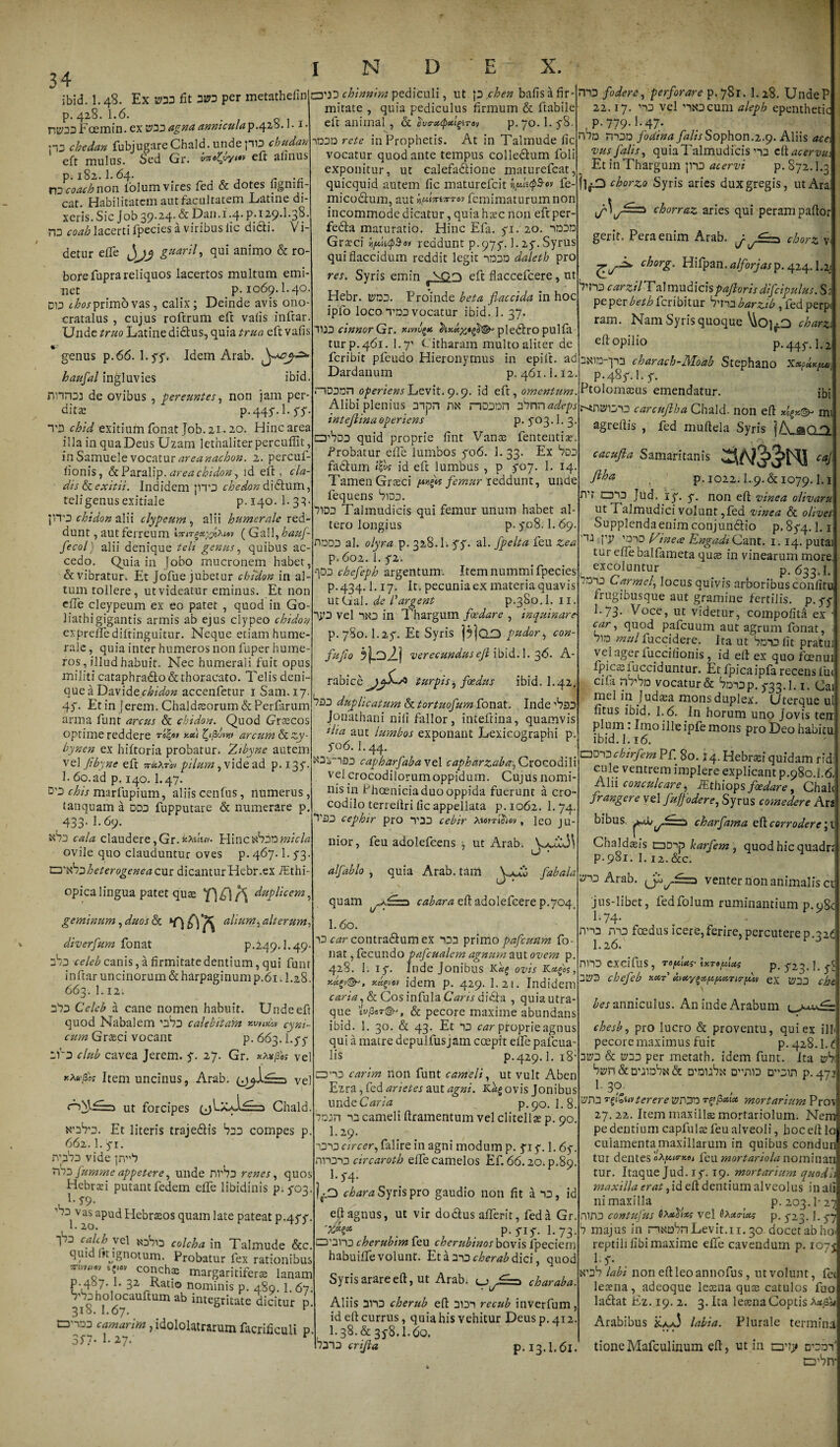 ibid. 1.48. Ex V3D fit 3M per metathefin p. 428. 1.6. n^33 Foemin. ex B03 agna annicula p. 420.1 • 1 • P3 fubjugareChald. undepi3 chudan eft mulus. Sed Gr. vxtXJiyw eft almus p. 182.1.64. - nD c0achnon lolum vires fed &amp; dotes figniti- cat. Habilitatem aut facultatem Latine di¬ xeris. Sic Job 39.24. &amp; Dan.1.4. p.129.1.38 733 coah lacerti fpecies a viribus lic didi. Vi¬ detur efife guaril, qui animo &amp; ro¬ bore fupra reliquos lacertos multum emi¬ net _p. 1069.I.40 dd Exprimo vas, calix; Deinde avis ono- cratalus , cujus roftrum eft valis inftar Unde truo Latine didus, quia trua eft vafis genus p.66. l.yy. Idem Arab. haufal ingluvies ibid. nnnoj de ovibus , pereuntes, non jam per¬ dita: P-44L1- S5' T3 chid exitium fonat Job. 21.20. Hinc area illa in qua Deus Uzam lethaliterpercuffit, in Samuele vocaturareanachon. 2. percul- iionis, &amp; Paralip. area chidon, id eft, cla¬ dis &amp;cexitii. Indidem \)td chedon didum, teli genus exitiale p. 140. 1. 33 i iTD chidon alii clypeum, alii humerale red dunt, aut ferreum (Gall, hauf- fecol) alii denique teli genus, quibus ac¬ cedo. Quia in Jobo mucronem habet, &amp; vibratur» Et Jofue jubetur chidon in al¬ tum tollere, utvideatur eminus. Et non effe cleypeum ex eo patet , quod in Go- liathigigantis armis ab ejus clypeo chidon expreSediftinguitur. Neque etiam hume¬ rale , quia inter humeros non fuper hume¬ ros, illud habuit. Nec humerali fuit opus militi cataphrado&amp; thoracato. Telis deni¬ que a D?L\\de chidon accenfetur 1 Sam.17. 4if • Et in Jerem. Chaldaeorum &amp; Perfarum arma funt arcus &amp; chidon. Quod Graecos optime reddere £&lt;/3tW arcum tkzy- bynen ex hiltoria probatur. Zibyne autem vel fibyne eft wkxrw pilum, vide ad p. 137. 1. 60. ad p. 140. I.47. do chis marfupium, aliis cenfus, numerus, tanquam a DD3 fupputare &amp; numerare p. 433- E69. abo cala claudere,Gr.fexds&lt;v. Hincdi2Xtmicla ovile quo clauduntur oves p. 467.1. 53. Q'vhDheterogenea cur dicantur Hebr.es fEthi- □03 chtnnim pediculi, ut p chen bafis a fir¬ mitate , quia pediculus firmum &amp; ftabile eft animal , &amp; ctvo-ucpctlg.Tov p.70. E 5%- iddd rete in Prophetis. At in Talmude lic vocatur quod ante tempus colledum foli exponitur, ut calefadione maturefcat, quicquid autem fic maturefcit upiupS-c» fe micodum, aut fatmirrav femimaturumnon incommode dicatur, quia haec non eftper- feda maturatio. Hinc Efa. yi. 20. “iddd Graeci bpUcp&amp;ot reddunt p.975-. 1.2y. Syrus qui flaccidum reddit legit 3030 daletb pro res. Syris emin eft flaccefcere, ut Hebr. ttm Proinde beta flaccida in hoc ipfo loco TD3 vocatur ibid. 1. 37. 1133 cinnorGr. xmo£&lt;* pledro pulfa turp.461. 1.7’ Citharam multo aliter de fcribit pfeudo Hieronymus in epift. ad Dardanum p. 461.1.12-. nD3Dn operiens Levit. 9.9. id eft, omentum Alibi plenius 3ipn m riD3Dn 3bnr\adeps intejlina operiens p. y03.1.3. a,l7D3 quid proprie fint Vanae fententiae Probatur elfe lumbos yo6. 1. 33. Ex 8d3 factum «£«• id eft lumbus , p yoj. 1. 14 Tamen Graici femur reddunt, unde fequens 8103. '71D3 Talmudicis qui femur unum habet al¬ tero longius p. yo8.1.69. 0303 al. olyra p. 328.1. yy. al. /pelta feu Zea p. 602. 1. y2» *|03 chefeph argentum. Item nummi fpecies p.434.1.17. It. pecuniaex materiaquavis utGal. de dargent p.380.1. II. 1J13 vel 350 in Thargum foedare , inquinare p.780.1.2y. Et Syris ]?]q.D pudor, con- fufio 3|Ld2.] verecundusefi ibid.l. 3-6. A- rabicc turpis j foedus ibid. 1.42. b33 duplicatum &amp; tortuofum fonat. Inde ,l?33 Jonathani nili fallor, inteftina, quamvis ilta aut lumbos exponant Lexieographi p. yo6.1.44. SOs-133 capharfabavQ 1 capharzaba^ Crocodili vel crocodilorum oppidum. Cujus nomi¬ nis in Phcenicia duo oppida fuerunt a cro= codilo terrei!ri fic appellata p.1062. 1.74. T£33 cephir pro T33 cebir AsemJiev , leo ju- feu adolefeens H13 fodere, perforare p. 78r. I.28. UndeP 22.17. '13 vel niOcum aleph epenthetic p. 779. E 47. rnn m3D fodina falis Sophon.2.9. Aliis ace\ vus falis, quia Talmudicis 03 diacervm Et in Thargum {133 acervi p. 872.1.3 lip cborzo Syris aries dux gregis, ut Arai opica lingua patet quae duplicem, geminum, duos &amp; ■nAft alium, alterum, diverfum fonat p.249.1.49 3 b-3 celeb canis, a firmitate dentium, qui funt inftar uncinorum &amp; harpaginum p.61.1.2.8. 663. 1.12 3b3 Celeb a cane nomen habuit. Unde eft quod Nabalem 0S3 calebitam xvvtxov cyni¬ cum Graeci vocant p. 663. l.yy 2V3 club cavea Jerem. y. 27. Gr. vel r.xvfloi Item uncinus, Arab. o3V-.£—d ut forcipes noSo. Et literis trajedis 833 compes p. 662.1. yi. n'3*73 vide Ti~i2 furam e appetere, unde nrbo renes, quos Hebrxi putant fedem elfe libidinis p.yo3 1. vo. vel Chald. vas apud Hebrasos quam late pateat p.4yy. 1. 20. ^ J lb3 calch vel colcha in Talmude &amp;c. quid iit ignotum. Probatur fex rationibus ™v T COSch^ margaritiferas lanam p. 457. 1. 32 Katio nominis p. 489. 1 67 y»holocauftuinab integritate dicitur p 318.I.67 CD-n33 camarim fidololatrarum facrificuli p 3f7* E 27. r mor. ut Arab. alfablo , quia Arab. tam quam fabala cabara eft adolefcere p.704. I.60. 13 car contra&amp;uflnex 133 primo pafcunm fo¬ nat , fecundo pafcualem agnum aut ovem p. 428. 1. iy. Inde Jonibus ovis Kagos, yJgvo)i idem p. 429. 1.2t. Indidem caria, &amp; Cos infula Caris di£ta , quia utra¬ que tv/3or©-, &amp; pecore maxime abundans ibid. 1. 30. &amp; 43. Et 33 car proprie agnus qui a matre depulfusjam coepit elfe pafcua- lis p.429.1. 18- CDH3 carim non funt cameli, ut vult Aben Ezra, fed arietes aut agni. Xcjg ovis Jonibus und eCaria p.90. 1.8. 7D3H 33 cameli ftramentum vel clitellas p. 90. 1.29. 33333 circer^ falire in agni modum p. yiy. 1.6y. ni3333 circaroth effe camelos Ef. 66.20. p.89 l.y4. L-.3 chara Syris pro gaudio non fit a 33, id eft agnus, ut vir dodus afferit, fed a Gr. 'A* . p. yiy. I.73. C3'3i33 cherubim feu cherubinosbo\\s lpeciem habuilfe volunt. Et a 333 cherab dici, quod Syris arare eft, ut Arab. charaba. Aliis 3133 cherub eft 3133 recub inverfum, id eft currus, quia his vehitur Deus p. 412. E38.&amp; 3y8.1.6o. ■7333 crijla p. 13.1.61.' tioneMafculinum eft, ut in cr?y 0003 cloorraz aries qui peram paftor gerit. Pera enim Arab. chorz v qychorg- Hifpan. alforjas p. 424. l.ij frv carzilTai mudicispaftoris difcipulus.Sa pe per beth fcribitur b’T33 barzib , fed perp- ram. Nam Syris quoque charz eft opilio P* 44T E1 3X113-133 charach-Moab Stephano p.48y.l.y. Ptolom^us emendatur. ibi r^ntyi333 carcujlha Chald. non eft mi agreftis , fed muftela Syris j/XsiQH cacufia Samaritanis caj flha p. 1022.1.9.&amp;io79. l.i 033 Jud. iy. y. non eft vinea olivaru ut i almudici volunt,fed vinea &amp; olivet Supplenda enim conjundio p,8y4.1.1 'U py ’03D i/me&lt;z Engadi Cant. 1.14. putai tur elfe balfameta quce in vinearum more excoluntur - p. 633.I. 7D33 Carmel, locus quivis arboribus conlitu frugibusque aut gramine fertilis, p. yy E 73- Voce, ut videtur, compofitd ex cflfr 1 quod pafcuum aut agrum fonat, . bio mul fuccidere. Ita ut bo33 lit pratui vel ager fuccifionis, id eft ex quo fcenui fpicalacciduntur. Etfpicaipfarecensfu&lt; ciia rp'in vocatur &amp; 8033 p. y33.F1. Cai mei in judaea mons duplex. Uterque u fitus ibid. 1. 6. In horum uno Jovis terr pium: Imo ille ipfe mons pro Deo habitu ibid. I.16. □D33cbirfem Pf. 80.14. Hebrtei quidam ri„. cille ventrem implere explicant p.980.1.6 Ali\ conculcare i JEthiops foedare, Chal( frangere vel fuffodere, Syrus comedere Au bibus, Chaldaeis co33p karfem , quod hic quadr P-981.F12.de. zno Arab. venter non animalis ci jus-libet, fedfolum ruminantium p.ySc E 74- n’33 j333 foedus icere,ferire, percuterep.326 1.26. J313D excifus , Toplecs- (xrefluts p. ^23. 1. f 3B&gt;3 chefeb xocr' Maypct.Tirflw ex \l)33 cht l bes anniculus. An inde Arabum L CZm. chesb, pro lucro &amp; proventu, qui ex ill pecore maximus fuit p. 428.1.1 3W2 &amp; C133 per metath. idem funt. Ita eS &amp; duidSx &amp; o^nD □v,3in p. 472 1. 30. 3&gt;n3 terere tJ^nDO mortarium Prov 27.22. Item maxillae mortariolum. Nem pedentium capfulae feu alveoli, hoc eft lo cuiamenta maxillarum in quibus condun tur dentes feu mortariola nominali tur. Itaque Jud. iy. 19. mortarium quodh maxilla erat, id eft dentium alveolus in ali ni maxilla P.203.F27 ,31133 contufus vel d^cta-lcci p. ^23.1. y7 b majus in nxohn Levit.11.30. docet ab ho&lt; reptili fibi maxime efife cavendum p. ioyy Fy. noS labi non eftleoannofus, m volunt, fet leaena, adeoque leaena quae catulos fuo ladat Ez.19. 2. 3. Ita leaena Coptis ms* Arabibus K.aa5 labia. Plurale termina