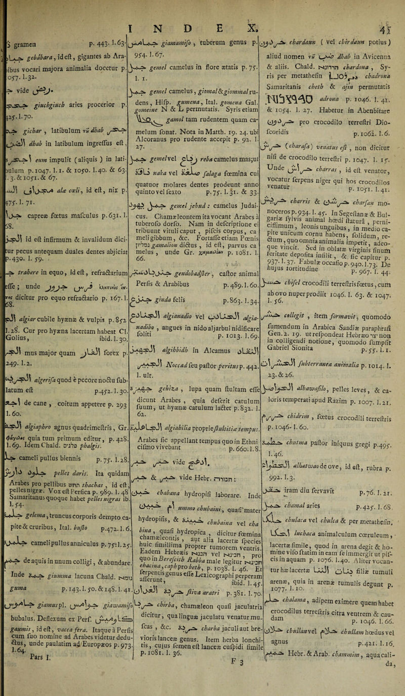 gebabara, ideft, gigantes ab Ara- lnbus vocari majora animalia docetur p 1 057.1-32 4* vide Jtj giuchgiuch aries procerior p. p,y. I.7°- gichar , latibulum (^&gt;^2,^ in latibulum ingreflus eft i eum impulit (aliquis ) in lati I N D E X p. 443. 1.63-giamamifo , tuberum genus p 9S4-1.67. gemel camelus in flore astatis p. 75*. 4. V L 1. ly • * a ■» - aulum p.1047. l.i. &amp; 105*0. I.40. &amp; 63 ' 3.&amp;io$'i.«St 67. aU coeli, id eft, nix p. gemel camelus, giomal&amp;giommalru¬ dens , Hifp. gumena, Ital. gornena Gal. gomeine N &amp; L permutatis. Syris etiam Wvp^^ gamol tam rudentem quam ca¬ melum fonat. Nota inMatth. 19. 24. ubi Alcoranus pro rudente accepit p. 92. 1. 27. ' - gemel vel r ba camelus mas;ut iiiLi naka vel falaga foemina cui quatuor molares dentes prodeunt anno quinto vel fexto V-1S-1-31* &amp; 33- m-1- 71* capreae foetus mafculus p.631.1 58. d eft infirmum &amp; invalidum dici- ur pecus antequam duales dentes abjiciat ).43o. 1. 5*9 *r^n?inequo, ideft, refra&amp;arium efle j unde *xktixos W- *•«? dicitur pro equo refradario p. 167.1 68. si\ Igiar cubile hyaenae &amp; vulpis p. 85*2 28*. Cur pro hyaena lacertam habeat Cl Golius, ibid.l.30. mus major quam orex p 249. 1.2. Igerifa quod e pecore no£hi fub- latum eft p.4^2.1.30 de cane , coitum appetere p. 293 1.60. algiaphro agnus quadrimeftris, Gr quia tum primum editur, p. 428 I.69. IdemChald. 0’jba phalgis. La» cameli pullus biennis p. Jf. I.28 pelles daris. Ita quidam Arabes pro pellibus tvnn thachas , id eft. pellesnigrae. Vox eft Perfica p. 989. 1. 48 Samaritanus quoque habet pelles nigras ib 1. 5*4 gemel jehud: camelus Judai¬ cus. Chamaeleontem ita vocant Arabes a tuberofo dorfo. Nam in deferiptione ei tribuunt vituli caput , pifeis corpus, ca meli gibbum, &amp;c. Fortafle etiam Poenis jvbnl gamalion didtus , id eft, parvus ca melus , unde Gr. p„ 1081. 1. 66. Perfis &amp; Arabibus p.489.1.60 &amp;nda feIis p.863. 1.34 pdVXzp}] a lg i an a dio vel aJgia nadib, foliti p. 1013 algihbidh in Alcamus camelipullus anniculus p. 757]. r^-r* i gendobadjler, caftor animal chdrdaun ( vel cbirdam potius) aliud nomen tS 0«? dhab in Avicenna &amp; aliis. Chald. Njmn chardona , Sy¬ ris per metathefin ]_305rj&gt; chadrona Samaritanis cheth &amp; ajitt permutatis adrona p. 1046. 1. 41. &amp; 105*4. 1. 27. Habetur in Abenbitare pro crocodilo terreftri Dio- rcoridls p. 1062. 1.6. (charafa) venatus ejl , non dicitur nifi de crocodilo terreftri p. 1047. 1. if. Unde .2* charras , id eft venator, vocatur ferpens niger qui hos crocodilos venatur -p. 105*1. 1.41. ch arris &amp; ^-2^ charfan mo¬ noceros p. 934.1.45*. in Segeftan* &amp; Bul- gari« fylvis animal hoedi flatura , perni- ciffimum, leonis unguibus, in medio ca¬ pite unicum cornu habens, foliduxn, re¬ ctum , quo omnia animalia impetit, adeo- que vincit. Sed in oblatas virginis tinum critate depofita infilit, &amp; fic capitur p. 937-1.37. Fabulas occaliop. 940 ] 73 De hujus tortitudine P 967. h 44, chifel crocodili terreflrisfoetus,cum ab ovo nuper prodiit 1046.1. 63. &amp; 1047. 1. y6. 1. ult */*$■?* gekiz.a , lupa quam ftultam eflealkavjafilo, pelles leves, &amp; * * i collegit , item formavit, quomode -:— &lt; 1 aigia- V o ' ? *■—*** j vjuuiiiuu nadibo , angues in nido aljarbui nidificare Puniendum in Arabica Saadise paraphra foliti p. 1013. K69. Gen.2. 19. utrefpondeat Hebraso ix’ 110 111 colligendi notione- nnnntnrirx rntrmf . ^ '•““'YV/UUUU in colligendi notione, quomodo fumpfi Gabriel Sionita ‘ p. p j Noccad feu paftor peritus p. 442. fubterranea animalia p, 1014. 23. &amp; 26. dicunt Arabes , quia deferit catulum fuum, ut hyaenas catulum la&amp;et p. 832. 1. 62. isUl^Ls^ algiahilia pioptxtftuhitue tempus. Arabes fic appellant tempus quo in Ethni cifmo vivebant p. 660.1.8. i/^ v,*^e ^^4^. ^ vide Hebr. niun: chabana hydropifi laborare. Inde f \ ummo chubaini, quafi'mater 1 \ cnuvawt, quafi mate; gelema, truncus corporis dempto ca- hydropifis, &amp; Xaaa^ 2, 1 ■ pite&amp; cruribus, Ital .bufo 04*72, 16/* r «. ■. ba J p.472.1.6. W, quafi hydropica , dicitur foemina chamaikonus , aut alia lacertae fpecies 2S‘ -propter tumorem ventris. Eadem Hebraeis t^n vei , pr0 Cllin in rs w aCn-t-l* Z? _7 / ... 7 r loris temperati apud Razim p. 1007. 1.2 *• fVtT^ chidrim j fcetus crocodili terreflr p. 1046-1. 60. X.^.12^ chutma paflor iniquus gregi p.49 1.46. alhatwao de ove, ideft, rubra 992. I.3. iram diu fervavit p.76, L 2 J**chamal aries p.42y. 1. chulaca vel chulca per metathe/i LC ^ luchaca animalculum coeruleun tiebrais Nnn vel , pro dcaquis in unum colligi, &amp;abundare ql,10 lfBerefCitij diabba male legitur Nwn ’ e haema; caph pro beth, p. 1038. 1. 46. Et Inde giumma lacuna Chald. a^Preun^‘s^cnuse^c^exicographi perperam . 7 ibid. 1.45*. &amp;Uma p. 143.1.5*0. &amp; 148. 1.41./.— (1' . o , r ‘D 3 +7- Jtiva aratri p. 381.I.70. glamuspl. giawamifo^^ chirba, chamaeleon quafi jaculatrix 1 1 _1 Tv n ta ^ 1 dlCltUr -» Qua lintriv» lornlotn VAnotm* tY»n bubalus. Deflexum ex Perf. gaumis, id eft, vacca fera. Itaque a Perfis cum fuo nomine ad Arabes videtur dedu¬ cius, unde paulatim a^Europaeos p. 973. ]. 64. Pars I. dicitur, qua linguae jaculatu venaturmu. fcas , &amp;c. charba jaculi aut bre vioris lanceae genus. Item herba lonchi¬ tis, cujus femen eft lanceae cufpidi fimile p. 1081. 1. 36. F 3 lacertae fimile, quod in arena degit &amp; mine vifoftatim in eam fe immergit ut cis in aquam p. 1076. I.40. Aliter vo&lt; tur hae lacertae UaJ( 0U2 filiae tur aren», quia in arenae tumulis degun 1077. 1.10. • 0 chalama, adipem eximere quei-nh crocodilus terreitris citra ventrem &amp; dam p. 1046. 1 chullanve 1 ch ullam hoeau aSnus p.421. 1 Hebr. &amp; Arab. chammim, aqua
