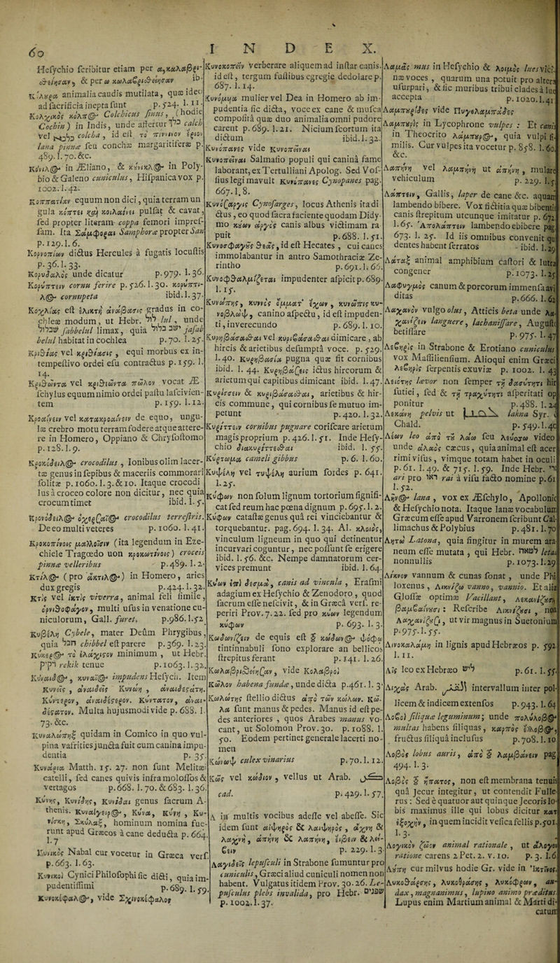 60 .Z iw • Hefychio fcribitur etiam per x9xxAxfi^~ o9-«V&lt;xv* &amp; per w xuAx^^mtxv kIav{« animalia caudis mutilata, qua: ideo ad facrificia inepta funt PT24- ,*• *,? KoAZikos MK7t@r Colchicus finus, (hodie in Indis* unde afferturT715 Cochin) in Indis, unde affertur TJ calch vel , id ell ro itm^ov \(&gt;tov pinnce feu concn® margai ititer® p 489.1. 70. &amp;c. KflV/A©- in-ffiliano, &amp; xavncA©- in Poly bio&amp; Galeno cuniculus, Hifpanica vox p. 1002.1.42. lloTnrenUv equum non dici, quia terram un gula xoitTg» xoiAxfu pullat &amp; cavat, fed propter literam- coppa femori impref- fam. Ita Z,d[/.(pof&gt;ca Samphora propter San p.129.I.6. Kopvoirluv didhis Hercules a fugatis locudis p. 36.I. 33. iiopvSxAog unde dicatur P-979* ^3^* KojJwVrg/v cornu ferire p. 5*26.1.30. &gt;copvVn- Acornvpeta ibid.l.37 Ko^A/a? ed Iaoctj; dvolfixatg gradus in co- chle® modum , ut Hebr. lui, unde fabbelul jimax, quia vl73 3^' jafab belui habitat in cochlea p.70. l-2f Kpi&amp;txs vel xQ&amp;txcis , equi morbus ex in- tempedivo ordei efu contradtus p.iy9- h 14. K^&amp;wvta vel xgi&amp;idvToc 7TWA0V vocat JE fchylus equum nimio ordei padu lafcivien- tem P-1S9- P12 Kpoalvsiv vel KMTotxpoaivziv de equo, ungu¬ ite crebro motu terram fodere atque attere¬ re in Homero, Oppiano &amp; Chryfodomo p. 128.I.9. KfiQKcJeiA®' crocodilus , Ionibus olim lacer¬ tas genus in fepibus &amp; maceriis commorari folit® p. 1060.1.3-&amp; 10. Itaque crocodi lus a croceo colore non dicitur, nec quia crocumtimet ibid.l.y. KpovoJsiA©- o%e£('6tT@t crocodilus terrefiris. De eo multi veteres p. 1060.1.41. Kpoxo7rtvois [axXKoZnv (da legendum in Eze chiele Tragcedo uon xpoxxttvotg) croceis pinnce velleribus ' p. 489. 1.2 Kt/a®- (pro «xtiA©-) in Homero, aries dux gregis p.424. L32 Krlff vel neri? viverra, animal feli fimile, bpv&amp;Qtpocyov, multi ufus in venatione cu¬ niculorum, GM. furet. p.986.1.y2 KvfizAy Cybele, mater Deum Phrygibus, quia 73PI chibbel zk parere p.369. I.23 TO sA«'%&lt;fov minimum , ut Hebr p'pi rekik tenue p.1063.1.32 KuvxtS&amp; 5 auval'^ impudens Hefych. Item KW«V , dvxtSds Kvvwbj , dvxiSzgaT*]. KAi5^ai/, cc*kAt«tov, b&amp;oiTov. Multa hujusmodi vide p. 688. 1. 73*&amp;c- KvnaAwVjj! quidam in Comico in quo vul pina vafritiesjunda fuit cum canina impu¬ dentia p. 3y Matth. iy. 27. non funt Melit® catelli, fed canes quivis inframoloffos&amp; vertagos p.668. 1. 70. &amp; 6S3. 1.36 K^vvj?, Kw/djj?, KvriSai genus facrum A- thenis. Kuvalj/ejp(Op, Kbvx9 Kuvjj , Kv- v/o-x-vj, Skv1a»|, hominum nomina fue- riuit apud Gr®cos a cane dedudta p. 664 Lvmo? Nabal cur vocetur in Grseca verf. p.663. I.63. Kv*«Jtol CyniciPhilofophific didi, quiaim- pudentiffimi p. 6g9- L f9f KvvoJCS&lt;p«A©', vide S^JvexstfiaAa? KvvojeoTrav verberare aliquem ad indar canis ided, tergum fudibus egregie dedolare p. 687. 1.14. KvvofAtjoc, mulier vel Dea in Homero ab im¬ pudentia fic dida, voceex cane &amp; mufca compolira qu® duo animalia omni pudore carent p.689. I.21. Niciumfcortum ita didum ibid. 1.32. Kv]iQ7savzs vide kwo7T«v#j Kwoneivou Salmalio populi qui canina fame laborant, ex Tertulliani Apolog. Sed Vof- lius legi mavult Kvr&amp;Vpsvsf Cympanes pag. 667.I.8. KvveQupyig Cymfarges, locus Athenis itadi dus, eo quod facra faciente quodam Didy- mo &gt;asuv cippis canis albus vidimam ra¬ puit ^ # p.688. l.yi. K.vvo&lt;T($cip£s 9-e«f, id efl Hecates , cui canes immolabantur in antro Samothraci® Ze- rintho p. 691.1.66 impudenter afpicitp. 689. l.iy. K.\)VU7Ty]S9 XVWCS oppoif i^OJV , MVMTtigM- vofiAcofy canino afpedu, id ed impuden¬ ti , inverecundo p. 689.1.10 Kvpvfida-otc&amp;ai vel xvpiGoitracS-ai dimicare , ab hircis &amp; arietibus defumpta voce. p. 5-29. I.40. kv£jifiuel* pugna qu® fit cornibus ibid. 1. 44. Kvftjfidfyig idus hircorum &amp; arietum qui capitibus dimicant ibid. I.47. Kvgltffuv &amp; M^ifiolcadircu, arietibus &amp; hir¬ cis commune, qui cornibus fe mutuo im¬ petunt p.420. I.32 Kv^/ttuv cornibus pugnare corifcare arietum magis proprium p.426. l.yr. Inde Hefy¬ chio JtctKvgiTTtc&amp;cii ibid. 1. yy. Kt^Tcqw# cameli gibbus p. 6. I.60. Kvi^sA»? vel aurium foides p. 641. 1.2y. KvQm non folum lignum tortorium fignifi- cat fed reum hac poena dignum p. 69y. 1.2. KvQcov catad® genus qua rei vinciebantur &amp; torquebantur, pag. 694. 1. 34. AI. jtAoicsq vinculum ligneum in quo qui detinentur incurvari coguntur, nec poliunt fe erigere ibid. I.y6. &amp;c. Nempe damnatorum cer¬ vices premunt ibid. I.64. Kvwv \nt\ canis ad vincula , Erafmi adagium ex Hefychio &amp; Zenodoro , quod facrum effenefcivit, &amp;inGr®ca verf. re- periri Prov.7.22. fed pro nuwv legendum xJqjav p. 693* i* 3* Kubcovl^ziv de equis ed kuSuvQ^ vlocpa tintinnabuli fono explorare an bellicos drepitus ferant p. 141.1.26. KaAocfipt^ei^^otv, vide KoAotfipol KdiAov habena funda?, unde dida p.461.1.3 KoiAoot^; dellio didus octto w kcoAuv. Kco- Aot funt manus&amp;pedes. Manus id edpe- des anteriores , quos Arabes manus vo¬ cant, ut Solomon Prov.30. p. 1088. 1. yo. Eodem pertinet generale lacerti no men Kav&amp;nJ/ culex vinarius p. 70.1.12, Kw? vel xclbiov 5 vellus ut Arab. ,&gt;£== cad. p.429.1. y7 A etfAdis mus in Hefychio &amp; Koipis lues Vici n® voces , quarum una potuit pro alter? ufurpari, &amp; fic muribus tribui clades a lui accepta p.1020.1.41 AotfXTns^Seg vide nvyeAafjnrdfog Aay.7nsp)g in Lycophrone vulpes : Et canis in T heocrito acifxTnspQ^t quia vulpi fi- milis. Cur vulpes ita vocetur p. 8y8. I. 60 &amp;c. AoJ/Tjjvjj vel Aau7iqvq ut , mulare vehiculum p. 229. l.y Aoirnuv, Gallis , laper de cane &amp;c. aquam lambendo bibere. Vox fiditiaqu® bibenti: canis drepitum utcunque imitatur p. 672 1.6y. 'A7roAot7TTziv lambendo ebibere pag ^73* h 2S- Id iis omnibus convenit qu dentes habent ferratos -ibid. I.29 AcItx% animal amphibium cadori &amp; lutra congener p.1073. l.2y AxQvpfxog canum &amp; porcorum immcnfaavi d‘tas p. 666.1.62 Aoi^ocvov vulgo olus, Atti cis beta unde a#- ^xvi^ziv languere, lachanijfare, Auguftc betiflare p. 97y. I.47 Az&amp;rfs in Strabone &amp; Erotiano cuniculus vox Madiliendum. Alioqui enim Gr®ci Azgtjpls ferpentis exuvi® p. 1002. 1. 43 Asjctjj? Uvor non femper rij Saabt&gt;jtj hir lutiei, fed &amp; ry Tpos^Jrjjr 1 afperitati op ponitur ‘ p.488. I.24 AzkcIvyi pelvis ut j...ljCA_N lahna Syr. i Chald. p. y49.1.4c Azuv leo diro r3 A dea feu As vojco video unde dAxos c®cus, quia animal ed acer rimivifus, vimque totam habet in ocul p. 61. I.49. &amp; 71 y. 1. y9* Inde Hebr. ^ ari pro rai a vifu fado nomine p.61 I. y2. Aijv&amp; lana , vox ex ZEfchylo, Apollonic &amp; Hefychio nota. Itaque lan® vocabulum Gr®cum ede apud Varronem lcribunr Cal limachus &amp; Polybius p.481.1.70 Ajjtw Latona, quia fingitur in murem ara neum ede mutata , qui Hebr. iefaii nonnullis p. 1073.1.29 AIkvov vannum &amp; cunas fonat , unde Phi loxenus , Aikv/^co vanno, vannio. Et alia Glod® optim® Vacillant, A€K#v/£f&lt;r/, fic&amp;pGotivxai : Refcribe AiKvtgxei , 110/1 Aoc^xvIQsQi 9 ut vir magnus in Suetonium P-97$M-yy. AtvoxxAd[x&gt;i in lignis apudHebr®os p. y92 1.11. A in multis vocibus adede vel abede. Sic idem funt ai^yi^os £c Aan^ypos , d%vy &amp; Accfcvy , ditavi Sc Ac47T&gt;jv&gt;7 , zifiztv &amp; A&amp;- £uv p. 229.1-3 AoipiSzTg lepufculi in Strabone fumuntur pro cuniculis 9G r®ci aliud cuniculi nomen non habent. Vulgatus itidem Prov. 30.26.Le- pufculus plebs invalida, pro Hebr. p. 1002.I.37. Ais leoexHebr®o p.6r.l.yy Ai%dg Arab. ^Lsi.5^ intervallum inter pol licem &amp; indicem extenfos P-943-1.64 A0G0) Jiliqua leguminum; unde 7roAv\ofi&amp; multas habens filiquas, xxpTrog tiAofi&amp;j frudius filiqua includis p.708.1.10 Aofios lobus auris, diti § Accpcfidniv pag 494. 1. 3. Aofilg 5 riitccros, non ed membrana tenuis qua Jecur integitur, ut contendit Fulle- rus: Sed e quatuor aut quinque Jecoris lo bis maximus ille qui lobus dicitur kxt iZofflv, in quem incidit veficafellis p.yoi J-3- Aopizcv (puer animal rationale , Ut aAoyoi ratione carens 2 Pet. 2. v. 10. p. 3. 1.6 Aabnj cur milvus hodie Gr. vide in 'IxtTvos. AvxoS-xt&gt;ay)S, AvKoQpdatjg , AvxocPfiav 9 au¬ dax , magnanimus, lupino animo pr.editus Lupus enim Martium animal &amp; Marti di¬ catum