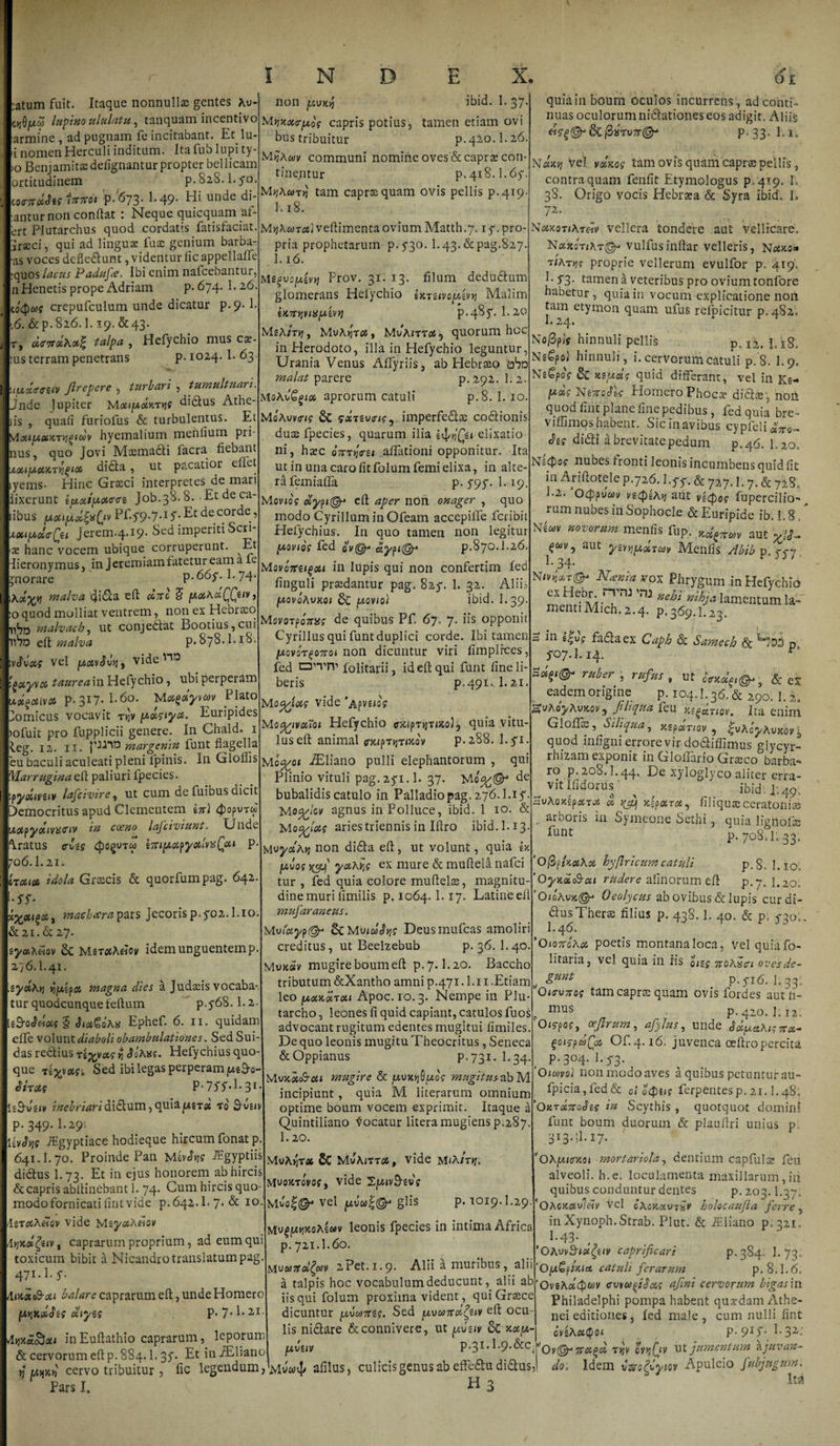 :atum fuit. Itaque nonnullas gentes Au ojOjWw lupino ululatu , tanquam incentivo armine , ad pugnam fe incitabant. Et lu- i nomen Herculi inditum. Ita fub lupi ty¬ po Benjamitaedefignantur propter bellicam ortitudinem p. 828.1.70 «tfirecJts lirnot p/673. I.49. Hi unde di¬ tantur non conftat : Neque quicquani af- 'ert Plutarchus quod cordatis fatisfaciat Graeci , qui ad linguae fux genium barba¬ ris voces deflebunt, videntur iic appellafle tquos lacus Padufe. Ibi enim nafcebantur, nHenetis prope Adriam p- 674. 1. 26. lq&lt;$oo$ crepufculum unde dicatur p-9-1. •6. &amp;P.826.1.19, &amp;43- r, talpa , Hefychio mus cx- us terram penetrans p-1024.1. 63. non prnoj Mtixoto-ptog capris potius, bus tribuitur lyxeceiv Jlrepere , turbari , tumultuari. Jnde Jupiter MxiyxKTtjg didtus Athe- &gt; , quafi furiofus &amp; turbulentus. Et Mxiuctxxyj^uiov hyemalium meniium pri nus, quo Jovi Msemadli facra fiebant diaa, ut pacatior dic. iyems- Hinc Graeci interpretes de mari lixerunt iyxtyourcre Job.38.8. Etdeca- libus /Mxiyol^a(iv Pf-S9-‘l‘l5’ de corde, *»iyd&lt;rQu jerem.4.19. Sed imperiti Sen¬ ae hanc vocem ubique corruperunt. Et dieronymus, in J eremiam fatetur eam a le ^norare p.66y. 1-74* Axyvi malva cji&lt;5ia eft «aro 3 yx,Ax.(jf\iv, o quod molliat ventrem, non ex Hebraeo uSn ntalvach, ut conjedlat Bootius,cui vno eft malva P* §7^• H18. vJvW vel poivSvij, vide^ Igxyva tauream Hefychio, ubi perperam uxgaivot p. 317. E60. Moi^olymv Plato Comicus vocavit tk)v yxgiya. Euripides )ofuit pro fupplicii genere. In Chald, 1 leg. 12. 11. P-™ margenin funt flagella eu baculi aculeati pleni fpinis. In Gloflis Marrugina efi paliuri fpecies. 'qydivsiv lafcivire, ut cum de fuibus dicit Democritus apud Clementem in) 4&gt;opvrw uotpyxivaciv m coeno lafciviunt. Uilde iratus &lt;rvgf &lt;£&gt;°SUtw tuiyxpyotlvisQsu P 706.I.21. troti# idola Graecis &amp; quorfumpag. 642 Sf- x%ougoi2 machara pars Jecoris p.702. 1.10. &amp; 21. &amp; 27. iyxheiov Mst«A«ci/ idem unguentem p. 276.I.41. zyxAn yyipa magna dies a Judaeis vocaba¬ tur quodcunque felium p.y68.1.2. &amp;o2eiois g SixQoAa Ephef. 6. 11. quidam efife volunt diaboli obambulationes. SedSui- das redlius re^vee? $ SoAxs. Hefychius quo que Tfevvafi Sed ibi legas perperam ue9-o- Siratg  P-7SS-1- 31 inebriarididlum, quia^grac to p. 349. I.29; hJyjg iEgyptiace hodieque hircum fonat p 641.I.70. Proinde Pan Miv&lt;5V -^gYP^5 di&amp;us I.73. Et in ejus honorem ab hircis &amp; capris abllinebant 1. 74. Cum hircis quo¬ modo fornicati fint vide p.642.I. 7-&amp; 10 /leroiAtTcv vide MzyxA&amp;ov /Iy)k&amp;£uv , caprarum proprium, ad eum qui toxicum bibit a Nicandro translatum pag 471-1- 5' Amx S-oti balare caprarum eft, unde Homero ywiilpcg xtyzg P- 7* P 21 N D E X ibid. 1. 37. tamen etiam ovi p.420.1.26. MijAwy communi nomine oves &amp; capras con¬ tinentur p. 418.1.67. tam caprae quam ovis pellis P.4T9. 1.18. Mt)A«r«]veftimenta ovium Matth.7.17. pro¬ pria prophetarum p.730. 1.43. &amp; pag.827. I.16. M^voyivtj Prov. 31. 13. filum dedu&amp;um glomerans Hefychio Unnofiiv^ Malim iK7ty,vmpiir^ p.487. 1. 20 MsA/t»?, MvAjjt#, MvAiTT«9 quorum hoc in Herodoto, illa in Hefychio leguntur, Urania Venus Affyriis, ab Hebrteo bSn malcit parere p. 292. 1.2. MoAiGgtx aprorum catuli p.8. 1. 10. MoAvw? 6c gxTtviris, imperfedlse codfionis duas fpecies, quarum ilia elixatio ni, hasc oVtjjVsj alfationi opponitur. Ita ut in una caro fit folumfemi elixa, in alte¬ ra femialfa p. 797. 1.19. MovjoV xypit^r eft aper noli onager , quo modo CyrilluminOfeam accepilfe feribit Hefychius. In quo tamen non legitur yovtog fed ov@* aypi@r p.870.1.26. Movortiigoti in lupis qui non confertim fed finguli prasdantur pag. 827. 1. 32. Aliis yovoAvxoi 8c yovtot ibid. l39- MovorpoV»? de quibus Pfi 67. 7. iis opponit Cyrillus qui funt duplici corde. Ibi tamen fAovoT(oiroi non dicuntur viri fimplrces, fed an,rri folitarii, id efi: qui funt fine li¬ beris p. 491.1.21. MoyAas vide 'Apviiag Moy/ivotToi Hefychio cr^iprjjrt/co)3 quia vitu¬ lus efi animal ejup-nj-mov p.288. I.71. Mocj/oi JEliano pulli elephantorum , qui Plinio vituli pag. 271.1. 37. de bubalidis catulo in Palladio pag. 276.1.17. Mo^iov agnus in Polluce, ibid. 1 10. &amp; Mo^i'as aries triennis in Ifiro ibid. 1.13 UvyaM non di£la efi, ut volunt, quia h Iuvos xsi yoeKy,g ex mure &amp; muftela nafei tur , fed quia colore muftelse, magnitu¬ dine murilimilis p. 1064.1.17. Latineefi mufaraneus. Mvtc&amp;yp&amp; &amp;M\nu3tjg Deusmufcas amoliri creditus, ut Beelzebub p. 36. I.40. Muitav mugireboumeft p.7.1.20. Baccho tributum &amp;Xantho amni p.471. l.i 1 .Etiam leo [aomoItou Apoc.10.3. Nempe in Plu- tarcho, leones fi quid capiant, catulos fuos advocant rugitum edentes mugitui fimiles. De quo leonis mugitu Theocritus, Seneca &amp;Oppianus P-73I- 1.34. Mvkx&amp;cu mugire &amp; ixujtij0/xo? mugitus ab M incipiunt, quia M literarum omnium optime boum vocem exprimit. Itaque a Quintiliano focatur litera mugiens p.287. 1.20. MvAjfTfc &amp; MvAitt# , vide MvoxTovof, vide 2|U&lt;vS£vV vel y.vul®* glis p. 1019.I.29. iviu^^oAgwv leonis fpecies in intima Africa p. 721.I.60. Mvwnob^m 2?et. 1.9. Alii a muribus , alii a talpis hoc vocabulum deducunt, alii ab iis qui folum proxima vident , qui Graece vl&gt;j5ca(x!a&lt; inEuftathio caprarum, leporum &amp; cervorum efi p. 884.1.37. Et in iEliano »3 cervo tribuitur , fic legendum Pars I, , 61 quia in boum oculos incurrens, ad conti¬ nuas oculorum nidlationes eos adigit. Aliis (3iiTU7r@‘ p.33. Ei. Naxtj vel vxKog tam ovis quam 'caprae pellis, contra quam fenfit Etymologus p/419. L 38. Origo vocis Hebraea &amp; Syra ibid. 1» 72. N«KOT&lt;ATeiv' vellera tondere aut vellicare. N«xot/At®- vulfusinftar velleris, notxo* TtAryjg proprie vellerum evulfor p» 419. 1 • 73- tamen a veteribus pro ovium tonlore habetur , quia in vocum explicatione non tam etymon quam ufus refpicitur p.482. 1 0 2. E| . a No^pif hinnuli pellis p. xz. 118. Ne€poI hinnuli , i. cervorum catuli p. 8. 1.9, NeCpof &amp; ktpicig quid differant, vel in Ks- NeTraJh Homero Phoc* didite', noil quod fint plane fine pedibus, fed quia bre= viffimos habent. Sic in avibus cypfeli^Vo- Jeg didi a brevitate pedum p.46. I.20. nnbes fronti leonis incumbens ouid fit in Ariftotele p.726.1.77. &amp; yiy.l.y. &amp; 728. 1.2. OQpvav veepiA&gt;?aut v^og fupercilio-&gt; rum nubes in Sophocle &amp; Euripide ib. 1.8 / Nlv men,fis fuP. .KJiXM aut xltr %uiv ? aut y£vy}[Ac&amp;udv Menfis Abib p. 777 ^ 34* Narnia VOX Phrygum in Hefychio mem6i M-Tnj ^ nehi*ihJa Amentum la-‘ mentiMich. 2.4. p.369.1.23. S in l|uV fadlaex Caph &amp; Samech &amp; p ^07.1.14. r ruber , rufus , ut &amp; es eadem origine p. 104.1.36. &amp; 290. I. 2. vAo^Avitov ? fi liqua feu ks^xtiov. Ita enim Glofik, Siliqua, xepdriov , ^vAcyAvxhl quod infigni errore vir docliflimus glycyr- rhiiam exponit in GloHario Graeco barba¬ ro _p. 208. .1.44. De xyloglyco aliter erra- vit Ifidorus ^ ^ -ibid; I.49. vAoxipxTX a xlpxrx, filiquseceratonise arboris in Symeone Sethi , quia lighofis func p. 708.1: 33. dicuntur Sed jwvw7r«^£»v efi ocu lis nidtare &amp;connivere, ut pMv 6c y-cty. yvav P.31.I.9.&amp;C: j afilus, culicis genus ab effe&amp;u didtus H3 ’0/3p/it(jsA« hyflricumcatuli p.8. l.io. Oya&amp;c&amp;cti rudere afinorum efi p.7. 1.20. ’OtcAva^r1 Oeolycus ab ovibus &amp; lupis curdi- dlusTheras filius p. 438.1. 40. &amp; p, 720., I.46, 'OtoTToAot, poetis montana loca, vel quiafo- Iitaria, vel quia in iis ot^g rsoAxei ovesde- &amp;unt p. 716. I.33; Ourvueg tam capra; quam ovis fordes autb- mUS P-420. ].I2, ’Oig-pog, oejlrum, afylus, unde Sdiy&amp;Anux- (&gt;ots-puQ» Of.4.16. juvenca ceftropercita p. 304. 1.73. Oiavsi non modo aves a quibus petuntur au- fpicia,fed&amp; 0! ocpiig ferpentesp. 21.1.48; “OktdnoSig in Scythis , quotquot domini funt boum duorum &amp; plaufiri unius p, 313.4.17. 'OAyicnioi mortariola, dentium capfular feu alveoli, h.e. loculamenta maxillarum,in quibus conduntur dentes p. 203.1.37. 'OAOKCtvIetv vel oAo&gt;t«VTSt' holocaufta ferre, in Xynoph. Strab. Plut. &amp; iEliano p,32X. L43. 'OAvvSuufytv caprificari P-3S4: 1. 73; 'Oy.Qfix.ict catuli ferarum p. 8.1.6. ’0vsA«4)mv cvvuySag afini cervorum bigas m Philadelphi pompa habent qusedam Athe- nei editiones, fed male , cum nulli fint ofiAcupo&lt; P-91!- l*3a‘ 'Ovi^r 7tot^d tjjv ovrfiiv ut jumentum juvan¬ do’. Idem vWfcW Apuleio fub jugum: b Itai