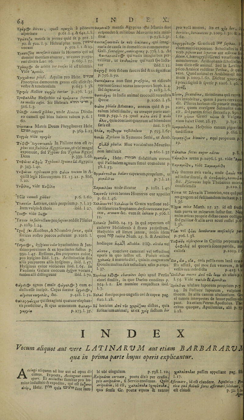 Tt&gt;dy@r hircus , quafi r^oiyvg a pilorum afperitate P.61.I.4.&amp;641.K8. «DaquMaS' menfis JEgyptius (fui Martio fere refpondet&amp; militibus Mavortia tela mini- Tp«ttiFa menfa in jecore quid lit p. 701. 1- 2 . t 1 • » _ lirat p.yyS.l.s1 ffo.&amp; foi. 1. 9. Hebraiplur. num. p»fl^»$*vT#CioM?rfcv ^ T°r? ontrow, qui imagi vocant p. 702. 1.1. &amp; 2-9-‘ naria de caufa in domefticos commovetur Tpotzee^d menfaYii canes in Homero qui ad domini menfam aluntur, ut canes purpu¬ rati divitis Luc. 16. p.669. I.77. Gall. fantafque ,ombrageux p. 778.1.2. At &lt;bx,\TxinQKO'n®r&gt; qui vanis imaginibus per cellitur, ut t7nSoK07rog qui vana fpe ladta- de ariete ter tonfus id cll triennis. *ur ibid.l.12. Vide'Apvetcf. $xt&gt;wy% non folum fautesfed&amp;osfignificat *TpiyiiovTic piloji. Aquilas pro Hebr. P-7)6.1.70 Procopius daemonum genus elfe dicit fyl-^otrvufAotTX non funt prafepia, ut ridicule veftre &amp; tenebrofum p. 643. 1. 38 Tgwyo; 9Eolice TvpyciS turtur p. 276. I.37. TpvQctAihg Hefycbio tcc TjU^-tar# fermen¬ ta mollis cafei. Sic Hebraeis Kbntvxmn p. 316.I.3. TuA©-* cameli gibbus, unde StrvAoi Diodo¬ ro cameli qui bina habent tubera p. 6. 1 60. Tvynruv» Matris Deum Phrygibus ex Hebr D,iin tuppim p. 369.1.23. Togyog vide Tpvyos ’AlyvTniciitQt In Philone non eft ty¬ phus autflultitia MgypiiorumytX viri magni exponunt, fed Typhus feu Typhon Rgypti vertunt Grasci textus interpretes Soph. 2.4. fed laquearia p. 1083.1. 6. ‘PoCTTayw in Indis animal crocodili terreftris Ipecie p. 1060. 1.5*8. $«sA&gt;j phiala Athenaeo, aeneum quid &amp; pa tulum lebeti limile, ex utraque parte auri¬ tum p. 5-49.1. 5*4. quali TtixhYi diro $ z*n«v «Ai?, quia continet quantum ad bibendum fatis efl: ibid. 1.5*8 'bAiXy 7tpo^rooov veflibulum P-f93*1.6y $XKots Zythum in Symeone Sethi, ut Arab ^Lai phuka. Hoc vocabulumMeurfius I(&gt;&gt;' non intellexit p.261.1.37, ■^^us _ _ ?• 339- ^‘^‘^purpta, Hebr. ‘'XUn fodalitium eorum Tvtpwvo? lyphonu Spuma fa\ ^Egyptiis qui Pafchalem agnum fimul comedunt p. P- 343-1-41* | 5*8.1. 5*3 Tv;tj“' $&lt;»W vocum iiiiAJ? caprarum proprium, at qmIJIeg,tH,er0nymusEf.i3.ai.p.866&lt;| p.7.]bj. Tv^Ajj, vide Kvt^Aij 'XoipotiAzav unde dicatur p. i081. L40 pro vola manus, ita ex ^&gt;]p her, % hericiusyherinaceus p. 1009.1.30. &amp; I( 1. 62-. XotgoypvftKi®* Grteciseft faphan. H cium multi exponunt. Scholiaftesin F vctb.pifeemtLut leporem aut ce/lrum fei filum. Choerogrylli) Graeci vetuftiores meminerunt. Ariltophanis fcholiaftes lum dicit elfe animal. Sed in Lexico ptico Arabice redditur ferboa, &amp; quic vere. Quod animal ex Arabibus efr not mum p. 1009.I.60. Dicitur xoipoyfi, a porci fagina &amp; fpecie p.1016. 1. 46. \ Xooiov, fecundince, membrana qua cerva tus involvitur, quam a partu cerva co: dic. Plinius herbam elfe putavit magno rore, quem corrigere Sdlmafius cohr elt, fed parum felici fuccdfup. 890.1 1 ro yapiov Grasci xopior &amp; Vulgata rium habet Deut. 28. 77. p.891. 1. X?oi[Aot3oiAcci Hefychio canum pigerrim tardifllraa. p. g hinnire , equi proprium p.^ 'YcIkxXqv foetus nuper editus p. 8. YotpotSe* arena p. 1076.1. 31. vide ’;a^« Vecpupten , vide ^auiupiv^K fturnus avis varia, unde v£«po$ vai ad infear frumi* &lt;5e t;7ro^J'fl^pos, &gt; Azvxofoc &amp;c.^ Pfaronius Iapis Thebaicus morta p. no. 1 conficiendis r , X«po7ra? favos leones Homerus cur appellet Tfcsf cameli gibbus p.6. 1. 60. p. 61.I.46. Taocztuv Latrare, canis proprium p. 7.1.23-XgAvtuov vel XgAwviov in Grasca verfione red Item vulpis &amp; thois -ibid. 1 27* ditHenricusStephanus dorfi convexam par- vide ivv(^* *Xmicv infubredum profupino reddit Plinius p. 1089.I.24. tenty armum &amp;c. cumlit labium p. yo6.1. 11. XsAwvlf Judith.14. 13. in qua repertum efi 'X;ttc4 ut X/TTi» in Theocrito, vox qua paf res gregem ad fefeinandum incitant p. 3 !• 3f* 'Yiyjx mica Matth. i^. 27. id eft frufttl tam parva ut micarum inftarfint. Neq enim micas proprie didlas canes colligui fed gallinas &amp; alias aves acuti roftri p.6^ I.38. “ v r ZE' 1 -i_ p a r • cadaver Holofernis e lirato proje&amp;um,. , ... , , „ , ^ T?ci% /*jA,olibu$,&amp;Nicandroforex, quia Hefychio eft limen januae, nobis idem'To^ vel W*1 lli™borum mufculofe pari forices roftro porcos referunt p. 1016. 1 49- u1i&lt;syi\!§r‘ , hyfginus color hyacinthino &amp; jan- thino proximus &amp; ex hyacintho fafius p. 990.1.47. Byflinus, feu purpureus color, pro hylgino Ibid. I.72. Ariftolochite flos aliis purpureus aliis hyfginus , ibid. 1. 77. Hyfginus color violaceus ibid. 1.67. In Paufania Galatae coccum hyfgen vocant, tamen alii diftinguunt quod n3p kubba Nurii. 27. 8. &amp; Arabibus hodieque alkobba. Flilp. alcoba vel alcova , conclave camerati vel tefludinei p. 706.1.38. To&lt;j)uiJy) objlrefera in Cyrillo perperam p 4/oQohij ad quosvisfonospavida, me culola • p. 1019. l.( operis in quo le&amp;us eft. Potuit etiam XiAuvlg amateriadici, quia in magnatum^* # , 0U, ovis pellis cum lana orsei? fpondis multus fuit teftudinis ufus p.1092. ftis affuta, qui mos fuit veterum, &amp; ip I‘37* ! veftis ora inde didta P-42-3- l-i Q*ytA&amp; agnus (male §elyt)A@r ) cum e- duliselfe incipit. Cujus formae ofyiA&amp;) ibid. f 70. XipviTyf Afa®* charnites lapis apud PerfasTiveLS-fai emere drto rm ovttv abalinisp.i ebori fimilis, in quo Darius conditus p. nooAeiv &amp; ctpvooS-oct 274.I.1. De nomine conjedtura ibid.^^^^j ululare luporum proprium p.7. * ’iA In Polluce luporum, vulpium 24. oclyiAoi vioyiAog, &amp;c. p. 428. 1. 72. XvjA&amp;l forcipes pro ungulis ovi &amp; caprae pag. thoum. In aliis canum ululantium. Gra $xAayyelpxw qui fexaginta quatuor elephan- 620.1. 28. ci tamen interpretes de leone paffimufui pant. Ita etiam Petrus Apoftolus. Thec f tis praeficitur, &amp; ejus armentum QuAay-Xj hericius «Vo t?* fidius, quia critus quoque&gt; Apollonius, alii p. 731 yupylu, p. 273.1.37.' folitariumanimal; ut ex fadlum hir 1. x8. 1 ^ INDEX Vocum&lt; aliquot aut vere LATINA R*U214 aut etiam B ARB ARARU A qua in prima parte hujus operis explicantur. Accingi aliquem ad iter aut ad opus di¬ cimus. fctpoeta, Accingunt omnes opert. Lt accindus fumitur pro ho¬ mine induftrio &amp; expedito, qui eft h?umc «viJp, Hebr. V^n quia punt jum. bi ubi cingulum p.798.1.10. /Eripedem cervam , poeta dixit per crafin, pro aeripedem, fi Servio credimus. Quin ceripedem, id eft, x^AkottoSx lqqypinoSot&gt;, quo fenfu Gr. poeta: equos &amp; tauros £#Ako7toS&lt;M paflim appellant pag. 88 I.17. Affirmare, id eft claudere. Apuleius : Pe tica qua. fiabuli fores affirmari folebant, ; eft claudi p.32.1.2 Agn ~\