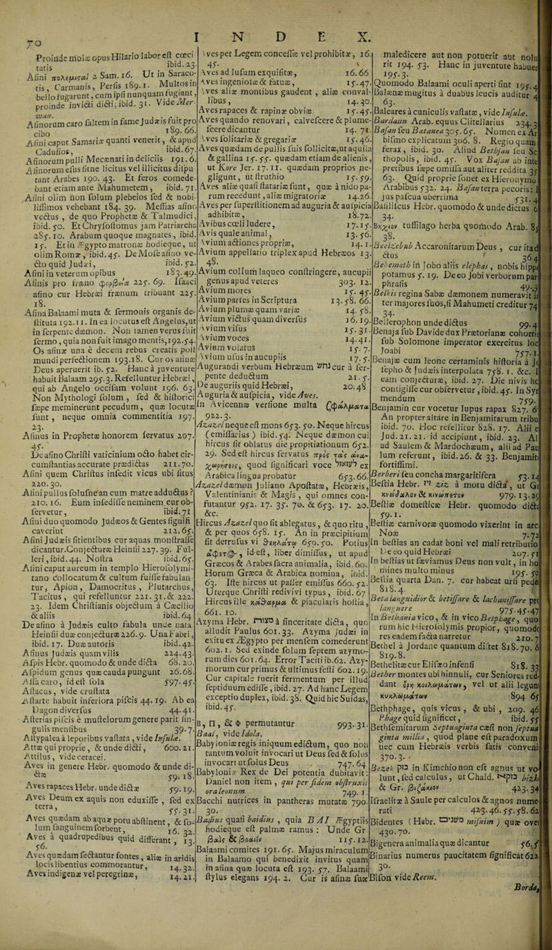 / Proinde mola: odus Hilario labor eft coeci tatis . ibid. 2.3 A fini voxeuitatl 2 Sam.16. Ut in Saraco- tis, Carmanis, Perfis 189.1. Multos in bello fugarunt, cum ipfi nunquam fugtant, proinde invidi didi; ibid. 31. VidcMer- A linorum caro faltem in fame j udans fuit pro cibo 189.66. Afini caput Samariae quanti venerit, &amp;apud Cadufios, ...... lbld-67- A linorum pulli Mecaenati in delicus 191.6. A linorum efus fitne licitus vel illicitus diipu tant Arabes 190. 43. Et feros comede¬ bant etiam ante Mahumetem, ibtd. 71., Alini olirh 1I011 folum plebeios fed &amp; nobi- liffimos vehebant 184. 39. Meffias alino vedus , de quo Propheta: &amp; Talmudici, ibid. 5-0. Et Chryfoftomus jam Patriarcha 287. 10. Arabum quoque magnates, ibid. jy. Et in j^gypto matrona; hodieque, ut olimRomae, ibid.45. DeMofealiuo ve- do quid Judaei, ibid. 72. Alini in veterum opibus 183^49. Alinis pro fr?eno &lt;pop/3Aa zzf. 69. Ifaaci alino cur Hebraei fraenum tribuant 225-. 18. AlinaBalaami muta &amp; fermonis organis de- Itituta 192.11. In ea locutus eft Angelus,ut in ferpente daemon. Non tamen verus fuit fermo, quia non fuit imago mentis, 192.74. Os alinae una e decem rebus cieatis poli mundi perfedionem 193.18. Cur os alinae Deus aperuerit ib. 5-2. Hanc a juventute habuit Balaam 295*. 3. Refelluntur Hebraei, qui ab Angelo occifam volunt 196. 63. Non Mythologi folum , fed &amp; hiftorici faape meminerunt pecudum, quae locutae funt , neque omnia commentitia 197 16. \ ves per Legem concellac vel prohibitae, 47. * Aves ad lufum exquilitae, 16.66 Aves ingeniola:&amp; fatus, iy. 47 \ves aliae montibus gaudent , aliae conval¬ libus , 14.30 Avesrapaces&amp; rapina: obvia: 17.47 Aves quando renovari, calvefcere &amp; plume- fcere dicantur 14. 71. Aves folitariae &amp; gregariae 17. 46 Aves quaedam de pullis filis folIicitae,ut aquik &amp; gallina 17.77. quaedam etiam de alienis, ut Kore Jer. 17.11. quaedam proprios ne- gligunt, utllruthio x5-. 5-9 Aves aliae quali llatariac funt, quae a nido pa¬ rum recedunt,aliae migratoriae 14.26. Aves perfuperltitionemad auguria &amp; aufpicia adhibitae, 18.72 Avibus coeli ludere, 17.13-. Avis quale animal, 13-76. Avium adiones propriae, 14.1 Avium appellatio triplexapud Hebraeos 13 48. Avium collum laqueo conftringere, aucupii 303. 12 1S- 47 13.78. 66. 14. 78. 16.19. 17.31. I4-4I- 1S- 7- 17.7. ^3- Afinus in Prophetae honorem fervatus 207. 47- DeafinoChrifti vaticinium odo habet cir¬ cumflandas accurate prcedidas 211.70. A fini quem Chriftus infedit vicus ubi fitus 220.30. Alini pullus folufne an cum matre addudus ? 210.16. Eum infediffe neminem eur ob- fervetur, ibid. 71. Afini duo quomodo Judaeos &amp; Gentes lignifi caverint 212.6y&lt; Afini Judaeis fidentibus cur aquas monftrafie dicantur.Conjedune Heinfii 227. 39. Fui leri, ibid. 44. Noftra ibid. 67. Alini caput aureum in templo Hierofolymi tano collocatum &amp; cultum fuiflefabulan tur, Apion, Damocritus , Plutarchus, Tacitus, qui refelluntur 221.31.&amp; 222 23. Idem Chriftianis objedum a Caecilio &amp; aliis ibid. 64 De alino a Judaeis culto fabula unde nata. Heinfii duae conjeduras 226.9. UnaFabri, ibid. 17. Duaeautoris ibid.42 Afinus Judaeis quamvilis 224.43 Afpis Hebr. quomodo &amp; unde dida 68. 20. Afpidum genus quae cauda pungunt 26.68. A fla caro, idefi fola 797-47 Aflacus, vide cruftata iUlarte habuit inferiora pifeis 44.19. Ab ea Dagon diverfus 44.41 Afterias pileis e muflelorumgenere parit fin gulis menfibus 39-7 A ltypalea a leporibus vafiata, videlnfuU. Attae qui proprie, &amp; unde didi, 600.21 Attilus, videcetacei. Aves in genere Hebr. quomodo &amp;unde di- 79. 18 Aves rapaces Hebr. unde dida» 79.19 Aves Deum ex aquis non eduxiffe , fed ex terra’ 77-3i Aves quaedam ab aquae potu abftinent, &amp; fo¬ lum fangumemforbent, l6 o2 Aves a quadrupedibus quid differant ia' 76. ’ Aves quaedam fedantur fontes, aliae in aridis locis libentius commorantur, I4 o2 Aves indigens vel peregrinae, I4‘ z t %wp r,&lt;ren\ Arabica lingua probatur 673.66. Cerberi feu concha margaritifera 73. Azazeldxmon. Juliano Apoftatae, Hebr sis, Beftm Hebr. *,f ziz a motu dida , ut G Valentinianis &amp; Magis , qui omnes con- w&amp;i^asAov &amp; xivwarstov 979.13.25 furantur 972. 17. 37. 70. &amp; 673. 17. 20.Befliae domefttca Hebr. quomodo dida &amp;c. I 79.1. Hircus Azazel&lt;\\ko fit ablegatus, &amp; quo ritu jB-eftias carnivora quomodo vixerint in are genus apud veteres Avium mores Avium partes in Scriptura Av ium plurnse quam variae Avium vidus quam diverfus Avium vifus Avium voces Avium volatus Avium ufus in aucupiis Augurandi verbum Hebraeum '^nfcur a fer- pente dedudum 21,7. De auguriis quid Hebraei, 20.48 Auguria daufpicia, vid e Aves. In Avicennas verfione multa QcpdAfzxra 922.3. Azazel neque eft mons 673. 70. Neque hircus (emilfanus ) ibid. 74. Neque daemon cui hircus fit oblatus die propitiationum 672. 29. Sed eft hircus fervatus 7rpoV rdg dva,- quod fignificari voce nXTiiS ex maledicere aut non potuerit aut nolu rit 194. 73. Hanc in juventute habuer J97- 3- Quomodo Balaami oculi aperti fint 197.4 Balaena: mugitus a duabus leucis auditur 4 63- 7 Baleares a cuniculis vaftata:, vid e Infula. Bardaun Arab. equus Clitellarius 234. 6 Bafan feu Batanea 307.67. Nomen ex Ar bifmo explicatum 306. 8. Regio quam ferax, ibid. 30. Aliud Bethjan feu Sc thopoiis, ibid. 47. Vox Bajan ab inte pretibus faepe omifla aut aliter reddita 35- 63. Quid proprie fonet ex Hieronymo Arabibus 732. 24. Bafanietxz pecoris: I jus pafcua uberrima 731-4 Baiilifcus Hebr. quomodo &amp; unde dictus 6 34- By,%iov tuffilago herba quomodo Arab. 8&lt; .38- ... . f Beelzebub Accaronitarum Deus , curitad Tlus . 1 364 Bebemoth in jobo aliis elephas , nobis hipp( potamus 7. 19. De eo Jobi verborum par phrafis 49.J BelkisreginaSaba: daemonem numeravitii ter majores fuos,fi Mahumeti creditur 74 34- Bellerophon unde didus 99.4 Benaja fub Davidedux Praetoriana: cohorti; lub Solomone imperator exercitus loc R Joabi .. . . 777-1 Benaja: cum leone certaminis hiftoria a Ji lepho &amp; fudafisinterpolata 778. t. &amp;c. I eam conjedurse, ibid. 27. Die nivis hc contigiffecur oblervetur,ibid. 47. I11 Syr mendum 7^9. Benjamin cur vocetur lupus rapax 827. 6 An propteraltare in Benjamitarum tribu ibid. 70. Hoc refellitur 828. 17. Alii Jud.21.21. id accipiunt, ibid, 23. Al ad Saulem &amp; Alardochaeum, alii ad Pau lum referunt, ibid.26. &amp; 33. Benjamit fortiffimi. &amp; per quos 678. 17. An in praecipitium fit derrufus vi $£&gt;jaAtu&gt; 679. 70. Potius ? id-eft, liber dimifliis, ut apud Gra:cos&amp; Arabesfacraanimalia, ibid.60. Horum Grsca &amp; Arabica nomina, ibid. 63. Ifte hircus ut pafler emiffus 660, 72. Uterque Chrifti redivivi typus, ibid. 67 Hircus ille &amp; piacularis holfia, 661. 10. Azyma Hebr. rniVOa finceritate dida, quo alludit Paulus 601.33. Azyma Judaei in exitu ex iEgypto per menfem comederunt 602.1. $ed exinde folum feptem azymo¬ rum dies 601.64. Error Taciti ib.62. Azy¬ morum cur primus &amp; ultimus fefti 602.19. Cur capitale fuerit fermentum per illud feptiduum ediffe , ibid. 27. Ad hanc Legem exceptio duplex, ibid. 38. Quid hic Suidas, ibid.47. B, n , &amp; &lt;t&gt; permutantur 993-31 Baaij vide Idola. Babylonia:regis iniquumedidum, quo non tantum voluit invocari ut Deus fed &amp;folus invocari utfolus Deus 747.64 Babylonis Rex de Dei potentia dubitavit: Daniel non item , qui per fidem obfiruxn oraleomim 749.]. Bacchi nutrices in pantheras mutata: 790. 3°' Badius quali baidius , quia BAI /Egyptiis hodieque eft palma: ramus : Unde Gr @&gt;xU &amp; fioootv 117.12. Balaami comites 191.67. Maius miraculum in Balaamo qui benedixit invitus quam in afina qua: locuta eft 193. 77. Balaami Itylus elegans 194. 2. Cur is afins fuajBifon vide/ieew. No32 7.72 In beftias an cadat boni vel mali retributio F e eo quid Hebraei 207.71 In beftias ut faeviamus Deus non vult, in ho mines multo minus J97-70 Beftia quarta Dan. 7. cur habeat urii peda 818.4. 3eta languidior &amp; betijfare &amp; lacbanijfare pr( languere _ # 977.47.47 \wBethaniav\co, &amp; in vico Betpkage, quo rumhic Hierofolymis propior, quomodej res eadem fada narretur 210.7 Bethel a Jordane quantum diftet 818. 70. 6 819.8. BethelitascurElifatoinfenfi 818. 33 Bether montes ubi hinnuli, cur Seniores red¬ dant op&gt;j 5 vel ut alii legunt y.vKhwy,#tuv 894 6y Bethphage, quis vicus, &amp; ubi , 209. 4&lt;5 Phage quid fignificet, ibid. 77 Bethfemitarum Septuaginta cscft non feptiia ginta millia , quod plane eft paradoxum nec cum Hebraeis verbis fatis conveni: 370-3- • Bezek pn in Kimchionon eft agnus ut vo¬ lunt, fed calculus, ut Chald. bizi &amp; Gr. j3Q&lt;j6xiov 423-34 Ifraelitae a Saule per calculos &amp; agnos nume¬ rati 42,3.46.77.78. 62, Bidentes ( Hsbr. mifinim ) quse ovei 430.70. Bigenera animalia quae dicantur 76./ Binarius numerus paucitatem fignificat 622 3°- Bordat