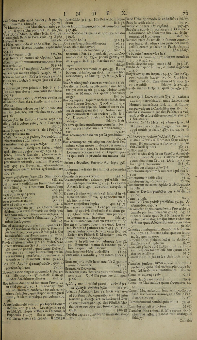 )S ■da ftriata vertis apud Arabes , &amp; per fi- Bmilitudinem alae locujfta? ^ 479- 71* (ra Idumaeorum aut Moabitarum urbs 5”34* &lt;.ao. Regio vicina pecorofa. ib. 46. 50. Vox Bofra Mich. 2. aliter leda ibid. 34. arthaginis Byrfa fic Poenis ibid. 63 Bofra Hebraeis Roma. ibid. 66. »s Hebr. quomodo &amp; unde didus 60.31. &gt;vis Hebraea feptem nomina explicantur 2-74-43* . )ves cur triones dicti _ 212. 30 )ves Indici unicornes ab Oppiano 'Aohqi dicuntur per fummum errorem, cujus fon¬ tes aperiuntur # 933* 24- myu goe id eft mugiens. An inde yoaus , quiain ejus mugitu aliquid yoegov, ut ha betur in Luciano. Et Perfis vacca gao, Al¬ pinis ceva^ Belgis &amp; Anglis vel CotlO 286.63. &gt;s non mugit juxta pabulum Job. 6. 3'. Ita Job non querebatur, cum bonis abundabat 407.14. ugiunt boves pabuli, &amp; vaccae vitulorum deliderio 1 Sam. 6.12. Simile quid in Livio 286 43“. imogeniti bovis decor cur a Mofe tribuatur aut ipft Jolepho, aut tribubus exeo natis 403'. 66. Jff*Xc6( jSssff iti Epiro a Pyrrho rege non dici, fed i colore rufo , &amp; in Theocrito fic fumi . v 289.72. orma boum ut a Prophetis, fic a Poetis &amp; ab iEgyptiis laudata 287.63. os lafius fortius figit pedem, Proverbium de triturante bove ufurpatum , 312-31 os manfuetus 9.39. 9-43 ovis pabulum in Scriptura herba , viride agri, fcenum, palea, farrago 299 23. In ]obo$ Efaia &amp; Daniele , Herbam ut bos comedit, quia in domeftico pecore, pro pter molem corporis, maxime ell 407. 31. Bovem tam arborum folia ramufculos quam herbas agriconfumere 299-57- is novit po fi efforem fuum Ef.i. Similis locus iiiFlorentini Geoponicis 188.5*2. ovi qui novit poflelTorem fuum quam difli- milis Ifrael, qui Dominum Deum fuum 409.3-8 388.60. 308.60. 312' 47- 12. 1. Contra Cicero non agnofcit oves olim in quo pretio ovis ufus ex Vegetia oves plaurtra trahunt loves ad veduras utiles oves onerageftant 313. 3°- .. &amp; Horatius &amp; vetus Proverbium dens quae non conveniunt, clitellae bovi impofitce ib. 33. Tamen feretro fe lubmittunt , &amp; ho¬ mines dorfo gerunt ibid. 47- Bos ad cultus agrorum maxime requilitus 11. 48. Ad aratrum adhibitus 309. 3. Quis ara bit bobus \ nempe in petra Araos 9.12. Cur bubalosfubftituatHieronymus413'. 17 22 Paftorum labor agriculturae genus ib. 43. Bovis ad trituram uius 310.16. V ide Grana. Bovem triturantem Graeci olim capirtrabant, alii quoque populi, quod Lege Dei veti¬ tum 401. 18. Itaque triturae tempore bo¬ ves maxime pinguefcebant, quia bovis tri¬ turantis os capiftrare non licebat 301.61 Bos D13K Aquilae QxTviet£oiuiv®j, quia ad prsefepe Paginatus 3°4-74 Boves &amp; vaccae pingues quomodo Hebr.304 21. His oppofitae rakkoth Gen. 41 quod ex Arabifmo explicatur ibid. 34. Bos infcius ducitur ad lanienam Prov.7. 22 ut alibi oves 289.30. Cum bove qui duci tur ad lanienam confertur juvenis ab ad ultera fedudus, quia ftupor in utroque li milis, &amp; idem utrobique periculum 409 36' A bovis efu multi veterum per fuperftitionem abftinuerunt 314.42. Lex Athenis ea de re ibid. 48. Hujus veftigia in Diipoliis &amp; Buphoniis 314.5*7. Boves aenea demum vel ferrea aetate caeli ibid. 62. Romaspar fuperftitio 313. 3. His Dei verbum oppo- fitum ibid. 38. Bovis lac utiliflimum,unde butyrum &amp; cafeus 3l1 46* Bos ad holocaufta qualis &amp; quo ritu oblatus 319.6. Bos major hoftia 321.33. Bos aSaule quorfumdifcerptus 326. 34. Boves etiam fubnervari 179.26. Boum cornu unde buccince 317.9. Attolle¬ re cornu 1 Par. 23. 3. quid lit 317.12. Cor¬ nu olei ibid. 39. Kfyxc poculi genus, un¬ de KZ()oi&lt;r&lt;u ibid. 43. Bacchus cur rotvgl- x zQoag ibid.46. De bove leges ceremoniales 402.33. Romae bovem qui in fpecum decidilfet teriis libe rare licebat, utLuc. 13. 13. &amp; 14. 3. ibid. 4° Bove &amp;afinoj undis arare cur vetitum i 1.62. Bos alienus li cadat in cirternam, damni tene¬ tur qui eam aperit 391.34. Hujus-Legis minutias Maimonides quam penficulate exigat ibid. 62. Bos cornupeta, fi quem occiderit lapidabitur juxta Legem Gen. 9.3. Quodfadum qua tuor de caulis 389.10. Romani cornu fce- no circumligabant ibid. 34. Solon canem qui momorderat nox# tradere juffit. ibid. 30. Draconis &amp; Thartorum leges etiam fn ibid. 34. &amp; 61. De bove qui bovem alienum cornu feriit lex ex qua per analogiam alia multa colligun tur 393-27. Bovis cornupeta? caro cur perLegem immun da 389-72 Bovis cornupeta? qui aliquem occiderit Do¬ minus etiam morte multatus, fi monitus non recluferit 390. 12. Juda?orum adhanc Legem exceptiones ibid. 21. Capitalis poe¬ na quo cafu in pecuniariam mutata ibid 38- De bove depolito, furrepto &amp;c. leges 398. 27- Bos errans fivefratris five inimici reducendus 398.4. [onathanis prava exceptio ibid. 63 Bovem iplum furto ablatum qui reddit, cur nonnili dupli teneatur 397.43. Lex eadem Athenis ibid. 49. Judaeorum exceptiones ibid. 70. De bove &amp;afino vel fratris vel inimici in via lapfo lex obfcuriflima, quaeque epucem fi git interpretibus 399-4 In eam conjedura duplex 400.23. 33 Bovis noxii nomine in Lege per analogiam intelligi quodvis aliud animal noxium 391. Bubo Hebr. quomodo &amp; unde didus 66.17. Bubo in tedis ululat 14 Bubile cur Hebr. raphath 303.47, Bubula in conviviis recepta 314.3. Et in men- faSolomonis &amp; Nehemiae ibid. 12. Et he¬ roum apud Homerum ibid, 14. Bubulci aetate Sirachidis in fummo contem¬ ptu fuere. At olim viros principes boum gelfilfe curam probatur in Patriarcharum gratiam 382,48.63. De bubulo rtercore vide in S, , Buccinae ex boum non ex arietum cornibus 317.9. &amp; 426. IO. , , ; Budini Scythiae populi unde didi 313. 18, Burdo idem quod hinnus, &amp; mulus in genere 2,34.6. Butyri vox quam inepta 474.33. Cur in Cy¬ pro didum fit 313.60. Cur Hebr. ibid. 63. Ejus ufumad Graecos fe¬ ro 7r/vwov id 33. Quod tamen a Samaritano perperam in facrum textum intrufum ibid. 43 Bovi trituranti os obligari cur vetitum 11.33 Bovem triturantem capiftrare quod Lex ve¬ tat, Paulus ad paftores refert 413.34. Cur negat Paulus boves Deo effe curas ibid. 39 Eadem fere Philo &amp; R. Menahem 416.17 Boum ftimulus vide Samgar. Branchias in pifeibus pro pulmone funt 38 39. Branchias internas &amp; externas 38. co Internas quid ibid. Externas 38-63 3ruta in genere Hebr. unde dida 38 74. 3ruta omnia muta dici, nonfolum pifces 3. 38. 3ruta majoris molis in oriente fub Gigantum nomine contineri 1037.27. 3ruta cur a Deo creata 3.16. 3rutorum juxta Hebrasos quatuor fummage¬ nera 3.28. Quid illa prascipue diftinguat 3.62. B^vtIo» , marini echini genus , unde @$vt- rivtj oiptopyos bryttinabyffus 488.33. Bubalus j3v£«ALev. n.in Gr.verf. non eft bos ferus, fed caprea; fpecics. Id enim fonabat vel jS»S&lt;»AJr apud Grae¬ cos vetuftiores 910. 36. Sed Plinii &amp; Mar- ro deveniffe ibid. 33. &amp; 474.42. BuVi@- menfis Delphis, quali qjJm©- 337. 30. Caadas quid Lacedasmone 831. 6. Ka/oiroo xcs/eToV, terra? hiatus, unde Lacedaemon Homero x«istoW&lt;* ibid. 11. Ariftome- nes per vulpem a Cssada liberatus ibid, 30. Calceos viatorum in Judaico Pafchate a vul¬ garibus diverfosfuilfenon conftat 389. 71. \ ide Cothurni Calch vel Colcha Hebr. eft pinna? feu conchae margaritiferas lana, quod multis‘probatur 487. 27. 34. 61. &amp; 488.2. alcitrare contraflimulosfZ\\x\^X Proverbium etiam a Gra?cis &amp; Romanis faspe ufurpa¬ tum, fed multo ante a Prophetis in quibus fuitChrifti fpiritus 387.13. Callionymi fel 836.62. Calvitii laudes fcriplerunt Synefius &amp; nubal- dus Elnonenfis 819.42. Calvitium cavillis quam obnoxium S19.14. De Elifasi calvi¬ tio nugae Hebraeorum 818.38. Camelus cur dicatur Abu-Jcb 77*4- Camelorum afpedum &amp; odorem equi non fe¬ runt 78.26. Camelorum in bellis ufus 78-4» Camelorum biga? &amp; quadrigas 77.70. Camelorum calcanea Apitio &amp; Heliogabalo in deliciis 79-29- Camelus Davidis prsefedus cur Obii didus 77- 60• c Camelielogia 00.7. Cameli efus cur Judaeis prohibitus 79,40. A- rabum de eo fabula ibid. 42, An camelus fit funis nauticus in Proverbio de camelo per foramen acus 91. 27. Agi de rudente fuadet quod Syri &amp; Arabes fic ac¬ cipiunt, &amp; analogia major inter rudentem &amp; filum quod folet per foramen acus indu¬ ci 91.60. Camelus omnium animalium folus femur in- fledit 72.13. Et retro habet quatuor femo¬ ra, &amp; genua quatuor s 73* x7 Camelus folus gibbum habet in dorfo vel fimplicem vel duplicem 6.37. Camelum glutire quid fit Matth. 23. 24.Caje- tani fufpicio locum elfe corruptum aCa- tharino refellitur _ _ 93* 7- Cameli multi in Judaea &amp; vicinis locis 77.37, 11' Camelos juniores btcrim dici multis probatur, quod Hebraeofnmplerosque la¬ tet, fed Arabibus eft notiffimMa 82.16. Camelus K#?7tQd&gt;c&lt;,y&amp; 9-43° Cameli lac &amp; caro in cibis * 79-4’ Cameli inMadianitide quam frequentes 82. 12. Cameli Madianitarum lunulas in collo ge¬ ftant , id eft lunata monilia, ut in Statio Par- thenop2?i equus 77. 3°° Camelorum uni homini quot millia 77.41. tialisaevo pro bove fero fumi ccepit erroreCamelus mingit retrorfum 94-^3* vulgi 9IQ- 33*Camelus mite animal &amp; felIe carens 76.36, Bubalus caprea: congener quam amabilis 899. Quamvis aliquid habeat felli analogum ii.-: .. • • ibid.37. . ^ &gt; J Camelus