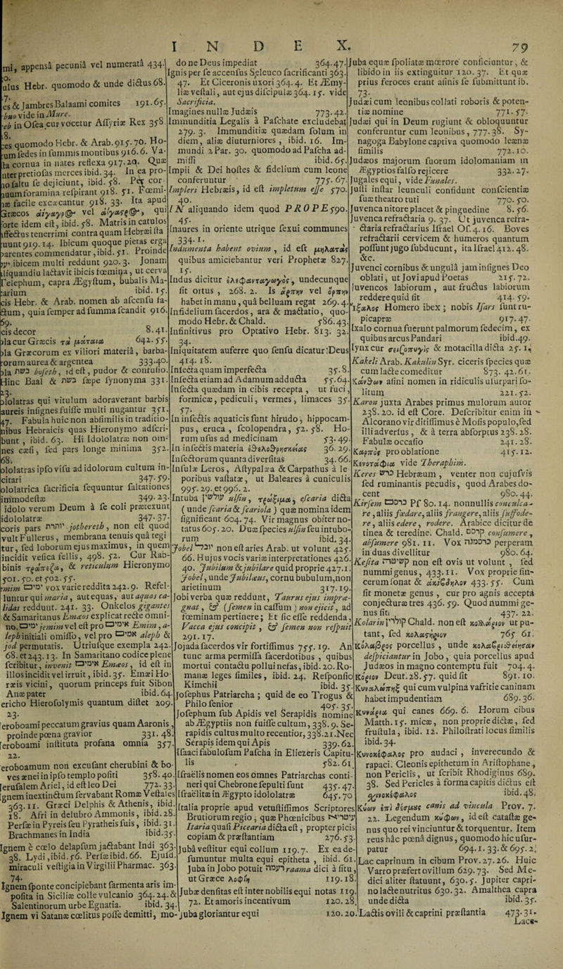 mi, appensa pecunii vel numerata 434. Sus Hebr. quomodo &amp; unde di&amp;us68. es&amp; JambresBalaami comites 191.65. ■buo\\ten\Mure. eb in Ofea cur vocetur Aliyriae Rex 350 8. :es quomodo Hebr. &amp; Arabii?. 7^- H°- •umfedes infummismontibus 916.6. Va- la cornua in nates reflexa 917.aq* Q.uae nter pretiofas merces ibid. 34. In ea pro¬ no faltu fe dejiciunt, ibid. 5-8. cor iuuinforamina refpirant 918. yi. f cerni- ise facile excacantur 918. 33. Ita apud 3r®cos diyayp©* VC1 d'yo&amp;g$®J, 4U1 rorte idem eft, ibid. y8. Matris in catulos iffedlus tenerrimi contra quam Hebrasi na uuntpip. 14. Ibicum quoque pietas erga carentes commendatur, ibid. 51. Proinde W ibicem multi reddunt 920. 3. Jonam iliquandiu la&amp;avit ibicis fcemina, ut cerva relephum, capra AsgyIlum, bubalis Ma- ;arium ^id. lS- cis Hebr. &amp; Arab. nomen ab afcenfu fa- &amp;um, quia femper ad fumma fcandit 916 cis decor , 8.41. ilacur Grtecis r» ^xtoiioc, 642.55. nla Gratcorum ex viliori materii, barba¬ rorum aurea &amp; argentea 333-4° 3la ntW bofeth, ideft, pudor &amp; confuiio. Hinc Baal &amp; nvi f®pe fynonyma 331. Dlolatras qui vitulum adoraverant barbis aureis infignes fuiffe multi nugantur 351. 47. Fabula huic non abfimilis in traditio¬ nibus Hebraicis quas Hieronymo adferi- bunt , ibid. 63. Hi Idololatra) non om¬ nes coeli, fed pars longe minima 35-2. 684 ololatras ipfovifu ad idolorum cultum in¬ citari 347- 5*9- ololatrica facrificia fequuntur faltationes do ne Deus impediat 364.47. Ignis per fe accenfus Seleuco facrificanti 363. 47. Et Ciceronis uxori 364.4. EtTEmy- lioeveflali, aut ejus difcipul®364.15. vide Sacrificia. Imagines nullas Judasis 773.42. Immunditia Legalis a Pafchate excludebat 279. 3. Immunditia) quaedam folum in diem, ali® diuturniores , ibid. 16. Im¬ mundi .2 Par. 30. quomodo ad Pafcha ad- mifli ibid. 65. Impii &amp; Dei hoftes &amp; fidelium cum leone conferuntur 775. 67. Impleri Hebraeis, id eft impletum ejje 5-70. 40. IN aliquando idem quod P R 0 PE590. 45- Inaures in oriente utrique fexui communes 334-1 Indumenta habent ovium , id eft (MjXctTolf quibus amiciebantur veri Prophetae 827. Indus dicitur i\6Qetvrctyayoe9 undecunque fit ortus , 268. 2. Is &lt;x£7njv vel opjDjv habet in manu, qua belluam regat 269.4. Infidelium facerdos, ara &amp; madlatio, quo¬ modo Hebr. &amp; Chald. y86.43 Infinitivus pro Optativo Hebr. 813. 32 34- Iniquitatem auferre quo fenfu dicatur'Deus 4I4. r8. ' Infedla quam imperfecta 37.8 Infedta etiam ad Adamum addudla 55.64 Infedta quxdam in cibis recepta , ut fuci formicae, pediculi, vermes, limaces 35- S7- , In infeclis aquaticis funt hirudo, hippocam¬ pus, eruca, fcolopendra, 5-2. y8. Ho¬ rum ufus ad medicinam 53.49 In infedlis materia 36-29 Infedtorum quanta diverfitas 34-66 Infulae Leros, Aftypalsa &amp; Carpathus a Ie poribus vallatae, ut Baleares a cuniculis 99f. 29. et 996. 2. Ilntuba ul/in, efcaria didla Cent immodeft® v . 349- 23 „ , , r—, , idolo verum Deum a fe coli prastexunt ( unde fcaria&amp;fcariola J quae nomina idem Juba equae fpoliatce merrore' conficiuntur, &amp; libido in iis extinguitur 120. 37. Et quae prius feroces erant alinis fe fubmittunt ib. 73- Judaei cum leonibus collati roboris &amp; poten¬ ti® nomine 771.57. Judaei qui in Deum rugiunt &amp; obloquuntur conferuntur cum leonibus, 777-38. Sy¬ nagoga Babylone captiva quomodo leaenae fimilis 772.10. Judaeos majorum fuorum idolomaniam in iEgyptiosfalfo rejicere 332.. 2,7. ugalesequi, vide Funales. ulli inllar leunculi confidunt confeienti® fu® theatro tuti 770.50. uvenca nitore placet &amp; pinguedine 8. y6, uvencarefradlaria 9. 37. Ut juvencarefra- • diaria refradlarius Ifrael Of.4.16. Boves refradlarii cervicem &amp; humeros quantum poffunt jugolubducunt, ita Ifrael 412.48. &amp;c. Juvenci cornibus &amp; ungula jam infignes Deo oblati, ut Jovi apud Poetas liy.72. uvencos labiorum , aut frudus labiorum reddere quid fit 414. 59° i^x\og Homero ibex 5 nobis Ifars funtru- picapr® 917.47, Ixalo cornua fuerunt palmorum fedecim, ex quibus arcus Pandari ibid.49. Iynx cur &lt;raQ)7rvyl$ &amp; motacilla didla 15.1» Kakeli Arab. Kakulin Syr. ciceris fpecies qu® cumladlecomeditur 873. 42.61. KccvB-uv alini nomen in ridiculis ufurparifo- lituin 221.5*2. Karon juxta Arabes primus mulorum autor 238.20. id ell Core. Defcribitur enim in Alcorano vir ditiflimus e Molis populo,fed illiadverlus, &amp; a terra abforptus 238.28. Fabul® occafio 241.28. KacpTroe pro oblatione 413.12. K.evoTdQici vide Iheraphim. Keres Hebr®um , venter non cujufvis fed ruminantis pecudis, quod Arabes do- 980.44. idololatr® 347- 37 coris pars n™1' jothereth, non ell ^quod vult Fullerus, membrana tenuis qua tegi tur, fed loborum ejus maximus, in quem incidit velica fellis, 498. f2 *pur binis &amp; reticulum Hieronymo yo1.yo.etyo2.y5'. # ■&gt;mtrn 0’D’vox varie reddita 242.9. Refel¬ luntur qui maria, aut equas, aut aquas ca¬ lidas reddunt. 241. 33. Onkelos gigantes &amp; Samaritanus Ernceos explicat re&amp;e bmni- jemirn vel ell proa,,rK Emirn, a- leph initiali omilfo, vel pro aleph &amp; jod permutatis. Utriufque exempla 242. 68. et 243.13. In Samaritano codice plene feribitur, invenit Ernceos, id eft in illos incidit vel irruit, ibid. 3y. EmteiHo- raeis vicini, quorum princeps fuit Sibon An® pater ibid. 64. ericho Hierofolymis quantum diftet 209 ^3' 'eroboami peccatum gravius quam Aaronis, proinde poena gravior 331. 48 [eroboami inftituta profana omnia 3y7 22. eroboamum non excufant cherubini &amp; bo ves ®nei in ipfo templo politi 3y8.40 [erufalem Ariel, id eft leo Dei 772.33 [gnem inextin&amp;um fervabant Rom® V eftales 363.11. Gr®ci Delphis &amp; Athenis, ibid. x8. Afri in delubro Ammonis, ibid.28. Perf® in Pyreisfeu Pyratheisfuis, ibid. 31. Brachmanes in India ibid.3y. Ignem e coelo delapfum jadlabant Indi 363 38. Lydi,ibid. f6. Perf®ibid.66. Ejufd miraculi veftigiain Virgilii Pharmac. 363. 74- Ignem fponte concipiebant farmentaaris im- polita in Sicili® colle vulcanio 364.24.&amp; Salentinorum urbe Egnatia. ibid. 34. fignificant 604.74. Vir magnus obiterno- tatus6oy. 20. Du®fpecies uljtn&amp;u.intubo rum ibid. 34 Jobel non eft aries Arab, ut volunt 42y 66. Hujus vocis vari® interpretationes 426 40. Jubilum &amp; jubilare quid proprie 427.1 ‘jobel, unde Jubilceus, cornu bubulum,non arietinum 3I7-I9 jobi verba qu® reddunt, Taurus ejus impree gnat, (femen in caflfum ) non ejicit, ac foeminam pertinere j fct ficelfe reddenda Vacca ejus concipit , &amp; femen non refpuit 291.17. Jojada facerdos vir fortifllmus 7yy. 19. An tunc arma permififa facerdotibus , quibus mortui conta&amp;u pollui nefas, ibid. 20. Ro- man® leges fimiles, ibid. 24, Refponfio Kimchii ibid. 3y. jofephus Patriarcha ; quid de eo Trogus &amp; Philo fenior qoy. 3y. Jofephum fub Apidis vel Serapidis nomine abiEgyptiis non fuiffe cultum, 338.9. Se¬ rapidis cultus multo recentior, 338.21 .Nec Serapis idem qui Apis 339-62. Ifaacifabulofum Pafcha in Elieieris Capitu¬ lis ^ y82.6i [fraelis nomen eos omnes Patriarchas conti¬ neri qui Chebrone fepulti funt 43y. 47 (fraelit® in Agypto idololatr® 64y. 70 talia proprie apud vetuftiflimos Scriptores Brutiorum regio, qu® Phoenicibus Itaria quali Picearia didta eft, propter picis copiam &amp; pr®ftantiam 276. y3 Juba vellitur equi collum 119.7. Ex eade- fumuntur multa equi epitheta , ibid. 61. JubainJobo potuit nrajnraama dici alitu, utGr®ce Aocp/i» 119.18. Jub®denfitas eft inter nobilis equi notas 119. 72. Et amoris incentivum 120.28 Kirfem CDDID pf 80.14. nonnullis conculca* re, aliis foedare, aliis frangere, aliis fuffode- re, aliis edere, rodere. Arabice dicitur de tinea &amp; teredine. Chald. confumere , abfumere 981. ii. Vox riiDDID perperam in duas divellitur 980.64. Kejita non eft ovis ut volunt , fed nummigenus, 433.11. Vox propriefin- cerumfonat &amp; oiKtQS^Aov 433. yy. Cum fit monet® genus , cur pro agnis accepta conjedlur® tres 436. y9- Quod nummi ge¬ nus fit. 437.22, KoIarwY^npChald. non eft kofj\d^tov ut pu¬ tant, fed KoXx5Y]()tQv 76y 6r = KoAetfigos porcellus , unde xoA«C^&lt;o9-«&gt;j(r«ir defpiciantur in Jobo, quia porcellus apud Jud®os in magno contemptu fuit 704.4. Kogiov Deut. 28.57. quid fit 891.10, Kvm\u7qui cum vulpina vafritie caninam habet impudentiam 689.36. qni canes 669. 6. Horum cibus Matth.iy. mic®, non proprie didi®, fed fruftula, ibid. 12. Philoftrati locus fimilis ibid. 34. Kvvoxpto audaci , inverecundo &amp; rapaci. Cleonisepithetumin Arillophane, non Periclis, ut feribit Rhodiginus 689. 38. Sed Pericles a forma capitis didlus eft pc&amp;Aoff ibid. 48. Kvuv Swpxs canis ad vincula Prov. 7, 22. Legendum xuipwv, ideft cataft® ge¬ nus quo rei vinciuntur &amp; torquentur. Item reus hic poeni dignus, quomodo hic ufur- patur 694.1. 33. &amp; 695.2j Lac caprinum in cibum Prov. 27.26. Huic Varropr®fertovillum 629.73. Sed Me¬ dici aliter ftatuunt, 630.5. Jupiter capri¬ no ladle nutritus 630.32. Amalthea capra undedidla ibid. 35. Ignem vi Satan® coelitus poffe demitti, mo-juba gloriantur equi 120. ao. Ladlis ovili &amp; caprini pr®ftantia 473* 31 * Lac«-