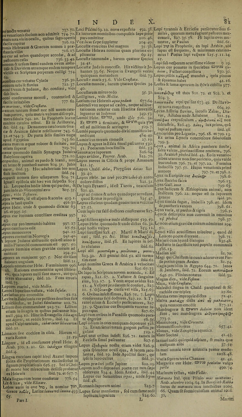 eono&u venatur 20 venationis focium non admittit / 5*4* 7-J sOnis tota vis in oculis, quibus fago opertis facilecapitur 716.12. ;onis Hebraeum & Graecum nomen a prx- ftantia vifus 7I^-I7; eo cur ad urbes quandoque accedat, & ad pallorum cafas 73^-33-42-- eonem& urium fimul eandem ovem abllu- lilfe & Davidem utrumque eodem tempore vici fle ex Scriptura perperam colligi 754 62. ,eonibus cur vehatur Cybele 736- 3°- ,eonumurbs’& fluvius 722-37 coni Deum &Judasos, &c. conferri, vide fuis locis. . eoni conferuntur morofi , contentio» & facile irritabiles 777.62,. eo marinus, videCruftata. reasnam tantum fcmel nec nili unum catu¬ lum parere, quia matris vulvam dilcerpit merafabula 742. 20.' In Prophetis leaenae multos catulos tribui. Et in Ariftotele, &c. ibid. 74. Denumero catulorum Grae¬ cae & Arabicas fabulas refelluntur 743. 6. 32.et744; 3. De partu felis fimiles nugae apud /Fgyptios # 743• ^°- «esenam at em aequat robore & feritate, aut etiam fuperat 7I9-7° ,eaenae quomodo fimilis Synagoga Judaica Babylone captiva 772.10. leopardus, animal ex pardo & leaena, non ex leone & panthera natum 804. 31. Jubis caret, ibid.33. Hoc adulterium leo non finit inultum- ibid. 5-4. /eopardi nomen fero ufurpatum 804. 71. Ignatii epiflola ubi haec vox fulpedta 8oy. 22. Leopardus hodie idem qui pardus, & jam inde ab Hieronymi aevo 805-. 35'. ,epas, vide Tefuicea. jepra imxDO , id efl afpera & acerba 493.1. jepra in lana qualis 492.30. epus Hebr. unde & quomodo dicatur 63. 26.et99f.2y. epus cur formam conciliare creditus 997’ 43 737.'yo. Loci Pfalrm'69.22. novaexpofitio 792.38 Ex locorum nominibus compolitis faepe prior pars omittitur 200.46. Vox/orzo-faepe fuppletur 204.49. Locurtae exercitus Dei magnus 35. 38. Locuflae Hebraea nomina quam plurima ex¬ plicantur 69. 2f. Locurtx immundae , harum quatuor fpecies 34-41- Locultae J u d at i s conceflas. His viclitavit Jo- hannes 33.6y. Neque in Evangelii verbis quicquam mutandum ibid. 73. Loculi,e maris 73.6. Vidt Cruftata. Locullae mundae, harum quatuor fpecies 34. 40. Locuflarum mirusordo 37.32. Lolligines, vid q Mollia. Lotium cur Hebraeis aquapedurii 677.64. Ludendi vox neque ad caedes, neque ad icor- tationem refertur cum Ifraelitae furrexifle leguntur ut luderent 349. 73 Lumbi Hebr. unde yo6. 34. Et a firmitate, & Q1^nquia ybn efl ad militiamfe accingere 709.7. Lumbi pauperis quomodo diviti munifico be¬ nedicant 4^4-49- Lumbricus terram comedit 27.19. Lupus & agnus in Efaia fimul pafcuntur y30. yi. Poetarum locafimilia ibid. 3-3. Genus acre luporum 826.64. Lupo avidior, Prover. Arab. 822.70. Lupus aureus in Cilicia & prope Amanum 821.27. Lupus Chald. deba, Phrygibus davus 821 39.40. Lupus Hebr. 3NT zeeb pxolTWzeheb ab aureo coloredidtus 821.32 De lupis Byzantii, id efl Tureis, oraculum 821.42. Lupi ad domos & urbes quandoque accedunt, quod Romx in prodigiis 827.47. Lupus efuriens quodam genere terras vefeitur 27. yi. Cum lupis cur falli dodtores conferantur 827. 10. ;Lupi fidibus agninae male obfirepunt y29- 79. iepus cur pro immundo habitus 997- 27-'Lupus Hebr. quomodo & unde didus 62.32 epus cantharos edit epus monoceros jepores cornuti in Norvegia 941.40 i lepore Judaeos abltinuifle quia efl alino li- milis Plutarchi commentum efl 997. yo ^epores foeminae etiam gravidae coitum ad mittunt 294- S° aepores an ruminent 997- f- Nec divifam habeant ungulam ibid. 21. teporis nomen cur Hebr. Fcemininum 996. 18. Rationes commentitiae apud Hebrae¬ os , quia lepores nulli funt mares, aut quia fexus alternatur, ibid. 22. Pons erroris ibid. 73. Lepores marini, vide Mollia. Leros a leporibus vallata, vide Infula. Leviathan pro crocodilo , y2.i2. Levitas inBaby Ionia cur pollices dentibus fuis abfeiderint, ut Judaei fabulantur 202.72. Lilium duo commendant 923.72. Lilium etiam in iis agris in quibus pafcuntur hin¬ nuli, 924.10. Hinc inEvangelio lilia agri aut dejerti, ut reddit Syrus , ibid. 14. Et apud Calphurnium, cubat inter lilia cervus ibid. 21. Limaces live cochleae in cibis. Horum vi¬ varia Romae 3 S-S9- Lingere , id efl confumere phrafi Hebr. & Arab. 300. 1. 21. Gr. elingere ibid. 4. Lingua coccinea capit? hirci Azazel imponi folita die Propitiationum exalbefeebat in fignum propitiationis 6y6.yy. SedaChri- fli morte hoc miraculum deliifle probatur ex Hebraeis ibid. 72. et 6y7-7. Mala lingua cum leone confertur 778. 74 Lix&lixx, \ide Elixare. Lobus auris in ove Vn , in nomine TJnj 8y3.12. Martii & Marti di Hinc AvuoB'cc^ete, Et lupinus in bel- ibid.62. /uovb^vuot , fJIOVIOl 27- ff-Lupi hoflis vulpes 941- 2y-|Lupi fortiflimi 828.47. cati , ibid. yo. &c. Avx,ocppovs?, ibid.y8. Io ululatus Lupi alii uovo7r«£<5i* ? 823.32. Alii gemini ibid.y2. alii turma- timeunt ibid. 62 Lupi nomina Graeca & Arabica ^ velocitate du£ta 827. 67.73 De lupo in Scriptura novem notanda, 1. Efl rapax, 821.67. 2. Vallator & languina- rius, 822. 27. 3. Vorax atque avidus 822. yi. 4. Vefpere praedatum fe confert, 823. 11. y. ’o£vT<*T(g>-* curfu vel vifu, 827.63. 6. Ovibusififeftiffimus, 826.71. 7. Lupis conferuntur falli dodtores, 827.10. 8.Ty ranni etiam & Ecclefi.ae perfecutores, 827 37. 9. Quaeritur cur Benjamin vocetur lu¬ pus rapax 827.67. Lupi cum ovibus in Paradifo quomodo paca te degerint y6. 37. Lupi odium in oves nunquam deponunt 728 72. Etiam faturi totum gregem pafli.m ju¬ gulant y29.1. Lupi utut ovibus inferti 826. 71. tamen in Ecclefia fimul pafcuntur 827. y. Lupus 0nodtu etiam videt 826. 9. quia fplendent oculi ejus, & lucem jacu¬ lantur, ibid. 19. Inde Apollini facer, qui ipfe in lupo cultus ibid. 31. Lupos praedari juflit Jupiter 822.19. Lupum nodlu depraedari poetae cur tam faepe obfervent 824.4. Idem Arabes, ibid. 44. Lupus cur Samnitibus irpus, unde Irpim ibid. 48. Romanis luporum animi 823.7. Graece aoGo?, Latine lanna vel lamna Lupus fatur manfuetus , fed cum fame redii 6$. Pars I. lupifiummgeaium 824.60. Lupi tyrannis & Ecclefia: perfecutoribus fi¬ miles , quorum metufugiunt pallores mer¬ cenarii, 827.37. y8. Hi lupi in oves mu» tantur, ut Paulus ibid.6r. Lupi 'mi? in Prophetis, an lupi Arabiae, ubi lupus efl frequens, & minimum centino- mius? Potius lupi vefperae 82y. y. 11.24. 27. ». > Lupi fub vefperam acutiflime vident • '9 19. Lupus cur ponatur in fpeciebus 0’ym' tjc- boim , Eulleri conjedlura 830.30. Lupus pifeis actSfai; mundus , quia pinnas & fquamas habet 42.16, Lullra& lamae aprorum in fylvis cubilia 977. 24. AvKOTrdvSyjg efl thos 801.72, et 802. 2. et 8o4- 3- ... . . AvxoffTruJa equi qui fint 673.49. De/llavo- ce nova conje61ura 664.29. Lycus Aflyriae fluvius, incolis Zabas, Dia- vas, Adiabas unde Adiabene 821^4. crepufculum. , oipt.<S>iAvvf nox fubluftris, 826.43. Ava»j, lux prima, qua lupi ad partum eunt ibid. 48. Lyncuridm pro Ligurio, 796.28. 61799.13. Ex urina Lyncis concrefcere fabuiofum 799-3- . Lynx , animal in Africa pantherae fimile,, faltu valens, pertinaciflime renitens, 796. 32. Arabice phebedibid. 42. Eo in venatior nibus utuntur non fine periculo, quia valde iracundum 796. 72.,et 797.22, Foemina indocilis 797. yi. Hujus venationis primi aulores 797.71.61798.1. Lynx in Euripide cur ivs798.6. Lynx Baccho facra .796,13. LynxGall.o^re 799-63! Lynx Indicum & Aethiopicum animal, non Italicum 796. 22. neque efl in luporum genere iHd.30. Lynx timida fugax, imbellis 798.47. Idem de pantheris veteres 798.61. Lynx varia, ut pardus & tigris 796. ye Lyncis deferiptio non convenit in omnibus tw' pbehed 798. 37, Lynces etiam gravidas coitum admittunt 294. *9\ . . . . . . Lynci vifus acutiffimus tribuitur , quod de Lynceo poetae dixerant 798.71! Macarii cum hy aeni'dialogus 837.48. Ma&atio in facrificiis toti populo communis yS6.i3. t , Madian ubi , 81.70, Magi qui Chriflum in cunis adoraverunt Per- fae potius quam Arabes 81.74! Vlagiajamolim in Agypto 644. 71. Janes & Jambres, ibid. 72. Eorum xj37ror»dnc^ 647.70. Plinius notatus ibid. 32, Magna dies, videFcflum, Maja, vid tCruftata. . ,, ; ^ Maledici lingua in Chald. paraphrafi & Si- rachide cur triplex 27.60 Maltha cetus impropriedidus . 71.41! Malva fxxhoi^Yi didla «Vo t5 puxAclossivj quia ventrem emollit . 877.21. Mandragorse & 0’xnn dodaim non iderrt funt , nec mandragora 773-9- ., ^ Mantichora, videCrocutta. Manumiflionis ritus 677.42, Manus, videZoophytaaquatica MareSochni 4x-43: In mari nafei quicquid ufpiam, & multa quae liufquam alibi 37- Tn mari omnia terrae animalia praeter mufte- lam 1028.48. Vlariafeptem terrae Chanaan 41.42. Margaritae cur Hebr. peninim vulgo perla 490.74! Marinum vellus, vi de bellus. \ ' ... , Marmota Ital. quae Plinio mus montanus, Arab. alwebro 1004. 64. In Berefcith Rabba locus de marmota non intelledlus iooy. 66. Quam fit fomuiculofum animal 1006, 30. Matum