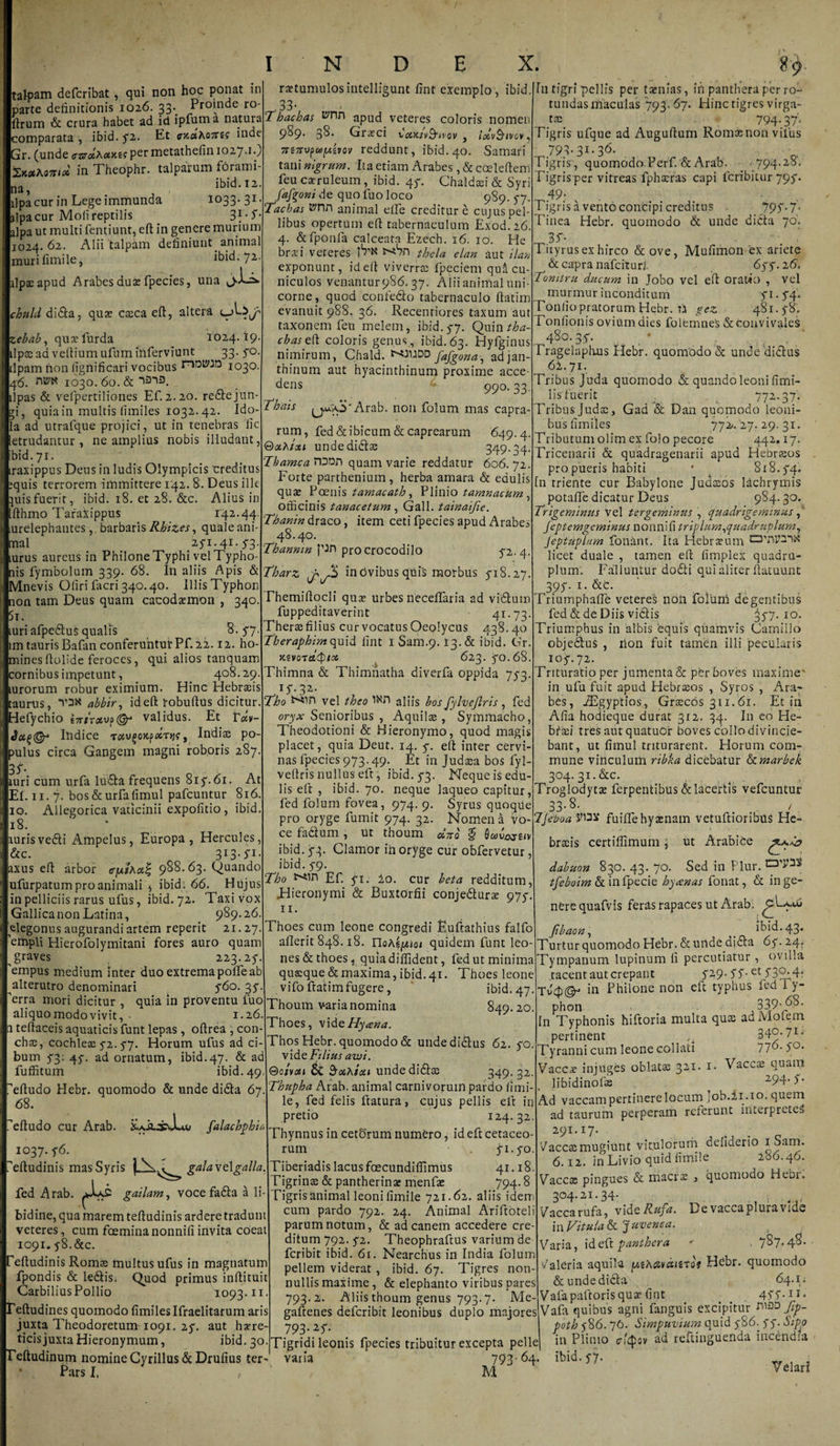 talpam defcribat, qui non hoc ponat in parte definitionis 1026. 33.. Proinde ro- firum & crura habet ad id ipfuma natuia comparata , ibid. qz. Et <r>caA07r£? inde 3r. (unde <rar«A<#>ce? permetathefin 1027.1.) 2x#AaW in Theophr. talparum forami- ibid. 12. 11U ) , fipacur in Lege immunda 1033.31. alpa cur Moli reptilis 3f*f alpa ut multi fentiunt, eft in genere murium 1024.62. Alii talpam definiunt animal murifimile, ibid. 72. ilpsapud Arabes dus fpecies, una JU. chuld didta, qua? casca eft, altera zebab, qusfurda 1024.19. ilpsaa veftiumufuminferviunt 33. 40. tlpam non lignificari vocibus 1030. 46. 1030. 60. & ilpas & vefpertiliones Ef. 2.20. redtejun- quiain multis fimiles 1032.42. Ido- a ad utralque projici, ut in tenebras lic etrudantur, ne amplius nobis illudant, bid. 71. raxippus Deus in ludis Olympicis creditus quis terrorem immittere 142. 8. Deus ille uisfuerit, ibid. 18. et 28. &c. Alius in fthmo TaraXippus 142.44. urelephantes,. barbaris Rhizes, quale ani¬ mal 25-1.41. 53. turus aureus in PhiloneTyphi velTypho- nis fymbolum 339. 68. In aliis Apis & Mnevis Oliri facri 340.40. Illis Typhon non tam Deus quam cacodsmon , 340. 5i. turi afpedtuS qualis 8. 5-7. im tauris Bafan conferuntur Pf. 22.12. ho¬ mines ftolide feroces, qui alios tanquam cornibus impetunt, 408.29. turorum robur eximium. Hinc Hebraeis taurus, V2X abbir, ideft robuftus dicitur. Hefychio tntTotva^r validus. Et tolv- raetumulosintelligunt fint exemplo, ibid. I fn tigri pellis per taenias, in panthera per ro- 33- . _ , j tundas maculas 793.67. Hinctigres virga- Thachas 989. P Indice T«y§oK.p^T>jf, Indiae po ulus circa Gangem magni roboris 287. 34- turi cum urfa ludta frequens 814.61. At Ei. 11.7. bos & urfa fimul pafcuntur 816. 10. Ailegorica vaticinii expolitio , ibid. 18. rurisvedli Ampelus, Europa, Hercules, &c. 3I3-i'1- axus eft arbor o-juiAcel 988-63. Quando ufurpatum pro animali 4 ibid. 66. Hujus in pelliciis rarus ufus, ibid. 72. Taxi vox Gallica non Latina, 989.26. ‘elegonus augurandi artem reperit 21.27. empli Hierofolymitani fores auro quam graves 223.24. empus medium inter duo extrema polfe ab alterutro denominari 4 46o. 34. erra mori dicitur , quia in proventu fuo aliquo modo vivit, ■ 1.26. a teftaceis aquaticis funt lepas , oftrea , con chs, cochleae 42. 47. Horum ufus ad ci bum 43; 44. ad ornatum, ibid.47. & ad fuffitum ibid. 49 eftudo Hebr. quomodo & unde didta 67 68. t^nn apud veteres coloris nomen |8. Grsci vWvdhv ov , ioivSivov, 7n7rvfct)fxivov reddunt, ibid. 40. Samari tani nigrum. Ita etiam Arabes, & coeleftem feu caeruleum , ibid. 44. Chaldsi & Syri fafgoni de quo luo loco 989. 47. Tacbas »rm animal elfe crediture cujus pel¬ libus opertum eft tabernaculum Exod.26. 4. &fponfa calceata Ezech. 16. 10. He brari veteres thela elan aut ilan exponunt, ideft viverra fpeciem qu^ cu¬ niculos venantur 986. 37. Alii animal uni¬ corne, quod confedto tabernaculo ftatim evanuit 988. 36. Recentiores taxum aut taxonem fen melem, ibid.47. Quin/^- cbaseft coloris genus , ibid. 63. Hyfginus nimirum, Chald. fafgona, adjan- thinum aut hyacinthinum proxime acce¬ dens 99°- 33 'Thais ^sGrArab. non folum mas capra¬ rum, fed & ibicum & caprearum 649.4. GotAiou unde didite 349.34. Thamca nuon quam varie reddatur 606. 72. Forte parthenium, herba amara & edulis qua? Poenis tamacath, Plinio tamnacum, officinis tanacetum, Gall. tainaijie. Thanin draco, item ceti fpecies apud Arabes 48.40. Thanmn pn pro crocodilo 42.4. Tharz in civibus quis morbus 418.27. rhemiftocli qua? urbes necelfaria ad vidtum fuppeditaverint 41.73. Therae filius cur vocatus Oeolycus 438.40 Tberaphim quid fint lSam.9.13.& ibid. Gr. jcsvotdivise 623. 40.68. Thimna & Thimnatha diverfa oppida 743. 14.32. Tho vel theo aliis bos fylvejlris, fed oryx Senioribus , Aquilae, Symmacho, Theodotioni & Hieronymo, quod magis placet, quia Deut. 14. 4. eft inter cervi¬ nas fpecies 973.49. Et in Judaea bos fyl¬ veftris nullus eft, ibid. 43. Neque is edu¬ lis eft , ibid. 70. neque laqueo capitur, fed folum fovea, 974. 9. Syrus quoque pro oryge fumit 974. 32. Nomen d Vo¬ ce fadtum , ut thoum «Vo I Qwvastn ibid. 43. Clamor ih oryge cur obfervetur, ibid. 49. Tho Ef. 41. io. cur beta redditum, .Hieronymi & Buxtorfii conjedturs 974. 11. eftudo cur Arab. . I /'alachphict 1037.46. eftudinis mas Syris galavelgalla fed Arab. gallam, voce fadla a li¬ bidine, qua marem teftudinis ardere tradunt veteres, cum fceminanonnifiinvita coeat 1091.48. &c. 'eftudinis Romae multus ufus in magnatum fpondis & ledlis. Quod primus inftituit Carbilius Pollio 1093. 'eftudines quomodo fimiles Ifraelitarum aris juxta Theodoretum 1091. 24. aut ha?re ticis juxta Hieronymum, ibid. 30 eftudinum nomine Cyrillus & Drufius ter- * Pars I, tae 794.37. Tigris ufque ad Auguftum Romae non vilus 793.31.36. Tigris , quomodo Perf. & Arab, .794.28. Tigris per vitreas fphacras capi feribitur 794. 49- v . Tigris a vento concipi creditus 794- 7“ Tinea Hebr. quomodo & unde didta 70. Bf- Tityrus ex hirco & ove, Mufimon ex ariete & capra nafciturj. 644.260 Tomtru ducum in Jobo vel eft oratio , vel murmur inconditum 41.44. Tonliopratorum Hebr. n gez 481.48. Tonlionis ovium dies folemnels & convivales 48o-3V . * Tragelaphus Hebr. quomodo & unde dictus 6i. 71. Tribus Juda quomodo & quando leoni fimi- lisfuerit 772.37. Tribus Juda?, Gad & Dan quomodo leoni- 'bus fimiles 772.27.29.31. Tributum olim ex folo pecore 442.17. Tricenarii & quadragenarii apud Hebraos pro pueris habiti ‘ ^ 818.44. fn triente cur Babylone Judsos lachrymis potafte dicatur Deus 984.30. Trigeminus Vel tergeminus , quadrigeminus, feptemgeminus nonni triplum,quadruplum, Jeptupl/im fonant. Ita Hebr sum UDmynx licet duale , tamen eft fimplex quadru¬ plum'. Falluntur dodti qui aliter ftatuunt 394. i.&c. Triumphaire veteres non folum degentibus fed & de Diis victis ^47.10. Triumphus in albis equis quamvis Camillo objedtus , non fuit tamen illi pecularis 104.72. Trituratio per jumenta & per boves maxime' in ufu fuit apud Hebraos , Syros , Ara¬ bes, iEgyptios, Gracos 311.61. Et in Afia hodieque durat 312. 34. In eo He- btsei tres aut quatuor boves collodivincie- bant, ut fimul triturarent. Horum com¬ mune vinculum ribka dicebatur hamarbek .304' 31. &c. Troglodyta? ferpentibus & lacertis vefcuntur 33-8- / 1jefroa fuifte hyaenam vetuftioribus He¬ braeis certiffimum , ut ArabiCe dabuon 830. 43. 70. Sed in Plur. tfeboim & inlj>ecie hycenas fonat, & in ge¬ nere quafvis fenis rapaces ut Arab; Thoes cum leone congredi Euftathius falfo aflerit 848.18. Ylohkpioi quidem funt leo¬ nes & thoes, quiadiftident, fed ut minima quaeque & maxima, ibid. 41. Thoes leone vifo ftatim fugere, ibid. 47. Thoum varia nomina 849.20. Thoes, xideHyana. Thos Hebr. quomodo & unde dictus 62. 40. vide Filius awi. ©o/vtfi & ^fliA/Sei undedifta? 349. 32. Thupha Arab. animal carnivorum pardo fimi- le, fed felis ltatura, cujus pellis eft in pretio 124.32. Thynnus in cetSrum numero, id eft cetaceo- rum Sl-S°- Tiberiadis lacus foecundiffimus 41.18. Tigrina? & pantherina? menfa? 794-8 Tigris animal leoni limile 721.62. aliis idem cum pardo 792. 24. Animal Ariftbteli parum notum, & ad canem accedere cre¬ ditum 792. 42. Theophraftus varium de feribit ibid. 61. Nearchus in India folum pellem viderat , ibid. 67. Tigres non nullis maxime , & elephanto viribus pares 793.2. Aliis thoum genus 793.7. Me- gaftenes deferibit leonibus duplo majores 793 •2T Tigridi leonis fpecies tribuitur excepta pelle vana 793-64. M fibaon, t ibid. 43. Turtur quomodo Hebr. &unde didta 64. 24. Tympanum lupinum fi percutiatur , ovilla tacent aut crepant 429. 4S-et 739;4' Tw<p®- in Philone non eft typhus fed I y- phon 339-^8- In Typhonis hiftoria multa quae ad Molem pertinent ,, 34®-71- Tyrannicum leone coi lati 776- 4°- Vaccae injuges oblatae 321. 1. Vaces quam libidinolas 294- S- Ad vaccam pertinere locum Job.ii.io. quem ad taurum perperam referunt interpretes 29I-I7- Vaces mugiunt vitulorum defiderio 1 Sam. 6.12. in Livio quid fimile 206.46. Vaces pingues & maers , quomodo Hebu 304.2n.34- , , Vaccarufa, vide Rufa. De vacca plura vide in Vitula & Juvenca. Varia, ideft panthera * . 787.48. Valeria aquila jusAcsmistof Hebr. quomodo &undedidta 64. ii Vafapaftorisqus fint 477-11» Vafa quibus agni fanguis excipitur N2D Jip- poth 486. 76. Simpuvium quid 486. qy.Sipp in Plinio eltyv ad reftinguenda incendia !bid-4‘ Vetari