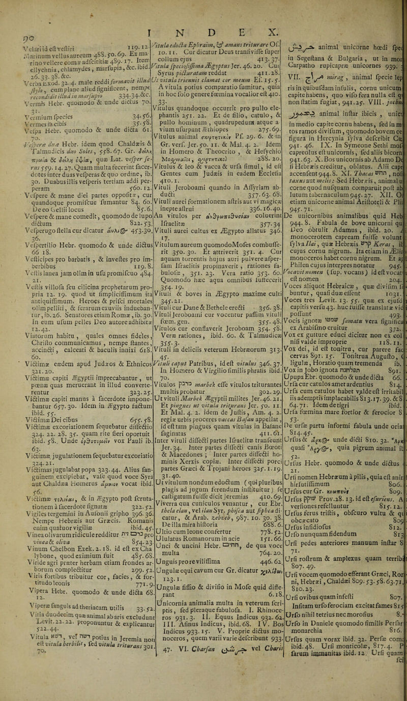 Velari id eftveftiri 119.1-- IViarinum vellus aureum 488.70.69. Lx ma¬ rino vellere comar adfcintiae 4^9-V ■ Reir> ellychnia,chlamydes, marfupia, &c.lbid. 26.33.3S.&C. ; . Verba lixod. 32.4. male reddi formavit illud jiylo y cum plane aliud fignificent, nempe recondidit illud in marfupio 3 34-34- &c- Vermrs Hebr. quomodo & unde didus 70. Vitula edoda Ephraim, amans triturare Of. 10.11. Cur dicatur DeuS tranlivifTe fuper collum ejus 413.37. Vitula fpeciojiffrma JEgyptus Jer. 46. 20. Cur Syrus pi duratam reddat 411.28. Ut vitula triennis clamat cor meum Ei', iy. y. A vitula potius comparatio fumitur, quia in hoc folo generefcemina vocalior eft 410. O 9 9 0 . Vermium fpecies 34- Vermes iit cibis ^ 35- 5”° Vefpa Hebr. quomodo & unde di£ta 61 70. ■Vefperce dure Hebr. idem quod Chaldaeis & Talmudicis duo Soles, 778.67. Gr. Jc-sAy, tr?a!a 8c SeiAvi g^Lx, quae Lat. vefper fe¬ rus 779.14. 27. Quam multafecerint facer- dotes inter duas vefperas& quo ordine, ib. 30. Duabus illis vefperis tertiam addi per¬ peram 760.12. Vefpere & mane diei partes oppolitx, cur quandoque promilcue fumantur 84. 60. De eo Gellii locus 87. 6. Vefpere & inane comedit, quomodo de lupo didum 822.73 Vcfperugoftella cur dicatur cc\jAi& 473*30. ~2kr animal unicorne hcedi fpet in Segeftana & Bulgaria , ut in moi Carpatho rupicaprae unicornes 939. : vir. 36. Vefpertilio Hebr. quomodo & unde didus 66 1 Veliicipes pro barbatis , & inveftes pro im¬ berbibus 119.8. Vcitis lanea jamolimin ufupromifcuo 484. 21 Vellis villofa feu cilicina prophetarum pro¬ pria 12. 19. quod ut fimpliciflimum ita antiquillimum. Heroes & prifei mortales olim pelliti, & ferarum exuviis indueban¬ tur, ib. 26. Senatores etiam Romae, ib. 30 In eum ufum pelles Deo autore adhibitae 12.42. Viatorum habitu, quales omnes fideles, Cbrifio communicamus , nempe flantes, accindi , calceati & baculis innixi 618 60. Vitulus quandoque occurrit pro pullo ele¬ phantis 271. 22. Et de filio, catulo, & pullo hominum , quadrupedum' atque a vium ufurpant iEthiopes 277.69. Vitulus animal cmpTyiTincv Pfi 29- 6. &-in Gr. verf. Jer. 70. 11. & Mal.4. 2. Idem in Homero & Theocrito , & Hefychio Mo^/ivaTai, ^/i^ryirnio) 288. 20. Vitulus & leo & vacca & urfa fimul, id ell Gentes cum ludseis in eadem Ecclefia 410.1. Vituli Jeroboami quando in AiTyriam ab- dudi 377.63. 68- Vituli aurei formationem afiris aut vi magicas inepteafirui 336.16.40 An vitulos per «\&pw3ro9W«v coluerint Ifraelitee 377.34 Vituli aurei cultus ex VEgypto allatus 346 i?- Vitulum aureum quomodoMofes combufife- rit 370. 30. Et attriverit 371. 4. Cur aquam torrentis hujus auri pulvere afper- fam Ifraelitis propinaverit , rationes fa- bulofsc , 371. 23. Vera ratio 373. 60. Quomodo haec aqua omnibus lufiecerit 374- 19 Vituli & boves in VEgypto maxime culti 347-21- Vitulicur DanedBetheleeredi 376. 38. Vituli Jeroboami cur vocentur paflim vituli foem.gen. 377.48 Vitulos cur conflaverit Jeroboam 374. 78 Verse rationes, ibid. 60. & Talmudicse 35T-3- Vituli in deliciis veterum Hebraeorum 313 47 mirag , animal fpecie lep risinquibufdaminfulis, cornu unicum capite habens, quo vifo fera nulla elt qi nonfiatim fugiat, 941.27. VIII. jachn, animal inflar ibicis , unie Vidimae eaedem apud Judaeos & Ethnicosj/^V»// caput Patribus, id eft vitulus 346.37. In Homero & Virgiliofimilis phralis ibid. 70. 321.20. Vidimae capiti lEgyptii imprecabantur , ut poenae quas meruerant in illud converte¬ rentur 323.27. Vidimae capiti manus a facerdote impone¬ bantur 677. 30. Idem in ifgypto fadum ibid. 77. Vidimae Dei cibus 677. 78. Vidimae excoriationem fequebatur difledio 324. 22. 28. 37. quam rite fieri oportuit ibiT 78. Unde opSroTop&v vox Pauli ib. 63. Vidimae jugulationem fequebatur exhoriatio 324.21. Vidimas jugulabat popa 323.44. Alius fan- guinem excipiebat, vafe quod voce Syra aut Chaldaea Homerus upvtov vocat ibid. 76. Vidimae T& in lEgypto poft feruta- tionem a facerdote fignatas 322.72 Vigiles tergemini inAufonii gripho 396. 36 Nempe Hebraeis aut Graecis. Romanis enim quatuor vigiliae ibid. 47 Vineaolivarumridiculeredditur E^pro vinea & oliva 874.23 Vinum Chelbon Ezek. 2.18. id eft exCha lybone, quod eximium fuit 487.68 Viride agri praster herbam etiam frondes ar¬ borum compleditur 299.72 Viris fortibus tribuitur cor, facies, & for titudo leonis 771 Vipera Hebr. quomodo & unde dida 68 12. Viperaefangu-.sadtheriacam utilis 33-72. \ it ia duodecim quae animal ab aris excludunt Dev1t.22.22. proponuntur & explicantur 722.44. Vitula «71, veT 1 potius in Jeremia no., elt vitula herbilis, led vitula triturans 301 70. Vitulos marbek elfe vitulos triturantes multis probatur 302.29 Jt vituli Marbek LEgyptii milites Jer. 46. 21. Ut pingues ut vitula triturans Jer. 70. 11. Et Mal. 4. 2. idem de Jullis, Am. 4. 2. regix urbis proceres vaccas Bafan appellat, id eft tam pingues quam vitulas in Balane faginatas 411.61. nter vituli dififedi partes Ifraelita?. tranleunt Jer. 34. Inter partes dififedi canis Boeoti & Macedones ; Inter partes dilfedi ho minis Xerxis copiae. Inter dilfedi porci partes Graeci & Trojani heroes 327*. 1.19 31.40. Ut vitulum nondum edodum ( qui pluribus plagis ad jugum ferendum inftituitur) fe caftigatumfuilfe dicit Jeremias 410.69. Viverra qua cuniculos venantur , cur Ebr. thela elan, vel ilan Syr. phifca aut fiphea di¬ catur, & Arab. zebzeb, 987. 10. 30. 38. De illa mira hiftoria 688.6. Ultio cum leone confertur 778.72. Ululatus Romanorum in acie iyi. 66. Unci & uncini Hebr. a’nn, de qua voce multa 764.20. Unguis prore viliffima 446.62. Ungulae equi cavum cur Gr. dicatur %tA(Jcov in medio capite cornu habens, fedinm tos ramos divifum, quomodo bovem ce figura in Hercynia iylva deferibit Cae 941. 46. IX. In Symeone Sethi mof capreolus eft unicornis, fed aliis bicorn 941.63. X. Bos unicornis ab Adamo Dt li Hebraeis creditur, oblatus. Alii capr accenfent944.8. XI. 7bacas wnr> ? nofi taxus aut melis: Sed Hebraeis, animal u corne quod nufquam coinparuit poft ab lutum tabernaculum 947. 27. XII. O etiam unicorne animal Ariftoteli & Pii) 947.71. De unicornibus animalibus quid Heb 944. 8. Fabula de bove unicorni qu Deo obtulit Adamus , ibid. 20. x monocerotem capream fuifte volunt fylvaIlai, quae Hebraeis Keras , il cujus cornu nigrum. Ita etiam in iElii monoceros habet cornu nigrum. Et aj Philen cujus interpres notatur 947 Vocavit nomen (fup. vocans) ideftvocat eft nomen 204 Voces aliquot Hebraicae, quae divifim fi buntur, quali duae dfent 1031 Voces tres Levit. 13. 77. quae ex ejufd capitis verfu 43. huc fuifte translatae vid poliunt 493 Vocis ignotae farnatu vera fignifica ex Arabifimo eruitur 372. Vox ex gutture educi dicitur non ex coi nifi valde improprie 118.11. Vox dei, id eft tonitru, cur parere fac cervas 891. 17. Tonitrua Augufto, 1 ligulae, Horatio quam tremenda ib. Vox in Jobo ignota mnban 891. Upupa Ebr. quomodo & unde dida 66. Urfa cur catulos amet ardentius 814. Urfa cum catulos habet valdeeft irritabi iis ademptis implacabilis 813.17.39. & 8 64.71. Idemdetigri ibid. Urfa fcemina mare fortior & ferocior 8 S3- De urfa; partu informi fabula unde oriai! 814.47. Urfus & unde didi 810. 32. quali aquia pigrum animal it S2- Urfus Hebr. quomodo & unde didus 21. Urlj nomen Hebramm a pilis, quia eft anir hirfutiflimum 806. Urfus cur Gr. Mwnzvt 809. Urfus pp15^ Prov.28.13. id eftefuriens. Ai; verliones refelluntur 817.12.fi 123.1. Unguite fiflio & divifio in Mofe quid diffe¬ rant 6.18. Unicornia animalia multa in veterum feri- ptis, led pleraquefabulofa. I. Rhinoce¬ ros 931-3- II- Equus Indicus 932.62. III. Afinus Indicus, ibid.68. IV. Bos Indicus 933.17. V. Proprie didus mo¬ noceros, quem varii varie defcribunt 933 vel Charis 47. VI. Cbarfan Urfus ferus triftis, obfcuro vultu & qi obcacato 809 Urfus infidiofus 812. Urfio nunquam fidendum 813 Urii pedes anteriores manuum inftar 8 71. Urii roftrum & amplexus quam terribijs 807. 49. Urii vocem quomodo efferant Graeci, Ror ni, Hebraii , Chaldaei 809. 73. 78.63.71, 810.23. Urii ovibus quaminfefti 807. Inlitam urfoferociam excitat fames 817 Urfo nihil tetrius nec morofius 8.* Urfo in Daniele quomodo fimilis Perfar monarchia 816. Urfus quam vorax ibid. 32. Perfae coma ibid.48. Urii monticolae, 817.4. P farum immanitas ibid. 12, Urii quam fici
