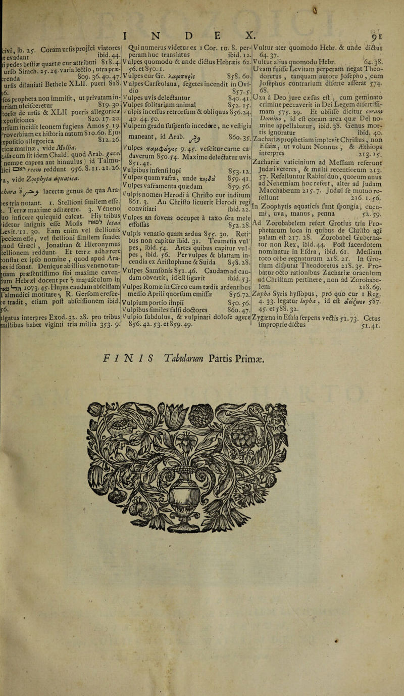r civi, ib. 2f. Coram urfis projici viatores it evadant ibid. 44* (i pedes befti® quarta: cur attributi 818.4. urfo Sirach. 25. 24. varia ledio, utrapr®- srenda 809.36.4a47. uriis dilaniati Bethele XLI1. pueri 818. 16. . . fos propheta non immifit, ut privatam m- uriamulcifceretur 819.30. tori® de uriis & XLII pueris allegoric® :xpoiitiones 820. ij■ 20, urfum incidit leonem fugiens Amos 5-. 19. ^roverbiumexhiftorianatum810.60. Ejus xpolitioallegorica 812.26, ticse marinas, vidq Mollia, zila cum iit idem Chald. quod Arab. gazel 'nempe caprea aut hinnulus) id Talmu- jici EPX^ reem reddunt 95*6. 8.ii. 21.26. ra, vide Zoophyta aquatica. chara lacertas genus de quaAra- ies tria notant. 1. Stellioni iimilem effe. !,. Terrae maxime adhasrere. 3. Veneno uo inficere quicquid calcat. His tribus ddetur iniignis eiEe Moiis tixtab letaa Eevit.-n. 30. Eam enim vel ftellionis peciemefle, vel itellioni iimilem fuadei juod Gr®ci , Jonathan & Hieronymus iellionem reddunt. Et terr® adhsrere :onftat ex ipfo nomine , quod apud Ara- ies id fonat. Denique ab illius veneno tan¬ gam prasfentiflimo libi maxime caven- ium Hebr®i docent per S majufculum in ixo Hn 1073.4^.Hujus caudamabfciftam ralmudici motitare*, R. Gerfomcrefce- re tradit, etiam poft abfciflionem ibid. ligatus interpres Exod.32. 28. pro tribus millibus habet viginti tria millia 373. 9. Q INDEX. Qui numerus videtur ex 1 Cor. 10. 8. per¬ peram huc translatus ibid. 12. Vulpes quomodo & unde didus Hebrasis 62. 5-6. et 85-0. 1. Vulpes cur Gr. hcipnrxi>}$ 85-8.60. Vulpes Carfeolana, fegetes incendit in Ovi¬ dio _ 85-7.5-. Vulpes uvis deledantur 840.41. Vulpes folitariumanimal 85-2.15-. Vulpis inceftus retrorfum & obliquus 85-6.24. 40.44.5-0. Vulpem gradu fufpenfo incedere, ne vefligia maneant, id Arab. 2^ 860.35-o Vulpes Tra/j.Qooyos 9.45-. vefcitur carne ca¬ daverum 85-0.5-4. Maxime deledatur uvis 85-1.41. Vulpibus infenfi lupi 85-3.12. Vulpes quam vafra, unde Kgpjcsj 85-9.41. Vulpes vaframenta quasdam 85-9.5-6. Vulpis nomen Herodi a Chriffo cur inditum 861. 3. An Chrifto licuerit Herodi regi convitiari ibid. 22. Vulpes an foveas occupet a taxo feu mele effoffas 85-2.28. Vulpis venatio quam ardua 85-5-. 30. Reti¬ bus non capitur ibid. 31. Teumefia vul¬ pes, ibid. 5-4. Artes quibus capitur vul¬ pes , ibid. 5-6. Per vulpes & blattam in¬ cendia ex Ariftophane&Suida 85-8.28. Vulpes Samfonis 85-1.46. Caudam ad cau¬ dam obvertit, id eft ligavit ibid. 5-3. Vulpes Romse in Circo cum tsedis ardentibus medio Aprili quorfum emiff® 85-6.72. Vulpium portio impii 85-0.5-6. V ulpibus fimilesfalfi dodores 860.47. Vulpio fubdolus, & vulpinari dolofe agere 85-6.42. ^3. et 85-9.49. Vultur ater quomodo Hebr. & unde didus 64- 37. ; ! Vultur alius quomodo Elebr. ,, 64.38. Uzam fuiflfe Levitam perperam negat Theo- doretus , tanquam autore Jofepho, cum Jofephus contrarium dilerte afferat 5-74. 68\ *. . • • Uza a Deo jure caefus efl , cum geminato crimine peccaverit in Dei Legem difertiffi- mam 5-75-. 29. Et obiiffe dicitur coram Domino , id efl: coram arca quas Dei no¬ mine appellabatur, ibid. 38. Genus mor¬ tis ignoratur ibid. 40. Zachari® prophetiam implevit Chriftus, non Efaiae, ut volunt Nonnus , & iEthiops interpres 213.15-. Zachari® vaticinium ad Meffsam referunt Judasi veteres, & multi recentiorum 213. 5-7. Refelluntur Rabini duo, quorum unus adNehemiam hoc refert, alter ad Judam Macchabteum 215-. 7. Judtei fe mutuo re¬ fellunt 216. 1.5-6. In Zoophytis aquaticis funt fpongia, cucu¬ mi, uva, inanus , penna 5-2. 5-9. Ad Zorobabelem refert Grotius tria Pro¬ phetarum loca in quibus de Chriflo agi palam efl 217. 28. Zorobabel Guberna¬ tor non Rex, ibid.44. Poft facerdotem nominatur in Efdra , ibid. 61. Meffiam toto orbe regnaturum 218. zl. In Gro- tium difputat Theodoretus 218.35-. Pro¬ batur odo rationibus Zachari® oraculum adChriftum pertinere, non ad Zorobabe¬ lem . 218.69. Zupha Syris hyffopus, pr6 quo cur 1 Reg. 4. 33’ tegatur lupha , id eft ctei£aiov S 87» 45-. et 5-88. 32. Zyg®nainEfaiaferpens vedis 5-1.73. Cetus improprie didus 5-1.41'. FINIS Tabularum Partis Primae,