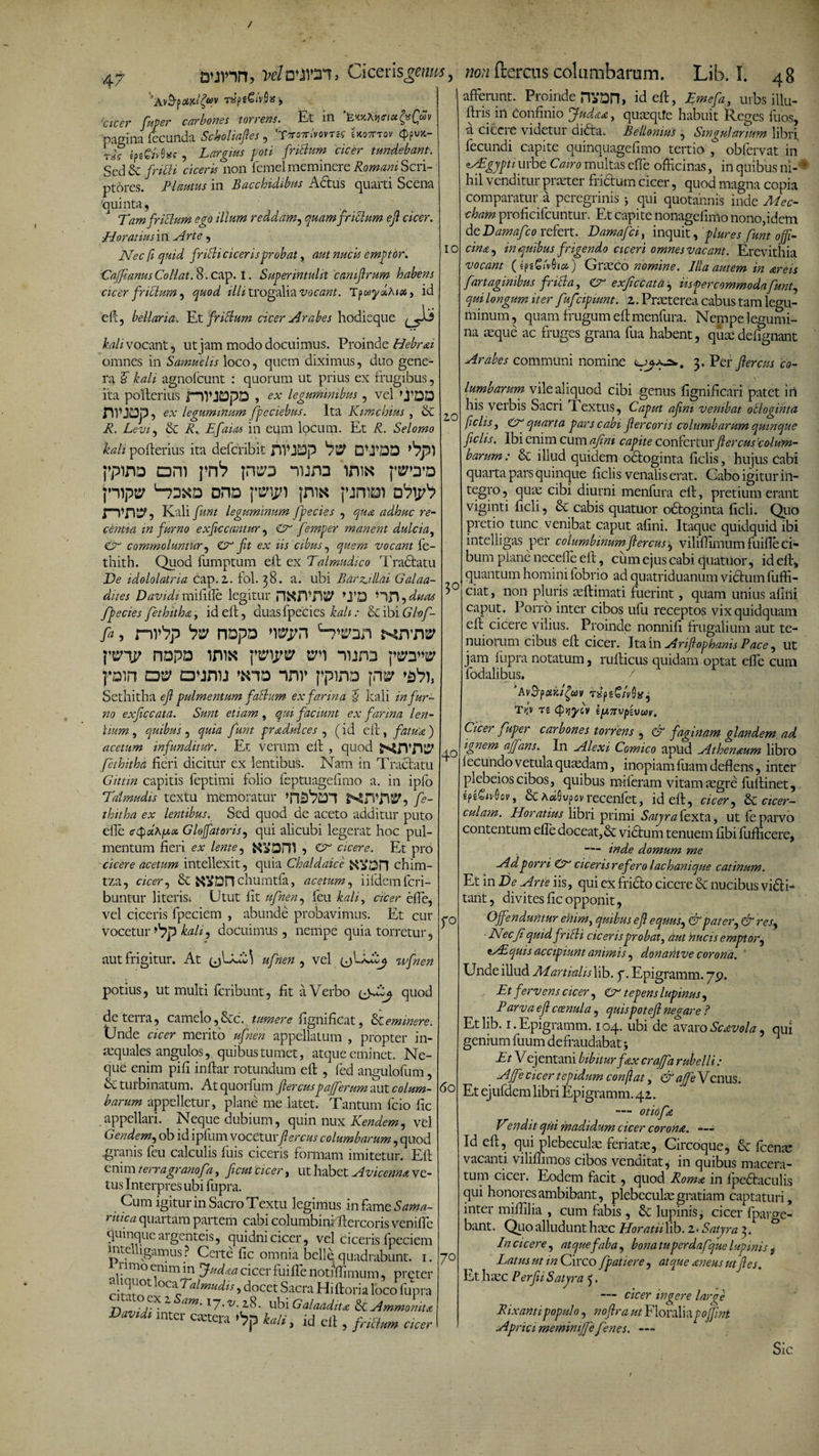 / IO 20 3° 47 Q\iHn5 Vel&amp;lV2l&gt; Ciceris genus, 'Av&amp;pXY-fifiv T«p2€ivfi»^ 'icicer fuper carbones torrens. Et in *fe*xw«$*£»v pagina fecunda Schohafies, 'TwoiriwTig 'Uotttov 4Puk- «peGM»? , Largius f oti friBum cicer tundebant. Sed Sc.friZH ciceris non femel meminere Romani Scri¬ ptores. Plautus in Bacchidibm Actus quarti Scena quinta. Tam friclum ego illum reddam, quam friclum ejl cicer. -Horatius in , Nec fl quid firiBi ciceris probat, aut nucis emptor. Caffanus Collat. 8. cap. I. Super intulit camfirum habens cicer friBum, illi trogalia vocant. Tpwyxhix, id efc, bellaria„ Et friclum cicer Arabes hodieque kah vocant, ut jam modo docuimus. Proinde Hebr&amp;i omnes in Samuelis loco, quem diximus, duo gene¬ ra §f kah agnofcunt : quorum ut prius ex frugibus, ita pofterius fflUDpD , ex leguminibus , vel nvjcap, ev leguminum fpeciebus. Ita Kimchius , &amp; R. Levi, &amp; E fiam in eum locum. Et R. Selomo kali pofterius ita defcribit nVIDp DU’DD ppiriD om ynb peo nuna imx jwd jnipty dhd ywy) jni« prm nityi Kali funt leguminum fpecies , qua adhuc re¬ centia in furno exftccantur, 07 femper manent dulcia, C? commoluntur, O fit ex iis cibus, vocant fe- thith. Quod fumptum eft ex Talmudico Tradtatu _D&lt;? idololatria Cap.2. fol. 38. a. ubi BarHllai Galaa- dites Davidi mififle legitur n^JTJVJ 'PD Hf) , duas fpecies fethitha, id eft, duas fpecies kah: &amp; ibi Gl-of- fia, m^p ^ nopo wn S^an Nirn^ 1’eht napD ims tri nura fQin ounu inv ppina jrw *&amp;% Sethitha efi pulmentum faBum ex farina $ kali in fur¬ no exficcata. Sunt etiam , qui faciunt ex farina len¬ itum , quibus , quia fiunt pr addices , (id eft , fatua ) acetum infunditur. Et verum eft , quod fcthitha fieri dicitur ex lentibus. Nam in Tractatu Gittin capitis feptimi folio feptuagefimo a. in ipfo Taimudis textu memoratur fe- thitha ex lentibus. Sed quod de aceto additur puto efie cQdAfax Glojfatoris, qui alicubi legerat hoc pul¬ mentum fieri ex lente, ? 07 cicere. Et pro cicere acetum intellexit, quia Chaldaice KVDn chim- tza, cicer, &amp; tfVDH chumtfa, acetum, iifdemfcri- buntur literis*. Utut fit ufinen, feu kali, cicer effe, vel ciceris fpeciem , abunde probavimus. Et cur vocetur ^p kali, docuimus, nempe quia torretur, aut frigitur. At (jLaA*) ufinen , vel (jL wfinen potius, ut multi fcribunt, fit a Verbo &lt;Jh'Lj quod de terra, camelo ,&amp;c. tumere fignificat, &amp; eminere. Unde cicer merito ufinen appellatum , propter in¬ aequales angulos, quibus tu met, atque eminet. Ne¬ que enim pifi inftar rotundum eft , fed angulofum, &amp; turbinatum. Atquorfiim flercuspafferum aut colum¬ barum appelletur, plane me latet. Tantum lcio fic appellari. Neque dubium, quin nux Kendem, vel Gendem, ob id ipfum voceturfiercus columbarum, quod •granis feu calculis fuis ciceris formam imitetur. Eft enim terra grano fiz, ficut cicer, ut habet Avicenna ve¬ tus Interpres ubi fupra. Cum igitur in Sacro Textu legimus infame Sama- rmea quartam partem cabi columbini ftercoris venifle quinque argenteis, quidni cicer, vel ciceris fpeciem mtelligamus ? Certe fic omnia belle, quadrabunt. 1. 1 imo emm m Judaa cicer fui fle notrffimum, preter rit-omocz’j‘a^mti^s) docet Sacra Hiftoria loco fupra \ Um' I7-‘Z/- 2-8. ubi Galaadita EtAmmonita intei caste; a Qp kah, id eft , friBum cicer I 40 r° non ftercus columbarum. Lib. I. 4 g afferunt. Proinde HVDn, id eft, fime fla, urbs illu- ftris in Confinio Judaa, quaeqife habuit Reges fuos, a cicere videtur didta. Bellomus , Singularium libri, fecundi capite quinquagefimo tertio , obfervat in *r£gypti urbe Carro multas effe officinas, in quibus ni- &gt; hil venditur pneter frictum cicer, quod magna copia comparatur a peregrinis j qui quotannis inde Mec- cham proficifcuntur. Et capite nonagefimo nono,idem deDamafico refert. Damafici, inquit, plures fiunt offi¬ cina , in quibus frigendo ciceri omnes vacant. Erevithia vocant («pe£/»fo&lt;») Grreco nomine. Illa autem in areis fartagimbus friBa, C7 exficcata, iis fer commodafiunt, qui longum iter f \fcbipiunt. i. Prseterea cabus tam legu¬ minum, quam frugum eft menfura. Nempe legumi¬ na asque ac fruges grana fua habent, quse defignant Arabes communi nomine Per ftercus co¬ lumbarum vile aliquod cibi genus fignificari patet iii his verbis Sacri Textus, Caput afiim venibat 0 elogiat a ficlis, £7 quarta pars cabi ftercoris columbarum quinque ficlis. Ibi enim cum afini capite confertur fiercus 'colum¬ barum: &amp; illud quidem octoginta ficlis, hujus Cabi quarta pars quinque ficlis venalis erat. Cabo igitur iiti- tegro, quas cibi diurni menfura eft, pretium erant viginti ficli, &amp; cabis quatuor octoginta ficli. Q110 pretio tunc venibat caput afini. Itaque quidquid ibi intelligas per columbinum fiercus), viliffimumfuifle ci¬ bum plane necefle eft, ciim ejus cabi quatuor, id eft, quantum homini fobrio ad quatriduanum victum fuffi- ciat, non pluris aeftimati fuerint, quam unius afliii caput. Porro inter cibos ufu receptos vix quidquam eft cicere vilius. Proinde nonnifi frugalium aut te¬ nuiorum cibus eft cicer. Ita in Anfiophams Pace, ut jam fupra notatum, rufticus quidam optat effe cum fodalibus. / 'Av&amp;prxpeG/vQxy T)JV (pijyiv ip,7tvpivuv. Cicer fuper carbones torrens , N faginam glandem ad ignem ajfans. In Alexi Comico apud Athenaum libro 1 ec undo vetula quasdam, inopiam fuam deflens, inter plebeioscibos, quibus miferam vitamasgre fuftinet, epg£«-0cv, &amp; AotOupov recenfet, id eft, cicer^ &amp; cicer¬ culam. Horatius libri primi Satyra fexta, ut fe parvo contentum efle doceat,&amp; victum tenuem fibi fufficere, — inde domum me Ad porri Cr ciceris refero lachanique catinum. Et in De Arte iis, qui ex fricto cicere &amp; nucibus vini¬ tant , divites fic opponit, Offenduntur ehim, quibus efi equus, &amp; pater, &amp; resy Nec fi quid firiBi ciceris probat, aut nucis emptor, quis accipiunt animis , donantve corona, ' Unde illud APartialis lib. p. Epigramm. 79. Et fervens cicer, Cr tepens lupinus, Parva eft ccenula, quispotefi negare ? Et lib. 1. Epigramm. 104. ubi de avaro Scavola, qui genium fuum defraudabat 5 Et V ejentani bibitur fax craffa rubelli: Affe cicer tepidum conflat, &amp; affe Venus. Et ejufdem libri Epigramm. 42. — otiofa JCendit qui madidum cicer corona. — Id eft, qui plebeculas feriatas, Circoque, fcenas vacanti viliffimos cibos venditat, in quibus macera¬ tum cicer. Eodem facit, quod Roma in fpedtaculis qui honores ambibant, plebeculas gratiam captaturi, inter miflilia , cum fabis , lupinis, cicer fparge- bant. Quo alludunt hasc Horatii lib. 2. Satyra 3. &amp; /n cicere, atque faba, bona tu perdafque lupinis $ Latus ut in Circo [patiere, atque aneus ut fi es. Et hasc Perfii Satyra 5. — cicer ingere large Rixanti populo, nofira ut Floralia fojfint Aprici meminiffefenes. — Sic