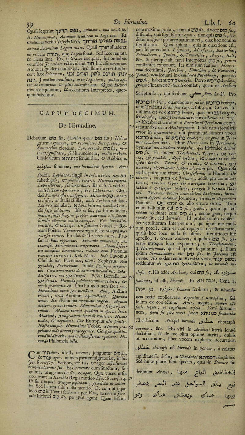 f9 Quafi legerint *jpnn ctei ■> At Hieronymo*, Animam eruditam in Lege tua 2)? Hirundine. animam , te Et 'chaldaica vcvliojofephi Caci. pH» ’S^XD HffSJ, ■(initnM docentium tuam- Quali ^^l^alludeict ad vocem nilH ? quq Legem fonat; Sed htec remota & aliena funt. Et, fi Gracos excipias, his omnibus vetuflior Jonathan redte viderat “Yin hic efle turturem. Atque is quidem non extat. Sed illum ita vertiffe do¬ cent hxcSelomonu, UDI DH1H JW'? DJTVn jDJV PJ JIS Jonathan reddidit, ut in Legu loco, quibus agi¬ tur de turturibus & filiis columbarum. Quod Hebrai merito fequuntur, £c recentiores Interpretes, quot¬ quot habentur. CAPUT DECIMUM, De Hirundine* Hcbneum D^D fis, (melius quam 01D his) Hebrsti gruem exponunt, recentiores Interpretes, C7~ Symmachus cicadam. Fons erroris. £PDfis, ??<?«- trumjignificare, /M hirundinem , multa probant. Chaldaicum fenunitha, er Arabicum, ISySyLw fununua, ^#<0 hirundinis fpecies. Aves ababil. Lapides ex ilggil in Inferis cobii. Rex Ab- raheth , er quando vixerit. Hirundo riparia. Lapisibierias, ficu hirundinis. Baruch. 6. verf.21. maleleblum t^oLnovToa, pro sQhnxvTa,). Chal- dtei Paraphrafiis tranfpofitio. Hirundo D'D , a can¬ tu dibla, ut Italis zilllla, unde Verbum zifillare, Latine zinzilulare. Epentheticum vocibus Grte- cis fiepe additum. Ifis fis, feu hirundinem, mutata fuijfe fingitur propter nominum allujionem. Similis allufionis multa exempla. Vox hirundinis querula, & lubluofa. Ita fiatuunt Grteci & Ro¬ mani Poetae, Tamen vere negat Plato eampra moe¬ rorefic canere. Proclus er Tzetzes notatu Pau- fanias huic opponitur. Hirundo minuriens, non clamofa. Hirundo avis migrat oria. Abeunt hyber- nis menfibus hirundines , redeunt cum Favonius exoritur circa vii, Kal. Mart. Inde Favonius Chelidonias. Favonius, idefi, Zephyrus. Neo. yeAiJdv, Proverbium. Suidae QcpoiAusc fsvt)f/,ovi- kok Cantiones varia de adventu hirundinis. XgA 1- {$W£om?, vel yjAibavicod. Pifcis Borealis cur yjtKibwicis. Hirundo pulchra tempora reducit, er veris pranuntia e fi. Una hirundo non facit ver. Hirundinis mora fex menfium. Abit, Arcturo oriente , circd Autumni aquinoblium. Quonam abeat. Ex AEtniopia nunquam migrati Agmen deferere grave crimen. Alanentibm d frigore peri¬ culum. AEanent tamen quadam in apricis locis. Alaxime, Ji migrationis locus Jit remotior. Hyeme nuda, & deplumes. Cur Eutropius illis fimilis. No fice tempus. Hirundines Tobite. Harum pro¬ prium e nidofiercusforas egerere. Gorgias quid hi¬ rundini dixerit, quot in illum fiercus egefferat. Hi¬ rundo Philomela dibla. Cum lin thor, id efl, turture, junguntur D’Dfis, &lUp agor, ut aves pariter migrat orire, in his Jer.S. verfi y. Ett hor, er fis, er agor cuftodierunt tempus adventus fui. Et <\o. turtur e cum iit actum , fe- quitur, ut agamus de Jis, & ag or. Quae VOces rurfiis occurrunt in Ez.echi* Regis candeo Efa. 38. verfi 14. / 'S ( mquit) & agor pipiebam , gemebam ut colum- ^i a' nulla mentio. Et cum utroque oco Dio m Textu feribatur per Vau, tamen in Jere- mm Hebrai °'D>. P« Jod legunt. Quam leffio- IO 30 Lib. I. 60 nem maxime probo, cum ut D*D fis, a voce D1D fas, differat, qua fignificatur equus, tum quia D’D fis, vi¬ detur magis exprimere naturam rei, quie hoc nomine fignificatur. Quod ipfum , quia in quaeflione eit, jamdifquirendum. Pagninus, Munfierus, Buxtorfius, Schmdlcrus , Junius , & Er eme Ilius , Angh , Itali, 6tc. & pleiique alii novi Interpretes D*D fis> gruem confhnter exponunt. Ita nimirum fiatuunt Hebrio¬ rum doctifiimi, Jarchms , Kimchius , & Pomarius, Jonathanem fequuti in Chaldaica Paraphrafi, quae pro D'Dfis, habet kurkeja. Porro kurkeja^ gruem efle tam ex Talmude conflat, quam ex Arabum Scriptoribus, qui feribunt \r kurh. Pro 40 kurkeja, quandoque reperias fcPIDIdD kruheja9 ut in 1 ractatu ICidduJim cap. 2. fol. 44. a. Cui voci fi- millima efl vox «DHD hruka, quae Tpro^r\ehagab^ feu cicada, apud Jonathanem occurrit Levit. 11. verfi 2.2.ExtaDat etiam olim in Paraphrafi Jerufalem^cx qua 2,0 citatur ab Elia in Aiethurgeman. Unde natus jocularis error in Symmacho , qui promifeue fiimens voces SOTID kruka , & krukeja , cx grue in Jere- mia cicadam fecit. Hinc Hieronymus in Jeremiamy Symmachus cicadam tranfiulit, qua Hebraice dicitur O^D fis. Et ibidem Eheodoretus, Trofidv , yfiij tzt- T'C KHf XbhtSmv , dy^Z cpn^ix , i(pvAot!;<xv xaipZf ei- fiSm dvTbv. Turtur, CA cicada, Cr hirundo, agri avicula, obfervUrunt tempus adventus fui. Quae ipla verba poilquam citavit Chryfofiomus in Homilia De turture , tanquam ex Jeremia , addit pto commen¬ tario , Tpvycva, Azyuv tyjv 7toiv&z^vov iKKAyiriixv , Aibovot r cfnAgp^vtov , TZTtiyot, f tvAaAov n«u- Aov. Turturem vocans venerabilem Ecclejiam, hirun¬ dinem deferti incolam Joannem, cicadam eloquentem Paulum. Qui error ex alio errore ortus. Tam enim falluntur qui D’D fis, gruem , quam qui ci- cW,w2 reddunt: ciim D*D fis , neque grus, rteque cicada fit, fed hirundo. Id probat primo confen- fus vetuftiorum Interpretum , qui apud me mul¬ tum potefl, cum ei non repugnat neceflaria ratio, qualis hoc loco nulla fe offert. Vetufliores hic appello, 1. Gracos Seniores, a quibus D*D fis, yjc- AiSm utroque loco exponitur 3 2. Theodotionem j 3. Hieronymum, qui id ipfum fequuntur j 4. Illuni ipfum Symmachum , Cui D’D fis 3 in Jeremia efl cicada. Ab eodem enim Ez.echi<e, verba DIDDj redduntur «V jszAiSdv iyKAuJjCcoi, ut hirundo clufa. y. His adde Arabem, cui D*D/G eft Xyij-hx* fununua, id efl, hirundo. In Abi XJbid, Cent. 1. * Prov. 32. fenunia feribitur , & hirundi¬ nem recle explicaverat Erpenius 0 ytxrotptrrc , fed folum ex conjectura. Avis, inquit , nomen effe fatis liquet : at cujufmodi nefeio. Verti hirundi¬ nem , quod fic fere verti f oleat KHMUD fenumtha Chaldaicum. ^4hoqui hirundo ^ chottaph vocatur , &c. His viri in Arabicis literis lon^e dodiffimi, &: de me olim optime meriti, dubns ut occurratur , libet vocem explicare accuratius. chottaph efl nirundo in genere , a volatus rapiditate fic dicta, ut Chaldaice NiYSftn chatphitha. Sed hujus plures funt fpecies , quas in Damire fic 60 7° definiunt Arabes , s As j*.> Cf) La£ L4X0 w **