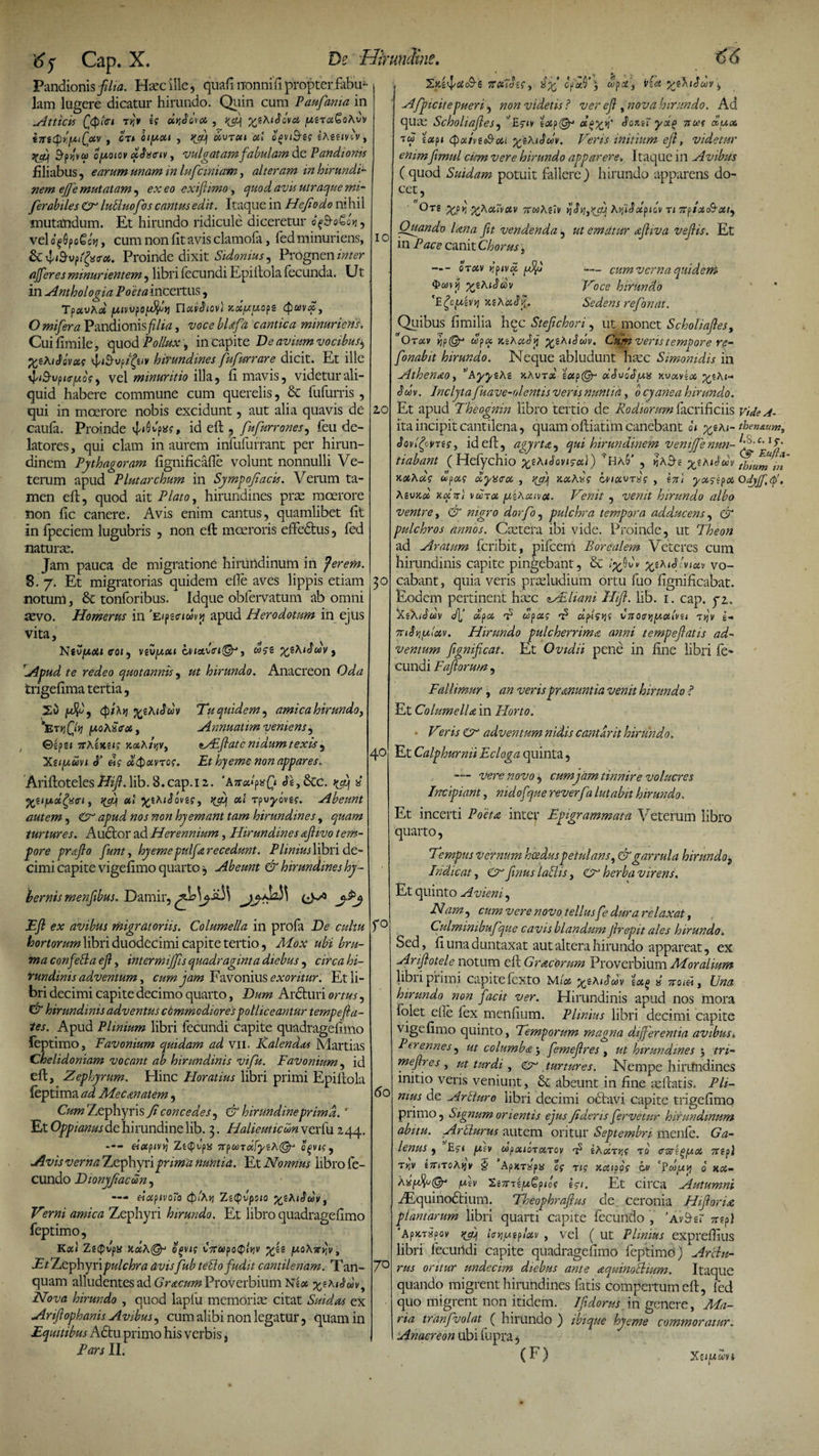 Pandionis filia. Hsecille, quafi nonnifi propter fabu¬ lam lugere dicatur hirundo. Quin cum Paufania in Atticis OQfat ryj* tg «tjdoVci , yyKiSovx jueraGoAuV im^UlCokV , CT* OlfAOtl , J£OJ MUTOCl Oli QQV&amp;ti ihttivIV , j^Qtfyct) cfAotov diaoiv, vulgatam fabulam de Vandioms filiabus, earum unam ra lufcimam, alteram in hirundi¬ nem ejfe mutatam , ex eo exijiimo, quod avis utraque mi- ferabiles &amp; lutluofos cantus edit. Itaque in Hejiodo nihil mutandum. Et hirundo ridicule diceretur oftoGon, velflf'6po6o&gt;j, cum non lit avis clamofa, fedminuriens, &amp;4n&amp;vpi'git&lt;r*. Proinde dixit Sidonius, Prognen inter afferes minurientem, libri fecundi Epiflola fecunda. U t in uInthologia Poeta incertus, TpaiuAfli p,tvo?o[ffyi Uavbiov) KXfxpops O Pandionis fi/w, zwrc cantica minuriens. Cui fimile, quod 'Mfo*, in capite De avium vocibus$ %e?aJovc6f iiiS-vfifav hirundines fufurrare dicit. Et ille tIti&amp;vpiffjAof) vel minuritio illa, fi mavis, videtur ali¬ quid habere commune cum querelis, St fufurris , qui in moerore nobis excidunt, aut alia quavis de caufa. Proinde 4/«0vp*f, id efl, fufurrones, feu de¬ latores , qui clam in aurem infufiirrant per hirun¬ dinem Pythagoram fignificafle volunt nonnulli Ve¬ terum apud Plutarchum in Sympofiacis. Verum ta¬ men efl, quod ait Plato, hirundines prae moerore non fle canere. Avis enim cantus, quamlibet fit in fpeciem lugubris , non efl moeroris effedtus, fed naturae. Jam pauca de migratione hirundinum in ferem. 8.7. Et migratorias quidem efle aves lippis etiam notum, &amp; tonforibus. Idque obfervatum ab omni aevo. Homerus in apud Herodotum in ejus vita, NsvjUtf» coi, vevjuai v, Apud te redeo quotannis, ut hirundo. Anacreon Oda trigefima tertia, juV, 4)fa*i fttAiSuv Tu quidem, amica hirundo, ETtiQij juoASVos, Annuat im veniens, Qepei tcKzkzh k&lt;x,a}y,v, Adflatc nidum texis 5 XzifAuvi &lt;1’ &amp;g oi. Et hyeme non appares. AriflotelesHifi. lib. 8.cap.i z. ‘AnxlpxQ Es, Stc. ^ a &lt;^e&lt;ju«£a&lt;ri, yjf a\ yyhiVwig, «&lt; rpvydvg?. Abeunt autem, apud nos non hy emant tam hirundines 9 quam turtures. Audior ad Herennium, Hirundines afhvo tem¬ pore praflo funt, hyemeptilfa recedunt. Plinius libri de¬ cimi capite vigefimo quarto, Abeunt &amp; hirundines hy- jbernis menfibus. Damir, P/? avibus migratoriis. Columella in profa De cultu hortorum libri duodecimi capite tertio, Mox ubi bru¬ ma confefla efl, intermijfis quadraginta diebus , circa hi¬ rundinis adventum, cum jam Favonius exoritur. Et li¬ bri decimi capite decimo quarto, Dum Arcturi ortus, hirundinis adventus cbmmcdiorespolliceantur tempe(la¬ tes. Apud Plinium libri fecundi capite quadragefimo feptimo, Favonium quidam ad vii. Valendas Martias Chelidoniam vocant ab hirundinis vifu. Favonium, id efl, Zephyrum. Hinc Horatius libri primi Epillola leptima ad Mec anatem, Cum Zephyris fi concedes, &amp; hirundine prima.r Et Oppianus de hirundine lib. 3. Halieuticum verfu 244. eiapivio Z£&lt;pvp« 7rpooTufytA&amp; ogvig, Avis verna Zephyri prima nuntia. Et Nonnus libro fe¬ cundo Dionyfiacdn, —— eiapivoTo QiAyi ZzQvpoio yskiSu 1/, Terni amica Zephyri hirundo. Et libro quadragefimo feptimo, Kotl ZeQvp« xdxQr o^vig t7rftipo&lt;p/»)v yjs |UoA?r&gt;}v, Et Zephyri pulchra avis fub tetto fudit cantilenam. T an- quam alludentes ad Gracum Proverbium Nova hirundo , quod lapfu memoriae citat Suidas ex Ariflophanis Avtbus, cum al ibi non legatur, quam in Equitibus Adtu primo his verbis, Pars II. IO 20 3° 40 r° 60 70 7tCii0i?y dyjcfetf) UpCL, Ha Suv ± Afpicitepueri, non videtis ? ver efl , nova hirundo. Ad quae Scholiafles, 'Eciy iatp^ d&amp;yfl' Sox 11 yd(&gt; nus duoc. tw '{api cpaivtahcn yiKiSm. Veris initium efl, videtur enimflmul cum vere hirundo apparere. Itaque in Avibus ( quod Suidam potuit fallere) hirundo apparens do¬ cet, Ors x?n ;£Aoi(V«v 7rwA?(V yjSAjj'id«p»o\ ti 7rp/xoSta/y Quando lana fit vendenda, ut ematur afliva veflis. Et in Pace canit Chorus, — otocv rpivd cum verna quidem $a)vj5 ^/eAiicoi/ Voce hirundo 'Efy.tr/1 KiXocbf Sedens refonat. Quibus fimilia hqc St efl chori, ut monet Scholiafles, cOtuv upx KtXabji ^gA/cfwv. Cum veris tempore re- fonabit hirundo. Neque abludunt haec Simonidis in Athenao, AyytAg kKvtx zcep@- abuoJ/uss xvxvix ^eAt- Jdv. Inclyta fuave-olentis veris nuntia, b cyanea hirundo. Et apud Theognin libro tertio de Rodiorum facrificiis vide A- ita incipit cantilena, quam ofliatim canebant xyki-thenxam, Sovlfcsmg, id efl, agyrta, qui hirundinem veniffenun- (f'0,1 i’ tiabant ( Hefycllio ^«AiJoviral) ’Ha6' , Y\hPn yzAibdv thtum m KotXag upotg dyneoc , &gt;(ctJj xxAxg ivioiv T^g , ini yxgipoi Odyjf.f. XiUKx xoini vuToi piXaivct. Venit , venit hirundo albo ventre, &amp; nigro dorfo, pulchra tempora adducens, &amp; pulchros annos. Caetera ibi vide. Proinde, ut Theon ad Aratum fcribit, pifcerri Borcalem Veteres cum hirundinis capite pingebant, &amp; xtAiffnxv vo¬ cabant , quia veris prseludium ortu fuo fignificabat. Eodem pertinent haec zAEliani Hifl. lib. 1. cap. pz, ZikAtbv Jf dpcc d upetg d dp-lgyg Cnoay]y,xlvu e- Tnbyulav. Hirundo pulcherrima, anni tempeflatis ad¬ ventum flgnificat. Et Ovidii pene in fine libri fe¬ cundi Faflorum, Fallimur, an verispranuntia venit hirundo ? Et Columella in Horto. • Veris &amp; adventum nidis eant frit hirundo. Et Calphurnii Ecloga quinta, —- vere novo, cumjam tinnire volucres Incipiant, nidof jue reverfa lutabit hirundo, Et incerti Poeta inter Epigrammata Veterum libro quarto, Tempus Vernum haedus petulans, &amp; garrula hirundo, Indicat, fraus labiis, O herba virens. Et quinto Avieni, Nam, cum vere novo tellus fe dura relaxat, Culmimbufque cavis blandum jlrepit ales hirundo. Sed, fiunaduntaxat aut altera hirundo appareat, ex Ariflotele notum efl Gracorum Proverbium Moralium libi 1 primi capitefexto Mla xzxGoov i 7toiei, Una hirundo non facit ver. Hirundinis apud nos mora folet efle fex menfium. Plinius libri decimi capite vigefimo quinto, Temporum magna differentia avibus» Perennes, ut columba 5 femeflres , ut hirundines $ tri- meflres , ut turdi, &amp; turtures. Nempe hirundines initio veris veniunt, St abeunt in fine reflatis. Pli¬ nius de Arti uro libri decimi octavi capite trigefimp primo, Signum orientis ejus fidens fervetur hirundinum abitu. Arbiurus autem oritur Septembri menfe. Ga¬ lenus , Egi fMv copaicTXTov d tAohnj? to 7r?p} ryiv *&lt;r&lt;ToAijv § ApxT»p« cg rig xxioog ov cpdfAvj 0 kx- qb Se/TTsw^piof Igi. Et circa Autumni TEquinodtium. Theophraftus de ceronia Hifl ori a plantarum libri quarti capite fecundo , 'Avbst ntfi ’ApxTSBov iffti/Atplav , vel ( ut Plinius expreffius libri fecundi capite quadragefimo feptimo) Archi- rus oritur undecim diebus ante aquinotlium. Itaque quando migrent hirundines fatis compertum efl, fed quo migrent non itidem. Ifidorus in genere, Ma¬ ria tranfvolat ( hirundo ) ibique hyeme commoratur. Anacreon ubi fupra, (F)
