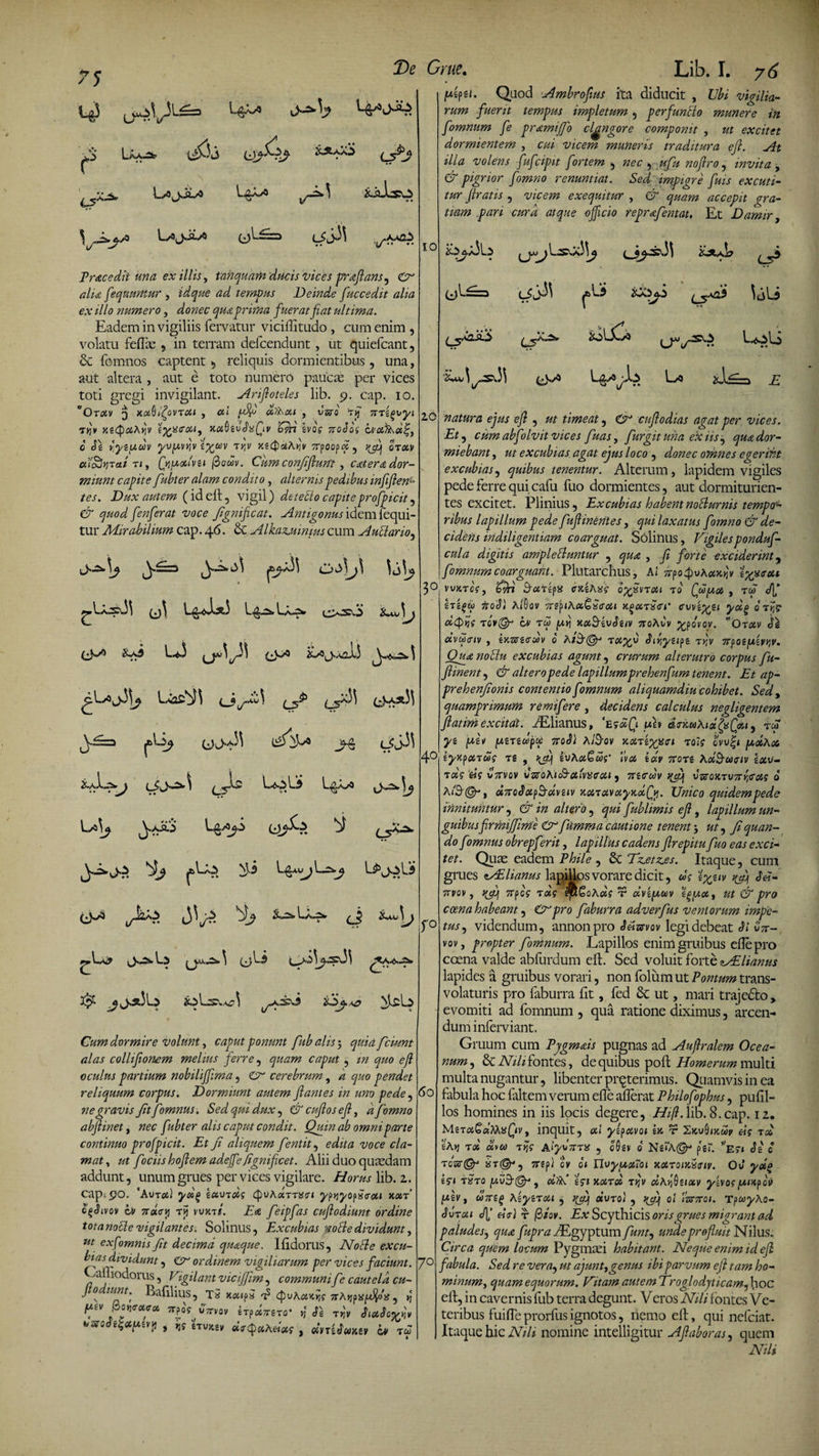 / 5 4$ ^ Laa^» X&amp;A&amp; (_5^ UojJu* l^x&gt; &amp;flisO ^A^/&gt; LrfjJC* ^1^=1 t 4-5' (jj3\ ©* Grwe. Lib. I. ?6 [Xifil. Qaod Ambrofius ita diducit , Ubi vigilia¬ rum fuerit tempus impletum , perfunBo munere in fomnum fe pramtjfo clangore componit , ut excitet dormientem , cui vicem muneris traditura efl. At illa volens fufcipit fortem , nec , ufu nofiro, invita , &amp; pigrior fomno renuntiat. Sed impigre fuis excuti¬ tur J'iratis , vicem exequitur , d accepit gra¬ tiam pari cura atque officio reprafentat, Et Damir, -&lt;/ a *nS Prae edit una exiliis, tunquam ducis vices praflans, Cv alia fequuntur , idque ad tempus Deinde fuccedit alia ex illo numero, donec qua prima fueratfi at ultima. Eadem in vigiliis fervatur viciftitudo , cum enim , volatu fellas , in terram defeendunt, ut quiefeant, &amp; femnos captent 5 reliquis dormientibus, una, aut altera , aut e toto numero pauca; per vices toti gregi invigilant. Arifloteles lib. 9. cap. 10. Otxv 3 kolQi'£qvtou , ai flfli dflsxi , varo 'ap 7rrzgvyt ayjv xzQaAyiv zj^xeai, xoiQzvSstQv Q/,b IvoV 7roSoe ovandi;, 0 eft y.yzuuv yvy,vi]v iy^ctiv aqv xec^aAiii' TTpoopoo, yfljj oaxv aioSyTai ti , Qipxivu fiodv. Cum conjifium , extera dor¬ miunt capite fubter alam condito, alternis pedibus infiftenL tes. Dux autem (ideft, vigil) deletio capiteprofpicit, &amp; quod fenferat voce Jignifcat. Antigonus idem (equi¬ tur Mirabilium cap. 4 6. &amp; Alkazuintus cum A ubiar io, |B^-a33 ^IaSS^ &lt;3^ JOji La5 2L0J.A2L3 1 &lt;-v (_5a^ flj y% t3j$\ lSJ^\ L5^2 UilJ» 0 ♦ IAj 5 % f Ui 3i ^Ia? (jli ^AA-a» 2$^ jJ.3tJl$ -asG dormire volunt, ponunt fub alis 5 femnt alas collifionem melius ferre, quam caput, ^0 cy? oculus partium nobiliffema, cerebrum, a quo pendet reliquum corpus. Dormiunt autem flantes in uno pede, ne gravis Jit fomnus. Sed , d cuflos efl, a fomno abftinet, nec fubter alis caput condit. Quin ab omni parte continuo profpicit. Et ji aliquem fentit, wo? cla¬ mat, ut fociis hoflem adefe fignificet. Alii duo quasdam addunt, unum grues per vices vigilare. Horus lib. 2. cap; 90. ‘AvToci eauTOOS (J)u^a/TTi*!5', ypyiyopSeai x«t’ ogJ»»oV ov 7r«tr}j ri) vvxt/. E«e feipfas cuflodiunt ordine totanottevigilantes. Solinus, Excubias notiedividunt, ut exfomnis Jit decima quaque. Ifidorus, No cie excu¬ bias dividunt, &amp; ord.inem vigiliarum per vices faciunt. -^inodorus, Vigilant vicijflm, communi fe cautela cu- J 0' lttflt. Bafilius, tS Hoojpa P (pvAxKra orA^p^ VW vttvqv erpctTrero* jj &lt;?e Tx)y SiaSoyflv *zro3t%*iAu/jj , ^ «««„ «*$«*«#? , «yrg^gy rJ IO jj*»09.^33 ^■7^ (_5^ (Jj.33 • • &amp;ayjd (__5^ 3 dii ^A^Sr 0^ o&gt; E 2.0 natura ejus efl , cuflodias agat per vices. Et, cum abfolvit vices fluas, fur git una ek iis ^ qua dor¬ miebant , ut excubias, agat ejus loco , ^07Zd,c omnes ederint excubias, quibus tenentur. Alterum, lapidem vigiles pede ferre qui cafu fuo dormientes, aut dormiturien- tes excitet. Plinius, Excubias habentnoblurnis tempo¬ ribus lapillum pede fuflinentes, qui laxatus fomno &amp; de¬ cidens indiligentiam coarguat. Solinus, Vigilesponduf- cula digitis amplettuntur , qua , fe forte exciderint, fomnum coarguam. Flutarchus, Ai 7rpo4&gt;wA#xjjv typeou 3°| vv*to?, Qi &lt;rxgA«? oyferrxi ro , Tto c/p ^oiJJ A/Sov 7ripiAxQ5&lt;sou KjicnSffi' cvvi^ti yd^ o'tJ? «4^ TO»©- OV TM |W»1 XOi&amp;gvJg/y 7roAvv ^p0V0V. Ot«V Jg dvucriv , Ixarecrwv 0 Afi^^ ^ixj/gjpg T)j'y 7tfoe/Uipyju. Qua noclu excubias agunt, crurum alterutro corpus fu- ftinent, d* altero pede lapillumprehenfum tenent. Et ap- prehenjionis contentio fomnum aliquamdiu cohibet. Sed, quamprimum remifere , decidens calculus negligentem flatim excitat. /Elianus, uh roT yg [Avncofice 7toS) Afoov xoctiyjtsai rots qvv%i fjcxAx 4° iyxpxTw? ai , ivAx€us' 'Iva ibv Trore Aoi^uciv lav- axs &amp;i v7rvov vGroAu&amp;aiviSffui, 7rt&lt;rdv v&amp;oxtvTricas 0 AtB-@r, &lt;567ro«JacpS-tfcvsiy Unico quidempede innituntur , d d fublimis efl , lapillum un¬ guibus firmijftme CVflimmacautione tenentut, f quan¬ do f imnus obrepf rrit, lapillus cadens flrepitu fuo eas exci- tet. Quas eadem Phile , &amp; Vz.etz.es. Itaque, cum grues &lt;ty£lianus lapillos vorare dicit, wV i%uv ^ Jei- 7tvqv , rflq 7rpoV t&lt;54? efiQoAds r oivifjiuv e^woe, ut &amp; pro ccena habeant, (Vpro faburra adverfus ventorum impe- if° tus, videndum, annonpro ^«zsrvov legi debeat vzr- vov, propter fomnum. Lapillos enim gruibus ellepro coena valde abfurdum efl. Sed voluit forte &lt;iAilianus lapides a gruibus vorari, non foliim ut Pontum trans¬ volaturis pro faburra fit, fed 8c ut, mari trajedto» evomiti ad fomnum , qua ratione diximus, arcen¬ dum infer viant. Gruum cum Pjgmais pugnas ad Auferalem Ocea¬ num , &amp; Nili fontes, de quibus pofi Homerum multi multa nugantur, libenter preterimus. Quamvis in ea fabula hoc Litem verum effe aflerat Philof ophus, pufil- los homines in iis locis degere, Hift.lib. 8.cap. 12. , inquit, al ylpavoi ex t 2xvGikcov eig ad iAv\ ad olva ayjg AlydnaiS , c6ev 6 NglX©* p'g“. vE7i Si c Tcsr©* «t©*, 7r?p) ov oi Uvyuaroi KaroiySsav. Ov ydg is'i axao p.vS-© , dfo tgi r.aad aqv aAyQeiav yivog/xixpoti fzh, w7Ti(j Aiyiaxi , vfq oivaol , oi 'izsiroi. TpcvyAo- Svacu cf[‘ eitri r /2/ov. Ex Scythicis oris grues migrant ad paludes, qua fupra vEgyptum funt, unde profluit Nilus. Circa quem locum Pygmcei habitant. Neque enim id efl 7° fabula. Sed re vera, ut ajunt, genus ibi parvum ejl tam ho¬ minum, quam equorum. Vitam autem Vroglodjticam-, foc eft, in cavernis fub terra degunt. Veros Nili fontes Ve¬ teribus fuifle prorfus ignotos, nemo eft, qui nefeiat. Itaque hic Nili nomine intelligitur Aflaboras, quem Nili 60