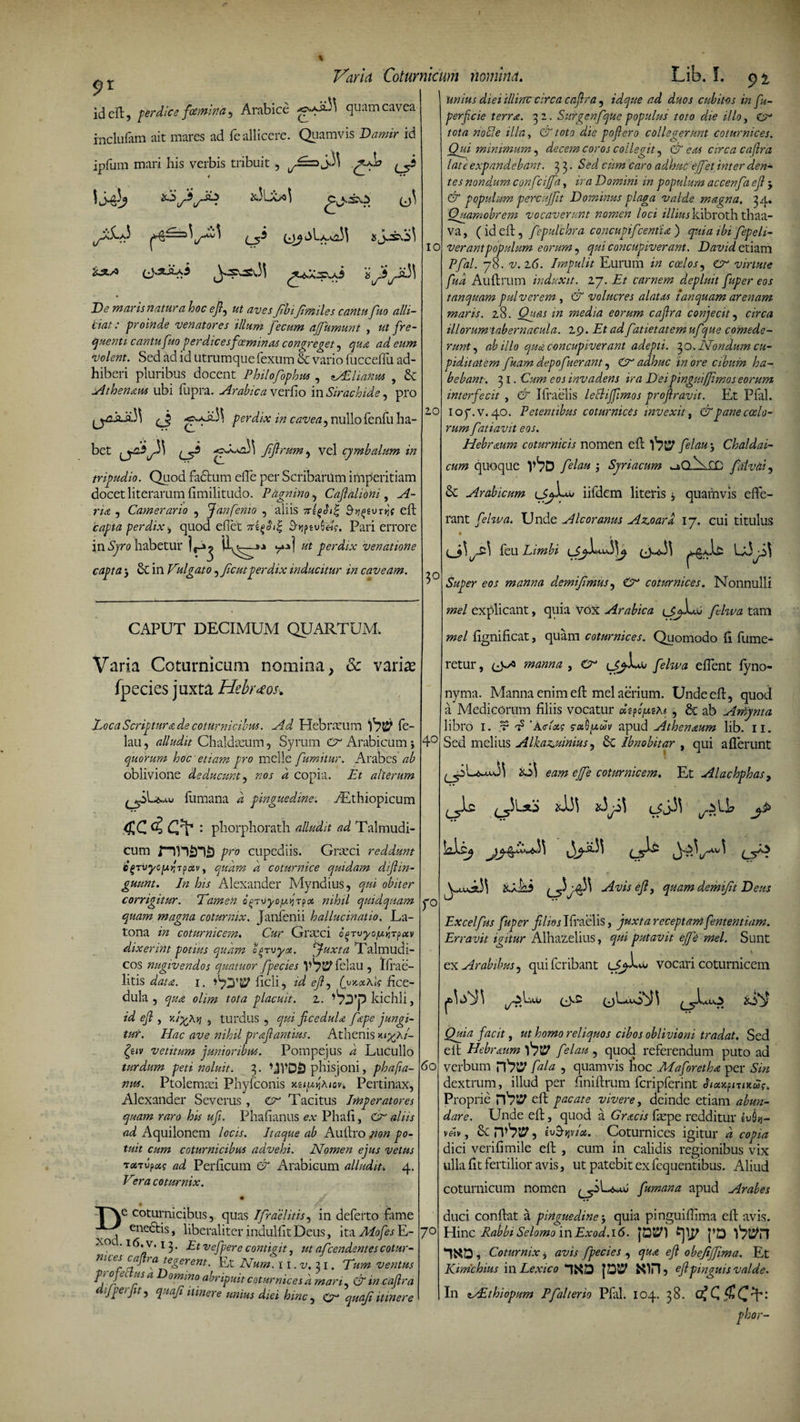 91 idcft, perdice fcernua , Arabice quam cavea mclufam ait mares ad fe allicere. Quamvis Damir id ipfum mari his verbis tribuit Varia Coturnicum nominet. Lib. 91 5 i/- 0,3LSix3 _ 07i3Laa2^ c? vv^ De maris natur a hoc efi, ut aves fibifimiles cantu fuo alli¬ niat: proinde venatores illum fecum ajfumunt , ut fre¬ quenti cantu fuo perdicesfceminas congreget , qua ad eum volem. Sed ad id utrumque fexum & vario fucceffii ad¬ hiberi pluribus docent Philofophus, ^Eliamts , & Athenam ubi fupra. Arabica ve rho in Sirachide, pro perdix in cavea, nullo fenfii ha- bet Jifirum, vel cymbalum in tripudio. Quod factum efte per Scribarum imperitiam docet literarum fimilitudo. Pagnino, Cafialioni, A- ria , Camerario , Janfenio , ahis eft capta perdix-) quod eflet 3typguSe??. Pari errore in .Syro habetur ll^-—>ji ut perdix venatione capta 3 & in Vulgato ,ficutperdix inducitur in caveam. CAPUT DECIMUM QUARTUM. Varia Coturnicum nomina, & varia? fpecies juxta Hebraeosw Loca Scriptura de coturnicibus. Ad Hebrarum fe- lau, alludit Chaldaeum, Syrum cr Arabicum j quorum hoc etiam pro meile fumitur. Arabes ab oblivione deducunt , nos ^ copia. A? alterum fumana d pinguedine. yEthiopicum <£C 4 = phorphorath alludit ad Talmudi- Cum JVn£n£) pro cupediis. Graeci reddunt i^Tvyojx^Tfotv y quam d coturnice quidam difiin- guunt. In his Alexander Myndius, qui obiter corrigitur. Tamen o^rvyoufpx nihil quidquam quam magpna coturnix. Janfenii hallucinatio. La¬ tona in coturnicem. Cur Graeci ooTvyojuqTpav dixerint potius quam corvyx. [Juxta Talmudi- cos nugivendos quatuor fpecies felau , Ifrae- litis data. 1. •>'yy\tf fidi, id efi, fice¬ dula , qua olim tota placuit, z. kichli, id ejl, y.ifhvi , turdus , qui ficedula fape jungi¬ tur. Hac ave nihil prafiantius. Athenis *u%N- Qiv vetitum junioribus. Pompejus d Lucullo turdum peti noluit. 3. hJPDS phisjoni, phafia- nus. Ptolemaei Phyfconis nupvi\iov. Pertinax, Alexander Severus , cr Tacitus Imperatores quam raro his ufi. Phafianus ex Phafi, Cr alus ad Aquilonem locis. Itaque ab Aultro non po¬ tuit cum coturnicibus advehi. Nomen ejus vetus ToiTvpao ad Perficuin & Arabicum alludit. 4. Vera coturnix. # j» L. 1 T\e coturnicibus, quas Ifcaelitis, in deferto fime enectis, liberaliter indulfit Deus, ita Mofes E- ■XO •16* v. 13. Et vefpere contigit, ut afeendentes cotur- mces cafira tegerent. Et Num. i i. v. 31. Tum ventus p, ope i usa omino abripuit c ot amices d mari , & in cafira dijperjtt, quafi itinere unius diei hinc , Cr quafi itinere IO 10 3° 40 r° 60 7° unius diei illinc circa cafira, id que ad duos cubitas in fu- perficie terret. 32. Surgenfque populus toto die illo, Cr tota nolle illa, & toto die pofiero collegerunt coturnices. Qui minimum, decem cor os collegit, & eas circa cafira late expandebant. 3 3 • Sed cum caro adhuc ejfet inter den¬ tes nondum confcijfa, ira Domini in populum accenfia efi 3 & populum percujjit Dominus plaga valde magna, 34. Quamobrem vocaverunt nomen loci kibroth thaa- va, (id eft, fepulchra concupificentU ) quia ibi fepeli- verantpopulum eorum, qui concupiverant. David etiam Pfal. 78. v. z6. Impulit Eurum in coelos, cr virtute fud Auftrum induxit. 27. Et carnem depluit fuper eos tanquam pulverem, & volucres alatas tanquam arenam maris. 28. Quas in media eorum cafira conjecit, circa illorumtabernacula. 29. Et ad fatietatem ufi'que comede¬ runt , ab illo qua concupiverant adepti. 30. Nondum cu¬ piditatem fuam depofuerant, Cr adhuc in ore cibum ha¬ bebant-. 31. Cum eos invadens ira D eipinguiff.mos eorum interfecit , & Ifraeiis leflijfimos profiravit. Et Pfal. ioy.v. 40. Petentibus coturnices invexit, & pane coelo¬ rum fatiavit eos. Hebrmm coturnicis nomen eft ^£7 felau 3 Chaldai¬ cum quoque V^D felau ; Syriacum uaClXcO f ilvai, &C Arabicum lSjHj iifdcm literis 3 quamvis effe¬ rant felwa. Unde A Icor anus Az^oard 17. cui titulus ^0^ feu Limbi Super eos manna demifimus, Cr coturnices. Nonnulli mei explicant, quia VoX Arabica felwa tam mei fignificat, quam coturnices. Quomodo fi fume^ retur, manna , Cr (Jj-Lx felwa eftent fyno- nyma. Manna enim eft mei aerium. Unde eft, quod a Medicorum filiis vocatur dzfpzKi , & ab Amynta libro I. t? 'P ’kdtatg s-aS/xwv apud Athenaum lib. 11. Sed melius Alkaz.uinius 5 6c Ibnobitar , qui afferunt 1 eam ejfe coturnicem. Et Alachphas, SUa # 1 LS ,is C5 Jfii 2i.kki C5a- ^7^ Avis efi, quam demifit Deus kis Excelfus fuper filiosIfraelis, juxtareceptamfententiam. Erravit igitur Alhazelius, qui putavit efi e mei. Sunt ex Arabibus, quiferibant vocari coturnicem Quia facit, ut homo reliquos cibos oblivioni tradat. Sed eft Hebraum 1*7^ felau , quod referendum puto ad verbum fala , quamvis lioc Maforetha per Sin dextrum, illud per finiftrum fcripferint Lur.ptir.ug. Proprie eft pacate vivere, deinde etiam abun¬ dare. Unde eft, quod a Gracis fepe redditur j- v«k, , ivSwioi. Coturnices igitur d copia dici verifimile eft , cum in calidis regionibus vix ulla fit fertilior avis, ut patebit ex fequentibus. Aliud coturnicum nomen fumana apud Arabes duci conftat a pinguedine 3 quia pinguiftima eft avis. Hinc Rabbi Selomo in Exod. 16. JBP) po Coturnix, avis fpecies , qua efi obejijftma. Et Kimchius in Lexico IND |Q17 Nlfl 5 efi pinguis valde. In zAthiopum Pfalterio Pfal. 104. 38. c£ C $ C 'b: