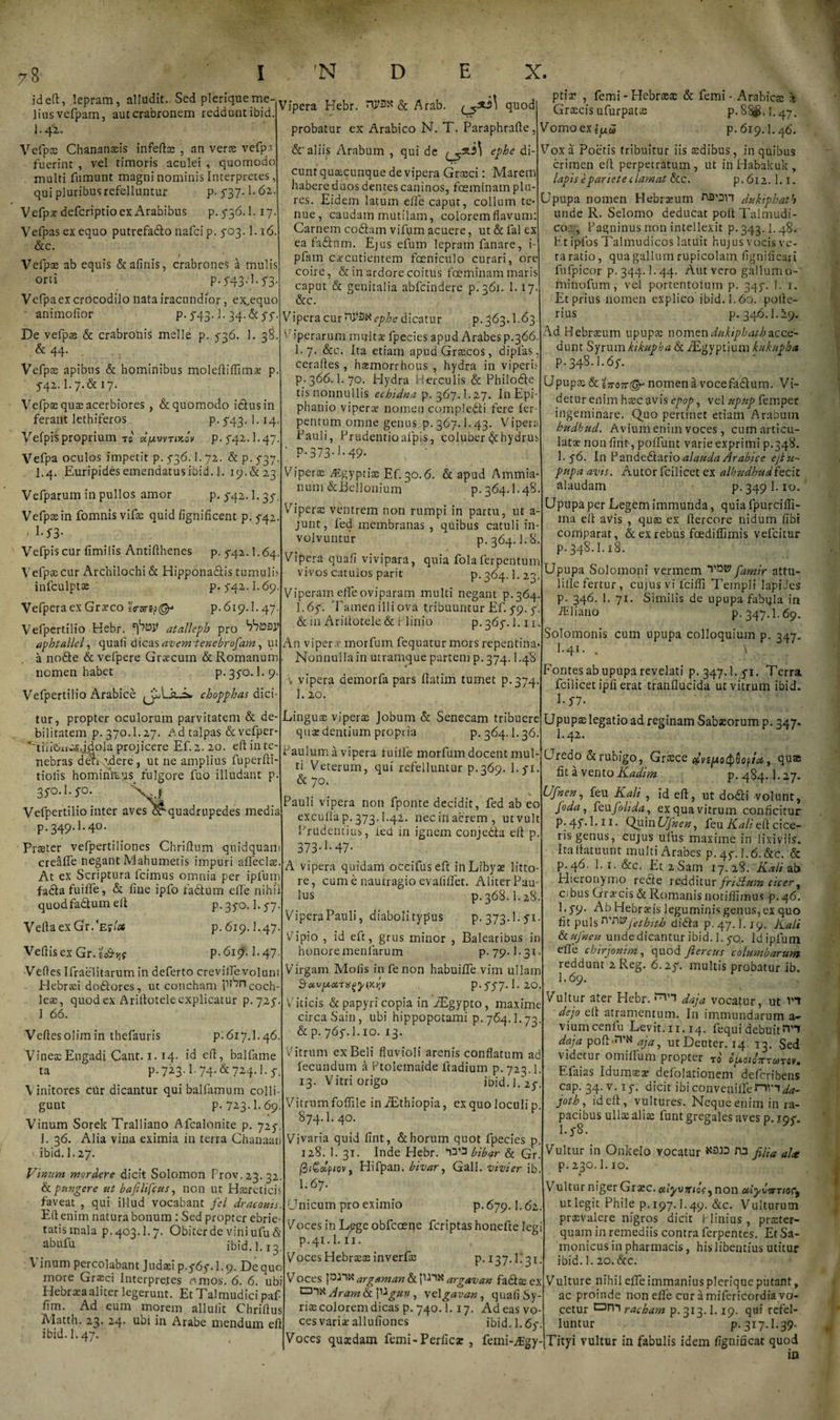 ide!t, lepram, alludit. Sed pleriqueme-y. Hebr. ripas &amp; Arab. liusvefpam, autcraoronem reddunt ibid. r C5 quod I.42. Vefpae Chananaeis infertas , an verae vefpi fuerint , vel timoris aculei , quomodo multi fumunt magni nominis Interpretes, qui pluribus refelluntur p. 5*37.1-62. Vefpx defcriptio ex Arabibus p. 5*36.1.17. Vefpas ex equo putrefadlo nafci p. 403.1.16. Scc. ' • . * ' Vefpas ab equis Scalmis, crabrones a mulis orti p.5'43.1.5'3. Vefpa ex crocodilo nata iracundior, exaequo animofior P- f43- F 34-&amp; 44. De vefpa; Sc crabronis meile p. 5-36. 1. 38. Sc 44. Vefpas apibus Sc hominibus molertirtimae p. 54.2. L7.Sc 17. Vefpae quae acerbiores , Sc quomodo i&amp;usin ferant lethiferos p. 5-43. 1.14. Vefpis proprium to oijxvvrtKov p.442.1.47. Vefpa oculos impetit p. 436.1. 72. Sc p. 5-37. 1.4. Euripides emendatus ibid. 1. 19. Sc 23 Vefparum in pullos amor p. 3-42.1.35-. Vefpae in fomnis vifae quid fignificent p, 542. / l-f3- Vefpis cur fimilis Antifthenes p. 5-42.1.64. Vefpae cur Archilochi Sc HipponaSlis tumulh infculptse p. 5-42.1.69. Vefpera ex Graeco t<rsrep&amp; p. 619.1.47 Vefpertilio Hebr. atallepb pro V7B3P aphtallel, quali dicas avem tenebrofara, ut a noSte &amp; vefpere Grxcum Sc Romanum nomen habet p. 350.1.9. Vefpertilio Arabice jJLLaA»- chopphas dici¬ tur, propter oculorum parvitatem Sc de¬ bilitatem p. 370.1.27. A.d talpas Scvefper- *~tiiiouig,idola projicere Ef. 2. 20. eft in te¬ nebras deti vdere, ut ne amplius fuperrti- tiolis homintius fulgore fuo illudant p 35-0.1.5-0. Vefpertilio inter aves quadrupedes media p. 349.1.40. Praeter vefpertiliones Chrirtum quidquan creaffe negant Mahumetis impuri alfeclas. At ex Scriptura fcimus omnia per ipfum facta fuiffe, Sc line ipfo fadtum erte nihil quodfaStumert p. 35-0.1.57. VertaexGr/Efu* p. 619.L47. Vertis ex Gr.eo&amp;tj? p.619.1.47. Vertes Ifraeliiarum in deferto crevirte volunt tlebraci dodtores, ut concham PT'ncoch- leae, quod ex Ariitoteleexplicatur p. 725-. 1 66. Vertesolim in thefauris p.617.1.46. VineaeEngadi Cant. 1. 14. id eft, balfame ta p. 723.I. 74. Sc 724.1.5-. Vinitores cUr dicantur qui balfamum colli¬ gunt p. 723 A.69. Vinum Sorek Tralliano Afcalonite p. 725. J. 36. Alia vina eximia in terra Chanaan ibid. 1.27. Vinum mordere dicit Solomon Frov.23.32 Sc pungere ut bafilifcus, non ut Haeretici! faveat , qui illud vocabant fel draconis. Eft enim natura bonum : Sed propter ebrie¬ tatis mala p. 403.1.7. Obiter de vini ufu St abufu ibid. I.13. V inum percolabant Judaei p.5-65-. 1.9. De quo more Graeci interpretes A mos. 6. 6. ubi Hebraea aliter legerunt. Et Talmudici paf rtm. Ad eum morem alluiit Chrirtus Matth. 23. 24. ubi in Arabe mendum eft ibid. 1.47. probatur ex Arabico N. T. Paraphrafte Sr aliis Arabum , qui de epho di¬ cunt quaecunque de vipera Graeci: Marem habere duos dentes caninos, foeminam plu- res. Eidem latum effe caput, collum te nue, caudam mutilam, colorem flavum: Carnem codam vifum acuere, ut Sc fal ex ea fa&amp;nm. Ejus efum lepram fanare, i pfam caecutientem fceniculo curari, ore coire, Sc in ardore coitus foeminam maris caput Sc genitalia abfeindere p. 361. 1.17. Scc. Vipera cur ephe dicatur p. 363.1.63 ' iperarum multae fpecies apud Arabes p.366 1.7. Scc. Ita etiam apud Grtecos, dipfas, cerartes, hamorrhous , hydra in viperu p. 366.1.70. Hydra Herculis Sc Philode tis nonnullis echidna p. 367.1.27. In Epi- phanio vipera nomen compledti fere fer- pentum omne genus p.367.1.43. Vipera Pauli, Prudentio afpis, coluber Sc hydrus ' P-373-M9- , • Vipera ^gyptiae Ef. 30.6. Sc apud Ammia¬ num ScBellonium p.364.1.48. Vipera ventrem non rumpi in partu, ut a junt, fed membranas , quibus catuli in¬ volvuntur p. 364.1.8. Vipera quali vivipara, quia folaferpentum vivos catulos parit p.364.1.23 Viperam effe oviparam multi negant p.364. 1.65. Tamen illi ova tribuuntur Ef. 5-9. y. Sc in Ariitotele Sc Plinio p.364. 1.11. An vipera morfum fequatur mors repentina* Nonnulla in utramque partem p.374.1.48 \ vipera demorfa pars ftatim tumet p.374. 1. 20. Linguas viperae Jobum Sc Senecam tribuere qua dentium propria p, 364.1.36. Paulum a vipera tuille morfum docent mul¬ ti Veterum, qui refelluntur p.369. 1.5-1. Sc 70. Pauli vipera non fponte decidit, fed ab eo exculta p. 373.1.42. nec in aerem, ut vult Prudentius, fed in ignem conjedla eft p. 373-L 47* A vipera quidam occifuseft in Libyae litto- re, cum e nautragio evalirtet. Aliter Pau¬ lus p. 368.1.28. Vipera Pauli, diaboli typus p. 373.I.51 Vipio , id eft, grus minor , Balearibus in honore menlarum p. 79 • 3T Virgam Molis infenon habuiffe vim ullam p.5-57. 1.20. Viticis Sc papyri copia in iEgypto, maxime circa Sain, ubi hippopotami p.764.1.73. Sc p. 765-. 1.10. 13. Vitrum ex Beli fluviol? arenis conflatum ad fecundum a Ptolemaide ftadium p. 723. 13. Vitri origo ibid. 1.'25-. Vitrumfortile iniEthiopia, cxquo loculi p. 874.I.40. Vivaria quid fint, Sc horum quot fpecies p. 128. 1. 31. Inde Hebr. bibar Sc Gr. |3i€apiov, Hifpan. bivar, Gall. vivier ib. 1.67. Unicum pro eximio p.679.1.62. Voces in Lege obfccene feriptas honefte legi p.41.1.11. Voces Hebraeae inverfae p.137. L 31. Voces pJIN argaman Sc argavan fa&amp;ae ex Aram &amp; \^gun , velgavan, quali Sy riae colorem dicas p. 740.1.17. Ad eas vo¬ ces varix alluliones ibid. I.65. Voces quaedam femi-Perficae , femi-^gy- ptia? , femi - Hebraeae Sc femi - Arabica; z Graecis ufurpatas p. 85$. I.47. Vomoexljuw p.619.1.46. Vox a Poetis tribuitur iis aedibus, in quibus crimen eft perpetratum , ut in Habakuk , lapis e pariete clamat Scc. p.6i2.1.I. Upupa nomen Hebraeum tiaon dukiphath unde R. Selomo deducat port Talmudi- co :, Pagninus non intellexit p. 343.1.48* Et ipfos Talmudicos latuit hujus vocis ve¬ ra ratio, qua gallum rupicolam fignificari fufpicor p. 344.1.44. Aut vero gallumo- minofum, vel portentolum p. 345-. I. 1. Et prius nomen explico ibid. 1.60. pofte- rius p. 346.L29. Ad Hebraeum upupae nomendukipbathacce¬ dunt Syrum kikupha Sc iEgyptium kukupba p. 348.1.64. Upupa; Sc ino7t@r nomen a voce faStum. Vi¬ detur enim haec avis epop, vel upup femper ingeminare. Quo pertinet etiam Arabum hudbud. Avium enim voces, cum articu¬ latae non firit-, polfunt varie exprimi p.348. 1. 5-6. In Pandedlario alauda Arabice ejtu- pupa avis. Autor fcilicet ex albudhudfecic alaudam p. 3491.10. Upupa per Legem immunda, quia fpurcifli- ina eft avis , quae ex ftercore nidum fibi comparat, &amp; ex rebus foediffimis vefcitur p.348.1.18. Upupa Solomoni vermem famir attu- 1 i He fertur, cujus vi ici fli Templi lapiJes p. 346. 1. 71. Similis de upupa fabqla in TEliano p.34'7.1.69. Solomonis cum upupa colloquium p. 347. 1.41. . \ Fontes ab upupa revelati p. 347.1.5-1. Terra fcilicet ipfi erat tranflucida ut vitrum ibid. I.y7. Upupae legatio ad reginam Sabasorum p. 347. 1.42. Uredo St rubigo, Grsece c^vipio^opiot, qu® fit a vento Kadim p.484.1.27. Ufnen? feu Kali , id eft, ut dodti volunt, foda, feufolida, ex qua vitrum conficitur p. 44.1.11. Quin Ufnen, feu Kali eft cice¬ ris genus, cujus ufus maxime in lixiviis. Ita ftatuunt multi Arabes p. 44.1.6. Scc. &amp; p.^46. 1.1. Scc. Et 2Sam 17.28. Kali ab Hieronymo recfe redditur frudum cicer, cibus Grxcis Sc Romanis notiffimus p. 46. I .49. Ab Hebrxis leguminis genus, ex quo fit puls rPV&amp;fgtbitb didta p. 47.1.19. Kali Sc ufnen unde dicantur ibid. 1.40. Id ipfum erte cbirjonim, quod ftercus columbarum reddunt 2 Reg. 6.24. multis probatur ib. I.69. Vultur ater Hebr. ^ daja vocatur, ut w» dejo eft atramentum. I11 immundarum a- viumcenfu Levit.11.14. fequi debuit daja poft.iTN aja, utDeuter. 14. 13. Sed videtur omirtum propter T» opcotoirtutqv. Elaias Idumseae defolationem deferibens cap. 34. v. 14. dicit ibi convenifferavi joth, id eft, vultures. Neque enim in ra¬ pacibus ullae alite funt gregales aves p. 194. 1.48. Vultur in Onkelo vocatur ^ fina ^ p. 230.1.10. ' t Vultur niger Grxc. oclywnioey non oilyvvrioCf ut legit Phile p, 197.1.49. Scc. Vulturum prcevalere nigros dicit Plinius , praeter¬ quam in remediis contra ferpentes. Et Sa- monicus in pharmacis, his libentius utitur ibid. 1. 20. Scc. Vulture nihil erte immanius plerique putant, ac proinde non efle curamifericordia vo¬ cetur CDm racham p.313.1.19. qui refel¬ luntur ' P-3I7*f39' Trtyi vultur in fabulis idem fignificat quod in