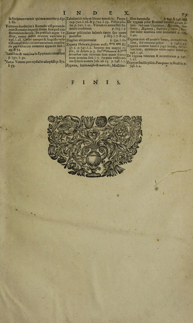 *• 1 in Scriptura vermis qui non moritur p.631. 1. 62. Vultures duodecim a Romulo vifi portende¬ runt Romano imperio finem fore polt exa da totidem faecula. Ita praedixit augur Ve¬ dius, neque defuit eventus vaticinio p.' 196.1.28. Caefari quoque &amp; Auguftovelu- ti Romuli aufpiciis novam urbem conditu¬ ris par vulturum numerus apparuit ibid.I. 49-&amp;f4-'\ -r *TUKtvQivu &amp; Mfooivot, in Epiphanio idemfunt p. 730. 1. 32. Veteres pro cryftalloufurpalfep. 872. 1* S3° N D X. Zabulonitis tria ex littore beneficia: Purpu- rap. 720.1.16.&amp; p.722.1. 5-2. Pifces edu¬ les p.720. 1.21. Vitrum ex arena Beli flu¬ minis conflatum p. 723.1.5-. Zamur pifciculus balaenis cantu fuo quam moleftus p.863.1.7.&amp;29. Zingiber ubi proveniat . p.332.1.62 Zygsena Hebraeis ferpens veftis £f. 27.1. p. 747.1.2. Serpens pro magno pi- fce, utAmos.9.3. Ita?'tothannin leviathan tam cetorum funt quam draco, num nomina ibid. 1. 7. .Serpens vedis eti amfyderisnomen Job. 26.13. P-748.1.7 Zygaena, Italis balijia &amp; martello, Mafiilien 79 fibu siarntella p-74f.&amp;746. Inii De zygcena pifce Romani veteres altum fi¬ lent. .Sedeam Oppianus, iElianus, Ga¬ lenus , iEgineta , Bafilius , t- hile , Sui- das inter maxima cete numerant p. 746. I.40. Zygaena non eft proprie cetus, ut multi vo¬ lunt, fed cetaceus pifcis p 746. J.43. Zygsena nomen habet a jugo boum , ve’bi- lancium, utrumque enim capite refertp. 746.1.46. De zygaena veterum &amp; recentiorum p. 747, 1.27. Zygaeti» fimilis pifcis Panapana inBrafilia p* 748.I.2. * ! * I JL ' ■ v •> % % 1