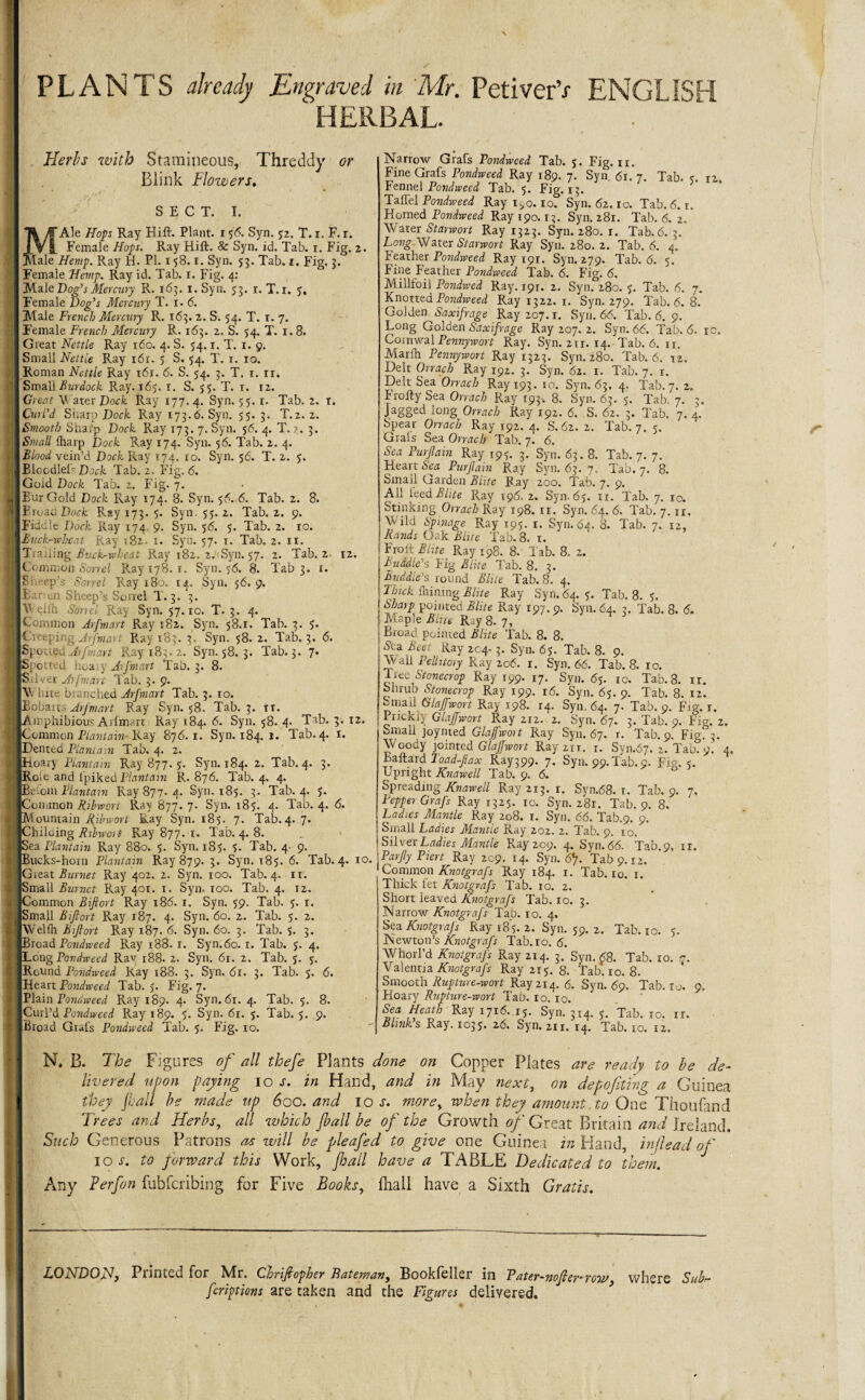 PLANTS already Engraved in Mr. PetiverV ENGLISH ‘ HERBAL. Herbs with Stamineous, Threddy Blink Flowers. or S E C T. I. Ale Hop Ray Hift. Plant. 156. Syn. 52. T. 1. F. r. , ^ Female Hop. Ray Hift. & Syn. id. Tab. 1. Fig. 2. _ ale Hemp. Ray H. PI. x 58.1. Syn. 53. Tab. 1, Fig. 3. Female Hemp. Ray id. Tab. 1. Fig. 4: Male Dog's Mercury R. 163. 1. Syn. 53. r. T. 1. 5, Female Dog’s Mercury T. 1.6. Male French Mercury R. 163. 2. S. 54. T. 1. 7. Female French Mercury R. 163. 2. S. 54. T. 1.8. Great Nettle Ray 160. 4. S. 54.1. T. 1. 9. Small Nettle Ray i6r. 5 S. 54. T. 1. 10. Roman Nettle Ray x6r. 6. S. 54. 3. T. 1. xi. Small Burdock Ray. 165. 1. S. 55. T. x. 12. Great Water Dock Ray 177.4. Syn. 55. 1. Tab. 2. x. Curl’d Sharp Dock Ray 173.6. Syn. 55. 3. T.2. 2. Smooth Sharp Dock Ray 173. 7. Syn. 56. 4. T. 3. Small {harp Dock Ray 174. Syn. 56. Tab. 2. 4. Blood vein’d Dock Ray 174. 10. Syn. 56. T. 2. 5. BloodleT Dock Tab. 2. Fig. 6. Gold Dock Tab. 2. Fig. 7. Bur Gold Dock Ray 174. 8. Syn. 56. 6. Tab. 2. 8. Broad Dock Ray 173. 5. Syn. 55. 2. Tab. 2. 9. Fiddle Dork Ray X74, 9. Syn. 56. 5. Tab. 2. 10. Buck-wheat Ray .82. i. Syn. 57. 1. Tab. 2. 11. Tiailing Buck-wheat Ray 182. 2.'Syn. 57. 2. Tab. 2, 12. Common Sorrel Ray 178. r. Syn. 76. 8. Tab 3. 1. S leep’s Sorrel Ray 180. X4. Syn. 56.9. B on Sheep’s Sorrel T. 3. 3. WeHh Sorrel Ray Syn. 57.10. T. 3. 4. Common Arfmart Ray 182. Syn. 58.x. Tab. 3. 5. Creeping Arfmart Ray 183. 3. Syn. 58. 2. Tab. 3. 6. Spotted A)fmart Ray 183. 2. Syn. 58. 3. Tab. 3. 7. Spotted hoa,y Arfmart Tab. 3. 8. Silver Arfmart Tab. 3. 9. White branched Arfmart Tab. 3. ro. Eobarts Arfmart Ray Syn. 58. Tab. 3. it. Amphibious Arfmart Ray 184. 6. Syn. 58. 4. Tab. 3. 12. Common Plantain- Ray 876.1. Syn. 184. 1. Tab. 4. 1. Dented Plant am Tab. 4. 2. Hoary Plantain Ray 877. 5. Syn. 184. 2. Tab. 4. 3. f Role and lpiked Plantain R. 876. Tab. 4. 4. Befom Plantain Ray 877. 4. Syn. 185. 3. Tab. 4. 5. n Common Ribwort Ray 877. 7. Syn. 185. 4. Tab. 4. 6. I Mountain Ribwort Ray Syn. 185. 7. Tab. 4. 7. i;! Chiloing Ribwoit Ray 877. 1. Tab. 4. 8. Sea Plantain Ray 880. 5. Syn. 185. 5. Tab. 4- 9. Bucks-horn Plantain Ray 879. 3. Syn. 185. 6. Tab. 4. 10. ij! Gieat Burnet Ray 402. 2. Syn. 100. Tab. 4. 11. i j Small Burnet Ray 401. 1. Syn. 100. Tab. 4. 12. >. Common Biftort Ray 186. 1. Syn. 59. Tab. 5. 1. j Small Biftort Ray 187. 4. Syn. 60. 2. Tab. 5. 2. H Welfh Biftort Ray 187. 6. Syn. 60. 3. Tab. 5. 3. & ' Broad Pondweed Ray 188. 1. Syn.6o. 1. Tab. 5. 4. : Round Pondweed Ray 188. 3. Syn. 61. 3. Tab. 5. 6. ■'Heart Pondweed Tab. 5. Fig. 7. b Plain Pondweed Ray 189. 4. Syn. 61. 4. Tab. 5. 8. M Curl’d Pondweed Ray 189. 5. Syn. 61. 5. Tab. 5. 9. ; Broad Grafs Pondweed Tab. 5. Fig. 10. Narrow Grafs Pondweed Tab. 5. Fig. ir. Fine Grafs Pondweed Ray 189. 7. Syn. 6r. 7. Tab. ?. 12 Fennel Pondweed Tab. 5. Fig. 13. Taffel Pondweed Ray x^o. 10. Syn. 62.10. Tab. 6. 1. Horned Pondweed Ray 190.13. Syn. 281. Tab. 6. 2. Water Starwort Ray 1323. Syn. 280. 1. Tab. 6. 3. Twig-Water Starwort Ray Syn. 280. 2. Tab. 6. 4. feather Pondweed Ray 191. Syn. 279. Tab. 6. 5. Fine feather Pondweed Tab. 6. Fig. 6. Millfoil Pondwed Ray. 191. 2. Syn. 280. 5. Tab. 6. 7. Knotted Pondweed Ray 1322. 1. Syn. 279. Tab. 6. 8. Golden^&m/rag-e Ray 207.1. Syn. 66. Tab. 6. 9. Long Golden Saxifrage Ray 207. 2. Syn. 66. Tab. 6. ic. Coinwal Pennywort Ray. Syn. 211. 14. Tab. 6. 11. Marfh Pennywort Ray 1323. Syn. 280. Tab. 6. 12. Celt Orrach Ray i9£. 3. Syn. 62. 1. Tab. 7. 1. Delt Sea Orrach Ray 193. 10. Syn. 63. 4. Tab. 7. 2. Frofty Sea Orrach Ray 193, 8. Syn. 63. 5. Tab. 7. 3. Jagged long Orrach Ray 192. 6. S. 62. 3. Tab. 7. 4. Spear Orrach Ray 192. 4. S. 62. 2. Tab. 7. 5. Grals Sea Orrach Tab. 7. 6. Sea Purjlain Ray 195. 3. Syn. 63. 8. Tab. 7. 7. Heart Sea Purjlain Ray Syn. 63. 7., Tab. 7. 8. Small Garden Elite Ray 200. Tab. 7. 9. All le.cQ.Bhte Ray 196. 2. Syn. 65. ix. Tab. 7. 10. Stinking Orrach Ray 198. 11. Syn. 64. 6. Tab. 7. ii„ Wild Spnage Ray 195. 1. Syn. 64. 8. Tab. 7. 12, Rands Oak Elite Tab. 8. 1. . Fro It Blue Ray 198. 8. Tab. 8, 2. | Buddie’s Fig Elite Tab. 8. 3. [ Buddie’s round Elite Tab. 8. 4. j Thick Brining Blue Ray Syn. 64. 5. Tab. 8. 5. ! SJlaH Posited Elite Ray 197. 9. Syn. 64. 3. Tab. 8. 6. Maple Blue Ray 8. 7, | Broad pointed Blue Tab. 8. 8. Kay 204- 3. Syn. 65. Tab. 8. 9. I Wall Pellitory Ray 206. r. Syn. 66. Tab. 8. 10. ftcStonecrop Ray 199. 17. Syn. 65. 10. Tab.8. ir. Shrub Stonecrop Ray 199. 16. Syn. 65. 9. Tab. 8. 12. «^mah Glaffwort Ray 198. 14. Syn. 64. 7. Tab. 9. Fig. x. Prickly Glaffwort Ray 212. 2. Syn. 67. 3. Tab. 9. Fig. 2. Small joynted Glaffwort Ray Syn. 67. r. Tab. 9. Fig. 3. Woody jointed Glaffwort Ray 2it. i. Syn.67. 2. Tab. 9. 4. Baftard Toad-ftax Ray399. 7. Syn. 99. Tab. 9. Fig. s. Upright Knawell Tab. 9. 6. Spreading Knawell Ray 213. 1. Syn.68. 1. Tab. 9. 7. Pepper Grafs Ray 1325. 10. Syn. 281. Tab. 9. 8. Ladies Mantle Ray 208. 1. Syn. 66. Tab.9. 9. Small Ladies Mantle Ray 202. 2. Tab. 9. 10. Silver Ladies Mantle Ray 209. 4. Syn. 66. Tab.9. ir. Parfty Piert Ray 209. 14. Syn. 6% Tab 9.12. Common Knotgrafs Ray 184. 1. Tab. 10. 1. Thick let Knotgrafs Tab. 10. 2. Short leaved Knotgrafs Tab. 10. 3. Narrow Knotgrafs Tab. 10. 4. Sea Knotgrafs Ray 185. 2. Syn. 59. 2. Tab. 10. 5. Newton’s Knotgrafs Tab. 10. 6. C alentra Knotgrafs Ray 215. 8. Tab. 10. 8. Smooth Rupture-wort Ray 214. 6. Syn. 69. Tab.ro. 9. Hoary Rupture-wort Tab. 10. 10. Sea Heath Ray 1716. 15. Syn. 314. j. Tab. xo. xr. Blinks Ray. 1035. 26. Syn. 211. 14. Tab. 10. 12. N. B. The Figures of all thefe Plants done on Copper Plates are ready to be de¬ livered upon paying 10 -f. in Hand, and in May next, on depofiting a Guinea they fall be made up 600. and ioj. morey when they amount to One Thonfand Ti ■ees and Herbs, all which fall be of the Growth 0/'Great Britain and Ireland. Such Generous Patrons as will be pleafed to give one Guinea vi Hand, inflead of 10 s. to forward this Work, fall have a TABLE Dedicated to them. Any Ferfon fubfcribing for Five Books, fhall have a Sixth Gratis. LONDOJN, Printed for Mr. Cbrifiofher Ratemany Bookfeller in Tater-nofier-row where Suh- f rations are taken and the Figures delivered. r