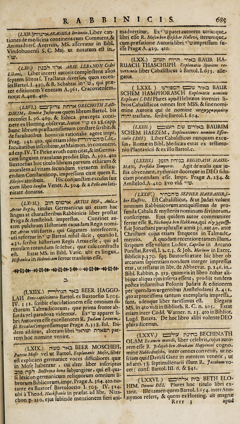 Liber can¬ tiones cie medicina continens cum Comment,& Ammadverf. Averrdis, MS. aflervatur in Bibi» Vindobonenii S* C. Maj. \it notatum elt in^ (LXF.) n:DS LEBaNON Cedn LlbanK Liber incerti autoris complectens anos feptcm libros r. Tranatus diverfos, fetBartol.L4?o.&R.Schabtai in; ' quos recen —_ ty , qui prae¬ ter editionem Venetam A. 361« Cracovien(em-> notat A»4oH. 4to. (Lxvi.) nnis orechothzad VJKIM, quem librum Bartol. bis rccenfetl. 96.4^9. & Ethica praecepta conti- iicreexHotting.obfervat.Autor V'y ex ig.capp. hunc librum praeftantiflamum conftare fcribinoe de facultatibus hominis rationalis agere impr. Prae. ui‘4to. qui etiam ideo mpDn'0 f.do facultatibus infcribiturjUtMaimon. in comment. ad capdV .Tr.Pirke avoth eum citat,& inuerma- cam linguam translatus prodiit Ifen. A. ? o2.4to Buxtorfius hoc titulo librum parvum ethicuni & moralem ad vitam fecundum virtutem inftitm endam Conftantinop. impreffura citat quern K. meferi attribuit. Hic con junilim excufus fuit cum libroVenet. A. 504. & ^PeltcamUt\- madvertitur. Ex ■'ty patet autorem utriusque-* libri elTe K. Mofenben Ifafchar Hallevi^ iterumquo cum praefatione Autoris libri ■'''^yimprelTum fu- iffePragae A.4X9, 4to. t ^ ^ (LXX.) baur HA- RUACH THASCHUPH Explanatio Spirim re¬ vertentis a Bartol. I.dj3. alle¬ gatus. ( LXXI. ) ty-^'lSDr! tZ^ty BAUR SCHEM HAMPHORASCH Explanatio nominis Explicati f.DElYXuxzi z^\x^Y\Qhxxo% inveniri li¬ bros Cabalifticos omnes fere MSS. &finenomi- mine Autoris qui de nomine nW' tradant, fcribitBartoI.1.6^4. (LXxiL) D^‘ BAURIM SCHEM HAEZEM , Explanationes nominis EJfen- tialis (DSl') LiberCabalifticus nunquam excu¬ fus, Romae in Bibi. Medicaea extat ex teftimo-' nioPlantavicii &cxilIoBartol.c. {LXXIJI.) JDTH BEGIDATH HASSE- MAElf Perfidia Temporis. Agit de malis quae ju- ftis obveniunt, rythmicedocetque in DEO ficlu- ciam ponendam efle, Impr. Pragae A. 284, & Amftelod.A. 410 8vo vid. fiitate donatus.__ (LXm.) D'in ARTXlS HOP-, Aulo-^ Artus-Regis., titulus Germanicus uti etiam hac lingua at charaderibus Rabbinicis liber proftat Pragae&Amftelod. impreflus. Continet au¬ tem pulchram Hiftoriam cujusdam Regis nomi¬ ne viri fortis, qui Gigantes interfecerit, uti refertur in’' Bartol. nihil dicit, quando I. 421. feribit hiftoriam Regis Artusefte , qui jl rnenfam rotundam fedebat, quae cafuconrrada cft. Extat MS. in Bibi. Vatie, ubi ex lingua.. Tlijpanica in Hebraicam fertur tranlatus efte, 3. (LXIIX.) 1beer HAGGO- LAH Bartol. ex Buxtorfio I.5’03. IV. 531. feribit elucidationem efte omnium di- dorum Talmudicorum, quae prima fronte ab- furda vel paradoxa videntur. Exv'iy apparet li¬ bri Autorem efte excellentem R. yudam Leonem^, yf/.^ez^WimpreftumquePragae A.3y8*foh Ibi¬ dem additur, alteram libri hhiW nisan par¬ tem hoc nomine venire. > (LXIX.) iS3 BEER MOSCHEH, Puteus Mofts vel Ut Bartol. Explanavit Mofes,Y\hzx eft explicans germanice voces difficiliores qua: in Mofe habentur , cui alter liber inferiptus 3ViO npH DoElrina bona fubjungitur, qui eft qua- fi lexicongermanicum reliquorum omnium li¬ brorum Biblicorum,impr. Pragae A» 3 64.4t0.no- tante exBuxtorf Bartoloccio I. 503* IV. 514* ubi aTheod. Hacklpanio in praefat. ad libr. Niza- chon p. 2.2,0, ejus fubinde mentionem fieri ani- (LXXIF.) SEPHER HABBAHlRfi- ber lUufiris. Eft Cabalifticus, & ut Judaei volunt omnium Rabbinicorum antiquiffimus de pro¬ funda Cabala & myfteriis nominum divinoruiru conferiptus. Ejus quidem autor communiter ■ fertur efte K.Nechonja ben EIakkana,c\ui (rvy^ov@^ fuit Jonathaniparaphraftse annis30,aut40. ante I Chriftum cujus etiam frequens inTalmudc» mentio. A quodam recentiore tamen illum_, feriptum efte volunt Ludo v. in Arcano Pundat.Revel. 1. z. c.3. & joh. Mortnus in Exerc, Biblicisp.370. fqq. Buxtorfii aetate hic liber ob arcanam fapientiam nondum integer impreftus erat, utteftaturin libr.de Abbrevat. p.i4^.iiij Bibi. Rabbin.p. 319. quamvis in libro zohar ali- bique aliqua ejus inferta eftent, prodiit tandem poftea innantibus Polo.nis Judaeis & editionem per quendam urgentibus Amftelodami A.411. 4toatpauciffima tantum exemplaria imprefla., funt, adeoque liber rariftimus eft. El^ans MS.inqtovidiinBiblioth.R. C. n. xof. Emetat etiam inter Codd. Warner, n. 23.4toinBibliot. Lugd. Batava. De hoc libro alibi volente DEO plura dicemus. (Lxxv.; tzzjSiy bechinaTH OLAM Examen mandi, liber celebris,cujus auto¬ rem efte R, Jedajahben Abraham Happenini cogno¬ mine inter omnes convenit, utne- feiamquidDavidiGanz in mentem venerit, ut adann. 58. feptimillenarii illum R. Jacobumvo- ceti conf. Bartol.Ifl. 6, & 84^* (Lxxvi.; beth elo- HIM. Domus DEI. Plures hoc titulo libri ex- tanl. Ille tamen quem Bartol. 1.65-4. interAno- nymos refert, & quem exHotting. ait magnx