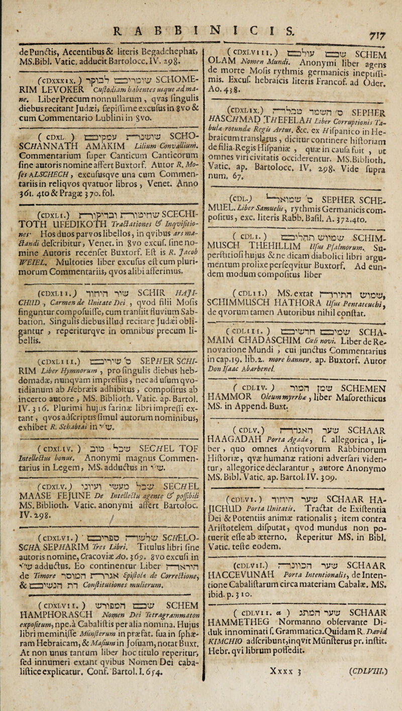 dePun^^is, Accentibus & literis Begadchephat, MS.Bibl. Vatie, adducit Bartoiocc.IV. apg. ('CDXXXIX.) Ipmh SCHOME- RIM LEVOKER Cuflodlam habentes mquej^dma- ne. LiberPrecum nonnullarum , qvas fingulis diebus recitant Judsi? fccpiflimeexcufusin 8vo& cum Commentario Lubliniin 8vo. ( CDXL, ) SCHO- SCHx4nNATH AMAKIM Lilmm Convallium, Commentarium fuper Canticum Canticorum fine autoris nomine affert Buxtorf, Autor R, Mo~ fesALSCHECHt excufusqve una cum Commen- tariis in reliqvos qvatuor libros j Venet. Anno 3 di. 4to & Pragae 3 70. fol. (cDxn.) SCECHI- TOTH UFEDIKOTH Tra^atknes Inqvifitio-^ nes‘ Hos duos parvos libellos, in qvibus ars ma~ deferibitur, Venet. in gvo excuf. fine no¬ mine Autoris recenfet Buxtorf. Eft is R, Jacob WEIEL, Multoties liber excufus eft cum pluri¬ morum Commentariis, qvos alibi afferimus. 717 IJU I ■■ OT A { f^ SCHEM ULAM Nomen Mundu Anonymi liber age-ns de morte Mofis rythmis germanicis inepufll- mis. ExeuH Hebraicis literis Francof. ad Oder Ao.4j8. idw-d sepher WASCffMAD .Tfl-EFELAAT uber Corrupioms T,- buU rotunda Regis Artus, &c. ex //ifpanico in He¬ braicum transl^us, dicitur continere hiftonam denlia RegisHifpaniae , quae in caufa fuit , ut omnes viri civitatis occiderentur. MS.Biblioth. Vatie, ap. Bartoiocc. IV. xpg. Vide fupra num. 67. (CDL.; 'd SEPHER SCHE- MUEL. Liber Samuelis, rythmis Germanicis com- pofitus, exc. literis Rabb.Bafil. A. 372.4^. ( cDLi.) schim- MUSCH THEHILLIM llf^ Pjalmorum, Su» perftitiofi hujus & ne dicam diabolici libri argu¬ mentum prolixe perfeqvitur Buxtorf Ad eun¬ dem modum compofitus liber (cDxLii.j nirbri schir hajp CHllD t Carmen de Unitate Dei , qvod filii Mofis finguntur compofuiffe, cum tranliit fluvium Sab- bation. Singulis diebus illud recitare Judaei obli- antur , reperiturqve in omnibus precum li- ellis. (cDxLi II.) 'O SEPHER SCH/- RIM Liber Hymnorum , pro finglilis diebuS heb¬ domada, nunqvam imprefTus, nec ad ufum qvo- tidianura ab Hebraeis adhibitus, compofitus ab incerto autore , MS. Biblioth. Vatie. ap.Bartol. IV. 31(5. Plurimi hujus farinae libri impreffi ex- tant, qvosadfcriptisfimul autorum nominibus, exhibet R, Schabtai in (CDXUV. ) nViD Sziti; SECHEL TOF IntelleUus bonus, Anonymi magnus Commen¬ tarius in Legem, MS. addudus in ■''t:;. fcDxLV.J WO SECHEL MAASE FEJUNE De Intellectu agente poffibili MS. Biblioth. Vade, anonymi affert Bartoloc. IV. 298. / (CDXLVI.)' tzzj''i2Q mtybty schelO- SCHA SEPHARIM Tres Libri, Titulus libri fine autoris nomine,Cracoviae.rfo. 365?. gvoexcufi in <'ti; addudus. Eo continentur Liber de Timore IDIDH £pi(loU de Correblione-i & riT Conflitutiones mulierum. (cDxLvii.) ^-nsDn rau; scHEM HAMPHORASCH Notyien Dei Tetragrammaton expofitum, npe.a Cabaliftis per alia nomina. Hujus libri meminfffe Munfterum inpraefat. fuain fphae- ram Hebraicam, in jofuam,notatBiixt. At non unus tantam liber hoc titulo reperitur, fed innumeri extant qvibus Nomen Dei caba- (CDLII.) MS.extat SCHIMMLISCH HATHORA Ufus Pentateuchiy de qvorum tamen Amoribus nihil cpnftat. (CDLIII.) SCHA- MAIM CHADASCHIM Caeli novi, Liber de Re- novadone Mundi f cui jundus Commentarius incap.19. lib.i. more hannep, ap. Buxtorf. Autor Don Ifaac hbarbenel. ( CDLIV. ) nion JDtXJ SCHEMEN HAMMOR Oleummyrrha , liber Maforethicus MS. in Append. Buxt. (cDLv.) mwn -ly^ schaar HAAGADAH Porta Agada-f E allegorica , li¬ ber , quo omnes Anciqvorum Rabbinorum Hiftoriae, qvae humanae rationi adverfari viden¬ tur, ailegorice declarantur , autore Anonymo MS. Bibi. Vatie, ap. Bartol. IV. 3op. (cDLvi.) “lyiy SCHAAR ha- JICHLID Porta Unitatis, Tradat de Exiftentia Dei & Potentiis animae rationalis 3 item contra Ariftotekm difputat, qvod mundus non po¬ tuerit efle ab aeterno. Reperitur MS. in Bibi. V’^atic. tefte eodem. (cDLvii.) ;—lyu; SCHAAR HACCEVUNAH Porta Intentionalisy de Inten¬ tione Cabaliftarum circa materiam Cabalae. MS. ibid. p. 3 to. ( CDLVII. a ) :!,non lyty SCHAAR' HAMMETHEG Normanno obfervante Di- duk innominati f. Grammatica.Quidam R. DavicL KIMCHIO adrcribunt,inqvit Munfterus pr. inftit. Hebr. qvi librum poffedit.