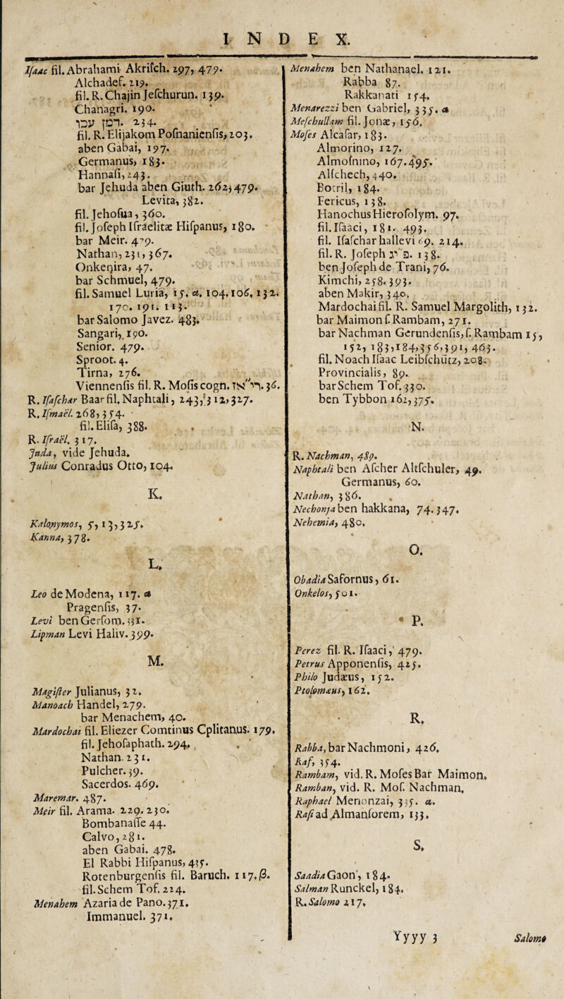 • ■' JfaAc fil. Abrahami Akrifch. 197, 47?* Alchadef. 117* fil.R.ChajinJefchurun. 139. Chanagri. 190. isy 2,34- fil. R. Elijakom Pofnanicnfis, 203. ^ abenGabai, 197. . . Germanus> 183« ' Hannafi,243. r,- bar Jehuda aben Giuth. 2(523479. Levita, fil. Jehofua, 3(5o. fil.jofephifraelitae Hifpaniis, igo, • bar Mcir. 4-’9. Nathan, 231,367. OnkcQira, 47, ' v'’- ' ■ bar Schmuel, 479. fil. Samuel Luria, i y. cj. 104. ioi5.131. 170. 191. 113- barSalomo Javez. 483. Sangari,. 190. Senior. 479. Sproot. 4. Tirna, 276. Viennenfis fil. R. Mofis cogn. 3<5. Vi.Ifafchdr Baar fil.Naphtali, 243,^3 R, Ifmael. i68,5 5'4. fi!. Elifa, 388* . R.//r4^7. 317. Jada, vide Jehuda. Julius Conradus Otto, 104. K, Kdo,nymos^ 5, 13,31/. J^annaf 378, l; Leo deModena, 117. <* Pragenfis, 37* Levi benGerfom.^?!* Lipman Levi Haliv. 399* Julianus, 32. Mamach Handel, bar Menachem, 40. Mardochat fil.Eliezer Comtinus CplitaauS. 179» fil. Jehofaphath. 294, Nathan, 231. Pulcher. 39. Sacerdos. 469. Maremar. 487* fil. Arama. 129.2J0, Bombanaffe 44. Calvo, 281. aben Gabai. 478. EI Rabbi Hifpanus, 4?5'. Rotenburgenfis fil. Baruch. H7./3. fil.Schem Tof. 224, MenAhem Azariade Pano. 371, Immanuel. 371. Menahem ben Nathanael. i2i. Rabba 87. Rakkanati i f4. Menarezzi ben Cabriel, 3 . <» MefchuU^m fil.Jonae, 156. Mofes Alea far, i 83* Almorino, 127. Almofnino, Al(chech,44o, Bocril, 184. Ferkus, 158. HanochusHierofolym. 97. fil.Ifaaci, i8». 493. fil. Ifafchar hallevi ^9. 214. fil. R. Jofeph 138. ben Jofeph de Trani, 76. Kimchi, 2y8. 393» aben Makir, 340. Mardochaifil. R. Samuel Margolith, 152. bar Maimon C Rambam, 271. barNachman Gerundenfisjf. Rambam i|, i5’2> i85iI84G5G39G 4d3- fil. Noach Ifaac Leibfchutz, xog. Provincialis, 89. barSchem Tof. 330. ben Tybbon 162,375. N. R. Nachman^ Nafbtaii ben Afcher Ahfchuler, 49. Germanus, 60, NathAti^ 386. , iVff;fco»;4ben hakkana, 74.347. Nehetnia, 480. o. 0W/4 Sa fornus, (5i. Onkelosf 5 0». • P. Perez fil. R. Ifaaci,' 479. Apponenfis, 425. Philo 152. , Ptolomxus^ 162» R. /?4i&^.2,barNachmoni, 42<5. hAfy 3f4- . Rambam^ vid. R. Mofes Bar Maimon. Ramban^ vid. R. Mof. Nachman, Raphael Menonzai, 335. a. ad Ali^ati^orem, 133. S. .yW/^Gaon', 184» Salmart Runckel, I 84. R. Salomo 217* Yyyy 3 SAlom^