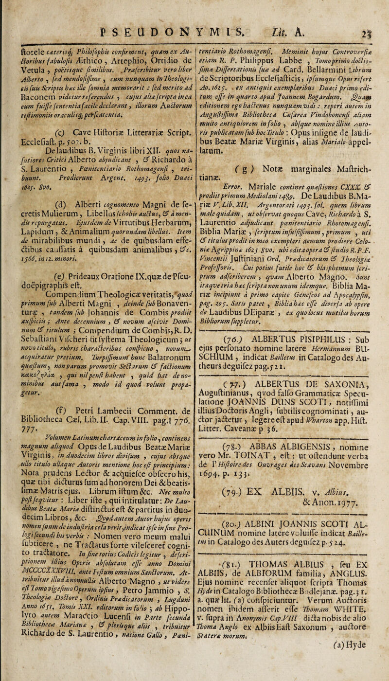 ftotele caterif^ Philofophis confirment.^ quam ex Ah- Boribus fabulo fis Itx\\\zo ^ Artephio, Ortidio de Vetula j poetisque fimilibus. ,Pr£fcrtbitur vero liber Alberto , fed mendofjf me , cum nunquam in Theologi- eU fuis Scriptis b<itc ille fomnia memorarit : fed merito ad Baconetn videtur referendus , cujus alia (cripta in ea eum fuijfe (ententiafacile declarant, illorum h-uBorum tefimoniis oraculisq^ peyfcatentia. (z) Cave Hiftoriae Litterariae Script, Ecclefiaft. p. yo?. b. Delaudibus B. Virginis libriXII. quos na- futiores Alberto abjudicant , Richardo ^ S. Laurentio , Pcenitentiario Rothomagenf , m- buunt. Prodierunt hrgent. t^pS- Duaci i6zj. Svo, (d) Alberti cognomento Magni de fe- cretis Mulierum , Libellus(choliu aisBus.^ 15 k men¬ dis repurgatus. Ejusdem de Virtutibus Herbarum, Lapidum , & Animalium qmrundam libellus. Item de mirabilibus mundi, ac de quibusdam efFe- dibus cauffatis a quibusdam animalibus, 1^66, in n. minori. (ej Prideaux Oratione IX.quaede Pfeu' doepigraphi's eft. Compendium Theologicae veritatis, primum fub hlbznx Mzigm , deinde fub^QtnVJZVi- tur^ , /a^ johannis de Combis aufficiis Ante decennium , 15 novum afcivit Domi¬ num (5 titulum i Compendium deCombis,R. D. Sebaftiam Vifcheri fitfyftema Theologicum, ut novo titulo.^ rubris charalieribus confpicuo , novum-» acquiratur pretium. Turpijfmunf hunc Balatronum quteftum.y non varum promovit SeBarum (5 faBionum iccLKolrjKici , qui nilpenft habent , quid fiat de no¬ minibus aut fama , modo id quod volunt propa¬ getur. (0 Petri Lambecii Comment. de Bibliotheca CaehLib.II. Cap.VIII, pag.j 776. 777- Volumen Latinum chartaceum in folio, continens magnum aliquod Opus de Laudibus Beatae Mariae Virginis, in duodecim libros divifum , cujus absque ullo titulo uUaque Aut oris mentione hoc e fi principium: Nota prudens Ledor & acquiefce obfecrohis, quae tibi didurus fum ad honorem Dei & beatis- limae Matris ejus. Librum iftum &c. Nec multo poftfeqvitur : Liber ifte , quiintitulatur: De Lau¬ dibus Beata diftindus eft & partitus in duo¬ decim Libros, &c. ^jvadautem Autor hujus operis nomen fuum de induflria cela veritfndicat ipfe in fine Pro¬ logi fecundi hts verbis : Nomen vero meum malui fubticere , ne Tradatus forte vilefceret cogni¬ to tradatore. In fine totius Codicis legitur defcri- ptionem iflius Operis abfolutam ejfe anno Domini MCCCCXXXVlll. ante Peftum omnium SanBorum. At¬ tribuitur illud knonnudis Alberto'Magno , ut videre efilomovigefimo Operum ipfius y Petrojammio , S. Theologia DoBore j Ordinis Pradicatorum , Lugduni Anno i6pi, Tomis XXL editorum in fo^io j ab Hippo¬ lyto autem MaraCcio Lucenfi in Parte fecunda Bibliothecae Mariane , (5 plerisque aliis , tribuitur Richardo de S. Laurentio , natione Gallo > Poeni- j tentiario Rothomagenfi, Meminit hujus Contr over fine i?. P. Philippus Labbe , Tomoprirho doBis- ftmdc Differtationis fua ad Card, Bellarmini ubrum de Scriptoribus Ecclefiafticis, ipfumque Opm refert Ao. idzj. . ex antiquis exemplaribus Duaci primo edi¬ tum ejje in quarto apud Joannem Bogardum, ^uam editionem ego haBenus nunquam vidi : reperi autem in Augufiiffima Bibliotheca Cafarea Vindobonenfi aliam multo antiquiorem in folio , abfque nomine illius nuta¬ ris publicatam fub bocTitulo : Opus inhgne de laudi¬ bus Beatae Mariae Virginis, alias Mariale appel¬ latum^ (' g ^ NotcC marginales Maftrich- tianae. Error. Mariale continet qucefliones CXXX, I5 prodiit primum Mediolani iq.%p. De Laudibus B.Ma- XUX.V^Lib.XIl. Argentorati iqp^. fol, quem librum male quidam, ut obfervat quoque Cave, Richardo a S. Laurentio adjudicant pcenitentiario Rhotomagenfi. Biblia Mariae 5 fcriptuminfu/ffffmum ^ primum , uti (5 titulus prodit in meo exemplari aemum prodiere Colo¬ nice Agrippina i6zj Svo. ubi edita opera (5 ftudioR.P,F. Vincentii Juftiniani Ord. Prcedicatorum l5 IheologU Profejjoris, Cui potius futile hoc (5 blasphemum feri- ptum adferiberem , qvam Alberto Magno. Sunt itaqve tria h<ec feripta non unum idemque, Biblia Ma¬ riae incipiunt k primo capite Genefeos ad hpocalypfin» pag, zoj. Satts patet , Biblia hcec eJfe diverfa ab opere de Laudibus DEiparae , ex quo locus mutilus horum Bibliorum fuppletur. (7(5.; ALBERTUS PISIPHILUS : Sub ejus perfonato nomine latere Hermannum BU- SCHlUM , indicat BaiUetus in Catalogo des Au- theurs deguifez pag. j- 2 i. (>7.) ALBERTUS DE SAXONIA, Auguftinianus, qvod falfoGrammaticce Specu¬ latione JOANNIS DUNS SCOTI, notiftimi illius DodorisAngli, fubtilis cognominati, au- dor jadetiir, legere eft apud IFharton app, Hift. Litter. Caveanae p 36. (78.) ABBAS ALBIGENSIS, nomine vero Mr. TOINAT ^ eft.: ut oftendunt verba de V Hiftoiredes Ouvrages des Scavans ijlovcmbvQ i6p4. p. 133. (79.) EX ALBUS. V» Alhiusy & Anon.1977. (80.; ALBINI JOANNIS SCOTI AL- CUINLIM nomine latere voluifle indicat Baille- m in Catalogo des Auters deguifez p- 5 24. (81.) THOMAS ALBIUS , feu EX ALBUS, de ALBIORUM familia, ANGLUS. Ejus nomine recenfet aliquot feripta Thomas in Catalogo Bibliothecae B;>dlejanae. pag.3 r. a. quae Iit. (a) confpiciuntur. Verum Auidoris nomen ibidem afferit efte Thomam WHITE. V. fiiprain Anonymis CapVIIl dida nobis de alio Thoma Anglo ex AfbiisEaft Saxonum , audore Statera morumt (a) Hydc