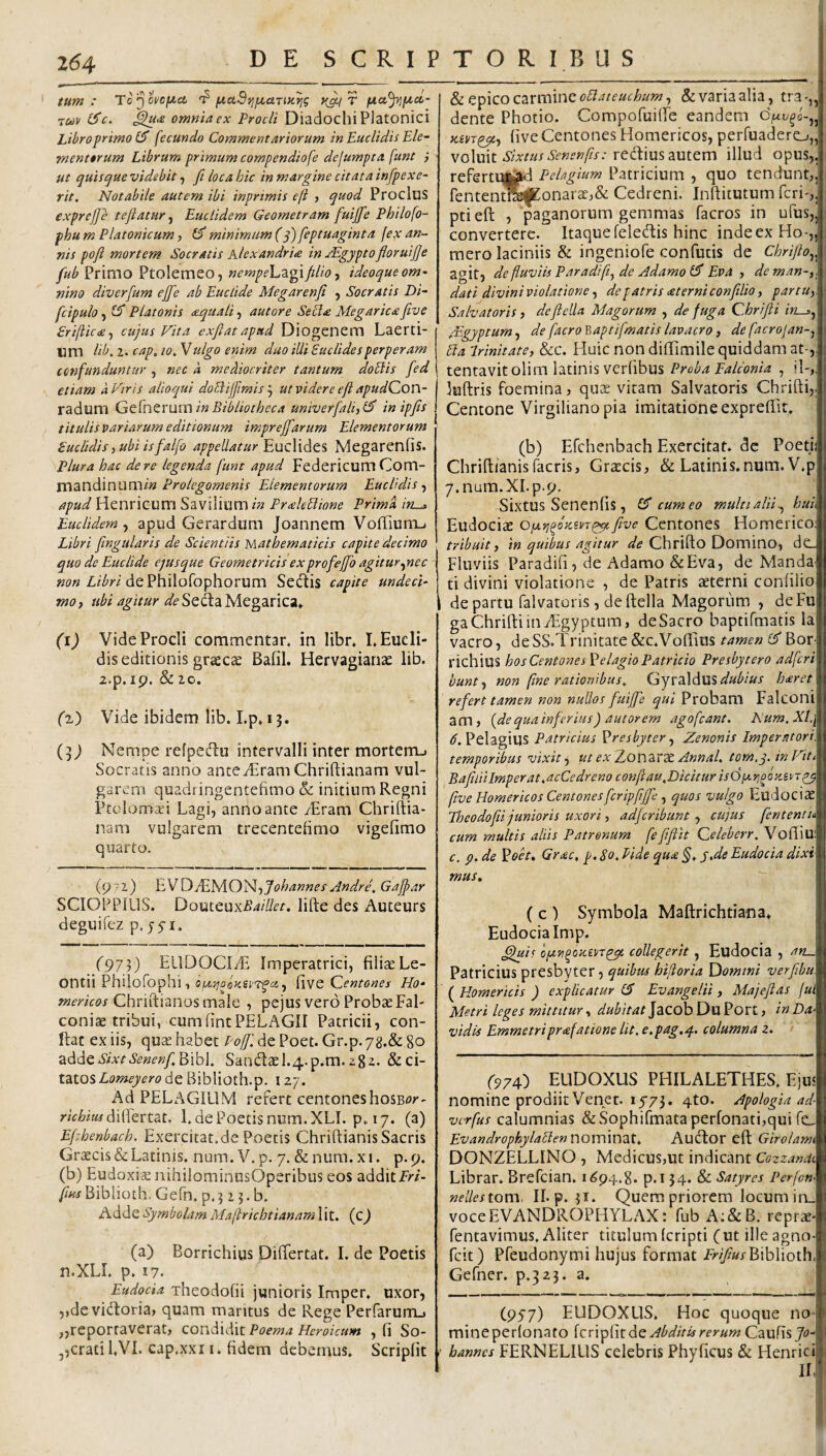 tum: Tojoi^oficc fiaSyjfjLUTiKj^g y^i T fxa^^cL- Tuv C^c. ^-e omnia cx Procli Diadochi Platonici Libro primo fecundo Commentariorum in Euclidis Ble- menttrum Librum primum compendiofe defumpta funt i ut quisque videbit, fi loca hic in margine citata infpexe- rit. Notabile autem ibi inprimis cfi > quod ProcluS exprejje teflatur^ Euclidem Geometram fuijfe Philofo~ phu m Platonicum, minimum (fi) feptuaginta fex an¬ nis poft mortem Socratis Alexandri^ in jEgyptofloruijje fub Primo Ptolemeo, nempeh^gxfilio ■, ideoque om¬ nino diverfum efife ab Euclide Megarenfi , Socratis Di~ fcipulo, Platonis aquali, autore Sebia Megaricafive Srifiica.^ cujus Fita exfiatapud Diogenem Laerti¬ um lib, 2. cap, 10. V ulgo enim duo illi Euclides perperam confunduntur , nec a mediocriter tantum dobiis fed etiam dFtris alloqui doEiijfimis t, ut videre eft apudCon- radum Gt(ntr\a\x\ in Bibliotheca univerfali,(^ inipfis titulis variarum editionum imprefifarum Elementorum Euclidis ^ ubi isfalfo appellatur'EuQ\\(de:^ Megarenfis. Plura hac de re legenda funt apud Federicum Com- TC\2S\'di\l\\XXX\in Prolegomenis Elementorum EucUdis apud Henricum Savilium in Prakblione Prima in^ Euclidem^ apud Gerardum Joannem VoffiuiTLj Libri fingularis de Scientiis Mathematicis capite decimo quo de Euclide ejusque Geometricis exprofejfio agiturpaec dePhilofophorum Secftis capite undeci¬ mo j ubi agitur Sedta Megarica» (i) Vide Procli commentar, in libr, I. Eucli¬ dis editionis graeccc Balil. Hervagianae lib. 2.p. ip. & 20. (%) Vide ibidem lib. I.p. 13. Nempe refpetflu intervalli inter morterru Socratis anno antCiEram Chriftianam vul¬ garem quadfingentefimo & initium Regni PtclomTi Lagi, anrioante yEram Chriftia- nam vulgarem trecentefimo vigefimo quarto. (972) 'EVDj^WiOIldfJohannesMndre. Gafpar SCIOPPIUS. DouteuxiiW/rr. lifte des Auteurs deguifez p. jfi. (973) EllDOCIdE Imperatrici, filiacLe- ontii Philofophi ■» fwQGentones Ho¬ mericos Chriftianos male , pejus vero Probae Fal- coniae tribui, cumfintPELAGII Patricii, con¬ flat ex iis, quae habet EofJ'. de Poet. Gr.p. 78.& go z<^dQSixtSenenf,'^\bf Sand:ael.4.p.m. zgz. & ci¬ tatos Lomeyero de Biblioth.p. I 27. Ad PELAGIUM refert centoneshosBi?/'- y;V^if«di(rertat, 1, de Poetis num.XLI. p.17. (a) Efihenbach. Exercitat.de Poetis Chriftianis Sacris Graecis & Latinis, num. V.p. 7. &nura.xi. p.p. (b) EudoxiaenihilominusOperibus eos additir;- fus Biblioth, Gefn. p. 3 2 3. b. Adde Symbolam Maftrichtianam Iit. (cj (a) Borrichius Differtat. I. de Poetis n.XLI. p. 17. Eudocia Theodofii junioris Imper. uxor, ,,de viftoria, quam maritus de Rege PerfarurrLi ^reportaverat, condidit Poema Heroicum , (i So- ,,crati 1,VI. cap.XXII. fidem debemus. Scripfit &!.tfi\coczvmmco5iateuchum^ &variaalia, tra-,, dente Photio. CompofuiiFe eandem Ofxv^b-^^ Kmqpc-i five Centones Homericos, perfuaderej,, VcAmt Sixtus Senen fis: rQ(fi.\\xsz\Xttm illud opus„ refertiM^ Pelagium Patricium , quo tendunt,, rentent^|ponarae,& Cedreni. Inftitutum feri',, ptieft , paganorum gemmas facros in ufus,, convertere. Itaque feledis hinc indeexHo-,, mero laciniis & ingeniofe confutis de Chrifio^^ agit, defluviis Paradift^ de Adamol^ Eva , deman-,, dati divini violatione ^ de patris aterniconfdio, partUy Salvatoris i deflella Magorum , defuga Chrifti ins^ Aegyptum^ de fiacro'%aptifmatis lavacro ■) de facrojan-^. bia irinitate, &c. Huic non difiTimile quiddam at-,, tentavitolim latinis verfibus Proba Falconia , il-,. luftris foemina, quae vitam Salvatoris Chrifti,. Centone Virgiliano pia imitatione expreftit. (b) Efchenbach Exercitat, dc Poetii Chriftianis facris, Graecis, & Latinis.num. V.p 7.num.XI.p.p. Sixtus Senenfis, cum eo multialH.^ huh Eudociae opcri^oxinq^five Centones Homerico; tribuit j w quibus agitur Chrifto Domino, dc. Fluviis Paradifi, de Adamo &Eva, de Manda ti divini violatione , de Patris aeterni confilio de partu falvatoris , de ftella Magorum , de Fu ga Chrifti in yEgyptum, de Sacro baptifmatis la vacro, deSS.Trinitate &c.Voflius tamen Bor. richius hos CentonesVelagio Patricio Presbytero adferi buntf non fine rationibus^ GjTsddWi dubius h<eret refert tamen non nullos fuiffe qui Probam Falconi am, [dequainferius) autorem agofcant. Num. XI.[ <?’. Pelagius Patricius Presbyter ^ Zenonis Imperatori, temporibus vixit ^ ut ex ZonZiX Annal. tom.y. inViti Bafiuiilmperat .acCedreno conftau.Dicitur isOixrj^oK&vT^ five Homericos Centones fcripfijje , quos vulgo Eudociae Theodofii junioris uxoriadferibunt ^ cujus fententu cum multis aliis Patronum fefiflit Geleberr. Voftiu: c. p. de Poet» Grac, p, 80. Hde qua §» y,de Eudocia dixi mus, ( c ) Symbola Maftrichtiana. Eudocia Imp. ^is ofxn^ojcenqpc collegerit , Eudocia , an^ Patricius presbyter, quibus hifioria Xbiomtni verfibu. ( Homericis ) explicatur (5 Evangelii, Majeftas fui Metri leges mittitury JacobDuPort, inDa- vidis Emmetriprafatione Ut. e.pag.q.. columna 2. G74) EUDOXUS PHILALETHES. Ejus nomine prodiit Venet. ly/j. 4to. Apologia ad- verfus calumnias &Sophirmataperfonati,qui fc. Evandrophylablenuommzt, Audor eft Girolami DONZELLINO , Medicus,ut indicant Cozz.mai Librar, Brefcian. 1^94.8. p.i 54. & Satyres Perfon- nellestom, II. p. 31. Quem priorem locum in- voceEVANDROPHYLAX: fub A:&B. reprae- fentavimus. Aliter titulum (cripti (ut illeagno- feit) Pfeudonymi hujus format Biblioth, Gefner. p.323. a. Cpyy) EUDOXUS. Hoc quoque no¬ mine perlonato [cr\^{\X.diQ Abditis rerum Caufisyi?- hannes FERNELILIS celebris Phyficus & Henrici II,