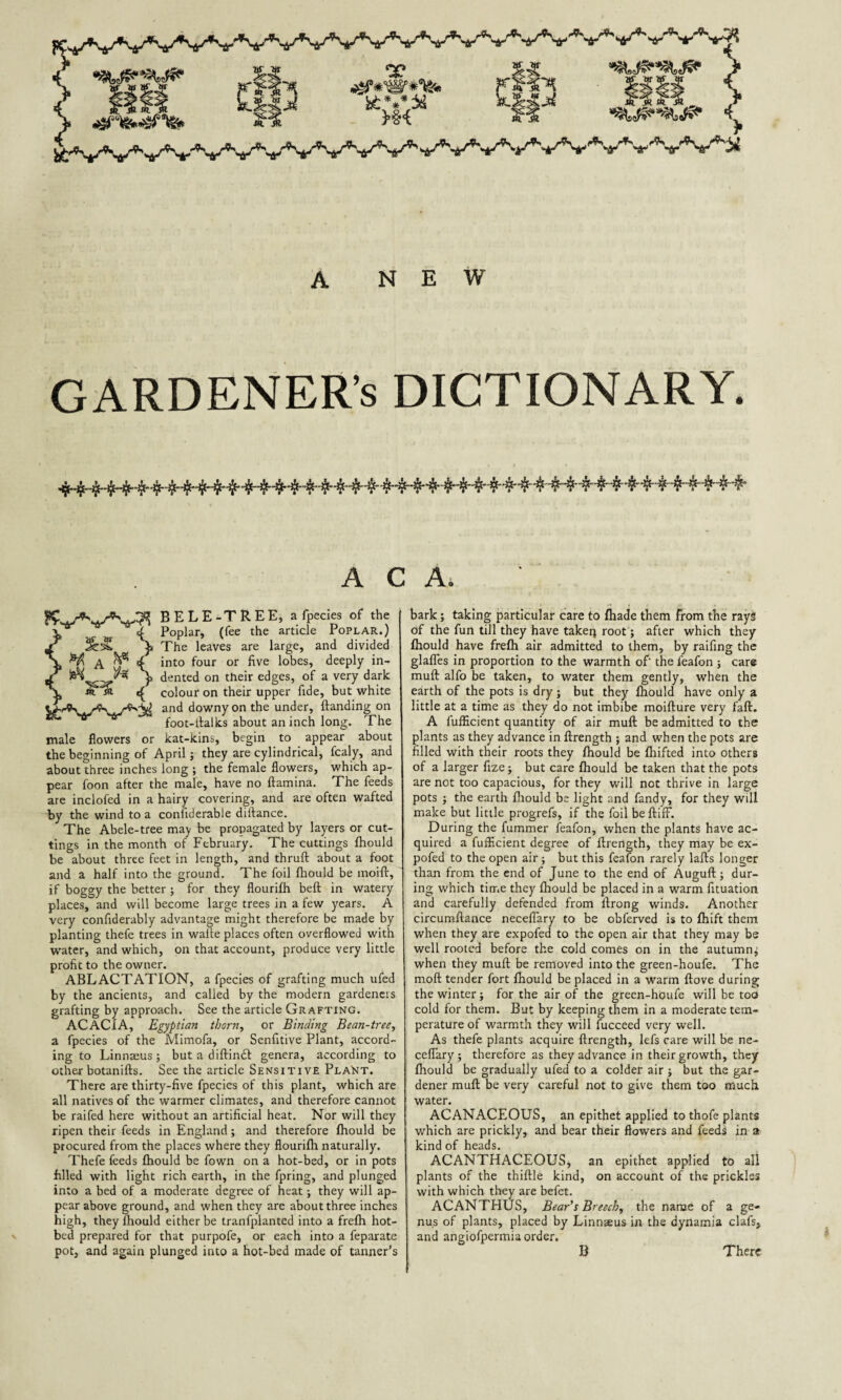 3P* •MM l% bt%*^ >M ‘»P* .aycJ ^S**^ •l T rf~~^ ^ ,i*^*>. . AN, -/*^'^^ A NEW GARDENER’S DICTIONARY. ^f^nHwH^-HninH-++++•$-$-$■•$-$+■+•$-$•++++■+^+4++4++-<^++++|H' A C A. BELE-TREE, a fpecies of the Poplar, (fee the article Poplar.) The leaves are large, and divided into four or five lobes, deeply in¬ dented on their edges, of a very dark colour on their upper fide, but white and downy on the under, ftanding on foot-ftalks about an inch long. The kat-kins, begin to appear about the beginning of April; they are cylindrical, fcaly, and about three inches long ; the female flowers, which ap¬ pear foon after the male, have no ftamina. The feeds are inclofed in a hairy covering, and are often wafted by the wind to a considerable diftance. The Abele-tree may be propagated by layers or cut¬ tings in the month of February. The cuttings fhould be about three feet in length, and thruft about a foot and a half into the ground. The foil fhould be moift, if boggy the better ; for they flourifh beft in watery places, and will become large trees in a few years. A very confiderably advantage might therefore be made by planting thefe trees in wafte places often overflowed with water, and which, on that account, produce very little profit to the owner. ABLACTATION, a fpecies of grafting much ufed by the ancients, and called by the modern gardeners grafting by approach. See the article Grafting. ACACIA, Egyptian thorn, or Binding Bean-tree, a fpecies of the Mimofa, or Senfitive Plant, accord¬ ing to Linnaeus; but a diftindt genera, according to other botanifts. See the article Sensitive Plant. There are thirty-five fpecies of this plant, which are all natives of the warmer climates, and therefore cannot be railed here without an artificial heat. Nor will they ripen their feeds in England; and therefore fhould be procured from the places where they flourifh naturally. Thefe feeds fhould be fown on a hot-bed, or in pots filled with light rich earth, in the fpring, and plunged into a bed of a moderate degree of heat; they will ap¬ pear above ground, and when they are about three inches high, they fhould either be tranfplanted into a frefh hot¬ bed prepared for that purpofe, or each into a feparate pot, and again plunged into a hot-bed made of tanner’s K AV*\ \ iTh { male flowers or bark; taking particular care to (hade them from the rays of the fun till they have taken root; after which they fhould have frefh air admitted to them, by raifing the glafles in proportion to the warmth of' the feafon ; car® muft alfo be taken, to water them gently, when the earth of the pots is dry ; but they fhould have only a little at a time as they do not imbibe moifture very fall. A fufficient quantity of air muft be admitted to the plants as they advance in ftrength ; and when the pots are filled with their roots they fhould be fhifted into others of a larger fize; but care fhould be taken that the pots are not too capacious, for they will not thrive in large pots ; the earth fhould be light and fandy, for they will make but little progrefs, if the foil beftifF. During the fummer feafon, when the plants have ac¬ quired a fufficient degree of ftrength, they may be ex- pofed to the open air; but this feafon rarely lafts longer than from the end of June to the end of Auguft ; dur¬ ing which time they fhould be placed in a warm fituation and carefully defended from ftrong winds. Another circumftance necefiary to be obferved is to fhift them when they are expofed to the open air that they may be well rooted before the cold comes on in the autumn; when they muft be removed into the green-houfe. The moft tender fort fhould be placed in a warm ftove during the winter; for the air of the green-houfe will be too cold for them. But by keeping them in a moderate tem¬ perature of warmth they will fucceed very well. As thefe plants acquire ftrength, lefs care will be ne- ceflary ; therefore as they advance in their growth, they fhould be gradually ufed to a colder air ; but the gar¬ dener muft be very careful not to give them too much water. ACANACEOUS, an epithet applied to thofe plants which are prickly, and bear their flowers and feeds in a kind of heads. ACANTHACEOUS, an epithet applied to all plants of the thiftle kind, on account of the prickles with which they are befet. ACANTHUS, Bear’s Breech, the name of a ge¬ nus of plants, placed by Linnaeus in the dynamia clafs, and angiofpermia order. B There B