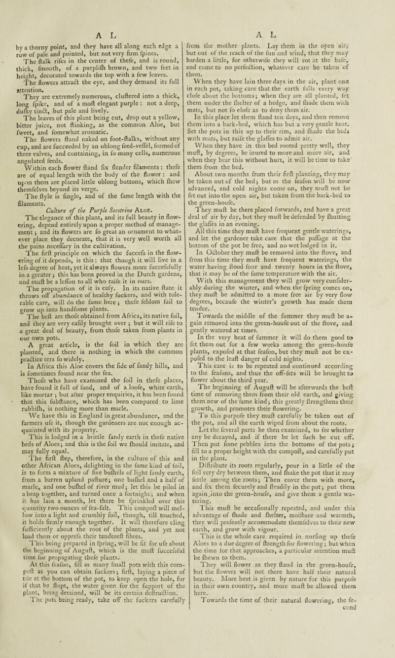 by a thorny point, and they have all along each edge a row of pale and pointed, but not very firm fpines. The ftalk rifes in the center of thefe, and is round, thick, finooth, of a purplifh brown, and two feet in height, decorated towards the top with a few leaves. The flowers attradl the eye, and they demand its full attention. They are extremely numerous, cluttered into a thick, long fpike, and of a moft elegant purple : not a deep, dufky tindl, but pale and lively. The leaves of this plant being cut, drop out a yellow, bitter juice, not {linking, as the common Aloe, but fweet, and fomewhat aromatic. The flowers ftand naked on foot-ftalks, without any cup, and are fucceeded by an oblong feed-vefl'el, formed of three valves, and containing, in fo many cells, numerous angulated feeds. Within each flower ftand fix flender filaments : thefe are of equal length with the body of the flower : and upon them are placed little oblong buttons, which fhew themfelves beyond its verge. The ftyle is Angle, and of the fame length with the filaments. Culture of the Purple Socotrine Aloe. The elegance of this plant, and its full beauty in flow¬ ering, depend entirely upon a proper method of manage¬ ment ; and its flowers are fo great an ornament to what¬ ever place they decorate, that it is very well worth all the pains necelfary in the cultivation. The firft principle on which the fuccefs in the flow¬ ering of it depends, is this: that though it will live in a lefs degree of heat, yet it always flowers more fuccefsfully in a greater ; this has been proved in the Dutch gardens, and mutt be a lelfon to all who raife it in ours. The propagation of it is eafy. In its native ftate it throws off abundance of healthy fuckers, and with tole¬ rable care, will do the fame here; thefe feldom fail to grow up into handfome plants. The beft are thole obtained from Africa, its native foil, and they are very eafily brought over ; but it will rife to a great deal of beauty, from thofe taken from plants in our own pots. A great article, is the foil in which they are planted, and there is nothing in which the common practice errs fo widely. In Africa this Aloe covers the fide of fandy hills, and is fometimes found near the fea. Thofe who have examined the foil in thefe places, have found it full of land, and of a loofe, white earth, like mortar ; but after proper enquiries, it has been found that this fubftance, which has been compared to lime rubbifh, is nothing more than marie. We have this in England in great abundance, and the farmers ufe it, though the gardeners are not enough ac¬ quainted with its property. This is lodged in a brittle fandy earth in thefe native beds of Aloes; and this is the foil we fhould imitate, and may fully equal. The firft ftep, therefore, in the culture of this and other African Aloes, delighting in the fame kind of foil, is to form a mixture of five bufhels of light fandy earth, from a barren upland pafture; one bufliel and a half of marie, and one bufhel of river mud; let this be piled in aheap together, and turned once a fortnight; and when it has lain a month, let there be fprinkled over this quantity two ounces of fea-falt. This compoftwill mel¬ low into a light and crumbly foil, though, till touched, it holds firmly enough together. It will therefore cling fufficiently about the root of the plants, and yet not load them or opprefs their tendereft fibres. This being prepared in fpring, will be fit for ufe about the beginning of Auguft, which is the moft fuccefsful time for propagating thefe plants. At this feafon, fill as many fmall pots with this com¬ port as you can obtain fuckers; firft, laying a piece of tile at the bottom of the pot, to keep open the hole, for if that be ftopt, the water given for the fupport of the plant, being detained, will be its certain deftruclion. The pots being ready, take off the fuckers carefully from the mother plants. Lay them in the open aif$ but out of the reach of the fun and wind, that they may harden a little, for otherwife they will rot at the bafe, and come to no perfection, whatever care be taken of them. When they have lain three days in the air, plant one in each pot, taking care that the earth falls every way clofe about the bottoms; when they are all planted, fet them under the fhelter of a hedge, and fhade them with mats, but not fo clofe as to deny them air. In this place let them ftand ten days, and then remove them into a bark-bed, which has but a very gentle heat. Set the pots in this up to their rim, and fhade the beds with mats, but raife the glafles to admit air. When they have in this bed rooted pretty well, they mull, by degrees, be inured to more and more air, and when they bear this without hurt, it will be time to take them from the bed. About two months from their firft planting, they may be taken out of the bed; but as the feafon will be now advanced, and cold nights come on, they muft not be fet out into the open air, but taken from the bark-bed to the green-houfe. They muft be there placed forwards, and have a great deal of air by day, but they muft be defended by {hutting the glafles in an evening. All this time they muft have frequent gentle waterings, and let the gardener take care that the paflage at the bottom of the pot be free, and no wet lodged in it. In October they muft be removed into the ftove, and from this time they muft have frequent waterings, the water having flood four and twenty hours in the ftove, that it may be of the fame temperature with the air. With this management they will grow very confider- ably during the winter, and when the fpring comes on, they muft be admitted to a more free air by very flow degrees, becaufe the winter’s growth has made them tender. Towards the middle of the fummer they muft be a- gain removed into the green-houfe out of the ftove, and gently watered at times. In the very heat of fummer it will do them good to fet them out for a few weeks among the green-houfe plants, expofed at that feafon, but they muft not be ex- pofed to the leaft danger of cold nights. This care is to be repeated and continued according to the feafons, and thus the oft-fets will be brought to flower about the third year. The beginning of Auguft will be afterwards the beft time of removing them from their old earth, and giving them new of the fame kind; this greatly {Lengthens then- growth, and promotes their flowering. To this purpofe they muft carefully be taken out of the pot, and all the earth wiped from about the roots. Let the feveral parts be then examined, to fee whether any be decayed, and if there be let fuch be cut off. Then put fome pebbles into the bottoms of the pots j fill to a proper height with the comport, and carefully put in the plant. Diftribute its roots regularly, pour in a little of the foil very dry between them, and fhake the pot that it may fettle among the roots; Then cover them with more, and fix them fecurely and fteadily in the pot; put them again Jnto the green-houfe, and give them a gentle wa¬ tering. This muft be occafionally repeated, and under this advantage of fhade and fhelter, moifture and warmth, they will prefently accommodate themfelves to their new earth, and grow with vigour. This is the whole care required in. nurfing up thefe Aloes to a due degree of ftrength for flowering; but when the time for that approaches, a particular attention muft be {hewn to them. They will flower as they ftand in the green-houfe, but the flowers will not there have half their natural beauty. More heat is given by nature for this purpofe in their own country, and more muft be allowed them here. Towards the time of their natural flowering, the fe- cond i