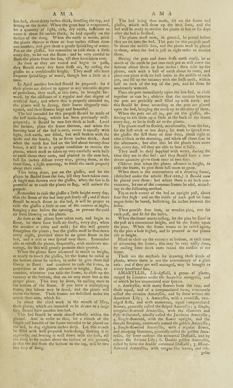 hot-bcd, about thirty inches thick, levelling the top, and fetting on the frame. When the great heat is evaporated, let a quantity of light, rich, dry earth, fufficient to cover it about fix inches thick, be laid equally on the furface of the dung. When the earth is warm, prick the plants therein at three or four inches diftant from one another, and give them a gentle fprinklingof water. Put on the glaffes, but remember to raife them a little every day, to let out the fleam : and be very careful to {bade the plants from the fun, till they have taken root. As foon as they are rooted and begin to pufh, they fhould every day have frefli air, by raifing the glafles to a confiderable height. They muft alfo have frequent fprinklings of water, though but a little at a time. In April another hot-bed fhould be prepared : for if thefe plants are delired to appear in any tolerable degree of perfection, they muft, at this time, be brought for¬ ward, by the afiiftance of a regular and due degree of artificial heat; and where this is properly attended to, the plants will be ftrong, their leaves elegantly vari¬ egated, and their flowers large and beautiful. The bed intended for this purpofe fhould be made of the beft horfe-dung, which has been previoufly well- prepared ; it fhould be two feet thick at leaft. Level the furface, place the frame thereon, and when the burning heat of the bed is over, cover it equally with light, rich earth, not fifted, but well broken with the fpade and the hands, fix or feven inches thick. And when the earth has laid on the bed about twenty-four hours, it will be in a proper condition to receive the plants, which muft be taken up very carefully with balls of earth about their roots, and planted in the new bed, full fix inches diftant every way, giving them, at the fame time, a light watering, to fettle the earth properly about their roots. This being done, put on the glafles, and let the plants be fhaded from the fun, till they have taken root. A fingle mat thrown over the glafles, when the fun is fo powerful as to caufe the plants to flag, will anfwer the purpofe. ^Remember to raife the glafles a little height every day, that the fleam of the bed may pafs freely off; and if there fhould be much fleam in the bed, it will be proper to raife the glaffes a little at one of the corners at night, hanging a mat before the opening, to prevent the cold air from blowing on the plants. As foon as the plants have taken root, and begin to {hoot, let them have frefh air freely, every day, when the weather is calm and mild: for this will greatly {Lengthen the plants ; but the glaffes muft be fhutdown every night, provided there be no great fleam in the bed, and a mat or two fpread over them. Remember alfo to refrefli the plants, frequently, with moderate wa¬ terings, for this will greatly promote their growth. When the plants have advanced fo much in height, as nearly to touch the glaffes, let the frame be railed at the bottom about fix inches, in order to give them full liberty to fhoot : and continue to raife the frame, in proportion as the plants advance in height. But, re member, whenever you raife the frame, to dole up the vacancy at the bottom, that no air may enter but at the proper place. This may be done, by nailing mats to the bottom of the frame. If you have a multiplying frame, this labour may be faved, and the plants will thrive the better. Thefe frames are defcribed under the article Hot-bed, which fee. In about the third week in the month of May, thofe plants, which are intended to be drawn to a large lize, fhould have another hot-bed. This bed fhould be made almoft wholly within the ground. And in order to this, let a trench of the length and breadth of the frame intended to be placed on the bed, be dug eighteen inches deep. Let this trench be filled v/ith well-prepared horfe-dung, fhaking it in regularly, and beating it well down with the fork, till the dung be fix inches above the furface of the ground, fo that the bed from the bottom to the top, will be two feet deep of dung. The bed being thus made, fet on the frame and glafles, which will draw up the heat foon, and the bed will be ready to receive the plants in five or fix days after the bed is finifhed. The plants muft now, in general, be potted before they are fet into the bed. The pots for this purpofe muft be about the middle fize, and the plants muft be placed in them, when the bed is juft in right order to receivd them. Having the pots and fome frefh earth ready, let as much of the earth be put into each pot as will cover the bottom about three or four inches : then take Up the plants, each with a ball of earth about its roots, and place one plant with its ball intire in the middle of each pot, and fill up the vacancy with the frefli earth, within half an inch of the top of the pot, and let them be moderately watered. Place the pots immediately upon the hot-bed, as clofe too;ether as can be : obferve that the cavities between the pots are perfectly well filled up with earth: and this fhould be done according as the pots are placed upon the bed, bringing the earth up to the rims of them. When the pots are all in, put on the glafles, ob- ferving to tilt them up a little at the back of the frame every day, to let in frefli air to the plants. The plants muft be fhaded, occafionally, from the fun, for the firft week or ten days ; let mats be fpread over the glaffes the firft three or four days, about eight or nine o’clock in the morning, and taken off about four in the afternoon ; but after this let the plants have more fun, every day, till they are able to bear it fully. They muft be duly fupplied with water, during the time they are in this bed : and they fliould have a mo¬ derate quantity given them once in two days. Obferve that when the plants advance in height, to raife the frame, to give them full room to grow. When there is the conveniency of a drawing frame, (defcribed under the article Hot-bed,) it fliould now be placed over them : but where there is no fuch con¬ venience, let one of the common frames be ufed, accord¬ ing to the following method. Fix at each corner of the bed an upright poft, about four feet high : and on the infide of each poft let fome augur-holes be bored, hollowing fix inches between the holes. Then provide four iron, or wooden pins, one for each poft, and fit for the holes. When the frame wants raifing, let the pins be fixed in the poft at a convenient height, and fet the frame upon the pins. When the frame wants to be railed again, fix the pins a hole higher, and fo proceed as the plants rife in height. Mind to clofe up the vacancy at bottom, at each time of advancing the frame ; this may be very eafily done, by nailing Tome thick mats round the outfide of the frame. Thefe are the methods for drawing thefe kinds of plants, where there is not the conveniency of a glafs cafe : and if they are well managed, may be brought to a very handfome fize. AMARYLLIS, Lily-daffodil, a genus of plants, ranged by Linnaeus under the hexandria monogynia, and of which he has enumerated nine fpecies. i. Amaryllis, with many flowers from the cup, and thofe equal, and of a campanulated form, commonly called the crimfon Amaryllis, and by fome writers the American Lily ; 2. Amaryllis, with a roundifh, two- edged ftalk, and with numerous, equal campanulated flowers, generally called the ftriped Amaryllis ; 3. Single, irregular-flowered Amaryllis, with the filaments and ftyle delineated, ufually called the Jacobean Amaryllis ; 4. Single-flowered, with the flower upright, and the threads {looping, commonly named the golden Amaryllis ; 5. Single-flowered Amaryllis, with a regular flower, and drooping filaments, generally called the golden Ama¬ ryllis, by fome authors the autumnal Daffodil, and by others the African Lily; 6. Double golden Amaryllis, called by fome the double autumnal Daffodil ; 7. Many- flowered Amaryllis, with tongue-like leaves, and irre¬ gular