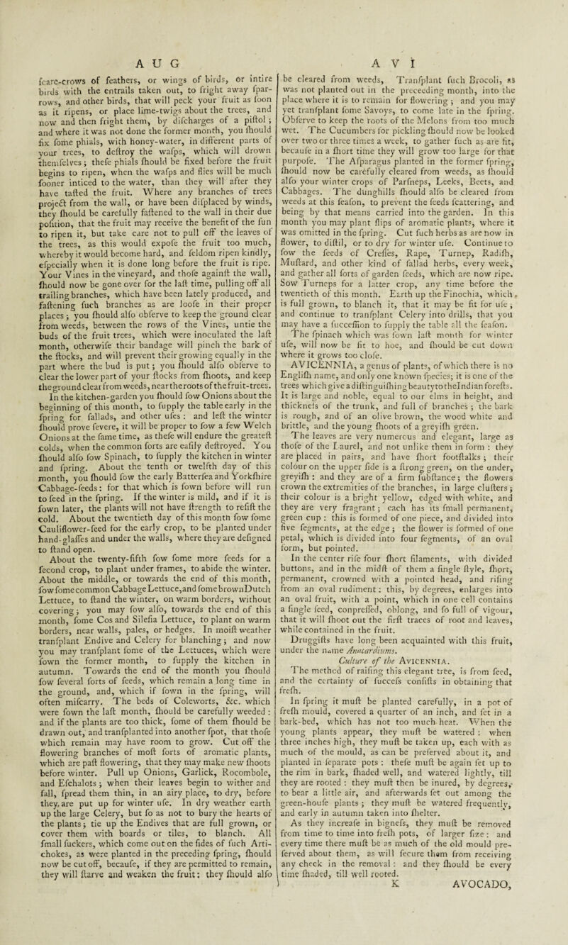fcare-crows of feathers, or wings of birds, or intire birds with the entrails taken out, to fright away fpar- rows, and other birds, that will peck your fruit as loon as it ripens, or place lijme-twigs about the trees, and now and then fright them* by difcharges of a piftol ; and where it was not done the former month, you fhould bx fome phials, with honey-water, in different parts of vour trees, to deftroy the wafps, which will drown themfelves; thefe phials fhould be fixed before the fruit begins to ripen, when the wafps and flies wull be much fooner inticed to the water, than they will after they have tailed the fruit. Where any branches of trees projedl from the wall, or have been dilplaced by winds, they fhould be carefully faltened to the wall in their due pofition, that the fruit may receive the benefit of the fun to ripen it, but take care not to pull off the leaves of the trees, as this would expofe the fruit too much, whereby it would become hard, and feldom ripen kindly, efpecially when it is done long before the fruit is ripe. Your Vines in the vineyard, and thofe againll the wall, fhould now be gone over for the lall time, pulling off all trailing branches, which have been lately produced, and faftening fuch branches as are loofe in their proper places ; you fhould alfo obferve to keep the ground clear from weeds, between the rows of the Vines, untie the buds of the fruit trees, which were inoculated the laft month, otherwife their bandage will pinch the bark of the flocks, and will prevent their growing equally in the part where the bud is put; you fhould alfo obferve to clear the lower part of your flocks from flioots, and keep thegroundclearfromweeds,neartherootsof the fruit-trees. In the kitchen-garden you fhould fow Onions about the beginning of this month, to fupply the table early in the fpring for fallads, and other ufes : and left the winter fhould prove fevere, it will be proper to fow a few Welch Onions at the fame time, as thefe will endure the greateft colds, when the common forts are eafily deftroyed. You fhould alfo fow Spinach, to fupply the kitchen in winter and fpring. About the tenth or twelfth day of this month, you fhould fow the early Batterfea and Yorkfhire Cabbage-feeds: for that which is fown before will run to feed in the fpring. If the winter is mild, and if it is fown later, the plants will not have ftrength to refill the cold. About the twentieth day of this month fow fome Cauliflower-feed for the early crop, to be planted under hand-glaffes and under the walls, where they are defigned to Hand open. About the twenty-fifth fow fome more feeds for a fecond crop, to plant under frames, to abide the winter. About the middle, or towards the end of this month, fow fome common Cabbage Lettuce,and fomebrownDutch Lettuce, to Hand the winter, on warm borders, without covering ; you may fow alfo, towards the end of this month, fome Cosand Silefia Lettuce, to plant on warm borders, near walls, pales, or hedges. In moift weather tranfplant Endive and Celery for blanching; and now vou may tranfplant fome of the Lettuces, which were fown the former month, to fupply the kitchen in autumn. Towards the end of the month you fhould fow feveral forts of feeds, which remain a long time in the ground, and, which if fown in the fpring, will often mifearry. The beds of Coleworts, &c. which were fown the laft month, ftiould be carefully weeded : and if the plants are too thick, fome of them fhould be drawn out, and tranfplanted into another fpot, that thofe which remain may have room to grow. Cut off the flowering branches of moft forts of aromatic plants, which are paft flowering, that they may make new fhoots before winter. Pull up Onions, Garlick, Rocombole, and Efchalots ; when their leaves begin to wither and fall, fpread them thin, in an airy place, to dry, before they, are put up for winter ufe. In dry weather earth up the large Celery, but fo as not to bury the hearts of the plants; tie up the Endives that are full grown, or cover them with boards or tiles, to blanch. All fmall fuckers, which come out on the fides of fuch Arti¬ chokes, as were planted in the preceding fpring, fhould now be cutoff, becaufe, if they are permitted to remain, they will ftarve and weaken the fruit: they fhould alfo be cleared from weeds, Tranfplant fuch Brocoli, as was not planted out in the preceeding month, into the place where it is to remain for flowering ; and you may yet tranfplant fome Savoys, to come late in the fpring. Obferve to keep the roots of the Melons from too much wet. The Cucumbers for pickling fhould now be looked over two or three times a week, to gather fuch as are fit, becaufe in a fhort time they will grow too large for that purpoie. The Afparagus planted in the former fpring, fhould now be carefully cleared from weeds, as fhould alfo your winter crops of Parfneps, Leeks, Beets, and Cabbages. The dunghills fhould alfo be cleared from weeds at this feafon, to prevent the feeds fcattering, and being by that means carried into the garden. In this month you may plant flips of aromatic plants, where it was omitted in the fpring. Cut fuch herbs as are now in flower, to diftil, or to dry for winter ufe. Continue to fow the feeds of Crefies, Rape, Turnep, Radifh, Muftard, and other kind of fallad herbs, every week, and gather all forts of garden feeds, which are now ripe. Sow Turneps for a latter crop, any time before the twentieth of this month. Earth up theFinochia, which . is full grown, to blanch it, that it may be fit for ufe; and continue to tranfplant Celery into drills, that yotl may have a fucceffion to fupply the table nil the feafon. The fpinach which was fown laft month for winter ufe, will now be fit to hoe, and fhould be cut down where it grows too clofe. AVICENNIA, a genus of plants, of which there is no Englifh name, and only one known fpecies; it is one of the trees which give a dillinguifhing beauty to thelndianforefts. It is large and noble, equal to our elms in height, and thickneis of the trunk, and full of branches ; the Lark is rough, and of an olive brown, the wood white and brittle, and the young fhoots of a greyifh green. The leaves are very numerous and elegant, large as thofe of the Laurel, and not unlike them in form : they are placed in pairs, and have fhort footftalks ; their colour on the upper fide is a ftrong green, on the under, greyifh : and they are of a firm fubftance; the flowers crown the extremities of the branches, in large clufters; their colour is a bright yellow, edged with white, and they are very fragrant; each has its fmall permanent, green cup : this is formed of one piece, and divided into five fegments, at the edge ; the flower is formed of one petal, which is divided into four fegments, of an oval form, but pointed. In the center rife four fhort filaments, with divided buttons, and in the midft of them a Angle ftyle, fhort, permanent, crowned with a pointed head, and rifing from an oval rudiment: this, by degrees, enlarges into an oval fruit, with a point, which in one cell contains a Angle feed, conprefled, oblong, and fo full of vigour, that it will fhoot out the firft traces of root and leaves, while contained in the fruit. Druggifts have long been acquainted with this fruit, under the lurae Awcardiums. Culture of the Avicennia. The method of railing this elegant trfee, is from feed, and the certainty of fuccefs confifts in obtaining that frefh. In fpring it muft be planted carefully, in a pot of frefh mould, covered a quarter of an inch, and fet in a bark-bed, which has not too much heat. When the young plants appear, they muft be watered : when three inches high, they muft be taken up, each with as much of the mould, as can be preferved about it, and planted in feparate pots : thefe muft be again fet up to the rim in bark, fhaded well, and watered lightly, till they are rooted : they muft then be inured, by degrees,- to bear a little air, and afterwards fet out among the green-houfe plants ; they muft be watered frequently, and early in autumn taken into fhelter. As they increafe in bignefs, they muft be removed from time to time into frefh pots, of larger fize: and every time there muft be as much of the old mould pre^ ferved about them, as will fecure them from receiving any check in the removal : and thev fhould be every time fhaded, till well rooted. i K AVOCADO,
