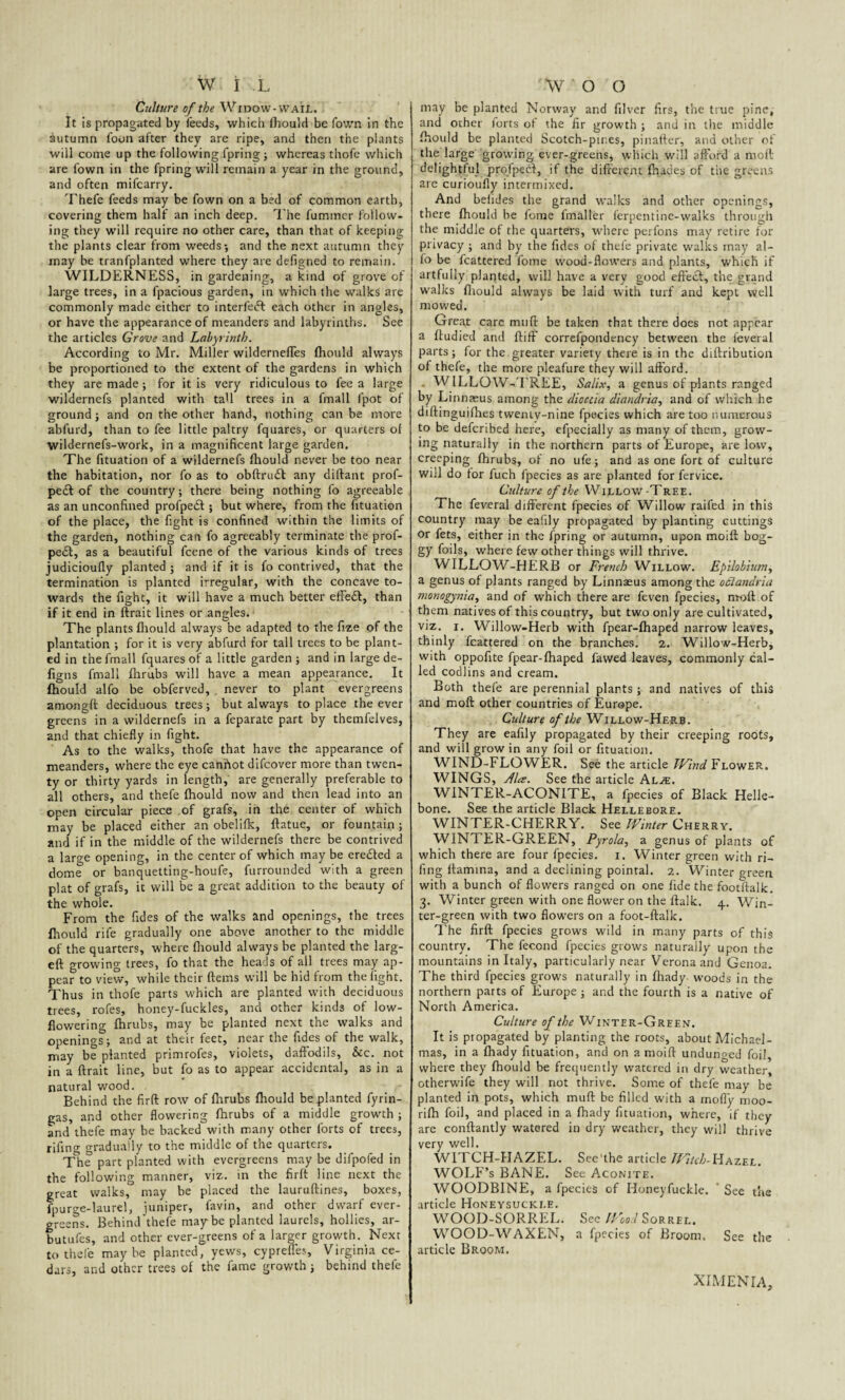 Culture of the Widow-wail. It is propagated by feeds, which fhould be Town in the autumn foon after they are ripe, and then the plants will come up the following fpring; whereas thofe which are fown in the fpring will remain a year in the ground, and often mifcarry. Thefe feeds may be fown on a bed of common earth, covering them half an inch deep. The fummer follow¬ ing they will require no other care, than that of keeping the plants clear from weeds-, and the next autumn they may be tranfplanted where they are defigned to remain. WILDERNESS, in gardening, a kind of grove of large trees, in a fpacious garden, in which the walks are commonly made either to interfeft each other in angles, or have the appearance of meanders and labyrinths. See the articles Grove and Labyrinth. According to Mr. Miller wilderneftes fhould always be proportioned to the extent of the gardens in which they are made; for it is very ridiculous to fee a large wildernefs planted with tall trees in a fmall fpot of ground; and on the other hand, nothing can be more abfurd, than to fee little paltry fquares, or quarters of wildernefs-work, in a magnificent large garden. The fituation of a wildernefs fhould never be too near the habitation, nor fo as to obftrudl any diftant prof- pe£t of the country; there being nothing fo agreeable as an unconfined profpedt ; but where, from the fituation of the place, the fight is confined within the limits of the garden, nothing can fo agreeably terminate the prof- pe£t, as a beautiful fcene of the various kinds of trees judicioufly planted; and if it is fo contrived, that the termination is planted irregular, with the concave to¬ wards the fight, it will have a much better effedl, than if it end in ftrait lines or angles. The plants fliould always be adapted to the fize of the plantation ; for it is very abfurd for tall trees to be plant¬ ed in the fmall fquares of a little garden; and in large de- figns fmall fhrubs will have a mean appearance. It fhould alfo be obferved, never to plant evergreens amongft deciduous trees; but always to place the ever greens in a wildernefs in a feparate part by themfelves, and that chiefly in fight. As to the walks, thofe that have the appearance of meanders, where the eye canfiot difcover more than twen¬ ty or thirty yards in length, are generally preferable to all others, and thefe fhould now and then lead into an open Circular piece of grafs, in the center of which may be placed either an obelifk, flatue, or fountain; and if in the middle of the wildernefs there be contrived a large opening, in the center of which may be eredted a dome or banquetting-houfe, furrounded with a green plat of grafs, it will be a great addition to the beauty of the whole. From the fides of the walks and openings, the trees fliould rife gradually one above another to the middle of the quarters, where fliould always be planted the larg- eft growing trees, fo that the heads of all trees may ap¬ pear to view, while their (terns will be hid from the fight. Thus in thofe parts which are planted with deciduous trees, rofes, honey-fuckles, and other kinds of low- flowering fhrubs, may be planted next the walks and openings; and at their feet, near the fides of the walk, may be planted primrofes, violets, daffodils. &c. not in a ftrait line, but fo as to appear accidental, as in a natural wood. Behind the firft row of fhrubs fliould be planted fyrin- gas, and other flowering fhrubs of a middle growth ; and thefe may be backed with many other forts of trees, riling gradually to the middle of the quarters. The part planted with evergreens may be difpofed in the following manner, viz. in the firft line next the great walks, may be placed the lauruftines, boxes, fpurge-laurel, juniper, favin, and other dwarf ever¬ greens. Behind thefe maybe planted laurels, hollies, ar- butufes, and other ever-greens of a larger growth. Next to thefe maybe planted, yews, cyprefles, Virginia ce¬ dars, and other trees of the fame growth ; behind thefe may be planted Norway and filver firs, the true pine, and ocher forts ot the fir growth ; and in the middle fhould be planted Scotch-pines, pinafter, and other of the large grow'ing ever-greens, which will afford a moll delightful profpeCf, if the different fhades of the greens are curioufly intermixed. And belides the grand walks and other openings, there fhould be forae fmaller fcrpentine-u'alks through the middle of the quarters, where perfons may retire for privacy ; and by the fides of thefe private walks may al¬ fo be fcattered Tome wood-flowers and plants, which if artfully planted, will have a very good effect, the grand W'alks fliould always be laid with turf and kept well mowed. Great care muft be taken that there does not appear a ftudied and fluff correfpondency between the feveral parts; for the greater variety there is in the diftribution of thefe, the more pleafure they will afford. . WILLOW-'FREE, Salix, a genus of plants ranged by Linnaeus among the dioccia diandria, and of which he diftinguifhes twenty-nine fpecies which are too numerous to be defcribed here, efpecially as many of them, grow¬ ing naturally in the northern parts of Europe, are low, creeping fhrubs, of no ufe; and as one fort of culture will do for fuch fpecies as are planted for fervice. Culture of the Willow-Tree. The feveral different fpecies of Willow raifed in this country may be eafily propagated by planting cuttings or fets, either in the fpring or autumn, upon moift bog¬ gy foils, where few other things will thrive. WILLOW-HERB or French Willow. Epilobium, a genus of plants ranged by Linnaeus among the oclandria monogynia, and of which there are feven fpecies, moft of them natives of this country, but two only are cultivated, viz. i. Willow-Herb with fpear-fhaped narrow leaves, thinly fcattered on the branches. 2. Willow-Herb, with oppofite fpear-fhaped fawed leaves, commonly cal¬ led codlins and cream. Both thefe are perennial plants; and natives of this and moft other countries of Europe. Culture of the Willow-Herb. They are eafily propagated by their creeping roots, and will grow in any foil or fituation. WIND-FLOWER. See the article Wind Flower. WINGS, Alee. See the article Al^e. WINTER-ACONITE, a fpecies of Black Helle- bone. See the article Black Hellebore. WIN TER-CHERRY. See Winter Cherry. WINTER-GREEN, Pyrola, a genus of plants of which there are four fpecies. 1. Winter green with ri¬ fling ftamina, and a declining pointal. 2. Winter green with a bunch of flowers ranged on one fide the footftalk. 3. Winter green with one flower on the ftalk. 4. Win¬ ter-green with two flowers on a foot-ftalk. The firft fpecies grows wild in many parts of this country. The fecond fpecies grows naturally upon the mountains in Italy, particularly near Verona and Genoa. The third fpecies grows naturally in fhady woods in the northern parts of Europe ; and the fourth is a native of North America. Culture of the Winter-Green. It is propagated by planting the roots, about Michael¬ mas, in a fhady fituation, and on a moift undunged foil, where they fhould be frequently watered in dry weather, otherwife they will not thrive. Some of thefe may be planted in pots, which muft be filled with a mofiy moo- rifh foil, and placed in a fhady fituation, where, if they are conftantly watered in dry weather, they will thrive very well. WITCH-HAZEL. See'the article JFitcb-liAZEL. WOLF’s BANE. See Aconite. WOODBINE, a fpecies of Honeyfuckle. See the article Honeysuckle. WOOD-SORREL. Sec Wood Sorrel. WOOD-WAXEN, a fpecies of Broom. See the article Broom. XIMENIA,