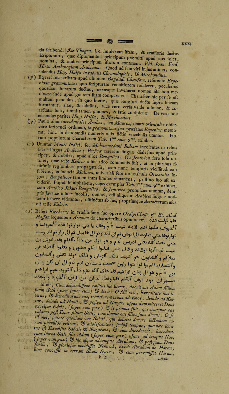 ta fcnbendi l/b Thogra. i. e. implexam illam , & craffioris duflus fcnpruram , qua; diplomatibus principum praemitti apud eos folct nomma & titulos principum illorum continens. Vid. Joan. Frid Hn-m Anthologiam Arabicam. Quod ad fata viri hujus attinet, con- iulendus tiagitialfa m tabulis Chronologicis, & Mirchondius. (p) Egerat hic fcnbam apud ultimum Bagdadi Chalifam, referente Erpe- ruoin grammatica-, quo fcripturam venuiliorem redderet, peculiares quosdam hierarum diuRus, nexusque invenerat nomen fibi non me¬ diocre inde apud gentem fuam comparans. Character hic per fe ell multum pendulus, in quo liter*, quae longiori duflu fupra lineam formantur, ait*, & fubtiles, vice vero verfa valde minuL, & co- aiflat* funt, iimul tamen pmques, & fatis confpicu*. De viro hoc adeundus pariter tiagi tialfa, & Mirchondius. c?> Paulo alium occidentales Arabes, leuilfean*, quam orientales obfer- vare fcnbendi ordmem, m grammatica fua praefatus Erpenius memo- rat; hinc m denotandis numeris aliis fiftis vocabulis utuntur. Ho- rum populorum characterem Tab. num. gTus. exhibet. <r) Utuntur Mauri Indici, feu Mohammedani Indiam incolentes in rebus taens lingua Arabica ; Perfica ceterum linguae dialeflus apud prin¬ cipes, & nobiles apud alios Bengalica, feu Jenmica fere fola ob¬ tinet, quie teile Kehno olim adeo communis fuit, ut in pluribus fi. fubiTm reSt'Pn,'b“S Pr.0Pa£ata > eam nunc temporis viciffitudincm fubiens, utindufla Malaica, umvcrfali fere totius Indice Orientalis lin- gua Bengahcos tantum intra limites remanens , priilino fuo ufu ex¬ ciderit Populii hi alphabeto, cujus exemplar Tab. I' num. 9“‘ exhibet cum Arabico Jakuti Bengalico, Scjentivico promifeue utuntur, dem! ptisjavame infulae mcolis, quibus, etfi aliquam Arabica lingu* noti- eTefie ^ tUr’ “US* ** P'»PnuSque charaftfrum ufus O) Refert Kircherus in eruditiffimo fuo opere OedipiClaJTe Ex Abul HaJJan fequentem Arabum de chatafleribus opinionenT- h* 5 0J41 ’>* & ^ E Jli, a icufi ^ •*’ >'* '${*'** ** 4’ jW Ji f* <j* yi ^ o-Jjl f C 0W> Ajjf OJi, ^ „5 oUxIt , 0yU= |}^| Jb , oAj,, ig,L o..* 05iU-aJi , „1*> ail,S , 0U;jT ^ O «; O G> f» H O* oyj I jiq 1 y ^ ^UoXlT, f ^ b>’ cja diir ^Ut, Ui 0Uj Jl j* j ' i ,i ’ °l#*r o» eho, (.biDt 0|^ r “ e5 '9“ ccelitus hce Utera, i/ocuit eas Juiim Scth {pax Super eum) d dixit: O filii mei, hareditate has li- teras; <3 hareditarwu eas, transferentes eas ad Enos, deinde adKei- tar, deinde ad Hahd , d pojlea ad Natar, ufque dum mitteret Deus eacelfus Edns, (fuper eum pax) & is primus fuit, nui exaravit eas calamo pcft Enos filium Seth; tunc docuit eas filios fuos dicens: Ofi- UI mei, Jc,tote quoniam vos Sabdi, qui debetis docere lectionem ea¬ rum parvulos veftrot, d adolefcentes; fcripfi tempus, quo hac locu- ‘ZifliiasfTk Str ahst? N,a}-arais ' ® c“m difcederent, haredita- it libros Seth filii Adam {fuper eum pax) ufque ad tempus Noc, (Jupei eum pax) & hic ufque ad tempus Abraham, & pojlquam Deus fo tis , dglorlofus occidiffet Ncmrod, exivit Abraham de tiaran ■ hinc conceffit m terram Sham Syria, d cum perveniffet tiaran \ h . , * unam