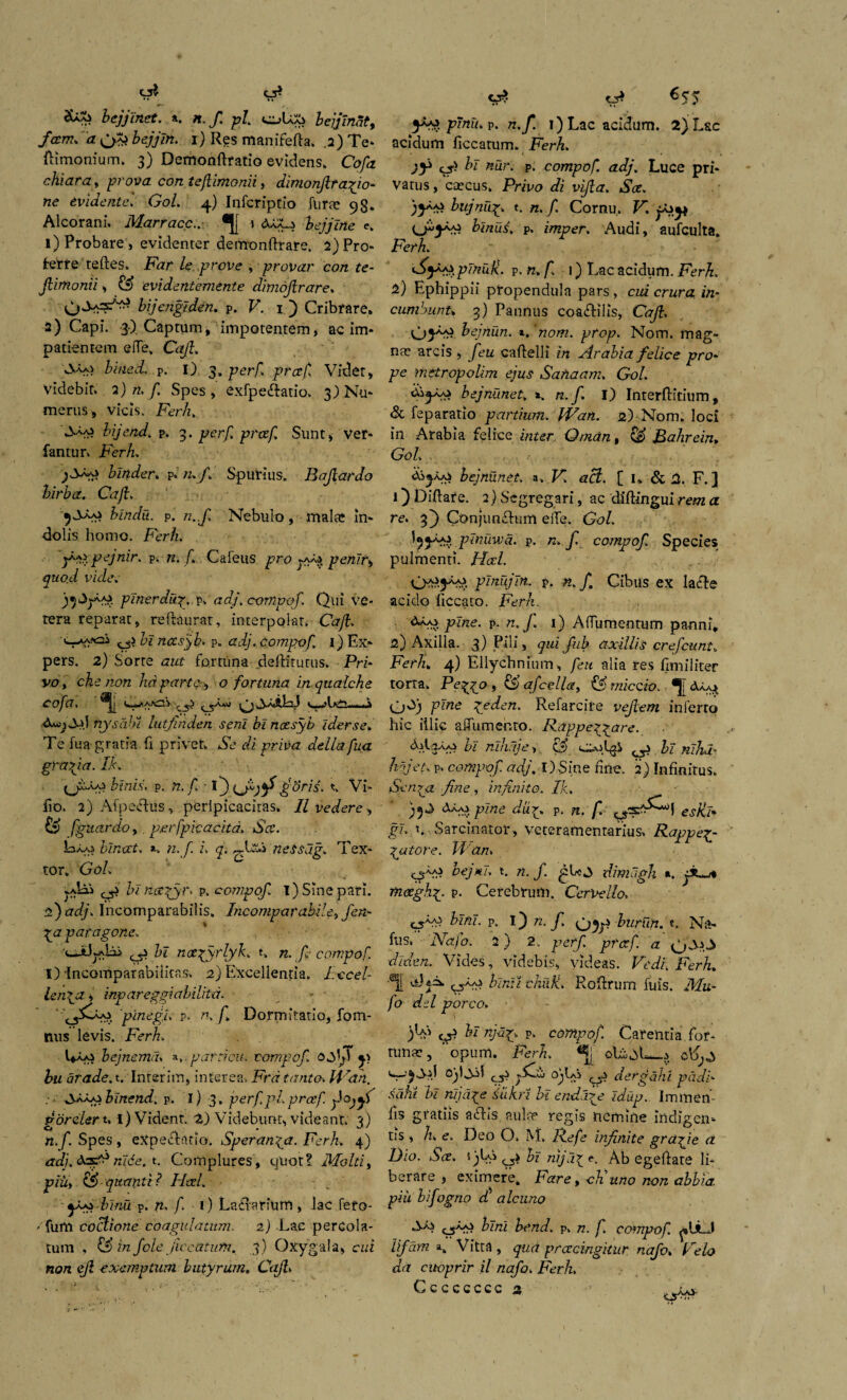 C3$ bejjinet. a. n.f. pl. oU^ bejjindt, <z £#/*>*• i) R?s manifefta. ,2) Te* (limonium. 3) Derrtonftratio evidens. Cb/tz chiara, prova con teftimonii, dimonftrafiio- ne tvidente. Gol. 4) Infcriptio furae 98. Alcorani. Marracc.. *U > OJCLs bejjine e. 1) Probare , evidenter derttondrare. 2) Pro¬ terre tedes. Far le prove , provar con te- Jlimonii, & evidentemente dimojirare. bijengiden. P. F. 1) Cribrare. 2) Capi. 3). Captum, impotentem, ae im¬ patientem efTe, Caji. A-y© bined. P. 1) 3, per/1 prcr/1 Videt, videbit. 2) n. f Spes, exfpe&atio. 3) Nu¬ merus, vicis. Ferh. bijend. p. 3. juer/i prvtf Sunt, ver* fantur. Ferh. Under, p. /2./. Spurius. Bajlardo birba. Caji. 52x9 p. Nebulo, malae in¬ dolis homo. Fer/u Y*?.ptjnir. P.n. f. Cafeus pro penir> quod vide. pinerdug. P. adj. compof. Qui ve¬ tera reparat, redaurat, interpolat. Caji, ^ibinecsyb. P. adj. compof. i) Ex¬ pers. 2) Sorte aut fortuna dediturus. Pri¬ vo , che non hd parte , o fortuna inqualche Cofa. - r ^ ^AMJ ^ ^ % fiysahi lutfmden seni bi ncesyb iderse. Te fua gratia fi privet. Se di priva della fua gratia. Ik. binis. P. n. f. - IJ goris. t. Vi- do. 2) Afpeclus , perlpicacitas. II vedere , ££ fguardo, . perfpicacita. Sce. Laaj bincct. n. f i. q. neSsag. Tex¬ tor. Gol. bi nccjyr. p.. compof. i) Sine pari. 2) adj. Incomparabilis. Incomparabile > fen- par agone. bi ncefiyrlyk. t. n. f compof. I)'Incoihparabilitas. 2) Excellentia. Iccel- len\a, inp areggia b i lita. ■ g 'pinegl. P. n.f. Dormitatio, fom- mts levis. Ferh. 1*aas bejnemd. a,, partiat- compof. oSf bu drade. t. Interim, interea. Frd tanto. IVah. :• hlnend. p. i) 3. perf.pl.prcef. dorcler t, i) Vident. 2) Videbunt, videant. 3) n.f. Spes , eXpecltifio. Speranda. Ferh. 4) adj.OasP nide. t. Coniplures, qtiot! Molti, piiiy quanti? Heri. ■ - yj$-binu P. ft. f l ) Lafiarium , lac fero- ' fum coctione coagulatum. 2) Lae percola¬ tum , in fole Jiecatum. 3) Oxygala, cui non ejl exemptum butyrum. Ctifl. o* o* ^55 ygo pTnu.p. n.f. ?)Lac acidum. 2) L&c acidum ficcamm. Ferh. )Y ef> bi nari P. compof. adj. Luce pri¬ vatus , caecus. Privo di vifta. Sce. ')Y# bujnut. n. f. Cornu. V. fsj) binus. P. imper. Audi, aufculta, Ferh. piniiK. P. n. f i) Lac acidum. Ferh. l) Ephippii propendula pars , cui crura in¬ cumbunt» 3) Pannus coadlilis, Caji. bejnun. nom. prop. Nom. mag¬ nae arcis , feu caftelli in Arabia felice pro¬ pe metropolim ejus Sanaam. Gol. bejnu.net. n.f I) Interftitium, & feparatio partium. Wan. 2) Nom. loci in Arabia felice inter. Omant Bahrein. Gol. dijkps bejnunet. a. V. aci. [ 1«. St. 2. F. ] 1) Diftare. 2) Segregari, ac diftingui rem a re. f) Conjungium eiTe. Gol. 195^. pinuwd. p. n. f. compof Species pulmenti. Hcd. 0**}**£ pinujln. p. n.f. Cibus ex lafle acido liccato. Ferh. pine. p. n.J. 1) AfTumentum panni, 2) Axilla. 3) Pili, qui fub axillis crefcunt. Ferh. 4) Ellychnium , feu alia res (Imiliter torta. Pe^go , cS afcella, & miccio, <2Ua^ qjOj pine geden. Refarcire vejiem inferto hic illic affumenro. Rappe^yare. bi nihdje, & ct> bi mhu- hajeu p. compof adj. DSjne fine. 2) Infinitus. Sonra fine , infinito. Ik. )5^ Aaaj; pine dur. p. n. f. eslii- gi. t. Sarcinator, veteramentarius. Rappe£- \atore. Vi am bejm. t. n.J. gU.3 dimagh ». rtuxgh^. p. Cerebrum. CerVeIlo. <^0 bini. P. IJ n.f gjjji burCifi. f. Na- fus, - 'Nafo. 2 ) 2. ^er/1 prcef. a gjOa.Cs cliden. Vides, videbis, videas. Vedi. Ferh. •®il u)bimi chak. Rodrum fuis. Mu- fo dei porco. ^ bi nfipj p. compof. Carentia for¬ tunae , ’ opum. Ferh. ^ J.5Q.W o^Li dergahi padi- bi riijdje sii hi bi endire idup. Immen- ds gratiis aciis aulae regis nemine indigen¬ tis , h. e. Deo O. M. Refe infinite grafiie a Dio. Sce. QbA hi nijdi e. Ab egedate li¬ berare , eximere. Fare, cK uno non abbia piii bifogno d alcuno gftd bini bend. P. n. f. compof. iifdm a. Vitta , qua preeeingitur nafo. Velo da cuoprir il nafo. Ferh.