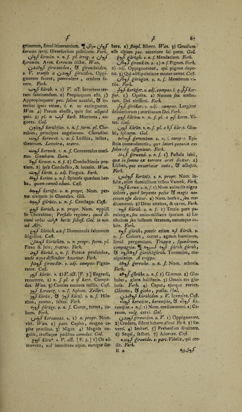 / gfinorum, fimul itinerantiutn. ■( kerwan feraj. Diverforium publicum. Ferh. Hirivdn. *. n.f. pl. irreg. a ijj^y^ fierewqn. Aves, Rerewdn diclae. Wan. girwdniden , girewanlden. p. F. tranjit a girwlden. Oppi- gnorare facere, persvadere , credere fa» cere. Ferh. SJ5^Rurub. *. t) V. aci. Inverteretur* ram feminandam. 2) Propinquum elfe. 3) Appropinquare pec. folem occafui, & in¬ teritui ignis vitam, i. i. ut extinguatur. Wan. >|.) Parum abefle, quin fiat aliquid quis. 5) pl. a Rerb, Moerores , an» gores. Gol. Rerubljun. a. n.f. form. pl. Che» xubim, principes angelorum. Cherubini. Rerewet. t. n.f, LeftiCa, le£his, theatrum» Lettetra, teatro. Rerewit. t. n. f CancerCuIus mari¬ nus. Gambaro. Bern. irwet. a, n./. i) Condu&ionis pre¬ tium. 2) ipfa Condu£tio,& locatio. Wan, Rurut. p. adj. Pinguis. PerA. Rerute. p. n./. Spinofa quardam hei> ba, «yuam cameli edunt. Caji. Aa.5^ Reruge. p. n. prope. Nom. par* Vae civitatis in Chorafan, Gih. p* n* Cartilago. Caji. ^yt Reruch. p. /2. propr. Nom. oppidi In Chorafana; Perfidis regione, quod di¬ tioni urbis herdt fubeft. Gol. in not, ad Alfr. ^ ^y{ Ruruch. v.nf. Domuncula falconum frigidior. Ca/l. Ruruchdn. p» n. propr» form. pl. Piran & Jefe; fratres. Ferh. 3yf Riirud. p. n. f. Puteus profundus, unde aqua difficulter hauritur. Ferh. girewdar. p. adj. compos. Pigne¬ rator. Caji. )yf Rtirur. *. OV.aSt. [P. 3.] Regredi, recurrere. 2) n. f pl. a Rerr. Compe¬ des. Wan. 3) Centies centena millia. Caji. jyf Rerewi^, t, n, f. Apium, Zelleri. jjjf Ruruz, £j> jyf Ruruj. p, n.f. Hila¬ ritas, cantus, faltus. Ferh. 0;5jS durale, p. n.f. Ccctus, turma, co¬ hors* Ferh. Hereivwes. a. 1) n. propr. Nom, viri. Wan. 2) part. Capito, magrto ca¬ pite proditus. 3) Niger. 4) Magnis un¬ gulis , crafilsque pedibus camelus. Gol. pgtfjd Huru*. ». F. aci. [F. 3.] t) Os ad¬ movere, vel immittere aquar, eamque for- / ' 67 bere. t) Jimpl. Sibere. Wan. 3) Gracilem elfe tibiam pec. anteriore fui parte. Gol, py?qjdxrugh. p. n. f. Mendacium. Ferh. girewRdn. p. 1) n. f. Pignus. Ferh* 2) adj. Oppignorator, qui pignus depo¬ nit. 3) Qui adftipulatione manus certat. Caji. O^y* gurugan. p. n. f. Membrum vi¬ rile. Ferh. . jfyf Rerd^er. p. adj. compos, i. q.f^Rer- fer. i} Opifex. 2) Nomen feu atribu- tum. Dei altiflimi. Ferh. ytytgiruRer, p. adj. compos. Largitor defideriorum ; attributum Dei. Ferh. ^yl Rurum. *, n. f. pl. a Rerm. Vi¬ tes. Gol. Oy^ Hafun. ». n.f pl. a Xyf Rliret. Glo¬ bi, fphaeree» Gol. gerivndme. p» n, f» comp >?. Epi- ftola comendatoria, qua latori pecunia ex* folve ndq ajjignatur. Ferh. jrinvend. p. n. f. c) Puftula labii, quee in fomno ex terrore oriri dicitur. 2) Lichen, qua excoriatur cutis, & albejeit* Ferh. Rerunts. p. n» propr. Nom. in¬ fulae, olim domicilium tribus Vamek. Ferh* 'St^jfRerwe. p. n. f 1) Nom. animalis nigro Colore , quod ferpente pe/us & magis no- civumejje dicitur. 2) Nom. herbae, feu me* dicamenti. 3) Dens attritus, & cavus, Ferh. oyf Ruruh. p. n. f. 1) Tertia pars pa* rafangge,/t'M uniusmilliaris fpatium. 2) La¬ tibulum feu luftrum ferarum, earumque cu¬ bile. Ferh» o^j giiruh i poetis ttidrti of Ruruk. p* «, f. Cohors , ccetus > agmen hominum, fimul pergentium, Truppa , fquadronet compagnia. Oy—-f giiruh giiruh t cyfi&yf guruhdguruh* Turmatim, ma- nipulati.m. A truppe. O&yi gerewhe. p* n, f Nom. arboris» Ferh. gUfuhe.p. n.f t) Glomus, 2) Glo¬ bulus, glans baliftaria. 3) Omnis res glo- bofa. Ferh. 4) Caput, ejusque vertex» Ghiomo, £$> globo, palla» Hal. QSfibyf Ruruhlden. p V. Invenire. Ca/f* Renvijae, lierewijde, £$ Fiiyf Re- tewijde. *. /i,/. 1) Nom. medicamenti. 2) Ca- teum, vulg. carvi. Gol> i^jSljjfgirewlden. p. V. t) Oppignorare, 2) Credere, fidem habere dii cui. Ferh. 3) Re¬ verti. 4) Imitari. $) Prehenfim dimittere. 6) Sequi, fe&ari. 7) Adorare. Caji. 0girewide, p, part. Fidelis, qui cre¬ dit, Ferh, R a