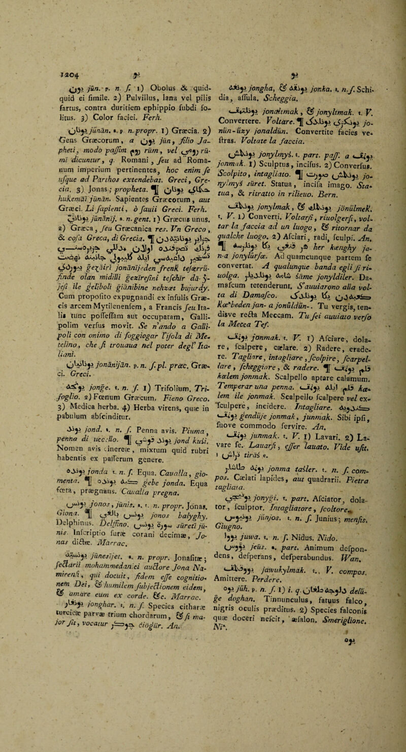 1204- y jun. p. n. fi. i) Obolus & quid¬ quid ei fimile. 2) Pulvillus, lana vel pilis fartus, contra duritiem ephippio fubdi fo- litus. 3) Color faciei. Ferh. junan. *. p n. propr. I) Graecia. 2) Gens Graecorum , a yj jun , filio Ja~ pketi, modo pajfim ^ rum , vel ru¬ mi dicuntur, q. Romani, /eu ad Roma¬ num imperium pertinentes, hoc enim fie ufque ad Parthos extendebat. Greci, Gre- cia. 3), Jonas ; propheta. •JI 0{iP huHemai junan. Sapientes Graecorum, aut Graeci. Lifiapienti, 0 fauii Greci. Ferh. Zfi^y. junanij. ». n.gent. 1) Graecus unus. 2) Graeca , feu Graecanica res. Vn Greco , & cofa Greca, di Grecia. ^miAacIO jaX^ ge^airi jonanijeden firenk tejcerru- finde olan midilli gezirefiini tefchlr da-y- jeji ile geliboli gidnibine nehzcet bujurdy. Cum propofito expugnandi ex infulis Grae¬ cis arcem Mytilenenfem , a Francis feu Ita¬ lis tunc po(Teliam aut occupatam, Galli- polim verfus movit. Se nando a Galli- poli con onimo di foggiogar Vifiola di Me- telino, che fi trouaua nel poter degV Ita» liani. jonanjan. P. n. fi. pl. prae. Grae¬ ci. Greci. jonge. t. n. fi i) Trifolium. Tri- fioglio. 2) Fcenum Graecum. Fieno Greco. 3) Medica herba. 4) Herba virens, quae in pabulum abfeinditur. •S*y. jond. ». n. fi. Penna avis. Piuma , penna di uccdlo. N^y. jond kuii. Nomen avis cinereae, mixtum quid rubri habentis ex paiTerum genere. U>nda *• n. f. Equa. Cavalia, gio- menta. 0^1 gele jon(ja. Equa foeta, pragnans. Canalia pregna. j°nos, junis. *. t. n. propr. Jonas. Giona. jonos balygby. Delphinus. Delfiino. suretiju¬ nis. Infcriptio furae corani decimae, Jo¬ nas di&ue. Marrae. junesl/et. a. n. propr. Jonafita?; fectarii mohammedanici auctore Jona Na- mirenfi, qui docuit, fidem ejfie cognitio, nem Dei, humilem fiubjeclionem eidem, <$ amare eum ex corde. &c. Marrae. * jonghar. t. n. fi Species cithara turcicae parv$ trium chordarum, & fi ma¬ jor fit, vocatur diogiir. An. r- **}?. jongha, & AAiji jonka. ». n.fi. Schi* dia, alfula. Scheggia. <-*♦*%* joncdtmak , & jonyltmak. t. V. Convertere. Voltare. ^ ifyhys tSj&y jo- nun-uzy jonaldun. Convertite facies ve* ftras. Voltate la faecia. jonylmyi. t. part. pafif. a jonmak. i) Sculptus, incifus. 2) Converfus. Scolpiio, intagliato. jo¬ nylmyi suret. Statua, incila imago. Sta^- tua, & ritratto in rilieuo. Bern. jonylmak , & jbnulmeR. t. V. l) Converti. Voltarfi, riuolgerfi, voU tar la fiaccia ad un luogo, & ritornar da qualche luogo. 2) Afciari, radi, fculpi. An. ftj yjfidi j$> her kuenghy ja- n-a jonylurfice. Ad quamcunque partem fe convertat. A qualunque banda egli Ji ri- uolga. ykyiSys Arthi idme jonyldiler. Da* mafeum tetenderunt. S'auuiarono alia vol¬ ta di Dama/co. q Rcexbeden jan- a jonuldiin-. Tu vergis, ten* dis ve refta Meccam. Tu fiei auuiaio \erfio la Mecca Tef. <-%i jonmak. t. V. T) Afciare, dola¬ re* fcalpere, caelare. 2) Radere, erade¬ re. Tagliare, intagliare ,fcolpire, ficarpel- lare , fcheggiare , .& radere. «[[ halem jonmak. Scalpello aptare calamum. Temperar una penna. «—AJbJ kcc« lern ile jonmak. Scalpello fcalpere' vel ex- Tculpere, incidere. Intagliare. Aj?Ja£=> gendiije jonmak, junmak. Sibi ipfi, fuove commodo fer vire. An. junmak. t. V. i) Lavari. 2) La¬ vare fe. Lauarfi, efifier lauato. Vide ufit. » (jidyi tirai e. ;.Ulb Ajonma tailer. t. n. f. com¬ pos. Caelati lapides, aut quadrari! Pietra tagliata. jonygi. t. part. Afciator, dola¬ tor, fculptor. Intagliatore, /coltore^ jiinjos. t. n. fi. Junius; me n fis. Giugno. juwa. t. n. f. Nidus. Nido. feus. •. part. Animum defpon- dens, defperans, delperabundus. Wan. jawukylmak. t., V. compos. Amittere. Perdere. oy jxxh. P. n. fi. I) i. q. yjlxk delvi- ge doghan. Tinnunculus, fatuus falco nigris oculis praeditus. 2) Species falconis quae doceri nefeit, aefalon. Smeriglione. Ni\