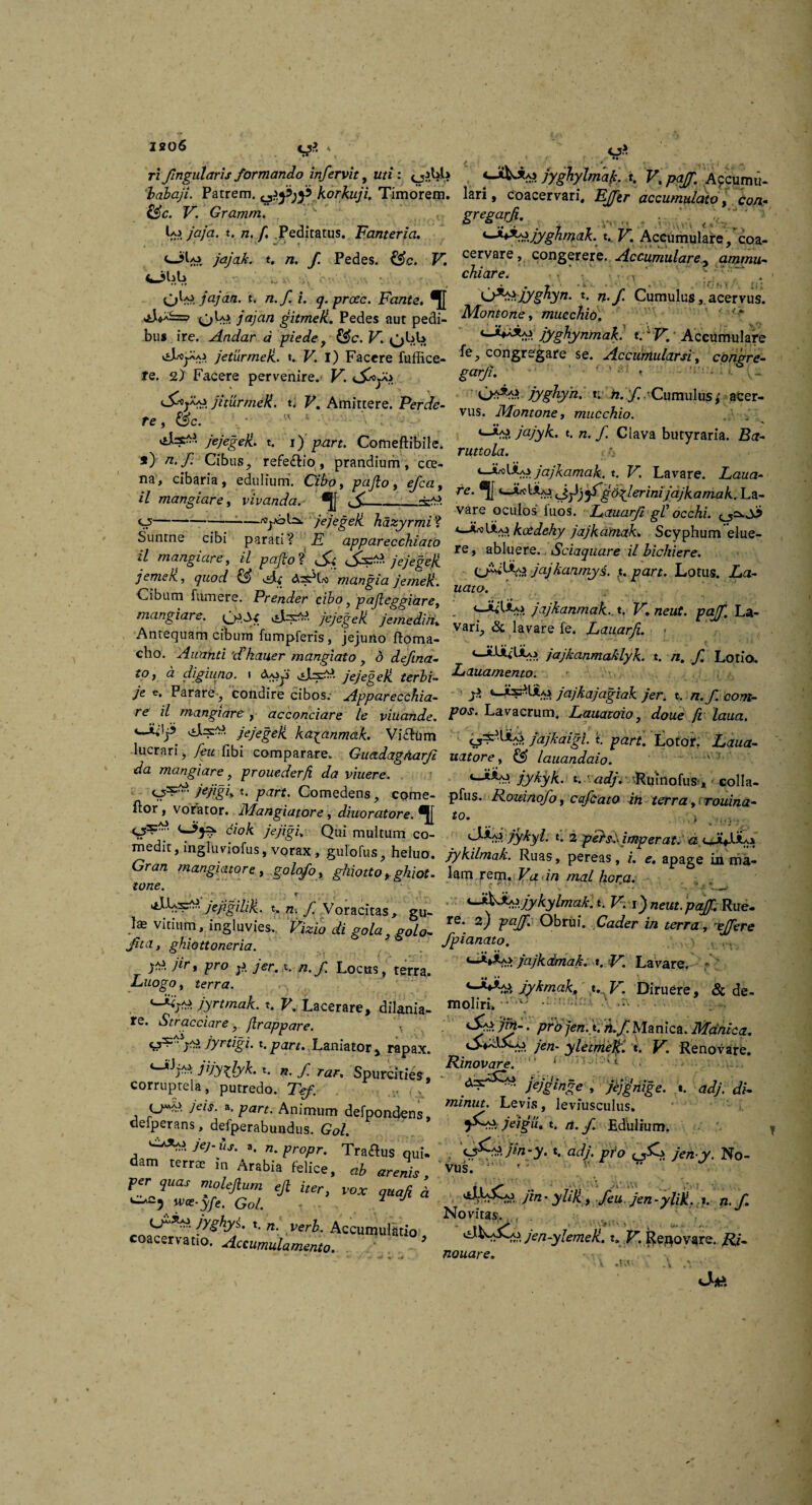 ri fingularis formando infervit, uti: o?M> jyghylma£. f. F. /m/P. Accumu- ‘balaji. Patrem, korkuji. Timorem, lari, coacervari, Ejer accumulato, con- &c. V. Gramm. gregaZfi* ^ ja}a- *• f .Peditatus. Fanteria, imJx^x^jygjirnak. t. F. Accumulare, coa- cJIa3 jajah. t, /i. /i Pedes. &c. K cervare > congerere. Accumulare* ammu- Obb e chiare. k *• *' > \ ' . , » ♦v • ^ '■ » * 10 V (i £ <jlajajdn. t. /z.jC /. q. proce. Fante. O^.jyghyn. t- n-f. Cumulusacervus. ^xb=? ^Lo jajan gitmeK. Pedes aut pedi- Montone, mucchio. ‘ bus ire. Anclar a pie de, F. ^jbb *—****''.?. jyghynmak. t. F. Accumulare Jeturmeli. t, F. i) Facere fuffice- ^e-> conSrsSare se. Accurrtularsi, congre- re. 2) Facere pervenire. F. £aC^* SiteMrm*. «, F. Amittere. Perde- K' £*-'C»mul»s< acer- ^.e . u r, vus* Montane, mucchio. „ „ d&megdL t. r)>m. Comeftibile. ^ •• - / Clava butyraria. fi,: *) ri.f: Cibus, refe&io, prandium, cce- -, T/. T na, cibaria, edulium. «J, ,/c«, * f ^T* il mangiare , rivanda. « < • 1 --/|e|e# hazyrmi% ^dfk^dT'- f' ^ « «««fer*. « p<#-? c£ re’ ,' '/ &C/Te- r M ?«orf © A ^ M** L0WS> ia' Cibum fumer e. Prender cibo paflegpiare. •••i» * •/ , T_ ■ _ mangiare. Crt-if je/egeli jemediii. ' yvkanmak..t. V. neut. paj. L». Antequam cibum fumpferis, jejuno It»». varb &>vare fe. ^ cho. Awanti 'cCkauer m angi at o , <3 defina- <—*-UAAa> jajkanmaklyk. t. n. f. Lotio, ro, cz digiuno. i jejegeU terbi- Eauamento. je e. Parare-, condire cibos; Apparecchia- jajkajagiak jer. t, n.f.com- re il mangiare , acconciare le viuande. Lavacrum, Lauatoio, doue fi laua. cJi^5 «MtoJ ka^anmak. Viftum fajkiigi t. par(. Lotor. ii» lucrari,/ea fibi comparare. Guadagnarfi viatore, © lauandaio. da maTar--’? Proue‘!erfi da viuere- «-**« />#A. -.Rurnofus-, . «olla, t ^ Comedena, come- pias. Rtminofo, cafcato in terra,iromna- ftor, vorator. Mangiatore, diuoratore. fo. ( f* ^ Qui multum c°- C.hSjykyl. i. i -pet-si. imperat, a medit.ingluviofus, vorax, gulofus, heluo, jykilmak. Ruas, pereas,'/, e. apage in mal Gran mangmtore, golofo, ghiottorghht. lam.rem. Va.in mal hora. . jefigim. t.n.f Voracitas, eu- '•^^^jhpak.t.V-tiyneut.paff.Rue. 1« vitium, ingluvies. di gola eolo- */'■ 2 Obrui. Cat/er /n terra, -e^ere ghiottoneria. fpianato. JT^ /«>» jer. x. n. f. Locus, terra, ^^fAajkdmak, •*. «F. Lavare, f Luogo, terra. jykmak, t. F. Diruere, & de- /yrtmak. t. F, Lacerare, dilania- moliri,^ re. Str acciar e,.fir appare. \ \ prb jen.jdkf. Manica. Mdhica. yr3?” jyrtigi. t.part. Laniator * rapax. ^ /w- yle'ttile$i 't; F Renovare. *—JUyxJyk* t. ». f. rar, Spurcities, corruptela, putredo. TVf. . u4>. *. p^rt. Animum defpondens, oefperans, defperabundus. (?o/. h)- w. n. pru/tr. Traflus qui. dam terrte in Arabia felice, oj ffrOTi>, per ?„ar «^h*, efi her> mx . wce-yfe. Gol. - -- , . . 7 *• «. ,ver^. Accumulatio, coacervatio. Accumulamento. ...'/* ■ i Rinovare. ' ’ J /e^«5e , adj. di. minut. Levis, leviusculus. J^~V. jeigu. t. n. f. Edulium. . <J&&)inry. t. a;/y. yzro /ea-y. No¬ vus. v ■ “ ^.•L5Ca^ yi/2 - jen-ylijt. i. y; Novitas.,, jen-ylemeU. t. F. j^e^ovare. A;/. nouare. \ .tw- A ■