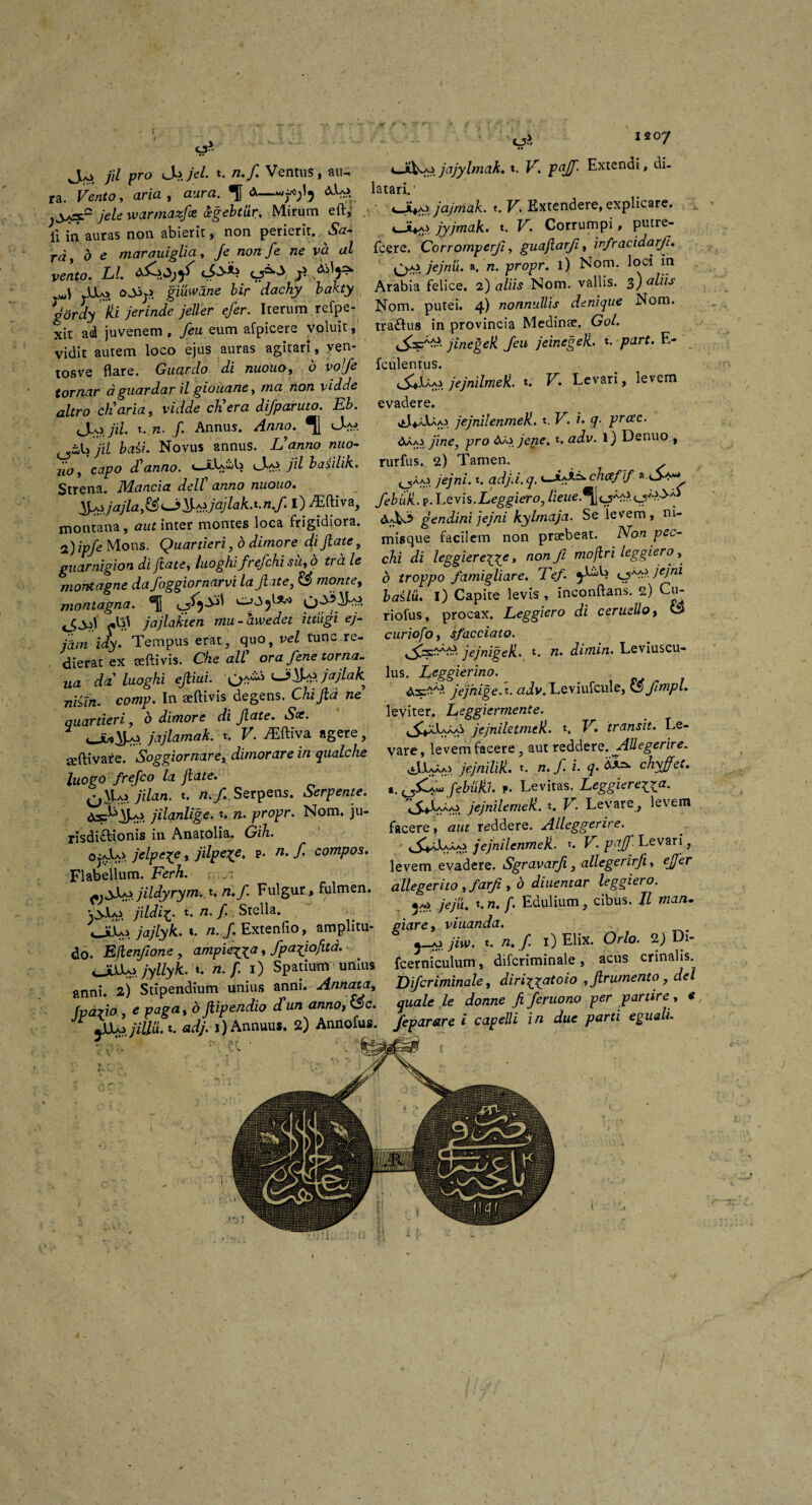 C3- J/O jil pro t. n.f. Ventus, au¬ ra. Vento, aria , aura. «Jf A—AU* Jk3^s;c jeU warmazfce cegebtur, Mirum eft,' fi in auras non abierit, non perierit. Sa¬ ra, d e marauiglia, fe non fe ne va al vento. Ll. Ua?< 0^1 giuwane bir dachy bakty goray ki jerinde jelier efer. Iterum refpe- xit ad juvenem , feu eum afpicere voluit, vidit autem loco ejus auras agitari , ven- tosve flare. Guardo di nuouo, o vofe tornor d guardar il giouane, ma non vidde altro cliaria, vidde cKera dijparuto. Eb. J.O jil t. n. f. Annus. Anno. 0&U jil basi. Novus annus. Vanno nuo- iio, capo f anno. u_i.UcA> jil basilik. Strena. Manda delt anno nuouo. &$.jajla,&*J>&&,jajlakxn.f. i) JEftiva, montana, aut inter montes loca frigidiora. •i) ipje Mons. Quartieri, d dimore di ftate, guarnigion di ftate, luoghifrefchi sii, d trd le montagne da foggiornarvi la ftate, & monte, montagna. ®j} 0*3^' iSS?) A}) jajlakten mu-awedet ittiigi ej- jam idy. Tempus erat, quo, vel tunc re¬ dierat ex teftivis. Che ali ora fene torna- ua da luoghi ejliui. jajlah nisin. comp. In aeftivis degens. Chifid ne quartieri, b dimore di ftate. Sce. I?, jajlamak. t. V. ^Eftiva agere, seftivate. Soggiornare3 dimorare in qualche luogo frefco la ftate. 0\U>jilan. t. n.f. Serpens. Serpente. £5$^ jilanlige. t. n. propr. Nom. ju¬ risdictionis in Anatolia. Gih. oj/Jco jelpe^e, jilpe^e, p. n. f. compos. Flabellum. Ferh. jildyrym. t. n.f. Fulgur, fulmen. VifilV«.»•/• Srella. ' VaL> jajlyk. t. n. f. Extenfio, amplitu¬ do. Eflenftone , ampieyya, fpafiofita. cJttx.jyllyk. t. n.f. 1) Spatium unius anni. 2) Stipendium unius anni. Annata, fpado , e paga, b ftipendio d un annoy &c. jJJLo jillix. t. adj. 1) Annuus. 2) Annofus 1207 iVw/o jajylmah. t. V. paff- Extendi, di¬ latari.' jajmak. t. V. Extendere, explicare. jyjmak. t. V. Corrumpi, putre- fcere. Corromperfi, guaftarfi, infracidarft. O-- ftjVi. a. n. propr. l) Nom. loci in Arabia felice. 2) a/iis Nom. vallis. 3) Nom. putei. 4) nonnullis denique Nom. traCfus in provincia Medinae. Gol. jinegell feu jeincgek. t. part. E- fciilentus. jejnilmek. t. V. Levari, levem evadere. 1 ^aXa/O jejnilenmek. t. V. i. q- prcec. ^AAi jine, pro Aa} jene. t. adv. l) Denuo , rurfus. ‘2) Tamen. jejni. t. adj.i.q. ^iA^ckafif a S*» febuk. p. Levis.Leggiero, lieue.9^es^. ’ &aL3 gendini jejni kylmaja. Se ievem, ni- misque facilem non praebeat. Non pec- chi di leggiereiyy, non fi moflri leggiero, d troppo famigliare. Tef. ^aa> jejni baslu. I) Capite levis , inconftans. 2) Cu- riofus, procax. Leggiero di ceruellot vjy cur iofo, sfacciato. jejnigek. t. n. dimin. Leviuscu- lus. Leggierino. jejhige. t. adv. Leviufcule, & fimpl. leviter. Leggiermente. jejniletmek. t. T. transit. Le¬ vare , levem facere, aut reddere. AUegerire. viJtJlAAAi jejniliK. t. n. f. i. q. chyfiet. t. ^SCaw f ebulli, f- Levitas. Leggiereigga. *^54JiAAAjt jejnilemek. t. L'! Levare, levem facere , aut reddere. Alleggerire. ■ J^JLaa* jejnilenmek. t. K. Levari, levem evadere. Sgravarfi, allegerirft, effer allegerito , farfi , d diaentar leggiero. 3^. jeju. t.». /. Edulium, cibus. 11 man. giare, viuanda. j_as jiw. /1. f 1) Elix. Orlo. 2) Di- fcerniculum, difcriminale, acus crinalis. Lifcriminale, diri^yatoio 3 ftrumento , tW ^ua/e le donne ji feruono per partire, «