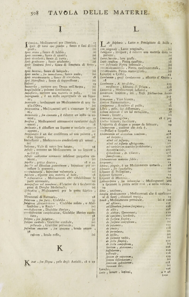 I eterica, Medicamenti per riterizia, 17 Igni* & varii ejus gradite j fuoco e fuoi diverii gradi, ivi arena , fuoco di Sabbia , ivi Tgw/x etnerum , fuoco di ceneri, ivi Jgnis circularis, fuoco di ruota, lgnis graduata* , fuoco graduato, ivi ivi lgnis limatura ferri , fuoco di limatura di fèrro , ivi Igni* lucerna , fuoco di lampada , ivi Jgnis nudus , feu immediata*, fuoco nudo, ivi lgnis reverheratorìus , fuoco di riverbero, 18 Igni filpprcjjìònis , fuoco di fopprertìonc, ivi Imbuti , 29 Immerfio , mettere una Droga nell’Acqua , ivi Impalpabile , polvere fotti 1 izzata > ivi Impaftatio, mettere una materia in parta, ivi lmpr&gnatìo , è un mirto impregnato di un liquo¬ re , ivi Inaurano , inviluppare un Medicamento di una fo¬ glia d’Oro, ivi Incamaùva , Medicamenti atti a rinnovare le car¬ ni, ivi Incinerano , feu cineratio , è ridurre un mirto in ce¬ nere , io Incìfiva , Medicamenti attenuante rarefattivi degli umori , 18 Inclinati , è abballare un liquore e verfarlo appoco appoco, ivi Incorporano è un dar confidenza ad una polvere , e d’un liquore, ivi Incartante , Medicamento condcnfante gli umori , ivi Inferno, Vaio di vetro ben lutato, 26 Infa fio , mettere un Medicamento in un liquore , 4>iS e 35 lnfufio cathartica communi* infufione purgativa co¬ mune, ivi lnjeSlio , gettar dentro, 18 e 42 Infetto ad fifiendam gonorrhoeo.m , Xnjezione per ar¬ redare la gonorrea, 42 -—Vulneraria , Injezione vulneraria , ivi Jnfclatio , efporre una materia al Sole, iS * inflauratrca , Medicamenti che rirtabililcono le parti attenuate, ivi Interpaffare vel interfmre , è ! cucire de i fàcchetti ri¬ pieni di Droghe Medicinali, ivi Ijchiadìca , Medicamenti per la gotta feiatica , ivi Irtrumenti di Farmacia, Julapìum , feu Julepy Giulebbo , Julapimn Alexandrinum , G’)illebbo rofat'o , o Alef- fandrino , o Realec ivi -hyftericum , Diulebbc irterico , ivi >*—hyftericum camphoratum, Giulebbe irterico canfo¬ rato, 38 Julepus , feti Julapìum , 37 Julepus cordiaìis, Giulebbe cordiale, ivi peEloralis , Giulebbe pettorale, ivi Jufculnm amarum , Jeu apeaema , brodo amaro , 36 rtibrum , brodo rofio, ivi 8 37 K K r lrat , feu ftliqua , pefo degli Antichi, 18 e 29 L LAc fulphuris , Latte o Precipitato di Solfo , 18 Lac virginale , Latte verginale, . ivj L&vigatio , levigare; è ridurre una materia dura in polvere, ivi Lana fuccida , lana grafia, 56 Lapis cauftìcus , Pietra caurtica , 18 -lnfemalìs Pietra infernale , ivi -Me die amento) us , Pietra medicamentofa , ivi —-Mirabili*, Pietra mriravigl:ofa , ivi Lavativi o Crirtei, 43 Laudanum , quaft Laudatorum , eftratto d’ Oppio , 18 Laudanum , A. Mynfichr, 233 tutifftmum , Edratto di Triaca , 276 Laxativa , Medicamenti Urtativi, 18 Lenitilium lenitivo , ivi . Vedi Eleciuariiim leniti- vum, 317 Lcucanum , Vino bianco, 18 Lexicon Farmaceutico, 6 Lcxipyretus , Amuleto al polfo , 18 Libra , pelo, lue differenze, 30 Ltlìurn minerale è un fai metallico, 18 Limario , limare , ivi Limonata fmaragd'may 18 C 305 LinSlus leccare, fucchiare, 18 Linguetta di drappo o panno da feltrare, 29 Linimentum , unzione che cola è. -Pefi’arj o fuppofte , 44. Linimentum ad arcendum vomitum , 458 ad herpetes , 457 a Pud ad peffaria, 44 aliud ad peffaria aftrìngentia, ivi ad varìolarnm cicatricespr allibendo* , 458 h&morrhtidalc , 457 ìfchiadicum , D. Charas , < 458 fomniferutn, IVI Lìnimentcrum materies folida , 44 Linquart , J2 Lipara-, pingui*-, è un Medicamento untuofo , 18 Liquatìo , feu liquefatto, . ivi Liquore di Pellegrino , ivi Liquore fumante , 19 Liquore di Mummiq , _ 426 Lithontriptìca , feu lithontriba , Medicamenti atti a fpezzare la pietra nelle reni , e nella vefcica , *9 Lìtu* , unzione, ivi Locali» Medicamento. , Medicamenti che fi applicano al di fuori , chiamati topici, 19 Looch , Medicamento pettorale, ivi e 126 ad afthma , 127 ad fiftendum fpHtum fangutnu , 126 de allii* , 12.8 de althua-) Quercetant, x 20 de caulibus , Cordoni* , 126 de farfara fimplex , 127 de farfara compofttum » ivi de papavere , 127 de pimi* , 12 : de portulaca, de pfyllio , ivi de pulmone vulpisy ivi de fcilla fimplex , * )7 de fcilla compofttum , lvl lentium , Avicenna , *26 paffularum, 129 pettorale y I26 farium & expertum , I29 fanum reformatum, lvl feminum cydonìorttm , 128 jeminum lini, ivi Loochs, 226 Lor/o , lavare , lozioni^ 4 c 46 Lotto