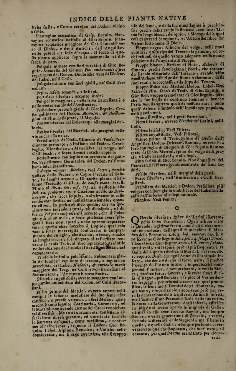 t^ba della, e Corno cervino del Dodon. vicino a Olii?» . Piantatine acquatica di Gafp. Beguin. Pian¬ tatine acquatica latifolia di Gio: Beguin. Pian¬ tatine acquatica maggiore del Ger. Limonio ve¬ ro di Diofe.» e degli Antichi, dell’Anguillar. nelle paludi e fcffe d’acqua * 11 fiacco d^que- fta pianta applicato fopra le snamnieile vi dif- fecca il lattea . «.. . j.W Politala minore con fiori turchini di Gio; Be- puln. A ma re Ila del Gétner. flos amb ar utili s\five rogaticnum deL Dodon. Onobriche vera di Dioicor. del Lobel.. nelli Colli. Poligaia minore con fiori gialli , ne' Colli Far¬ celi ani. . peplo. Efola rotonda , alle fiepr.. Portulaca filveftre ». accanto le vie! polipodlo maggiore , nella felva Farnefiana , e pelle pietre umide deli'Amfiteatro. Pediculare pratenfe gialla di Gio: Beguin. Cre- ga gallinacea del Dodon. Mimulus» é*. Ale fioro» éhou di Pii n. nelli prati, il Maggio. 'S Panico filveftre del Delecamp. alle margini del- Panico filveftre delWattiol. alle margini delle vie anche effo nafce. Periclimeno di Diofc. dimeno di Teofr. Perr- climeno perforato , oItaliano del Dodon. Capri- fop 1 io» Vincibofco,. e Matrrefelva del volgo, n< Golii fecchi, e fopra li muri antichi eopiofo. Periclimeno con foglia non perforata dal gam¬ bo. Periclimeno Germanica del Dodon. nell’ om- brofa felva Earnefiana. Pnle^io volgare. jB ieebott, Cosi detto , perche* guftato^dalle Pecore , e Capre 1’ eccita al Baia¬ to in luoghi a re no lì y Di quella pianta riferi— llcono Teofcafto al Uh. K de cayfts plant. cap. 8. Plinio al li'b+x» nat* hìft. cap. 41. Ariftotile alla Jefi. 10. problem. ar. e Cicerone al lib. de Divi- ìuitione , che fecca fofpefa , oaltrimente in caffè confervata fiorisca ne’ folftizj tanto jemale, quan¬ to eftivo . Io però» qui dico quell*, che ho fpe- rimentato (effendo atutei, nè di fofpefa, ned» fatica l’efperienza) effermi accorto, che il Pule- oio già di un mele, e forfè più fecco avere fpre- fiori non aperti, e che appena appariva¬ mo, e quello efser fuccelso il Luglio, qual cofa fion è lenza maraviglia ^confiderato il tempera¬ mento* del hulegio, che e caldo, e fecco, e nalce jjj luoghi fecchi j. fi è sforzato di tal’ effetto ren¬ derne la caufa Teofr. al libro fopracitato-Ariftotile nella Soluzione del Probl.e il dotti fl^pio ftttala neL commentario. . Pilofella latifollo pelofiffìma. Pulmonana gial¬ la de’ Franteli con fiore di Jeracea , e foglia non macchiata del Lobel. Miofatisy & auricula murit maggiore del Trag. ne'Colli felvoli Farnefiani al Settentrione , l’Autunno fi trova fiorita. pìloìella anguftifolia, ovvero maggiore con lun- 50 gambo umbellifera del Colon, ne'Colli Fame¬ dio primo del Mattiol. ovvero annuo nelli campi» la foftanz3 medullare del fuo feme effer cauftica , e perciò velenofa » afferì Mefue, quale errore hanno feguito Gattinaria, Coronario, ed il Mattiol.non avendo alcuno de’ Greci conofciuta taldiverlìtà . Ma tutti unitamente confeffano ef¬ fer il feme di refrigerante, ed umettante facoltà, la fentenza de’quali, come veriflìma, e confor¬ me all' efperienaa , feguono il Dodon. Gio: Be- guin. Lobel. Alpino , Renodeo, eVallefio nelle controvertìe j ma fi deve avvertire, cheiltrpppo ufo del feme, o della fua mucillagine è pernicio- fo , perche debilitando lo ftomaco , conduce l’Uo¬ mo in languidezza, deliquio, e Sincope della qual cofa ci avverti Serapione , e l’Autore del libro de’ Veleni Cotto nome ui Diofc. Pioppo negro* Albucio del volgo, nelli prati paluftri, e alla ripa del Tevere : la gemme, od oc¬ chi reftnofi di quello vanno adoprate nella mani¬ polazione dell’unguento di Pioppo. Pioppo bianco . Farfaro di Pluto . Acberois di Omero, perche favolegiano i Poeti, che tornan¬ do Ercole vittoriofo dall’Inferno , avendo vifto queft’Arhore alle ripe del fiume Acheronte , «Selli fuoi rami s’incoronaffe, alla Ripa del Tevere. pioppo libico del Mattiol. Dodon. Lobel* Ger* Libica ai Plin. Cercis di Teofr. di Gio: Beguin. e Gio: Bod. Pioppo tremolante di Gio;Beguin. per¬ che le fue foglie di continuo tremano , benché l’aria non fìa agitata quafi da neffuna aura 5 onde quell’ Arbore è fimbolo dell’incoftanza popolare, nelli prati umdi» Pruno filveftre, nelli prati Farnefiani. ’ Piero filveftre , ovvero Fir after de’Latini, nell! Colli. . pilirea latifolia. Vedi Fili-rea*. Pìlirea anguftifolia. Vedi Filirea» Palnro primo di Teofr. Paluro di Diofc* dell* Anouillar. Dodon* Delecam. Ramno, ovvero Pa* luro con foglia di Giugiola di Gio: Beguin.Ramno terio di Diofc. Mattiol. Spino deWolgo nell» pra¬ ti , e Calli Farnefiani, e alle fiepi. Pino fativa di Gio: Beguin. Pino domeftica del Camerar.nel Pineto fpontaneamente da’femi ca¬ dilo filveftre, nelli margini delli prati. Porro filveftre, nell’Amfiteatro, eColli Far- ficirir Perfoliata del Mattiol. e Dodon. Perfolìata più volgare Gonfiore giallo umbilicato del Lobell.nella valle dellTnferno alle fiepi ombrofe. Phenice. Vedi Fenice. QlTercia filveftre, 1^obur de’Latini iRoverei nella felva Farnefiana. Quell’arbore oltre le ghiande , legitimo frutto , molti altri efcremen- tol> ne produce, delli quali fa menzione il Mae- ftro della Bottanica Lib. 3. hift. piantar, cap. e ne fcrivono Gio:Beguin.//£.z./e#. 14.folcii.Pinne. Theatri hot.e Gio: Beguin./ow.i univerf.pl ant. quali vedi j trà li fpurii però il più frequente è la Galla delia quale riferifce il Mattiol. nel com.lib. 1. crt/\ 20. Dio/è. che ogni Anno dall’animale in¬ fetto , che dentio di elio fi trova nato , fi predice l’evento dell’ Anno futuro j imperciocché rom¬ pendoti l’intiere, e non perforate, fe volila Mof- ca , predice futura Guerra , e fe corre fuora di ef- fa il Ragno, ptftilenzia, e fe picciol Verme den¬ tro ferptggi, penuria nella raccolta: qualprono- ftico , te bene molti Uomini dotti ributtano, co¬ me vano , e fuperftiziofo ; accertano però per ve¬ ra la generazione delli tré divertì Animali infetti» ma roculatiflìmo Francefco Redi nella fua curio- fa opera della Generazione degli infetti, afferifce jn più Anni avere apertole migliai* di Galle » nè mai in effe aver trovato Ragno , ma Tempre Moica, e varie generazioni diZenzale, e vermi, fecondo la divertita delle Stagioni, ma fi bene in quefta , o quella Galla , e tèmpre perforata , aver¬ vi trovato qualche Ragnetto, che fuori nato , ed educato, per quel fannie era entrato per ricove¬ rarli