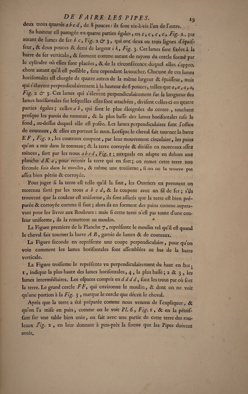 *9 deux trous quartes ah c d, de 8 pouces : ils font vis-à-vis iun de l’autre. Sa hauteur eft partagée en quatre parties égales, en c, c , c, c, Fig. 2 , par autant de lames de fer i c, Fig. 2 © 3 > qui ont deux ou trois lignes d’épaif- four j Sc deux pouces Sc demi de largeur 1 Fig. Ces lames font fixées à la barre de fer verticale, & forment comme autant de rayons du cercle formé par le cylindre où elles font placées, & de la circonférence duquel elles s’appro. client autant qu il eft poftible, fans cependant la toucher. Chacune de ces lames horifontales eft chargée de quatre autres de la même largeur & épaiifeur, mais qui s’élèvent perpendiculairement à la hauteur de 6 pouces, telles qu ea,a,a,a} Fig. 2 ér 3. Ces lames qui selevent perpendiculairement fur la longueur des lames horifontales fur lefquelles elles font attachées , divifent celles-ci en quatre parties égalés ; celles a b, qui font le plus éloignées du centre , touchent prefque les parois du tonneau, & la plus baffe des lames horifontales rafe le fond, au-deflus duquel elle eft pofée. Les lames perpendiculaires font l’office de couteaux, & elles en portent le nom. Lorfque le cheval fait tourner la barre E F y Fig. 2 y les couteaux coupent, par leur mouvement circulaire, les pains qu on a mis dans le tonneau ; Sc la terre corroyée & divifée en morceaux affez minces y fort par les trous a b c d, Fig. i ; auxquels on adapte en dehors une planche d K a y pour retenir la terre qui en fort ; on remet cette terre une fécondé fois dans le moulin, Sc même une troilieme , fi on ne la trouve pas affez bien pétrie Sc corroyée. Pour juger fi la terre eft telle quil la faut, les Ouvriers en prennent un morceau forti par les trous a b c dy Sc le coupent avec un fil de fer ; s’ils trouvent que la couleur eft uniforme, ils font affinés que la terre eft bien pré¬ parée Sc corroyée comme il faut ; alors ils en forment des pains comme aupara¬ vant pour les livrer aux Rouleurs : mais fi cette terre n’eft pas toute d’une cou¬ leur uniforme, ils la remettent au moulin. La Figure première de la Planche 7, repréfente le moulin tel qu’il eft quand le cheval fait tourner la barre A B , garnie de lames Sc de couteaux. La Figure fécondé en repréfente une coupe perpendiculaire, pour qu’on voie comment les lames horifontales font aflemblées au bas de la barre verticale. La Figure troifieme le repréfente vu perpendiculairement du haut en bas. 1, indique la plus haute des lames horifontales y 4 , la plus baffe ; 2 & 3 5 les lames intermédiaires. Les efpaces compris en d d d d y font les trous par où fort la terre. Le grand cercle FF y qui environne le moulin, Sc dont on ne voit qu’une portion à la Fig. 3 , marque le cercle que décrit le cheval. Après que la terre a été préparée comme nous venons de l’expliquer, Sc qu’on l’a mife en pain, comme on le voit PL 6, Fig. 1 , Sc en la pétrif¬ iant fur une table bien unie, on fait avec une partie de cette terre des rou¬ leaux Fig. 2 , en leur donnant à peu-près la forme que les Pipes doivent avoir.