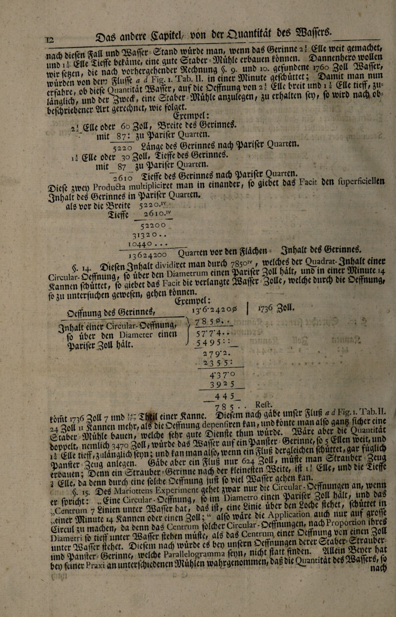 , . fr.-,« utlb'Baffer•-©taub würbe man, wenn baff©erinne 21 @ße weit gemadjet, »nf Itte Wc ettme, eine gute Stabet - $iü«e erbauen tonnen, ©annenbero wotten unoi4 vwhcraehenber SKecbntma <$. q. unb io. gefunbene 1760 gell ^öafle^ W* Änbemtt Minute gefettet; ©amit man nun ®“:^®JhhiefeoLncitätBaffer, aufbie Oeffnung«on2; Sttc breitunb 11 @(letieff, jw tdnÄ Jnb ber^gwerf, eine Staber'ffSKübleanjulegen, 511 ersten fet), fo wirb na* ob* betriebener «rt gerechnet, wie frfg ; 2i (f([e ober 60 30a, «reite beff ©erinneff. mit 87: 51t ^Jarifer Quarten. 7^7 Sänge M ©erinnco na* <parifer Quarten. d ®ffe ober 30 Soll, Sieffe be$ ©erinneff. mit 87 ju «parifer Quarten. “,6,0 xieffe beff ©erinneS na* «parifer Quarten. ®iefe ;wen Produda mukiplidret man in einanber, fo giebet ba* Faett ben fuperficellen 3nf)alt bes ©erirtneO in «parifer Quarten, als »or bie «reite 522°-IV' Sicffe _j6lo-‘l 52200 3132 ° * • —Quarten vor ben glä*en -- 3>>balt betf ©erinne«. s i.i ©iefen Inhalt dividiret man bunt 7850'< weites) ber Quadrat- 3nbglt einer r- -,J; rvffnm fl ftüber ben Diametrum einen pacifer 30U halt, unb m einer Minute 14 Äannen f*ffi!9fo fiebern* Fadt bie «erlangte »r=3oUe, weite bur* b,e Oeffnung, fo 511 unterfueben gewefen, geben tbnnen^^ Oeffnung bei ©erinnert __ \ 7 8 5^«*. 5 7* 7*4** 5 4 9 5 •• • 1736 gott. Inhalt einer Circular- Oeffnung? fo über ben Diameter einen *parifer Sott ftült* 2 7 9*2. 23 5 5: 4*3 7*° 3 9 2 5 _4 4 5__ y g 5 . . Reft. agagaMiSgS S5Ä““ÄS8SSt i (ille, ba benn bur* eine foftbe Oeffnung juff fo »iel 'ICafft geben t1'1!: & IS ©eg Mariottehs Experiment gebet jwar nur bie Cir2U,a!:Pcftn„lMc a' sISÄÄÄtVSÄ Diametri fo tieff unter 'Baffer ffeben muffe, als unter Baffer ffebet. ©iefeitt na* würbe eo bei) unfern Oejfnungen berer ©[{>»«' , unb hantier Gerinne# welche Parallelogramma ntdjt (liut ftnben. <luein ^ei) 0 bei) feiner Praxi an unterfebiebenen QJiüf)len wabrgenommen, baff bte Quantität beb® ff ^ t