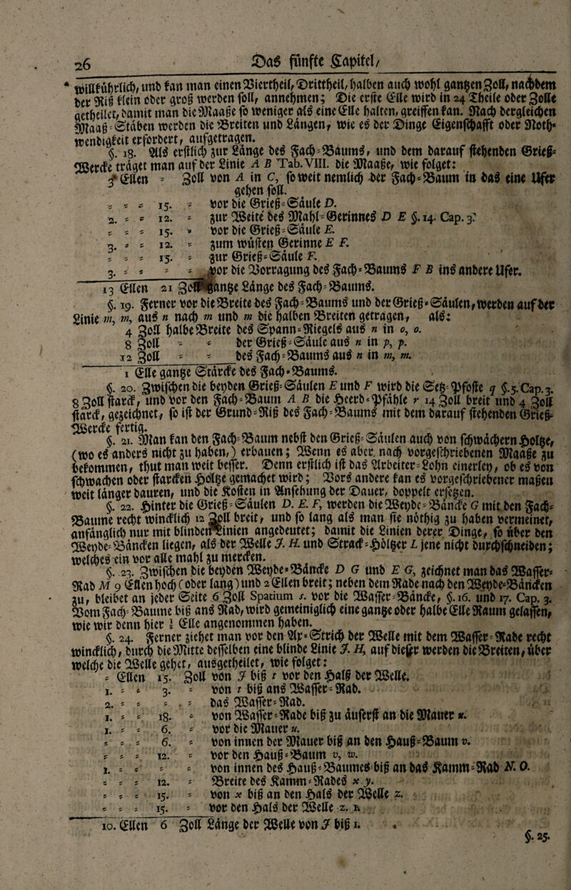 * Wißführlich/ unb f an man einen«iertheil,©rittheil,falben auch wohl gangen 3oß,na<ibem Ut $iß flein ober groß werben foUf annehmen; ©ie erfre @ße wirb in 24 Xheile ober Solle actftcilct> bamit man bie SRaaßt fo weniger cdß eine @ße galten, greifen f an. 9lach begleichen Bflaaß'Staben werben bie «reiten nnb Sangen, wie e£ ber ©inge @igenfchajft ober Sttotfc wenbigteiterforbert, aufgetragen. <5.13. erfind) sur Sange be3 gacb«aum$r unb bem barauf ffebcnben ©riefc Sffierde traget man auf ber Sinie a b Tab.VHi. bie 9Dlaaße, wie folget: q* <£ßen ’ Soß von a in c, fo weit neralich *er gacb‘«aum in ba$ eine Ufer , geben feil. ,5 « * 15. s vor bie ®rieß*0duleD. 2. * e 12. « gur 'SBeite be$ SDtabls©erinne£ D E §. 14. Cap. 3? * 5 = 15. * vor bie ©rieß^duleF. g. * * 12. * §um witßcn ©erinne f F P s 5 15. * gttr @rie§e0dule f. - * * * * tporbie«orragungbe$gacb‘«aum$ f b in$ nnberc Ufer. 13 C£*Ucn 21 SelT^ange Sange be$ gad); «auml §. 19. gerner vor bic«reitebedgach'«aum£ unb ber©rieß*0dufen,werben aufber Stnie in, m, au3 « nach m tmb m bie halben «reiten getragen, atö; 4 Soß halbe «reit* bespann* SKiegetö a«^ »in 8 Soll = ■« ber ©rie§' (Säule aud « in p, p. 12 Soli * - beg gadj;«aum$ au$ »in m, m. 'nargan§e0tdrcfebe^gacb*«amn^ . §. 20. gwifcben bie bepben ©rieg^dulen f unb f wirb bie ^e§^)fofie q 5.5. Cap. 3. sSoßfarcf, unb vor ben gacb*®aum a b bie^cerb^fdble r 14 Soll breit nnb 4 Soll flaref f geseichnet, fo ifi ber 0vunb«9tiß be£ gach;«aum£ mit bem barauf fiebenben ©riefc ^Öercfe fertig. §. 21. $tantanbengacb'«aumnebfl ben©rieg^Saulen auch von fdjwdchern|>olge, (wo efanber* nicbt 51t haben,) erbauen; <Benn eß aber, nach vorgefebriebenen fXRaaße 311 befommen, tbut man weit befer. ©enn erßlich tfl bad Slrbeiter^Sobn einerlei), ob tß von fcbwacben ober fbarefen £olge gemacbet wirb; «ord anbere tan tß vorgegebener maßen weit langer bauren, nnb bie Sofien in $nfefmng ber ©auer, hoppelt erfegen. §. 22. hinter bie ©rießPaulen d. e. f, werben bie3Bet)bC'«dnde g mit ben gach* «attme recht wtncflidj 12 Soß breit, unb fo lang aiß man fte notbig j$u haben vermeinet, anfänglich nur mit blinbetranien angebeutet; bamit bie Sinien berer ©inge, fo «ber ben 38ei)be''«dncten liegen, alß ber 2Beße 2. h. unb 0tracf=£blger l jene nicht burc&fcbnei&en; welkes ein vor äße mahl su merefen. §. 23. Swif^enbiebepben^ßet)be*«ancfe D g unb e g, jeicfjnet man ba^ 2Baffer= Stab m 9 ^ßen hoch (ober lang) unb 2 ©Uen breit; neben bem 9tabe nach ben 2Sepbe-«driden iti, bleibet an jeber 0eite 6 Soß Spatium /. vor bie 2BatTer^«dncfe, 5.16. nnb 17. Cap. 3. «omgad) «aume biß an^ 9iab,wirb gemeiniglich eine gange ober halbe ©ße9taum gelaffen, wie wir benn hier l &c angenommen haben. §. 24. gerner ziehet man vor ben 5lp*@trich ber ^Beße mit bem !Baffer=9tabe recht wincflich, burch bie Dritte beflelben eine blinbe Sinie 2. Hy auf biejjpr werben bie «reiten, über welche bie aBeße gehet, auOgetheilet, wie folget: , dßen 15. Soß von 2 hiß t vor ben $alß berSBeße, 1. * t 3. * von t biß an^ ^Baffer - 9lab* 2. * e * . = ba^ Raffer* 9tab. 1. s *; 18. von^Bafler^abebißsuduferfl anbieSItauer*. 1. s * 6, e vor bie Stauer u. * 1 2 ■: . s ■ * * 6. - von innen ber flauer biß an ben $auß=«aum^ ? s * 12. <= vor ben $auß i«aum n;. 1. s « = von innen be$ $auß^«aumeti biß an ba$ Samm j5Rab & 0. s 55 12. * «reite bed ^amm^abed x > 5 5 s 15. * von x biß an ben £al$ ber äBeße 2. 5 5 5 15. * vor ben |)ald ber ^Seße z.  10. ^ßerr^~3ölTSdnge ber SCBeße von 2 hiß 1. • ' - • §.25.