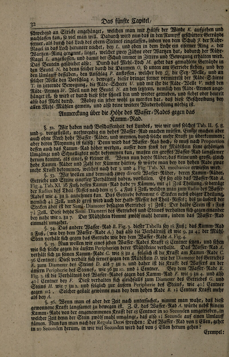 3* -■ _. tihwebenb an ©trieft angehänget, weiten man mit ftfoffe bet SSketotK. aufjiehen unb 2lS “an, fo viel man witt. ©abur* wirb nunbaf in benStumpf «ef«uttete@etrÄ9b« ferner al« bur* ba« 2o* be« obern Steine« eingelaffen, inbemvon bem S*uff £ berStuhr* «Siiifi in ba«£ßcbhenmter reichet, ben l. unbeben in bem £o*eem eiferner Sting «..ber Sen »Sting genannt, lieget? welcher jwep gähne ober Garßen hat, babur* her Stuhr» B l. «ngefteffen, unb bamit ber Schuh immer in Sittern unb Bewegung erhalten wirb. ©a!®euteln gediehet alfo: ©urch ba« <Dtehl«So* m. gehet bas gemahlene ©etrapbe in ben bei tel Abba benn folcher butch bie ©aurnen 0, fo unten am (Betriebe (leben, unb bep ben Umlauff beffelben, ben2lnf*lag p. «nfleffen, wel*erbep Q, bte Se?=®eOe, unb an folWer ®ehe ben QSorf*lag r. beweget, biefer bringet ferner »ermitteln ber 3tabe=S*tene t in littetnbc Bewegung, bie Stäbe»S*eere u. tmb mit *r bie Stabe »(BeBev. nebflben Stäbe» Sinnen JT. (Beil nun ber SSeutel n. an ben (extern, nemli* ben9tabe»2lrrnenange» bänaet itl. fo wirb er bur* biefefehr fchnett hin unb wieber getrieben, unb ftebet ober beutelt ÄfVeWburch 2Bobep ein jeber wohl *u merefen hat, baß bUfe <8ef*reibung bep aBen BJehl »Stühlen gemein, unb alfo reine weitere (Bieberbehlung nothtg tfl. SlnraercEung über hie J£>ot>e beö SBafftr < 3iai>e$ gegen fcaö s. 52. ®ir haben nach »efchaffenheit bc« Sanbe«, wie wirun« fol*e« Tab. II. §; 8. unb g. »orgefleBet, nothwenbig ein hohe« (Baffer=9tab machen rnufen. Gmigc; machen aber auch ohne Stoth hohe (Baffer »Stöber, unb mepnen,burchfolche mehr«rafftju uberfommen; aber beren SOtepnung ifl falf*: ©enn wirb ba« Baffer» Stab ho*,/? muß na* Proportion befen auch ha« Stamm »Stab höher werben, aufer bem fonft ber j»tu*l)lein feine gehbrtgen Umaänge unb S*ncBigfeit nicht befommen fan, maßen em^toffe« Baffer» Stab langfamer herum femmt, a(« eine«, fo «einer ifl. Benn nun bepbe Staber, ba« «eine unb groffe, gleich hohe «amm» Stöber unb Sahl ber «ämme hätten, fo würbe man bep ben hohen «Rabe jwat mehr «rafft befommen, welche« na* ber 3- unb 4- Fig. Tab. XI. mechamce erwiefen wjrb. « 53 Bit wollen un« bemna* *wei) diverfe Baffer» Staber, beten «amm»Staber, (Betriebe unb Steine einetlep (öetbältniß haben, »otfrellen. G« fep alfo ba« ®affer»5tab A Fio- 4 Tab.XI. 16 Sufi,beffen«amm»Stab habe 72 «amme, mit 4-i 3offShei(ung,fo betragt ber Radius be« Shell »Stiffe« na* bem 15 §• 4 gu§ I Soll, wel*en man jum Radio besBaffet» Stabe« wie 4. su 8- annehmen fan. ©a« ©etriebe befommt 6 Steifen nebil obiger Xheiltmg, nemli* 4 3cB,uS fo groß wirb au* ber©alb»S)teffer be«Ibei(.3tifle«; biß 5uä..fer(l ber (Stegen cibet ifl bei? Semi-Diameter bcfdcjtcn (Betriebet 5* 3^^* b^ibc (Stern ifl 1 $ujj Ti ciofl ©iefe bepbe Semi-Diametri be« ©etriebe« unb Steine« »erhalten ft* gegeneinanber bepliah’e wie 2.5117. ©er «ütühlflein fbmmt jwblf mahl herum, inbem ba« Baffer»3tab emmabl utn9*d. anbm Gaffer »Stab B. Fig. 3. biefer Tabella fep 18 guß; ba« «amm» Stab r Suß, (wie bep bem Baffer »Stabe a.) baß alfo bie SSetböltnig ifl wie 9.5« 4; ber «Diüfjl» Stein »erhält ft* gegen ba« ©etriebe wie bep bem Baffer»Stabe a Fig.4. $ 5? Stun wollen wir eine« (eben Baffer»9?abe«.«rafft 18 Sentner fegen, tmbfehen wie fi* folche «egen bie äufern Peripherien berer ®üf)(ftcinc »erhalte. ®a« Baffer» Stab a. »erhält ft* ui feinen «amm »Stabe c. wie 8 ?u 4 folgli* ift bie «rafft am «amm»Stabe c. 36 Sentner: ©iefe »erhält ft* ferner gegen ben «Btuhlflein D. wie ber Diameter be« ©etriebe« 1. Min Diameter be« Stein« d. al« 7 5U 2. unb baher ifl bie «rafft be« «Baffer« an ber änfern Peripherie be« Steine«, wie 36 ju 10. unb I ßentner. fSep bem (Baffer»Stabe B. Fi<r. 3. ift bie (öerhältniß be« (Baffer»Stabe« gegen ba« «amnt»Stab f. wie 9 5114. unb alfo 40 ■ (jentner bep F. ©iefe »erhalten ft* glei*faB« jum Diameter be« ©etriebe« G. unb Stein« H. wie 7 5112. unb folgli* jur äufern Peripherie be« Stein«, wie 40t Gentner gegen nj. Sol*er geflalt gewönne man bep bem hohen Stabe b. i| Gentner «rafft mehr al« bep A man cg aber ber Seit na* unterfu*et, nimmt man wahr, baß biefe gewonnene «rafft langfamer 511 bewegen ifl. 3. ©. ba« (Baffer»9tab A. würbe nebfl feinem «amtn»Stabe »on ber angenommenen «rafft ber 18 Geittner in 20 Secunden umgetrieben, in wel*er 3eit benn ber Stein jwölf mahl Umgänge, baß alfo u Secunde auf einen Umlauff färnen. Stun fan man na* ber Regula Detw fpre*en: ©a« (Baffer < Stab »on 8 GBen, gehet in 20 Secunden herum, in wie viel Secunden wirb ba« »on $ ©Ben herum gehen? Qjempci: