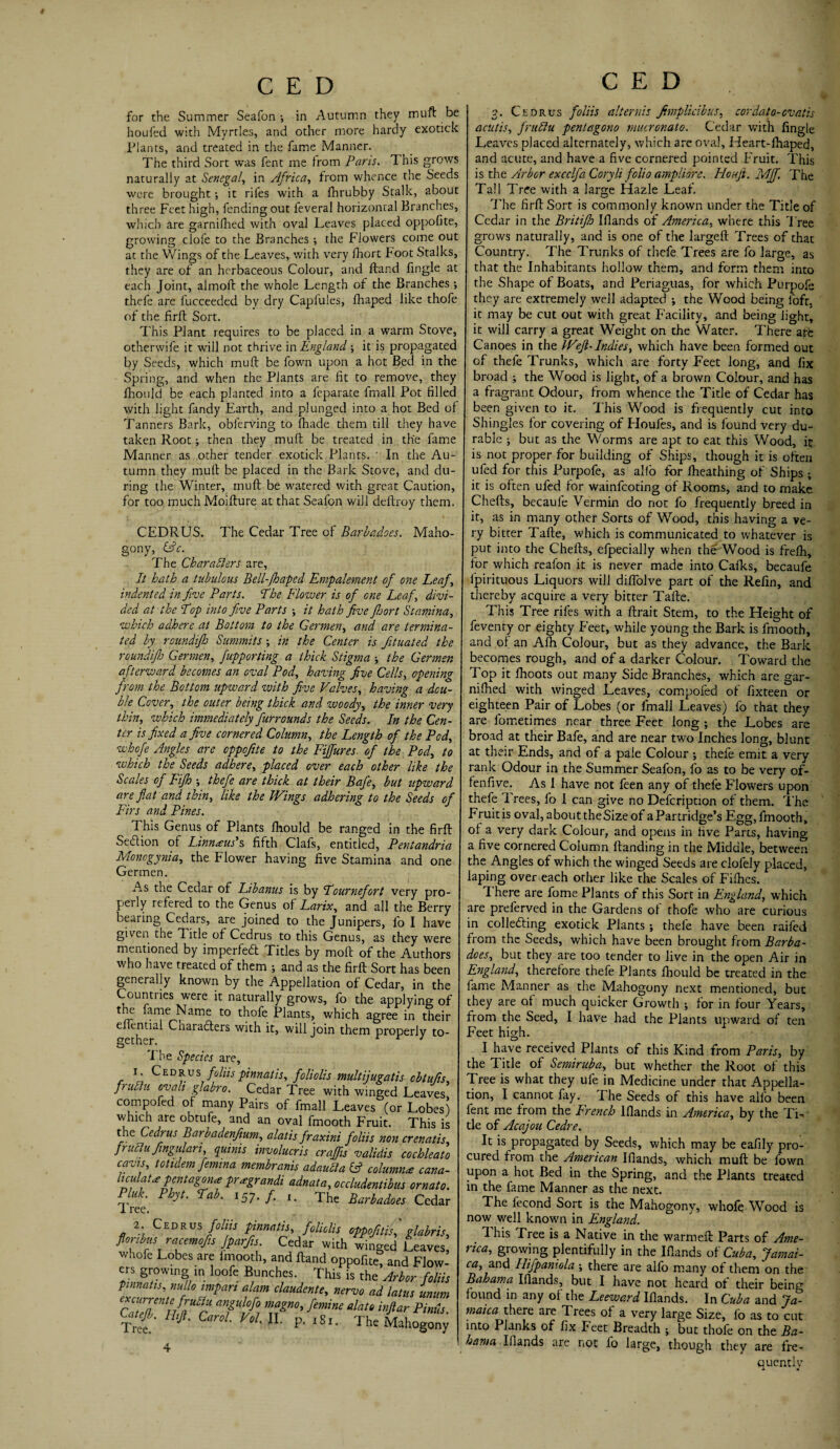 for the Summer Seafon •, in Autumn they muft be houfed with Myrtles, and other more hardy exotick Plants, and treated in the fame Manner. The third Sort was fent me from Paris. This grows naturally at Senegal, in Africa, from whence the Seeds were brought; it riles with a fhrubby Stalk, about three Feet high, fending out feveral horizontal Branches, which are garnilhed with oval Leaves placed oppofite, growing clofe to the Branches ; the Flowers come out at the Wings of the Leaves, with very fhort Foot Stalks, they are of an herbaceous Colour, and ftand fingle at each Joint, almoll the whole Length of the Branches •, thefe are lucceeded by dry Capfules, fhaped like thofe of the firft: Sort. This Plant requires to be placed in a warm Stove, otherwife it will not thrive in England ; it is propagated by Seeds, which muft be fown upon a hot Bed in the Spring, and when the Plants are lit to remove, they fhould be each planted into a feparate fmall Pot filled with light fandy Earth, and plunged into a hot Bed of Tanners Bark, oblerving to fhade them till they have taken Root; then they muft be treated in the fame Manner as other tender exotick Plants. ' In the Au¬ tumn they muft be placed in the Bark Stove, and du¬ ring the Winter, muft be watered with great Caution, for too much Moifture at that Seafon will deftroy them. CEDRUS. The Cedar Tree of Barbadoes. Maho- gony, (Pc. The Charablers are, It hath a tubulous Bell-fhaped Empalement of one Leaf , indented in five Parts. The Flower is of one Leaf, divi¬ ded at the Lop into five Parts ; it hath five fhort Stamina, which adhere at Bottom to the Germen, and are termina¬ ted by. roundifh Summits \ in the Center is fituated the roundijh Germen, fupporting a thick Stigma •, the Germen afterward becomes an oval Pod, having five Cells, opening from the Bottom upward with five Valves, having a dou¬ ble Cover, the outer being thick and woody, the inner very thin, which immediately furrounds the Seeds. In the Cen¬ ter is fixed a five cornered Column, the Length of the Pod, whofe Angles are oppofite to the Fijfures of the Pod, to which the Seeds adhere, placed over each other like the Scales of Fijh -, thefe are thick at their Bafe, but upward are flat and thin, like the Wings adhering to the Seeds of Firs and Pines. This Genus of Plants Ihould be ranged in the firft SeCtion of Linn*us’s fifth Clafs, entitled, Pentandria Monogynia, the Flower having five Stamina and one Germen. As the Cedar of Libanus is by Lournefort very pro- Pei ly refered to the Genus of Larix, and all the Berry bearing Cedars, are joined to the Junipers, fo I have given the Title of Cedrus to this Genus, as they were mentioned by imperfed Titles by moft of the Authors who have treated of them ; and as the firft Sort has been generally known by the Appellation of Cedar, in the Countiies were it naturally grows, fo the applying of the fame Name to thofe Plants, which agree in their efiential Cnaraders with it, will join them properly to¬ gether. r r j I he Species are. i. Cedrus foliispinnatis, foliolis multijugatis cbtu, frubhi ovali glabro. Cedar Tree with winged Leavi compofed of many Pairs of fmall Leaves (or Lobi which are obtufe, and an oval fmooth Fruit. This the Cedrus Barbadenfium, alatis fraxini foliis non crenat fruciu. fingulari, quinis involucris craffis validis cochlei cavis, totidem femina membranis adaucla (P column* cat Ucmat* pentagon* pr*grandi adnata, occludentibus orna PM. Pbyt. Tab. 157./. The Barbadoes Ccc 1 ree. 2. Cedrus foliis pinnatis, foliolis oppofitis, glabr foribus racemofis Jparfis. Cedar with winged Leavi whofe Lobes are irnooth, and ftand oppofite, and Flo' ers growing in loofe Bunches. This is the Arbor foi pinnatis, nullo impan alam claudente, nervo ad latus uni cxciirrentc frubhi angulofo magno, femine alato inftar Pm Htjl. Carol. Vol. II. p. l8l. The 3. Cedrus foliis alternis fimplicibus, cordato-cvatis acutis, frubiu pentagono mucronato. Cedar with fingle Leaves placed alternately, which are oval, Heart-fhaped, and acute, and have a five cornered pointed Fruit. This is the Arbor excclfa Coryli folio ampliore. Houft. MJf. The Tall Tree with a large Hazle Leaf. The firft Sort is commonly known under the Title of Cedar in the Britifio Ifiands of America, where this Tree grows naturally, and is one of the largeft Trees of that Country. The Trunks of thefe Trees are fo large, as that the Inhabitants hollow them, and form them into the Shape of Boats, and Periaguas, for which Purpofe they are extremely well adapted •, the Wood being loft, it may be cut out with great Facility, and being light, it will carry a great Weight on the Water. There are Canoes in the Weft- Indies, which have been formed out of thefe Trunks, which are forty Feet long, and fix broad ; the Wood is light, of a brown Colour, and has a fragrant Odour, from whence the Title of Cedar has been given to it. This Wood is frequently cut into Shingles for covering of Houfes, and is found very du¬ rable ; but as the Worms are apt to eat this Wood, it is not proper for building of Ships, though it is often ufed for this Purpofe, as alio for fheathing of Ships ; it is often ufed lor wainfeoting of Rooms, and to make Chefts, becaule Vermin do not fo frequently breed in it, as in many other Sorts of Wood, this having a ve¬ ry bitter Tafte, which is communicated to whatever is put into the Chefts, efpecially when the Wood is frelh, for which reafon it is never made into Calks, becaufe lpirituous Liquors will diflolve part of the Refin, and thereby acquire a very bitter Tafte. This Tree riles with a ftrait Stem, to the Height of feventy or eighty Feet, while young the Bark is fmooth, and ol an Afh Colour, but as they advance, the Bark becomes rough, and of a darker Colour. Toward the Top it Ihoots out many Side Branches, which are gar¬ nilhed with winged Leaves, compofed of fixteen or eighteen Pair of Lobes (or fmall Leaves) fo that they are fometimes near three Feet long ; the Lobes are broad at their Bafe, and are near two Inches long, blunt at their Ends, and of a pale Colour ; thefe emit a very rank Odour in the Summer Seafon, fo as to be very of- lenfive. As 1 have not feen any of thefe Flowers upon thefe Trees, fo I can give no Defcription of them. The Fruitis oval, about theSize of a Partridge’s Egg, fmooth, of a very dark Colour, and opens in five Parts, having a five cornered Column Handing in the Middle, between the Angles of which the winged Seeds are clolely placed, laping overteach other like the Scales of Fifties. There are fome Plants of this Sort in England, which are preferved in the Gardens of thofe who are curious in collecting exotick Plants; thele have been raifed from the Seeds, which have been brought from Barba¬ does, but they are too tender to live in the open Air in England, therefore thefe Plants fhould be treated in the fame Manner as the Mahogony next mentioned, but they are of much quicker Growth ; for in four Years, from the Seed, I have had the Plants upward of ten Feet high. I have received Plants of this Kind from Paris, by the Title of Semiruba, but whether the Root of this Tree is what they ufe in Medicine under that Appella¬ tion, I cannot fay. The Seeds of this have all'o been fent me from the French lflands in America, by the Ti¬ tle of Acajou Cedre. It is propagated by Seeds, which may be eafily pro¬ cured from the American Ifiands, which muft be fown upon a hot Bed in the Spring, and the Plants treated in the fame Manner as the next. The fecond Sort is the Mahogony, whole Wood is now well known in England. This Tree is a Native in the warmeft Parts of Ame¬ rica, growing plentifully in the Ifiands of Cuba, Jamai¬ ca, and Hifpaniola \ there are alfo many of them on the Bahama Ifiands, but I have not heard of their being found in any of the Leeward Ifiands. In Cuba and Ja¬ maica there are Trees ol a very large Size, fo as to cut into Planks of fix Beet Breadth j but thole on the Ba¬ hama Ifiands are not fo large, though they are fre¬ quently