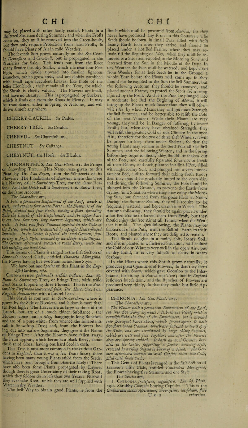 may be placed with other hardy exotick Plants in a Iheltered Situation during Summer; and when the Frofts come on, they mull be removed into the Green-houfe, but they only require Protection from hard Frofts, fo Ihould have Plenty of Air in mild Weather. The feventh Sort grows naturally on the Sea Coaft in Bevcnfhire and Cornwall, but is propagated in the Nurferies for Sale. This fends out from the Root many flender Ihrubby Stalks, which rife near four Feet high, which divide upward into fmaller ligneous Branches, which grow ereft, and are clofely garnifhed with fmall taper fucculent Leaves, like thofe of the lefler Houfeleek ; thefe remain all the Year, for which the Shrub is chiefly valued. The Flowers are fmall, and have no Beauty. This is propagated by Suckers, which it fends out from the Roots in Plenty. It may be tranfplanted either in Spring or Autumn, and will thrive almoft any where. CHERRY-LAUREL. See Padus. CHERRY-TREE. See Cerafus. CHERVIL. See Chsrefolium. CHESTNUT. See Caftanea. CHESTNUT, theHorfe. S^Efculus. CHIONANTHUS, Lin. Gen. Plant. 21. the Fringe or Snowdrop Tree. This Name was given to this Plant by Dr. Van Royen, from the Whitenefs of its Flowers: The Inhabitants of America, where this Tree is a Native, call it Snowdrop Tree, for the fame Rea- fon: And the Butch call it Sneebaum, i. e. Snow Tree, on the fame Account. The Characters are, It hath a ■permanent Empalement of one Leaf which is trebl, and cut into four acute Parts ; the Flower is of one Petal, divided into four Parts, having a fhort fpreading Lube the Length of the Empalement, and the upper Part is cut into four very long narrow Segments, which are erebt. It hath two fhort Stamina infer ted in the Lube of the Petal, which are terminated by upright Heart-fhaped Summits. In the Center is placed the oval Germen, fup- porting a fingle Style, crowned by an obtufe trifid Stigma. Lhe Germen afterward becomes a round Berry, with one Cell inclofing one hard Seed. This Genus of Plants is ranged in the firft Section of Linnaeus’s fecond Clals, entitled Diandria Monogynia, the Flower having but two Stamina and one Style. We have but one Species of this Plant in the Eng- lifh Gardens, viz. Chionanthus pedunculis Irifidis trifloris. Lin. Sp. Plant. 8. Snowdrop Tree, or Fringe Tree, with trifid Foot Stalks fupporting three Flowers. This is thtAme- lanchier Virginiana laurocerafi folio. Pet. Hort. Sicc. 241. Virginia Amelanchier with a Laurel Leaf. This Shrub is common in South Carolina, where it grows by the Side of Rivulets, and feldom is more than ten Feet high : The Leaves are as large as thofe of the Laurel, but are of a much thiner Subftance; the Flowers come out in May, hanging in long Bunches, and are of a pure white, from whence the Inhabitants call it Snowdrop Tree; and, from the Flowers be¬ ing cut into narrow Segments, they give it the Name of Fringe Tree: After the Flowers have fallen away, the Fruit appears, which becomes a black Berry, about the Size of Sloes, having one hard Seed in each. This Tree is now more common in the curious Gar¬ dens in England, than it was a few Years fince ; there having been many young Plants raifed from the Seeds, which have been brought from America lately : There have alfo been fome Plants propagated by Layers, though there is great Uncertainty of their taking Root, which they feldom do in lefs than two Years : Nor will they ever take Root, unlefs they are well fupplied with Water in dry Weather. The belt Way to obtain good Plants, is from the Seeds which muft be procured from America, for they never have produced any Fruit in this Country : The Seeds Ihould be fown in fmall Pots filled with frefh loamy Earth foon after they arrive, and Ihould be placed under a hot Bed Frame, where they may re¬ main till the Begining of May, when they muft be re¬ moved to a Situation expofed to the Morning Sun, and fereened from the Bun in the Middle of the Day : In dry Weather the Pots muft be watered, and kept dead from Weeds; for as thefe Seeds lie in the Ground a whole Year before the Plants will come up, fo thev Ihould not be expofed to the Sun the firft Summer, but the following Autumn they Ihould be removed, and placed under a Frame, to proted the Seeds from being injured by the Froft. And if the Pots are plunged into a moderate hot Bed the Begining of March, it will bring up the Plants much fooner than they will other- wife rife; by which Means they will get more Strength the firft Summer, and be better able to refill the Cold of the next Winter: While thefe Plants are very young, they will be in Danger of fuffering by fevere Froft ; but, when they have obtained Strength, they will refill the greateil Cold of our Climate in the open Air; therefore for the two or three firft Winters, it will be proper to keep them under Shelter ; fo that the young Plants may remain in the Seed Pots all the firft Summer, and the following Winter; and in the Spring before they begin to fhoot, they Ihould be Ihaken out of the Pots, and carefully feparated fo as not to break off their Roots, and each planted in a fmall Pot, filled with light loamy Soil, and plunged into a very mode¬ rate hot Bed, juft to forward their taking frefh Root;- then they Ihould be gradually inured to the open Air, and during the following Summer, the Pots Ihould be plunged into the Ground, to prevent the Earth from drying, in a Situation where they may enjoy the Morn¬ ing Sun, but fereened from the great Heat at Noon. During the Summer Seafon, they will require to be frequently watered, and kept clean from Weeds. The Autumn following, they Ihould be again placed under a hot Bed Frame to fereen them from Froft, but they Ihould enjoy the free Air at all Times, when the Wea-i ,'ther is mild. The April following, the Plants may be Ihaken out of the Pots, with the Ball of Earth to their Roots, and planted where they are defigned to remain. This Shrub delights in a moift, foft, loamy Soil, and if it is planted in a Iheltered Situation, will endure the Cold of our Winters very well in the open Air; but in dry Land, it is very fubjebt to decay in warm Seafons. In the Places where this Shrub grows naturally, it produces great Quantities of Flowers, fo that thev feem covered with Snow, which gave Occafion to theftnha- bitants for titling it Snowdrop Tree; but in England it flowers but feldom, and the Bunches of Flowers are produced very thinly, fo that they make but little Ap¬ pearance. CHIRONIA. Lin. Gen. Plant. 227. The Characters are, Lhe Flower hath a permanent Empalement of one Leaf, cut into five oblong Segments : It.hath one Petal, voith a roundifh Lube the Size. of the Empalement, but is divided into five equal Parts above, which fpread open : It hath five Jhort broad Stamina, which are faftened to the Lop of the Lube, and are terminated by large oblong Summits, which are erebt and join together, and after the Flowers drop are fpirally twijled. It hath an oval Germen, Jitu- ated in the Center, fupporting a flender declining Style, crowned by a rifeng Stigma in Form of a Plead. Lhe Ger¬ men afterward becomes an oval Capfule with two Cells, filled with fmall Seeds. This Genus of Plants is ranged in the firft Section of Linnaeus’s fifth Clals, entitled Pentandria Monogynia, the Flower having five Stamina and one Style. The Species are, 1. Chironia frutefeens, capfulifera. Lin. Sp. Plant. 190. Shrubby Chironia bearing Capfules. This is the Centaurium minus Africanum, arborefeens, latifclium, fiore U u u rub err mo.
