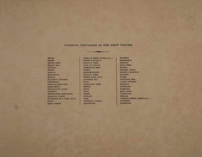 ZEBRA. SHARK BETEL TREE GREAT BOA TURTLE EGRET ALPACA MANGROVE WHALE BASALTIC COLUMNS CROCODILE GREAT-EARED OWL HART-BEEST FAN-LEAVED PALM OSTRICH ROSTRATED CH/ETODON ARABIAN CAMEL INTERIOR OF A SALT MINE GNOO KING FISHER AFRICAN BIRDS’ NESTS—Pl. 1. PAPER NAUTILUS BANYAN TREE CAVE OF FINGAL ETHIOPIAN HOG STORK HIPPOPOTAMUS BANANA TREE WHITE ANTS’ NEST LANTERN FLY BULL COCOA-NUT TREE HERON BEAR ALOE SOLEN PALLAH LION NUMIDIAN CRANE CENTIPEDE PAPYRUS CHAMELION PELICAN DATE TREE HYAENA GOLDEN EAGLE GIANT’S CAUSEWAY BAMBOO TYGER EGYPTIAN IBIS CAMEL CRICKET PENGUIN ELEPHANT GOSHAWK REIN DEER CASSOWARY PHOLAS AFRICAN BIRDS’ NESTS—Pl. 2 SCORPION COCKATOO
