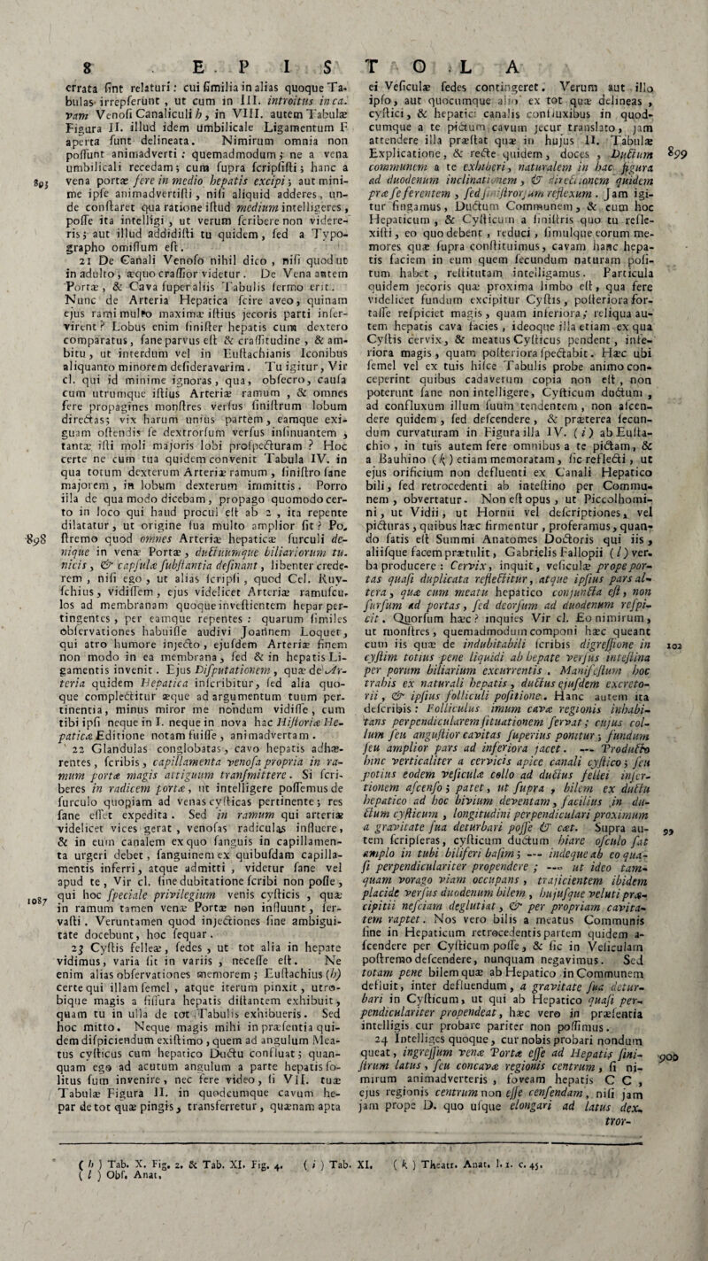 errata fine relaturi.* cui familia in alias quoque Ta¬ bulas irrepferunt , ut cum in III. introitus inca. vam Venofi Canaliculi b, in VIII. autem Tabulas Figura II. illud idem umbilicale Ligamentum F aperta funt delineata. Nimirum omnia non poliunt animadverti: quemadmodum ; ne a vena umbilicali recedam; cura fupra fcripfifli; hanc a vena portas fere in medio hepatis excipi; aut mini¬ me ipfe animadv&rtilli, nili aliquid adderes, un¬ de conflaret q-ua ratione illud medium intelligeres , pofTe ita intelligi , ut verum feriberenon videre¬ ris; aut illud addidilti tu quidem, fed a Typo- grapho omiflum eft. 21 De Ganali Venofo nihil dico, nifi quod ut in adulto, squo craflior videtur . De Vena antem Porra:, & Cava fuperaliis Tabulis lermo erit. Nunc de Arteria Hepatica fcire aveo, quinam ejus rami multo maxima: illius jecoris parti infer- virent ? Lobus enim linifler hepatis cuna dextero comparatus, fane parvus efl & crallitudine , & am¬ bitu , ut interdum vel in Fullachianis Iconibus aliquanto minorem defideraverim. Tu igitur, Vir cl. qui id minime ignoras, qua, obfecro, caufa cum utrumque illius Arteria: ramum , & omnes fere propagines monflres verfus finillrum lobum diredtas; vix harum unius partem, eamque exi¬ guam ollendis fe dextrorfum verfus infinuantem , tanta: illi moli majoris lobi prolpedluram ? Hoc certe ne cum tua quidem convenit Tabula IV. in qua totum dexterum Arteria: ramum , liniflro fane majorem , in lobum dexterum immittis. Porro iila de qua modo dicebam , propago quomodo cer¬ to in loco qui haud procul efl ab 2 , ita repente dilatatur, ut origine fua multo amplior fit? Po„ 8p8 flremo quod omnes Arteria: hepaticae furculi de¬ nique in venae Portae, dubiuumque tiliariorum tu. nicis , & capjulcC fubjtantia definant, libenter crede¬ rem , nifi ego , ut alias fcripfi , quod Cei. Ruv- fchius, vidillem , ejus videlicet Arteriae ramufeu- los ad membranam quoque inveflientem hepar per¬ tingentes , per eamque repentes : quarum fimiles obfervationes habuifle audivi Joarinem Loquet, qui atro humore injecto , ejufdem Arteris finem non modo in ea membrana, fed & in hepatis Li¬ gamentis invenit. Ejus Difputationem , qua2 de\Ar- teria quidem Hepatica inferibitur, fed alia quo¬ que comple&itur sque ad argumentum tuum per¬ tinentia, minus miror me nondum vidiffe , cum tibiipfi neque ini. neque in nova hs.c Hijtorite He¬ patica Editione notam fuifle, animadvertam. 22 Glandulas conglobatas, cavo hepatis adhae¬ rentes, feribis, capillamenta venofa propria in ra¬ mum porta magis attiguum tranfmittere. Si feri- beres in radicem porta, ut intelligere pollemus de furculo quopiam ad venas cylticas pertinente; res fane e flet expedita . Sed in ramum qui arteriae videlicet vices gerat, venofas radiculas influere, & in eum canalem ex quo fanguis in capillamen¬ ta urgeri debet, fanguinemex quibufdam capilla¬ mentis inferri, atque admitti , videtur fane vel apud te, Vir cl. line dubitatione feribi non pofle, 1087 *loc J{feciale privilegium venis cyfticis , quae in ramum tamen vena: Portae non influunt, fer- valli. Veruntamen quod injectiones fine ambigui¬ tate docebunt, hoc fequar . 23 Cyllis felleae, fedes, ut tot alia in hepate vidimus, varia fit in variis , necelfe ell. Ne enim alias obfervationes memorem; Tuflachius (b) certe qui illam femel , atque iterum pinxit, utro- bique magis a filfura hepatis diliantem exhibuit, quam tu in ulla de tot Tabulis exhibueris. Sed hoc mitto. Neque magis mihi in praefentia qui¬ dem difpiciendum exiftimo , quem ad angulum Mea¬ tus cyllicus cum hepatico Dudtu confluat; quan- quam ego ad acutum angulum a parte hepatis lo- litus fum invenire, nec fere video, (i VH. tua: Tabula: Figura II. in quodeumque cavum he¬ par de tot quae pingis, transferretur, quaenam apta ei Veficulae fedes contingeret. Verum aut illo ipfo, aut quocumque alio ex tot qua: delineas , cyflici, & hepatici canalis conhuxibus in quod¬ eumque a te pictum;cavum jecur translato, jam attendere illa praellat qua: in hujus II. Tabula* Explicatione, & redte quidem, doces , Dubium $99 communem a te exhiberi, naturalem in hac figura ad duodenum inclinationem, & directionem quidem prafe ferentem , fed fi nijlrorjum reflexum . Jam igi¬ tur fingamus, Dudtum Communem, & cum hoc Hepaticum , & Cyllicurn a hniltris quo tu refle¬ xi Ili, eo quo debent, reduci, fimulque eorum me¬ mores quae fupra conllituimus, cavam hanc hepa¬ tis faciem in eum quem fecundum naturam poli¬ tum habet, rellitutam intelligamus. Particula quidem jecoris qua: proxima limbo ell, qua fere videlicet fundum excipitur Cyftis, polteriora for- tafle refpiciet magis, quam inferiora,* reliqua au¬ tem hepatis cava facies, ideoque illa etiam ex qua Cyllis cervix, & meatus Cyllicus pendent, infe¬ riora magis, quam polteriora fpedabit. Haec ubi femel vel ex tuis hi ice Tabulis probe animo con¬ ceperint quibus cadaverum copia non ell , non poterunt fane non intelligere, Cyfticum dudtum , ad confluxum illum fuum tendentem , non afcen- dere quidem , fed defeendere , & pr^terea fecun¬ dum curvaturam in Figura illa IV. ( i) abEulta- chio , in tuis autem fere omnibus a te pidtam, & a Bauhino ( ^ ) etiam memoratam , fic refledti , ut ejus orificium non defluenti ex Canali Hepatico bili, fed retrocedenti ab intellino per Commu¬ nem, obvertatur- Non ell opus, ut Piccolhomi- ni, ut Vidii, ut Hornu vel deferiptiones, vel pidturas, quibus haec firmentur , proferamus, quan¬ do fatis ell Summi Anatomes Dodtoris qui iis , aliifque facem prstulit, Gabrielis Fallopii (/) ver¬ ba producere : Cervix, inquit, veliculs prope por¬ tas quafii duplicata reflebiitur, atque ip/ius pars al¬ tera , qua cum meatu hepatico conjunbla eft, non fur fum ad portas, fed deorfum ad duodenum refpi- cit. Quorfum haec? inquies Vir cl. £0 nimirum, ut rnonltres, quemadmodum componi haec queant cum iis qua: de indubitabili feribis digreffione in 102 cyftim totius pene liquidi ab hepate verjus inteftina per porum biliarium excurrentis . Manifcftum hoc trahis ex naturali hepatis, dubius ejufdem excreto¬ rii , & ipftus folliculi pofttione. Hanc autem ita deferibis : Folliculus imum cava regionis inhabi¬ tans perpendicularemfituationem fervat; cujus col¬ lum feu anguftiorcavitas fuperius ponitur-, fundum feu amplior pars ad inferiora jacet. — Trodubh hinc verticaliter a cervicis apice canali cyftico; feu potius eodem veftcula collo ad dubius fellei infer- tionern afcenfo; patet, ut fupra , bilem ex dubiu hepatico ad hoc bivium deventam, facilius jn du¬ bium cyfticum , longitudini perpendiculari proximum a gravitate fua deturbari poffe (J coit. Supra au- tem fcripleras, cyfticum dudtum hiare ofctilo fit amplo in tubi biliferi bafim; — indeque ab co qua- fi perpendiculariter propendere ; —o ut ideo tam¬ quam vorago viam occupans , trajicientem ibidem placide verfus duodenum bilem , hujufque velutiprae¬ cipitii nefeiarn deglutiat, & per propriam cavita¬ tem raptet. Nos vero bilis a meatus Communis fine in Hepaticum retrocedentis partem quidem a- fcendere per Cyfticum pofle, & fic in Velicularn poftreraodefeendere, nunquam negavimus. Sed totam pene bilem qua: ab Hepatico in Communem defluit, inter defluendum, a gravitate fua detur¬ bari in Cyllicurn, ut qui ab Hepatico quaft per¬ pendiculariter propendeat, hsec vero in praefentia intelligis cur probare pariter non poflimus. 24 Intelliges quoque, cur nobis probari nondum queat, ingreffum verne Torta effe ad Hepatis fini- p0t> ftntm latus, feu concava regionis centrum , fi ni¬ mirum animadverteris , foveam hepatis C C , ejus regionis centrum non effe cenfendam, nifi jam jam prope D. quo ufque elongari ad latus dex- tror- ( l ) Obf, Anat,